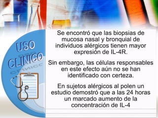 Se encontró que las biopsias de
mucosa nasal y bronquial de
individuos alérgicos tienen mayor
expresión de IL-4R.
Sin embargo, las células responsables
en este efecto aún no se han
identificado con certeza.
En sujetos alérgicos al polen un
estudio demostró que a las 24 horas
un marcado aumento de la
concentración de IL-4
 