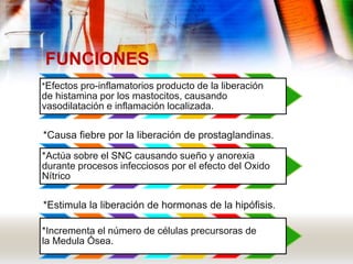 FUNCIONES
*Efectos pro-inflamatorios producto de la liberación
de histamina por los mastocitos, causando
vasodilatación e inflamación localizada.
*Causa fiebre por la liberación de prostaglandinas.
*Actúa sobre el SNC causando sueño y anorexia
durante procesos infecciosos por el efecto del Oxido
Nítrico
*Estimula la liberación de hormonas de la hipófisis.
*Incrementa el número de células precursoras de
la Medula Ósea.
 