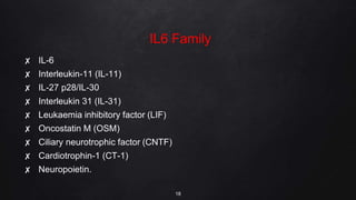 IL6 Family
✘ IL-6
✘ Interleukin-11 (IL-11)
✘ IL-27 p28/IL-30
✘ Interleukin 31 (IL-31)
✘ Leukaemia inhibitory factor (LIF)
✘ Oncostatin M (OSM)
✘ Ciliary neurotrophic factor (CNTF)
✘ Cardiotrophin-1 (CT-1)
✘ Neuropoietin.
18
 