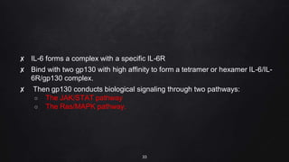 ✘ IL-6 forms a complex with a specific IL-6R
✘ Bind with two gp130 with high affinity to form a tetramer or hexamer IL-6/IL-
6R/gp130 complex.
✘ Then gp130 conducts biological signaling through two pathways:
○ The JAK/STAT pathway
○ The Ras/MAPK pathway.
33
 