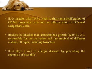 • IL-3 together with TNF-a leads to short-term proliferation of
CD34+ progenitor cells and the differentiation of DCs and
Langerhans cells.
• Besides its function as a hematopoietic growth factor, IL-3 is
responsible for the activation and the survival of different
mature cell types, including basophils.
• IL-3 plays a role in allergic diseases by preventing the
apoptosis of basophils
 