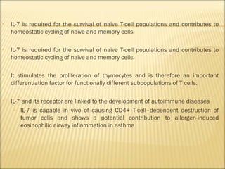 • IL-7 is required for the survival of naive T-cell populations and contributes to
homeostatic cycling of naive and memory cells.
• IL-7 is required for the survival of naive T-cell populations and contributes to
homeostatic cycling of naive and memory cells.
• It stimulates the proliferation of thymocytes and is therefore an important
differentiation factor for functionally different subpopulations of T cells.
• IL-7 and its receptor are linked to the development of autoimmune diseases
– IL-7 is capable in vivo of causing CD4+ T-cell–dependent destruction of
tumor cells and shows a potential contribution to allergen-induced
eosinophilic airway inflammation in asthma
 