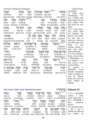 Interlinear Hebraico-Português Enih Gil’ead
90
‫ֹו׃‬ָֽ ְ‫ש‬ִ‫א‬20:15
‫ִ֑יָך‬ֶ‫ָנ‬‫פ‬ְ‫ל‬ ‫י‬ִִׁ֖‫צ‬ ְ‫ַאר‬ ‫ֵ֥ה‬ֵ‫ִ׆א‬‫ה‬ ‫ְֶך‬‫ל‬ ֶֹ֔‫מ‬‫ִי‬‫ב‬ֲ‫א‬ ‫ֶר‬‫מ‬‫ָ֣א‬ֹ ‫ַׁא‬‫ו‬
lefanecha „artsi hineh „avimelech vayo‟mer „ishto
para-tua-face minha-terra eis-que Abimeleque E-ele-disse sua-mulher
‫ָֽב׃‬ ֵ‫ש‬ ‫ִׁ֖יָך‬ֶ‫ֵינ‬‫ע‬ְ‫ֺא‬ ‫ֹוב‬ ֵ֥‫ַ׀א‬‫ֺא‬20:16
‫ה‬ ֵָ֨‫׆א‬ִ‫ה‬ ‫ר‬ ַָ֗‫מ‬‫ָא‬ ‫ה‬ ָָ֣‫ָר‬‫ׂש‬ְ‫ל‬‫־א‬
hineh „amar ulesarah shev be‟eynecha batov
eis-que ele-disse E-para-Sara habita aos-teus-olhos na-boa
‫־את‬ ָ֣‫ְס‬‫׃א‬ ֹ֙‫ְך‬ָ‫ל‬‫ה־אא־‬ ‫ִ֤ה‬ֵ‫ִ׆א‬‫ה‬ ‫יְך‬ ִֹ֔‫ח‬‫ְָא‬‫ל‬ ֹ֙‫ף‬ֶ‫ס‬ֶֹ֙‫׃א‬ ‫ֶף‬‫ל‬ִֶ֤‫א‬ ‫י‬ִ ַ‫ָת‬‫נ‬
kessut lach-hu‟ hineh le‟achich kessef „elef natati
cobertura-de para ti-ele eis-que para-teu-irmão prata mil eu-dou
‫ַת׃‬‫ח‬ָֽ ָ‫ֹכ‬ ‫ְנ‬‫ו‬ ‫ל‬ ִֹׁ֖ ‫׃א‬ ‫ֵ֥ת‬ֵ‫ְא‬‫ו‬ ‫ְך‬ ִָ֑ ִ‫א‬ ‫ר‬ ֶָ֣‫ֲש‬‫א‬ ‫ל‬ ִֹׁ֖ ‫ְכ‬‫ל‬ ‫ִם‬‫י‬ ַֹ֔‫נ‬‫ֵי‬‫ע‬
venochachat kol ve‟et „itach „asher lechol „eynayim
[agora]tu-estás-justificada todo e contigo que para-todo olhos
20:17
‫ים‬ִ‫ה‬‫ֱֹל‬‫א‬ ‫א‬ ָָ֨‫פ‬ ְ‫ִר‬‫ׁא‬ַ‫ו‬ ‫ים‬ִִ֑‫ֱֹלה‬‫א‬ָ‫ה‬‫ֶל־‬‫א‬ ‫ם‬ִָׁ֖‫ה‬ ָ‫ְר‬‫ב‬‫ַא‬ ‫ֵ֥ל‬ֵ‫ַׄא‬‫פ‬ְ‫ִת‬‫ׁא‬ַ‫ו‬
„elohim vayirpa‟ ha‟elohim-„el „avraham vayitpalel
Deus e-ele-curou o Deus-para Abraão E-ele-orou
‫ָֽד־א׃‬ ֵ‫ֵל‬‫ׁא‬ַ‫ו‬ ‫יו‬ ִָׁ֖‫ֹת‬ ‫ְה‬‫מ‬‫ְַא‬‫ו‬ ‫ֹו‬ ִ֛ ְ‫ש‬ִ‫א‬‫ֶת־‬‫א‬ְ‫ו‬ ‫ְֶך‬‫ל‬ֶַּ֧‫ִימ‬‫ב‬ֲ‫א‬‫ֶת־‬‫א‬
vayeledu ve‟amhotayv „ishto-ve‟et „avimelech-„et
e-eles-geraram e-servas-dele sua mulher-e Abimeleque-*
20:18
‫ֶם‬‫ח‬ ִֶׁ֖‫ָל־ר‬‫׃א‬ ‫ֵ֥ד‬ַ‫ְע‬‫ֺא‬ ‫ה‬ָֹ֔‫ו‬‫ְה‬‫י‬ ֹ֙‫ר‬ַ‫צ‬ָ‫ע‬ ‫ר‬ ִֹ֤ ‫ָצ‬‫ע‬‫ָֽי־‬ ִ‫׃א‬
rechem-kol be‟ad „adonay „atsar „atsor-ki
ventre-tudo de de-até SENHOR ele-fechou fechar-Porque
‫ס‬ ‫ָֽם׃‬ ָ‫ה‬ ָ‫ְר‬‫ב‬‫ַא‬ ‫ֶת‬‫ש‬ֵֵ֥‫א‬ ‫ה‬ ִָׁ֖‫ָר‬‫ׂש‬ ‫ֵ֥ר‬ַ‫ב‬ְ‫ַל־ּא‬‫ע‬ ‫ְֶך‬‫ל‬ִֶ֑‫ִימ‬‫ב‬ֲ‫א‬ ‫ית‬ֵָ֣‫ְב‬‫ל‬
„avraham „eshet sarah devar-„al „avimelech leveyt
Abraão mulher-de Sara causa de-por Abimeleque para-casa-de
sua mulher.
15 Então disse
Abimeleque: Eis
que a minha terra
[está] diante da tua
face; habita onde
bom [for] aos teus
olhos.
16 E a Sara disse:
Vês, tenho dado
mil [moedas de]
prata ao teu irmão;
eis que elas te
serão por cobertura
dos olhos para com
todos os que
contigo [estão] e,
para com todos,
estás justificada.
17 E orou Abraão a
Deus, e sarou Deus
a Abimeleque, e a
sua mulher, e as
suas servas, e elas
tiveram filhos;
18 porque o
SENHOR havia
fechado totalmente
todas as madres da
casa de Abime-
leque, por causa de
Sara, mulher de
Abraão.
Sobe | Desce | Índice geral | Dicionário de nomes ‫ִית‬‫ש‬‫א‬ ֵ‫ְר‬‫ֺא‬ Gênesis 21
21:1
‫ַׂש‬‫ע‬ַַּ֧‫ׁא‬ַ‫ו‬ ‫ר‬ִָ֑‫ָאמ‬ ‫ר‬ ֶָ֣‫ֲש‬‫א‬ַ‫׃א‬ ‫ה‬ ִָׁ֖‫ָר‬‫ׂש‬‫ֶת־‬‫א‬ ‫ד‬ ֵַ֥‫ָק‬‫פ‬ ‫ִ֛ה‬ָ‫ַיהו‬ ָֽ‫ו‬
vaya‟as „amar ka‟asher sarah-„et paqad va‟donay
e-Ele-fez Ele-dissera conforme Sara-* visitou E-o-SENHOR
‫ָֽר׃‬ ֵ‫ֺא‬ִ‫ּא‬ ‫ר‬ֵֶ֥‫ֲש‬‫א‬ַ‫׃א‬ ‫ה‬ ִָׁ֖‫ָר‬‫ׂש‬ְ‫ל‬ ‫ִ֛ה‬ָ‫ְהו‬‫י‬21:2
‫ֶד‬‫ל‬ ֵָ֨ ַ‫ו‬ ֩‫ר‬ַ‫ה‬ַ ַ‫ו‬
vateled vatahar diber ka‟asher lessarah „adonay
e-deu-à-luz E-concebeu dissera conforme para-Sara SENHOR
‫ֹו‬ ִׁ֖‫ֹת‬ ‫א‬ ‫ֵ֥ר‬ֶ‫ֺא‬ִ‫ֶר־ּא‬‫ש‬ֲ‫א‬ ‫ד‬ֵ‫ע‬‫ַׅאֹו‬‫ל‬ ‫ִ֑יו‬ָ‫ֺנ‬‫ק‬ְ‫ז‬ִ‫ל‬ ‫ן‬ִֵׁ֖‫ֺא‬ ‫ִ֛ם‬ָ‫ה‬ ָ‫ְר‬‫ב‬‫ְַא‬‫ל‬ ‫ה‬ ַָּ֧‫ָר‬‫ׂש‬
„oto diber-„asher lamo‟ed lizequnaiv ben le‟avraham sarah
a-ele dissera-que ao-tempo para-velhice-dele filho para-Abraão Sara
1 ¶ E o SENHOR
visitou a Sara,
como tinha dito; e
fez o SENHOR a
Sara conforme
dissera.
2 E concebeu Sara,
e deu à luz a
Abraão um filho na
sua velhice, ao
 
