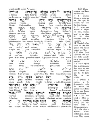 Interlinear Hebraico-Português Enih Gil’ead
91
‫ָֽים׃‬ ִ‫ֱֹלה‬‫א‬21:3
‫ֹו‬ ִ֛‫ַד־ל‬‫ל‬‫ָֹֽו‬‫׆א‬ַ‫ה‬ ‫ֹו‬ַּ֧‫ְנ‬‫ֺא‬‫ֶם־‬‫ש‬‫ָֽת־‬ ֶ‫א‬ ‫ם‬ָ‫ה‬ ָ‫ְר‬‫ב‬‫ַא‬ ‫א‬ ָָ֨‫ְר‬‫ק‬ִ‫ׁא‬ַ‫ו‬
lo-hanolad beno-shem-„et „avraham vayiqra‟ „elohim
que-lhe-nascera seu filho -nome de-* Abraão E-ele-chamou Deus
‫ָֽק׃‬ ָ‫ְח‬‫צ‬ִ‫י‬ ‫ה‬ ִָׁ֖‫ָר‬‫ׂש‬ ‫ֹו‬ ֵ֥‫ה־ׄא‬ָ‫ְד‬‫ל‬ָ‫י‬‫ֶר־‬‫ש‬ֲ‫א‬21:4
ֹ֙‫ָם‬‫ה‬ ָ‫ְר‬‫ב‬‫ַא‬ ‫ָל‬‫מ‬ִָ֤‫ׁא‬ַ‫ו‬
„avraham vayamal yitschaq sarah lo-yalda-„asher
Abraão E-circuncidou Isaque Sara a ele-dera à luz-que
‫ֵ֥ה‬ָ‫ִ־א‬‫צ‬ ‫ר‬ִֶ֛‫ֲש‬‫א‬ַ‫׃א‬ ‫ים‬ִִ֑‫ָמ‬‫י‬ ‫ִׁ֖ת‬ַ‫ֹנ‬ ‫ְמ‬‫ש‬‫ֶן־‬‫ֺא‬ ‫ֹו‬ ֹ֔‫ְנ‬‫ֺא‬ ‫ק‬ָָ֣‫ְח‬‫צ‬ִ‫י‬‫ֶת־‬‫א‬
tsivah ka‟asher yamim shəmonat-ben beno yitschaq-„et
ordenara conforme dias oito-filho de seu-filho Isaque-*
‫ָֽים׃‬ ִ‫ֱֹלה‬‫א‬ ‫ֹו‬ ִׁ֖‫ֹת‬ ‫א‬21:5
‫ֶד‬‫ל‬ָָ֣‫ִ־א‬‫ה‬ְ‫ֺא‬ ‫ִ֑ה‬ָ‫ָנ‬‫ש‬ ‫ת‬ַָ֣‫ְא‬‫מ‬‫ֶן־‬‫ֺא‬ ‫ם‬ִָׁ֖‫ה‬ ָ‫ְר‬‫ב‬‫ְַא‬‫ו‬
behivaled shanah me‟at-ben ve‟avraham „elohim „oto
quando-nascera ano centena de-filho de E-Abraão Deus *[a ele]
‫ָֹֽו׃‬‫נ‬ְ‫ֺא‬ ‫ֵ֥ק‬ָ‫ְח‬‫צ‬ִ‫י‬ ‫ת‬ִֵׁ֖‫א‬ ‫ֹו‬ ֹ֔‫ל‬21:6
‫ָה‬‫ׂש‬ֵָ֥‫ע‬ ‫ק‬ֹ ‫ְח‬‫צ‬ ‫ה‬ ָֹ֔‫ָר‬‫ׂש‬ ‫ֶר‬‫מ‬‫א‬ ָֹ֣ ַ‫ו‬
assa tsechoq‟ sarah vato‟mer beno yitschaq „et lo
[Ele]fez riso Sara E-ela-disse seu-filho Isaque * a-ele
‫ָֽי׃‬ ִ‫ַק־ל‬‫ח‬ְ‫צ‬ָֽ ִ‫י‬ ַ‫ע‬ִֵׁ֖‫ֹמ‬ ‫ַש‬‫ה‬‫ָל־‬‫׃א‬ ‫ים‬ִִ֑‫ֱֹלה‬‫א‬ ‫ִׁ֖י‬ִ‫ל‬21:7
‫י‬ִִ֤‫מ‬ ‫ֶר‬‫מ‬‫א‬ ָֹ֗ ַ‫ו‬
mi vato‟mer li-yitschaq hashome‟a-kol „elohim li
quem E-ela-disse para mim-ele rirá o[que]ouvir-tudo de Deus a-mim
‫ה‬ ִָ֑‫ָר‬‫ׂש‬ ‫ִׁ֖ים‬ִ‫נ‬ָ‫ב‬ ‫ָה‬‫ק‬‫ֵ֥י‬ִ‫נ‬‫ֵי‬‫ה‬ ‫ם‬ ָֹ֔‫ה‬ ָ‫ְר‬‫ב‬‫ְַא‬‫ל‬ ֹ֙‫ל‬ֵ‫ׄא‬ִ‫מ‬
sarah vanim heniqah le‟avraham milel
Sara filhos ela-amamentaria para-Abraão diria
‫ָֽיו׃‬ ָ‫ֺנ‬‫ק‬ְ‫ז‬ִ‫ל‬ ‫ן‬ִֵׁ֖‫ב‬ ‫י‬ִ ְ‫ֵ֥ד‬ַ‫ָל‬‫י‬‫ָֽי־‬ ִ‫׃א‬21:8
‫ֶד‬‫ל‬ִֶׁ֖‫ׁא‬ַ‫ה‬ ‫ֵ֥ל‬ַ‫ְּא‬‫ג‬ִ‫ׁא‬ַ‫ו‬
hayeled vayigdal lizəqunayv ven yialadti-ki
o-menino E-ele-cresceu para-velhice-dele filho eu dei à luz-porque
‫ֹום‬ִׁ֖‫ְי‬‫ֺא‬ ‫ֹול‬ ֹ֔‫ָד‬‫ג‬ ‫ה‬ֶָ֣ ְ‫ש‬ִ‫מ‬ ֹ֙‫ָם‬‫ה‬ ָ‫ְר‬‫ב‬‫ַא‬ ‫ַׂש‬‫ע‬ִַ֤‫ׁא‬ַ‫ו‬ ‫ל‬ִַ֑‫ָמ‬‫ֻא‬ִ‫ׁא‬ַ‫ו‬
bayom gadol mishteh „avraham vaya‟as vayigamal
no-dia grande festa Abraão e-ele-fez e-ele[foi]desmamado
‫ָֽק׃‬ ָ‫ְח‬‫צ‬ִ‫י‬‫ֶת־‬‫א‬ ‫ֵ֥ל‬ֵ‫ָמ‬‫ֻא‬ִ‫ה‬21:9
‫ַּ֧ר‬ָ‫ָג‬‫ה‬‫ֶן־‬‫ֺא‬‫ָֽת־‬ ֶ‫א‬ ‫ה‬ ָ‫ָר‬‫ׂש‬ ‫א‬ ֶ‫ר‬ ֵָ֨ ַ‫ו‬
hagar-ben-„et sarah vatere‟ yitschaq-„et higamel
Hagar-filho de-* Sara E-ela-viu Isaque-* ser-desmamado
‫ָֽק׃‬ ֵ‫ַח‬‫צ‬ְ‫מ‬ ‫ם‬ִָׁ֖‫ה‬ ָ‫ְר‬‫ב‬‫ְַא‬‫ל‬ ‫ה‬ֵָ֥‫ְד‬‫ל‬ָ‫י‬‫ֶר־‬‫ש‬ֲ‫א‬ ‫ית‬ ִִ֛‫ְר‬‫צ‬ִ‫ׅא‬ַ‫ה‬21:10
ֹ֙‫ר‬ֶ‫מ‬‫ֹ֙א‬ֹ ַ‫ו‬
vato‟mer metsacheq le‟avraham yaldah-„asher hamitserit
E-ela-disse zombava para-Abraão [ela]dera à luz-que a-egípcia
‫א‬ ִ֤‫ֹל‬ ‫ָ֣י‬ִ‫׃א‬ ‫ִֽ֑א‬ָ‫ְנ‬‫ֺא‬‫ֶת־‬‫א‬ְ‫ו‬ ‫את‬ִֹׁ֖ ‫ַֿא‬‫ה‬ ‫ֵ֥ה‬ָ‫ָָאמ‬‫ה‬ ‫ש‬ ִֵ֛‫ָר‬‫ֻא‬ ‫ם‬ ָֹ֔‫ה‬ ָ‫ְר‬‫ב‬‫ְַא‬‫ל‬
lo ki benah-ve‟et hazo‟t ha‟amah garish le‟avraham
não porque seu filho-e a-esta a-serva manda-embora para-Abraão
tempo o qual Deus
lhe tinha dito.
3 E chamou
Abraão o nome de
seu filho que lhe
nascera, que Sara
lhe dera, Isaque.
4 E circuncidou
Abraão a Isaque,
seu filho, quando
[este] era da idade
de oito dias,
conforme Deus lhe
ordenara.
5 E Abraão [era] da
idade de 100 anos
quando lhe nasceu
Isaque, seu filho.
6 E disse Sara:
Deus me tem feito
riso; todo [aquele]
que o ouvir, se rirá
comigo.
7 E disse: Quem
diria a Abraão, que
Sara daria de ma-
mar a filhos? Por-
que lhe dei [um]
filho na sua
velhice.
8 E cresceu o
menino, e foi
desmamado; então
fez Abraão um
grande banquete no
dia em que Isaque
foi desmamado.
9 ¶ E viu Sara
[que] o filho de
Hagar, a egípcia,
[filho] que esta
tinha dado a
Abraão, zombava.
10 E ela disse a
Abraão: Manda
embora esta serva e
o seu filho; porque
 