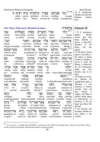Interlinear Hebraico-Português Enih Gil’ead
96
21:34
‫פ‬ ‫ָֽים׃‬ ִ‫ֺא‬ ַ‫ר‬ ‫ֵ֥ים‬ִ‫ָמ‬‫י‬ ‫ים‬ ִִׁ֖ ְ‫ש‬ִ‫ל‬ְ‫פ‬ ‫ץ‬ ֶ‫ֵ֥ר‬ֶ‫ְא‬‫ֺא‬ ‫ִ֛ם‬ָ‫ה‬ ָ‫ְר‬‫ב‬‫ַא‬ ‫ָר‬‫ג‬ַָּ֧‫ׁא‬ַ‫ו‬
rabim yamim pelishtim be‟erets „avraham vayagar
muitos dias filiteus na-terra-de Abraão E-peregrinou
34 E peregrinou
Abraão na terra dos
filisteus muitos
dias.
Sobe | Desce | Índice geral | Dicionário de nomes ‫ִית‬‫ש‬‫א‬ ֵ‫ְר‬‫ֺא‬ Gênesis 22
22:1
‫ה‬ ִָׁ֖‫ִׇא‬‫נ‬ ‫ים‬ ִֹ֔‫ה‬‫ֱֹל‬‫א‬ָָ֣‫ְה‬‫ו‬ ‫ֶה‬‫ׄא‬ ֵֹ֔‫א‬ָ‫ה‬ ‫ים‬ ִָ֣‫ָר‬‫ב‬ְ‫ַּא‬‫ה‬ ֹ֙‫ר‬ַ‫ח‬‫ַא‬ ‫י‬ ִָ֗‫ה‬ְ‫י‬ַ‫ו‬
nissah veha‟elohim ha‟eleh hadevarim „achar vayehi
testou e-o-Deus as-estas as-coisas depois E-aconteceu
‫ִי׃‬‫נ‬ָֽ ֵ‫ִ׆א‬‫ה‬ ‫ֶר‬‫מ‬‫ֵ֥א‬ֹ ‫ַׁא‬‫ו‬ ‫ם‬ִָׁ֖‫ה‬ ָ‫ְר‬‫ב‬‫ַא‬ ‫יו‬ ָֹ֔‫ל‬ֵ‫א‬ ‫ֶר‬‫מ‬‫ָ֣א‬ֹ ‫ַׁא‬‫ו‬ ‫ם‬ִָ֑‫ה‬ ָ‫ְר‬‫ב‬‫ֶת־ַא‬‫א‬
hineni vayo‟mer „avraham „elaiv vayo‟mer „avraham-„et
eis[que estou]aqui e-ele-disse Abraão a-ele e-ele-disse Abraão-*
22:2
ָֹ֙ ְ‫ב‬ַֹ֙‫ה‬‫ֶר־ָא‬‫ש‬ֲ‫א‬ ִ֤‫ָך‬ְ‫ָֽיד‬ ִ‫ְח‬‫י‬‫ֶת־‬‫א‬ ָ֨‫ְָך‬‫נ‬ִ‫ֺא‬‫ֶת־‬‫א‬ ‫א‬ ֶָּ֠‫נ‬‫ַח־‬‫ק‬ ‫ֶר‬‫מ‬‫א‬ֶֹ֡ ‫ַׁא‬‫ו‬
„ahavta-„asher yechidecha-„et binecha-„et na‟-qach vayo‟mer
tu amas-que eu único-* teu filho-* agora-toma E-ele-disse
ֹ֙‫ָם‬‫ש‬ ‫ִ֤ה־א‬ֵ‫ֲל‬‫ע‬ַ‫ה‬ְ‫ו‬ ‫ִ֑ה‬ָ‫ׁא‬ ִ‫ֹר‬ ‫ַׅא‬‫ה‬ ‫ץ‬ ֶ‫ר‬ִֶׁ֖‫ֶל־א‬‫א‬ ֹ֔‫ְָך‬‫ל‬‫ְֶך־‬‫ל‬ְ‫ו‬ ‫ק‬ ָֹ֔‫ח‬ְ‫צ‬ִ‫י‬‫ֶת־‬‫א‬
sham veha‟alehu hamoriyah „erets-„el lecha-velech yitschaq-„et
alí e-oferece-o a-Moriá81
terra de-para e-vai-te Isaque-*
‫ָֽיָך׃‬ ֶ‫ֵל‬‫א‬ ‫ֵ֥ר‬ַ‫ֹמ‬ ‫א‬ ‫ר‬ ִֶׁ֖‫ֲש‬‫א‬ ‫ים‬ ִֹ֔‫ָר‬‫ה‬ָֽ ֶ‫ה‬ ‫ד‬ַָ֣‫ַאח‬ ‫ל‬ ֵַ֚‫ע‬ ‫ה‬ ָֹ֔‫ל‬ֹ ‫ְע‬‫ל‬
„elecha „omar „asher heharim „achad „al le‟olah
a-ti eu-disser que os-montes um-de sobre como-oferta-queimada
22:3
ֹ֙‫ש‬ֹ ‫ֲב‬‫ח‬ַ‫ׁא‬ָֽ ַ‫ו‬ ‫ֶר‬‫ק‬ ָֹ֗ ‫ַֺא‬‫ֺא‬ ‫ם‬ָ‫ה‬ ָ‫ְר‬‫ב‬‫ַא‬ ‫ם‬ ֵָ֨‫׃א‬ְ‫ש‬ַ‫ׁא‬ַ‫ו‬
vayachavosh baboqer „avraham vayashkem
e-ele-albardou de-manhã Abraão E-ele[se]levantou-bem-cedo
‫ת‬ִֵׁ֖‫ְא‬‫ו‬ ‫ֹו‬ ֹ֔ ִ‫א‬ ֹ֙‫ו‬‫י‬ ָ‫ָר‬‫ע‬ְ‫נ‬ ‫ִ֤י‬ֵ‫ְנ‬‫ש‬‫ֶת־‬‫א‬ ‫ח‬ ִַ֞ ִ‫ׁא‬ַ‫ו‬ ‫ֹו‬ ֹ֔‫ֹר‬ ‫ֲמ‬‫ח‬‫ֶת־‬‫א‬
ve‟et „ito ne‟araiv shney-„et vayiqach chamoro-„et
e com-ele moços-dele dois de-* e-ele-tomou seu burro-*
‫ָם‬‫ק‬ָָ֣‫ׁא‬ַ‫ו‬ ‫ה‬ ָֹ֔‫ל‬ֹ ‫ע‬ ‫ָ֣י‬ֵ‫ֲצ‬‫ע‬ ֹ֙‫ַע‬ ַ‫ב‬ְ‫י‬ַ‫ו‬ ‫ֹו‬ִ֑‫ְנ‬‫ֺא‬ ‫ק‬ָָ֣‫ְח‬‫צ‬ִ‫י‬
vayaqam „olah „atsey vayevaqa‟ beno yitschaq
e-ele[se]levantou oferta-queimada lenha-de e-rachou seu-filho Isaque
‫ָֽים׃‬ ִ‫ֱֹלה‬‫א‬ָ‫ה‬ ‫ֹו‬ ֵ֥‫ַר־ל‬‫מ‬ָֽ ָ‫ֶר־א‬‫ש‬ֲ‫א‬ ‫ֹום‬ ִׁ֖‫ָק‬‫ׅא‬ַ‫ה‬‫ֶל־‬‫א‬ ‫ְֶך‬‫ל‬ֵֹ֔‫ׁא‬ַ‫ו‬22:4
‫ָֹ֣ום‬‫ׁא‬ַ‫ֺא‬
bayom ha‟elohim lo-„amar-„asher hamaqom-„el vayelech
No-dia o-Deus a ele-[ele]dissera-que o lugar-para e-ele[se]foi
‫ֹום‬ ִׁ֖‫ָק‬‫ׅא‬ַ‫ה‬‫ֶת־‬‫א‬ ‫א‬ ְ‫ֵ֥ר‬ַ‫ׁא‬ַ‫ו‬ ‫ִ֛יו‬ָ‫ֵינ‬‫ע‬‫ֶת־‬‫א‬ ‫ַּ֧ם‬ָ‫ה‬ ָ‫ְר‬‫ב‬‫ַא‬ ‫א‬ ָָ֨‫ש‬ִ‫ׁא‬ַ‫ו‬ ‫י‬ ִָ֗‫ש‬‫ִי‬‫ל‬ְ‫ש‬ַ‫ה‬
hamaqom-„et vayare‟ „eynaiv-„et „avraham vayissa‟ hashəlishi
o lugar-* e-ele-viu olho dele-* Abraão e-ele-levantou o-terceiro
1 ¶ E aconteceu
depois destas
coisas, que pôs
Deus Abraão à
prova, e disse-lhe:
Abraão! E ele
disse: Eis me
[aqui].
2 E ele disse: Toma
agora o teu filho, o
teu único, a quem
tu amas, a Isaque, e
vai-te à terra de
Moriá, e oferece-o
ali em holocausto
sobre um dos
montes, que eu te
direi.
3 ¶ Então se levan-
tou Abraão, de
manhã bem cedo, e
albardou o seu
jumento, e tomou
consigo dois de
seus moços e
Isaque, seu filho; e
rachou lenha [para
o] holocausto, se
levantou e foi ao
lugar que Deus lhe
dissera.
4 Ao terceiro dia
levantou Abraão os
seus olhos, e viu
o lugar
81
‫ָה‬‫ׁא‬ ִ‫ֹר‬ ‫ׅא‬ moriyah = “escolhido pelo SENHOR”; o monte para onde Abraão levou Isaque para o oferecer em sacrifício a Deus;
monte ao oriente de Jerusalém, onde Salomão edificou o primeiro templo.
 