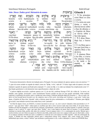 Interlinear Hebraico-Português Enih Gil’ead
1
Sobe | Desce | Índice geral | Dicionário de nomes ‫ִית‬‫ש‬‫א‬ ֵ‫ְר‬‫ֺא‬ Gênesis 1
1:1
ְ‫ֺא‬‫ץ׃‬ ֶ‫ָֽר‬ ָ‫ָא‬‫ה‬ ‫ֵ֥ת‬ֵ‫ְא‬‫ו‬ ‫ִם‬‫י‬ִַׁ֖‫ָמ‬‫ש‬ַ‫ה‬ ‫ֵ֥ת‬ֵ‫א‬ ‫ים‬ִִ֑‫ֱֹלה‬‫א‬ ‫א‬ ָָ֣‫ָר‬‫ֺא‬ ‫ית‬ ִִׁ֖‫אש‬ ֵ‫ר‬
ha'arets ve'et hashamayim 'et 'elohim bara' bere'shit
a-terra e os-céus *1
Deus criou No-princípio
1:2
‫ֹום‬ ִ֑‫ה‬ְ‫ת‬ ‫ָ֣י‬ֵ‫ְנ‬‫פ‬‫ַל־‬‫ע‬ ‫ְֶך‬‫ש‬ ִֹׁ֖ ‫ְח‬‫ו‬ ‫ה־א‬ ֹֹ֔ ‫ָב‬‫ו‬ ֹ֙‫־א‬‫ֹ֙ה‬ֹ ‫ת‬ ‫ה‬ֵָ֥‫ְת‬‫י‬ָ‫ה‬ ‫ץ‬ ֶ‫ר‬ ָָ֗‫א‬ָ‫ה‬ְ‫ו‬
tehom peney-'al vechoshech vavohu tohu hayətah veha'arets
abismo face de-sobre e-treva e-vazia sem-forma era E-a-terra
ַ‫ה‬ ‫ֵ֥י‬ֵ‫ְנ‬‫פ‬‫ַל־‬‫ע‬ ‫ֶת‬‫פ‬ ִֶׁ֖‫ח‬ ַ‫ְר‬‫מ‬ ‫ים‬ ִֹ֔‫ה‬‫ֱֹל‬‫א‬ ַ‫ח‬‫־א‬ ָ֣‫ְר‬‫ו‬‫ִם׃‬‫י‬ָֽ ָ‫ׅא‬1:3
ַ‫ו‬‫ֶר‬‫מ‬‫ֵ֥א‬ֹ ‫ׁא‬
vayo'mer hamayim peney- 'al merachefet 'elohim veruach
E-Ele-disse as-águas face de-sobre pairando2
Deus e-Espírito-de
‫ָֹֽור׃‬‫א‬‫ִי־‬‫ה‬ְ‫י‬ָֽ ַ‫ו‬ ‫ֹור‬ ִ֑‫א‬ ‫י‬ִָ֣‫ְה‬‫י‬ ‫ים‬ִִׁ֖‫ֱֹלה‬‫א‬1:4
‫ֹור‬ ִׁ֖‫ָא‬‫ה‬‫ֶת־‬‫א‬ ‫ִ֛ים‬ִ‫ֱֹלה‬‫א‬ ‫א‬ ְ‫ַּ֧ר‬ַ‫ׁא‬ַ‫ו‬
ha'or- 'et 'elohim vayarə' 'or-vayehi 'or yehi 'elohim
a luz-* Deus E-Ele-viu luz-e ele foi luz ele-seja Deus
‫ְֶך׃‬‫ש‬ָֹֽ ‫ַח‬‫ה‬ ‫ֵ֥ין‬ֵ‫־אב‬ ‫ֹור‬ ִׁ֖‫ָא‬‫ה‬ ‫ֵ֥ין‬ֵ‫ֺא‬ ‫ים‬ ִֹ֔‫ה‬‫ֱֹל‬‫א‬ ‫ל‬ֵָ֣‫ְּא‬‫ב‬ַ‫ׁא‬ַ‫ו‬ ‫ֹוב‬ ִ֑‫ִי־ט‬‫׃א‬
hachoshech uveyn ha'or beyn 'elohim vayavdel tov-ki
a-treva e-entre a-luz entre Deus e-Ele-separou boa-que
‫ָה‬‫ל‬ְ‫י‬ִָ֑‫ל‬ ‫א‬ ָ‫ר‬ ָָ֣‫ק‬ 1:5
‫ְֶך‬‫ש‬ ִֹׁ֖ ‫ַח‬‫ל‬ְ‫ו‬ ‫ֹום‬ֹ֔‫י‬ ֹ֙‫ר‬‫ָאֹו‬‫ל‬ ‫׀‬ ‫ים‬ִִ֤‫ֱֹלה‬‫א‬ ‫א‬ ָָ֨‫ְר‬‫ק‬ִ‫ׁא‬ַ‫ו‬
layəlah qara' velachoshech yom la'or 'elohim vayiqra'
noite chamou e-à-treva dia à-luz Deus E-Ele-chamou
‫ָֽד׃‬ ָ‫ֶח‬‫א‬ ‫ֵֹ֥ום‬‫י‬ ‫ֶר‬‫ק‬ ִֹׁ֖ ‫ִי־ב‬‫ה‬ְ‫י‬ָֽ ַ‫ו‬ ‫ב‬ ֶ‫ֵ֥ר‬ֶ‫ִי־ע‬‫ה‬ְ‫י‬ָֽ ַ‫ו‬3
‫פ‬
'echad yom voqer-vayehi 'erev-vayehi
primeiro dia manhã-e ele foi tarde-e ele foi
1 ¶ No princípio
criou Deus os céus
e a terra.
2 E a terra era sem
forma e vazia; e
[havia] trevas sobre
a face do abismo; e
o Espírito de Deus
se movia sobre a
face das águas.
3 ¶ E disse Deus:
Haja luz; e houve
luz.
4 E viu Deus que a
luz que [era] boa; e
separou Deus a luz
da treva.
5 E chamou Deus
à luz Dia, e à treva
Ele chamou Noite;
e foi tarde e foi
manhã, o dia
primeiro.
1
O pronome demonstrativo ‫ת‬ ֵ֥ ֵ‫א‬ não tem tradução para o Português. Em nossa tradução ele aparece apenas como um asterisco “ *
”), quer ele ocorra isolado ou seguido de makef, como em ‫ל‬ ָ‫ת־כ‬ ֶ‫,א‬ „et-kol, tudo de-*. O único lugar onde ele aparece com uma
tradução é quando ele aparece prefixado pela conjunção “e”, como em ‫ת‬ ֵ֥ ֵ‫א‬ ְ‫,ו‬ ve‟et, onde sua tradução fica simplesmente como “e”.
Sua função geralmente é a de demonstrar mais especificamente o objeto do verbo.
2
A palavra ‫ת‬ ֶ‫פ‬ ֶ֖ ֶ‫ח‬ ַ‫ר‬ ְ‫מ‬ merachefet, conforme aparece em 1:2, da raiz ‫ַף‬‫ח‬ ָ‫,ר‬ conforme Strongs #7363, dá a idéia de: “se mover, ser
abalado, estar agitado, alvoroçado”, como normalmente ficamos quando em face de uma grande autoridade. Pode também
expressar o sentimento de ternura, amor e carinho por uma criança; conforme definição dada por Gesenius (... like an eagle, the
Spirit of God [would have] brooded over the shapeless mass of the earth, cherishing and vivifying.), o que seria: “como uma
águia, o Espírito de Deus teria „chocado‟ sobre a informe massa da terra, acalentando-a e vivificando-a”. Portanto, para ‫ת‬ ֶ‫פ‬ ֶ֖ ֶ‫ח‬ ַ‫ר‬ ְ‫מ‬
merachefet, uma tradução razoável (mas ainda fraca,) seria “pairando”.
3
Ao final de alguns versos, na TaNaCh, é comum encontrar-se um ‫פ‬ pe‟, ou, um ‫ס‬ samech. Quando a letra encontrada é o ‫פ‬ 
patach = que quer dizer “abrir”, indica (para os escribas) que não se deve escrever nada mais nessa linha. É um ponto final e
também um final de parágrafo; a escrita deverá continuar, normalmente, a partir do início da linha seguinte. E quando a letra que
aparece é um ‫ס‬ samech  sagar, que quer dizer “fechar”, isso é uma espécie de ponto final no assunto e a escrita poderá
continuar na mesma linha, porém, não antes de se deixar 9 (nove) espaços entre o ‫ס‬ e a continuação da escrita. Mesmo que a
escrita termine com um ‫ס‬ bem (ou quase) no final de uma linha, ainda assim esses nove espaços terão que ser observados; conta-
se os espaços restantes na linha em curso e completa-se o total de nove com espaços na linha seguinte - antes da continuação da
escrita. A Kabala dá uma explicação mística para a observância desses nove espaços; mas, como crentes em Yeshua‟
haMashiach que somos, a única “mística” que aceitamos e professamos é a fé, o culto a adoração e o louvor ao SENHOR Deus.
 