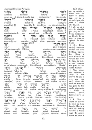 Interlinear Hebraico-Português Enih Gil’ead
102
‫ִי‬‫נ‬‫־א‬‫ָע‬‫מ‬ְ‫ש‬ ‫י‬ ַֹ֔‫נ‬ָ‫פ‬ְ‫ׄא‬ִ‫מ‬ ֹ֙‫י‬ִ‫ֵת‬‫מ‬‫ֶת־‬‫א‬ ‫ר‬ ִֹ֤ ‫ְֺא‬‫ק‬ִ‫ל‬
shəma‟uni milefanay meti-„et liqəvor
ouçam-me de-diante-da-minha-face minha morta-* para-sepultar
‫ַר׃‬‫ח‬ָֹֽ ‫ֶן־צ‬‫ֺא‬ ‫ֹון‬ ֵ֥‫ְר‬‫פ‬ֶ‫ע‬ְ‫ֺא‬ ‫ִׁ֖י‬ִ‫ְע־א־ל‬‫ג‬ִ‫פ‬‫־א‬23:9
‫י‬ ִָ֗‫ל‬‫ן־‬ֶ ִ‫י‬ְ‫ו‬
li-vayiten tsohar-ben be‟efron li-ufigə‟u
a mim-E ele dê Zoar-filho de com-Efrom por mim-e intercedam
‫ָ֣ה‬ֵ‫ְצ‬‫ק‬ִ‫ֺא‬ ‫ר‬ ִֶׁ֖‫ֲש‬‫א‬ ‫ֹו‬ ֹ֔‫ֶר־ל‬‫ש‬ֲ‫א‬ ֹ֙‫ָה‬‫ל‬ֵ‫פ‬ְ‫כ‬ַ‫ׅא‬ַ‫ה‬ ‫ת‬ ִַ֤‫ָר‬‫ע‬ְ‫מ‬‫ֶת־‬‫א‬
biqətse „asher lo-„asher hamachpelah me‟arat-„et
na-extremidade-de que para ele-que a-Macpela cova de-*
‫ִׁ֖ם‬ֶ‫ְכ‬‫כ‬‫ְתֹו‬‫ֺא‬ ‫ִ֛י‬ִ‫ל‬ ‫ָה‬‫׆א‬ֵֶ֥‫נ‬ְ ִ‫י‬ ‫א‬ֵ‫ל‬ָ‫מ‬ ‫ֶף‬‫ס‬ ֶָ֨‫כ‬ְ‫ֺא‬ ‫ה־א‬ ִֵ֑‫ָד‬‫ׂש‬
betochechem li yitənenah male‟ bechessef sadehu
no-meio-de-vós para-mim ele-dará cheio por-prata seu-campo
‫ֶר׃‬‫ב‬ָֽ ָ‫ַת־ק‬‫ֿא‬ֺ‫ח‬ֲ‫א‬ַ‫ל‬23:10
‫ב‬ ִֵׁ֖‫ֹש‬ ‫י‬ ‫ֹון‬ ֵ֥‫ְר‬‫פ‬ֶ‫ע‬ְ‫ו‬
yoshev ve‟efron qaver-le‟achuzat
ele[estava]assentado E-Efrom sepultura-como possessão de
‫י‬ִִ֤ ִ‫ח‬ַ‫ה‬ ‫ֹון‬ ָ֨‫ְר‬‫פ‬ֶ‫ע‬ ֩‫ן‬ַ‫ע‬ַ‫ׁא‬ַ‫ו‬ ‫ת‬ ִֵ֑‫ֵי־ח‬‫נ‬ְ‫ֺא‬ ‫ֹוְך‬ ָ֣‫ְת‬‫ֺא‬
hachiti „efron vaya‟an chet-bney betoch
o-heteu Efrom e-ele-respondeu Hete-filhos de no-meio-de
‫ֵ֥י‬ֵ‫ָא‬‫ֺא‬ ‫ל‬ ִֹ֛ ‫ְכ‬‫ל‬ ‫ת‬ ֵֹ֔‫ח‬‫ֵי־‬‫נ‬ְ‫ב‬ ‫ָ֣י‬ֵ‫ְנ‬‫ז‬‫ְָא‬‫ֺא‬ ֹ֙‫ָם‬‫ה‬ ָ‫ְר‬‫ב‬‫ֶת־ַא‬‫א‬
ba‟ey lechol chet-vney be‟azney „avraham-„et
[os que]vinham para-tudo-de Hete-filhos de aos-ouvidos-de Abraão-*
‫ָֽר׃‬ֹ ‫ֵאמ‬‫ל‬ ‫ֹו‬ ִׁ֖‫ִיר‬‫ע‬‫ַר־‬‫ע‬ָֽ ַ‫ש‬23:11
‫ִי‬‫נ‬ ֵֹ֔‫ע‬ָ‫מ‬ְ‫ש‬ ‫ָ֣י‬ִ‫נ‬ֹ ‫ֲד‬‫א‬‫ָֽא־‬‫ֹל‬
shəma‟eni „adoni-lo‟ le‟mor „iro-sha‟ar
ouve-me senhor meu-Não para-dizer cidade dele-porta de
ָ‫ה‬‫י‬ ִִ֑ ַ‫ְת‬‫נ‬ ָ֣‫ְָך‬‫ל‬ ‫ֹו‬ ִׁ֖‫ֶר־ֺא‬‫ש‬ֲ‫א‬ ‫ה‬ ֵָ֥‫ָר‬‫ע‬ְ‫ׅא‬ַ‫ה‬ְ‫ו‬ ‫ְך‬ ָֹ֔‫ל‬ ‫י‬ִ ַָ֣‫ָת‬‫נ‬ ֹ֙‫ה‬ֶ‫ָד‬‫ש‬ַ‫ה‬
netatiha lecha bo-„asher vehame‟arah lach natati hassadeh
eu-dou[a ti] para-ti nela-que e-a-cova a-ti eu-dou o-campo
‫ָָֽך׃‬ ֶ‫ֵת‬‫מ‬ ‫ר‬ ֵֹ֥ ‫ְב‬‫ק‬ ‫ְִׁ֖ך‬ָ‫ׄא‬ ָ‫ה‬‫י‬ִֵ֥ ַ‫ְת‬‫נ‬ ‫ִ֛י‬ִ‫ַׅא‬‫ע‬‫ֵי־‬‫נ‬ְ‫ב‬ ‫ַּ֧י‬ֵ‫ֵינ‬‫ע‬ְ‫ל‬
metecha qevor lach netatiha „ami-vney le‟eyney
tua-morta sepulta vai eu-dou meu povo-filhos de aos-olhos-de
23:12
‫ץ׃‬ ֶ‫ָֽר‬ ָ‫ָא‬‫ה‬ ‫ֵ֥ם‬ַ‫ע‬ ‫ִׁ֖י‬ֵ‫ְנ‬‫פ‬ִ‫ל‬ ‫ם‬ ָֹ֔‫ה‬ ָ‫ְר‬‫ב‬‫ַא‬ ֹ֙‫־א‬‫ֹ֙ח‬ַ ְ‫ש‬ִ‫ׁא‬ַ‫ו‬23:13
‫ר‬ ֵָ֨‫ֺא‬ַ‫ְד‬‫י‬ַ‫ו‬
vayedaber ha‟arets „am lifney „avraham vayishtachu
E-ele-disse a-terra povo-de diante-de Abraão E-inclinou[se]
‫ה‬ֵָ֥ ַ‫א‬‫ִם־‬‫א‬ ‫ְִ֛ך‬ַ‫א‬ ‫ר‬ ֹֹ֔ ‫ֵאמ‬‫ל‬ ֹ֙‫ץ‬ ֶ‫ר‬ָֹ֙‫א‬ָ‫ה‬‫ַם־‬‫ע‬ ‫ִ֤י‬ֵ‫ְנ‬‫ז‬‫ְָא‬‫ֺא‬ ‫ֹון‬‫ְר‬‫פ‬ֶ‫ע‬‫ֶל־‬‫א‬
„atah-im „ach le‟mor ha‟arets-„am be‟azney „efron-„el
tu-se mas para-dizer a terra-povo de aos-ouvidos de Efrom-para
‫ִי‬‫׆א‬ ֶֹ֔‫ׅא‬ִ‫מ‬ ‫ח‬ ַָ֣‫ק‬ ֹ֙‫ה‬ֶ‫ָד‬‫ש‬ַ‫ה‬ ‫ֶף‬‫ס‬ִֶ֤‫׃א‬ ‫י‬ִ ַ‫ָת‬‫נ‬ ‫ִי‬‫נ‬ִֵ֑‫ָע‬‫מ‬ְ‫ש‬ ‫־א‬ ִׁ֖‫ל‬
mimeni qach hassadeh kessef natati shəma‟eni lu
de-mim toma o-campo prata [eu]darei ouve-me apenas
que eu sepulte a
minha morta de
diante de minha
face, ouvi-me e
intercedei por mim
junto a Efrom,
filho de Zoar,
9 E ele me dê a
cova de Macpela,
que [fica] no fim
do seu campo; que
ma dê pelo devido
preço em posse de
sepulcro no meio
de vós.
10 Ora Efrom
[estava] assentado
no meio dos filhos
de Hete; e respon-
deu Efrom, o
heteu, a Abraão aos
ouvidos dos filhos
de Hete, de todos
os que entravam
pela porta da sua
cidade, dizendo:
11 Não, senhor
meu; ouve-me, o
campo te dou,
também te dou a
cova que nele
[está], diante dos
olhos dos filhos do
meu povo ta dou;
sepulta a tua morta.
12 Então se
inclinou Abraão
diante do povo da
terra,
13 E falou a
Efrom, aos ouvidos
do povo da terra,
dizendo: Mas, se tu
[estás de acordo],
ouve-me; te darei o
preço do campo;
toma-o de mim, e
 