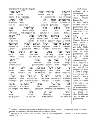 Interlinear Hebraico-Português Enih Gil’ead
103
‫ָה׃‬‫ׅא‬ָֽ ָ‫ש‬ ‫י‬ ִִׁ֖‫ֵת‬‫מ‬‫ֶת־‬‫א‬ ‫ה‬ ֵָ֥‫ְר‬‫ֺא‬ְ‫ק‬ֶ‫א‬ְ‫ו‬23:14
‫ֹון‬ ִ֛‫ְר‬‫פ‬ֶ‫ע‬ ‫ַן‬‫ע‬ַַּ֧‫ׁא‬ַ‫ו‬
„efron vaya‟an shamah meti-„et ve‟eqberah
Efrom E-ele-respondeu lá minha morta-* e-eu-sepultarei
‫ָֹֽו׃‬‫ל‬ ‫ר‬ ֵֹ֥ ‫ֵאמ‬‫ל‬ ‫ם‬ִָׁ֖‫ה‬ ָ‫ְר‬‫ב‬‫ֶת־ַא‬‫א‬23:15
‫ִי‬‫נ‬ ֵֹ֔‫ע‬ָ‫מ‬ְ‫ש‬ ‫ָ֣י‬ִ‫נ‬ֹ ‫ֲד‬‫א‬
shəma‟eni „adoni lo le‟mor „avraham-„et
ouça-me Senhor-meu para-ele para-dizer Abraão-*
‫ֵ֥י‬ִ‫נ‬‫ֵי‬‫ֺא‬ ‫ֶף‬‫ס‬ִֶ֛‫ֶל־׃א‬‫ק‬ָֽ ֶ‫ש‬ ‫ת‬ ַֹּ֧ ‫ֵא‬‫מ‬ ‫ע‬ ַָ֨‫ֺא‬ ְ‫ַאר‬ ֩‫ץ‬ ֶ‫ֶר‬‫א‬
beyni kessef-sheqel me‟ot „arba‟ „erets
entre-mim prata-shequel89
de centenas-de quarto terra-de
‫ָֽר׃‬ֹ ‫ְב‬‫ק‬ ִׁ֖‫ָך‬ְ‫ֵת‬‫מ‬‫ֶת־‬‫א‬ְ‫ו‬ ‫וא‬ִִ֑‫ַה־ה‬‫מ‬ ִׁ֖‫ְָך‬‫נ‬‫ָֽי‬ ֵ‫־אב‬23:16
‫ע‬ַָ֣‫ְמ‬‫ש‬ִ‫ׁא‬ַ‫ו‬
vayishma‟ qever metəcha-ve‟et hi‟-mah uveynecha
E-ele-ouviu sepulta tua morta-e [é]isso?- [o]que e-entre-ti
‫ֶף‬‫ס‬ֶ‫׃א‬ַ‫ה‬‫ֶת־‬‫א‬ ‫ן‬ ֹֹ֔ ‫ְר‬‫פ‬ֶ‫ע‬ְ‫ל‬ ֹ֙‫ָם‬‫ה‬ ָ‫ְר‬‫ב‬‫ַא‬ ‫ל‬ ִֹ֤ ‫ְק‬‫ש‬ִ‫ׁא‬ַ‫ו‬ ‫ְרֹון‬‫פ‬ֶ‫ע‬‫ֶל־‬‫א‬ ֮‫ָם‬‫ה‬ ָ‫ְר‬‫ב‬‫ַא‬
hakessef-„et le‟efron „avraham vayishqol „efron-„el „avraham
a prata-* para-Efrom Abraão e-mediu Efrom-para Abraão
ֹ֙‫ת‬‫ֵאֹו‬‫מ‬ ‫ע‬ִַ֤‫ֺא‬ ְ‫ַאר‬ ‫ת‬ ִֵ֑‫ֵי־ח‬‫נ‬ְ‫ב‬ ‫ָ֣י‬ֵ‫ְנ‬‫ז‬‫ְָא‬‫ֺא‬ ‫ר‬ִֶׁ֖‫ֺא‬ִ‫ּא‬ ‫ר‬ֵֶ֥‫ֲש‬‫א‬
me‟ot „arba‟ chet-vney be‟azney diber „asher
centenas quatro Hete-filhos de aos-ouvidos de dissera que
‫ָֽר׃‬ ֵ‫ֹח‬ ‫ַׇא‬‫ל‬ ‫ר‬ִֵׁ֖‫ֹב‬ ‫ע‬ ‫ֶף‬‫ס‬ ֶֹ֔‫׃א‬ ‫ֶל‬‫ק‬ ֶָ֣‫ש‬23:17
‫׀‬ ‫ָם‬‫ק‬ָָ֣‫ׁא‬ַ‫ו‬
vayaqam lassocher „over kessef sheqel
E-ele-levantou90
para-mercador corrente prata shequel de
‫א‬ ִֵ֑‫ְר‬‫מ‬ַ‫מ‬ ‫ָ֣י‬ֵ‫ְנ‬‫פ‬ִ‫ל‬ ‫ר‬ ִֶׁ֖‫ֲש‬‫א‬ ‫ה‬ ָֹ֔‫ל‬ֵ‫פ‬ְ‫כ‬ַ‫ׅא‬ַ‫ֺא‬ ֹ֙‫ר‬ֶ‫ש‬ֲ‫א‬ ‫ֹון‬ ָ֗‫ְר‬‫פ‬ֶ‫ע‬ ‫ה‬ֵָ֣‫ְד‬‫ׂש‬
mamre‟ lifney „asher bamachpelah „asher „efron sadeh
Manre diante-de que em-Macpela que Efrom campo-de
‫ה‬ ֶֹ֔‫ָד‬‫ש‬ַ‫ֺא‬ ‫ר‬ ֶָ֣‫ֲש‬‫א‬ ֹ֙‫ץ‬ֵ‫ע‬ָ‫ה‬‫ָל־‬‫כ‬ְ‫ו‬ ‫ֹו‬ ֹ֔‫ֶר־ֺא‬‫ש‬ֲ‫א‬ ‫ה‬ ָָ֣‫ָר‬‫ע‬ְ‫ׅא‬ַ‫ה‬ְ‫ו‬ ֹ֙‫ה‬ֶ‫ָד‬‫ש‬ַ‫ה‬
bassadeh „asher haets-vechol bo-„asher vehame‟arah hassadeh
no-campo que a árvore-e tudo de nele-que e-a-cova o-campo
‫ָֽיב׃‬ ִ‫ָב‬‫ס‬ ‫ֹו‬ ִׁ֖‫ֺל‬‫ב‬ְ‫ֻא‬‫ָל־‬‫כ‬ְ‫ֺא‬ ‫ר‬ֵֶ֥‫ֲש‬‫א‬23:18
‫ִׁ֖ה‬ָ‫ְנ‬‫ק‬ִ‫מ‬ְ‫ל‬ ‫ֵ֥ם‬ָ‫ה‬ ָ‫ְר‬‫ב‬‫ְַא‬‫ל‬
lemiqnah le‟avraham saviv gevulo-bechol „asher
por-compra Para-Abraão [ao]redor território dele-em tudo de que
‫ֵ֥י‬ֵ‫ָא‬‫ֺא‬ ‫ל‬ ִֹׁ֖ ‫ְכ‬‫ֺא‬ ‫ת‬ ִֵ֑‫ֵי־ח‬‫נ‬ְ‫ב‬ ‫ָ֣י‬ֵ‫ֵינ‬‫ע‬ְ‫ל‬
ba‟ey bechol chet-vney le‟eyney
[os que]vindo de-tudo-de Hete-filhos de aos-olhos-de
sepultarei ali a
minha morta.
14 E respondeu
Efrom a Abraão,
dizendo-lhe:
15 Meu senhor,
ouve-me; terra de
quatrocentos siclos
de prata, que é isto
entre mim e ti?
Sepulta a tua
morta.
16 ¶ E ouviu
Abraão a Efrom, e
pesou Abraão a
Efrom a prata de
que tinha falado,
aos ouvidos dos
filhos de Hete,
quatrocentos she-
quéis de prata,
[valor] corrente
entre mercadores.
17 E adquiriu o
campo de Efrom,
que [estava] em
Macpela, em frente
a Manre, o campo
e a cova que nele
[estava], e todo o
arvoredo que
[havia] no campo,
e em todo o seu
contorno ao redor,
18 Se confirmou a
Abraão em posses-
são diante dos
olhos dos filhos de
Hete, de todos os
que entravam
89
‫ל‬ֶ‫שֶק‬ sheqel = [medida em] peso; unidade de medida de dinheiro e valores; ver verso 23:16 abaixo, onde Abraão ‫ִשְקל‬‫ׁא‬ yishqol =
“ele pesou” em prata o valor equivalente à possessão do sepulcro de Macpela.
90
‫ָקָם‬‫ׁא‬ yaqam = “ele levantou‟, nesse caso, tem o sentido de “ele-veio-a-pertencer” – ver verso 23:20, abaixo, e também
Levíticos 25:30.
 