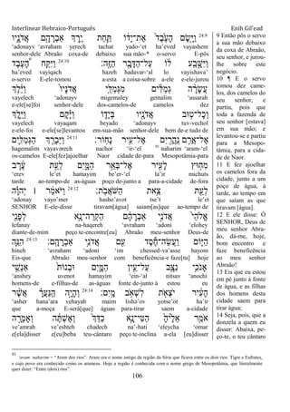 Interlinear Hebraico-Português Enih Gil’ead
106
24:9
‫ִ֑יו‬ָ‫ֹנ‬ ‫ֲד‬‫א‬ ‫ם‬ִָׁ֖‫ה‬ ָ‫ְר‬‫ב‬‫ַא‬ ‫ְך‬ ֶ‫ֵ֥ר‬ֶ‫י‬ ‫ַת‬‫ח‬ִַ֛ ‫ֹו‬ ֹ֔‫ָד‬‫י‬‫ֶת־‬‫א‬ ֹ֙‫ד‬ֶ‫ב‬ֶֹ֙‫ע‬ָ‫ה‬ ‫ֶם‬‫ׂש‬ִָ֤‫ׁא‬ַ‫ו‬
„adonayv „avraham yerech tachat yado-„et ha‟eved vayashem
senhor-dele Abraão coxa-de debaixo sua mão-* o-servo E-pôs
‫ָֽה׃‬ ֶ‫ֿא‬ַ‫ה‬ ‫ר‬ִָׁ֖‫ב‬ָ‫ַּא‬‫ה‬‫ַל־‬‫ע‬ ‫ֹו‬ ֹ֔‫ל‬ ‫ָֽע‬ ַ‫ב‬ ָָ֣‫ִש‬‫ׁא‬ַ‫ו‬24:10
‫ֶד‬‫ב‬ֶ‫ע‬ ֶָּ֠‫ה‬ ‫ח‬ַָ֣ ִ‫ׁא‬ַ‫ו‬
ha‟eved vayiqach hazeh hadavar-„al lo vayishava‟
o-servo E-ele-tomou a-esta a coisa-sobre a-ele e-ele-jurou
‫ְֶך‬‫ל‬ֵֹ֔‫ׁא‬ַ‫ו‬ ֹ֙‫ו‬‫ָי‬‫נ‬ֹ ‫ֲד‬‫א‬ ‫ִ֤י‬ֵ‫ַׄא‬‫מ‬ְ‫ֻא‬ִ‫מ‬ ‫ים‬ִ‫ׄא‬ַ‫מ‬ְ‫ג‬ ‫ה‬ ָָ֨‫ָר‬‫ׂש‬ֲ‫ע‬
vayelech „adonayv migemaley gemalim „assarah
e-ele[se]foi senhor-dele dos-camelos-de camelos dez
‫ְֶך‬‫ל‬ִֵ֛‫ׁא‬ַ‫ו‬ ‫ָם‬‫ק‬ָָ֗‫ׁא‬ַ‫ו‬ ‫ֹו‬ ִ֑‫ָד‬‫י‬ְ‫ֺא‬ ‫ִׁ֖יו‬ָ‫ֹנ‬ ‫ֲד‬‫א‬ ‫־אב‬ ֵ֥‫ָל־ט‬‫כ‬ְ‫ו‬
vayelech vayaqam beyado „adonayv tuv-vechol
e-ele-foi e-ele[se]levantou em-sua-mão senhor-dele bem de-e tudo de
‫ָֹֽור׃‬‫ח‬ָ‫נ‬ ‫ֵ֥יר‬ִ‫ֶל־ע‬‫א‬ ‫ִם‬‫י‬ ִַׁ֖‫ֲר‬‫ה‬ַ ָֽ‫נ‬ ‫ם‬ ֵַ֥‫ֲר‬‫א‬‫ֶל־‬‫א‬24:11
‫ִ֛ים‬ִ‫ַׄא‬‫מ‬ְ‫ֻא‬ַ‫ה‬ ‫ְך‬ ֵַּ֧‫ְר‬‫ב‬ַ‫ׁא‬ַ‫ו‬
hagemalim vayavərech nachor „ir-„el 91
naharim „aram-„el
os-camelos E-ele[fez]ajoelhar Naor cidade de-para Mesopotâmia-para
‫ב‬ ֶ‫ר‬ ֶֹ֔‫ע‬ ‫ת‬ֵָ֣‫ְע‬‫ל‬ ‫ִם‬‫י‬ִָ֑‫ַׅא‬‫ה‬ ‫ר‬ֵָ֣‫ְא‬‫ֺא‬‫ֶל־‬‫א‬ ‫יר‬ִִׁ֖‫ָע‬‫ל‬ ‫־אץ‬ ֵ֥‫ִח‬‫מ‬
„erev le‟et hamayim be‟er-„el la‟ir michuts
tarde ao-tempo-de as-águas poço de-junto a para-a-cidade de-fora
‫ָֽת׃‬ֹ ‫ֲב‬‫א‬ֹ ‫ַש‬‫ה‬ ‫ֵ֥את‬ֵ‫צ‬ ‫ת‬ִֵׁ֖‫ְע‬‫ל‬24:12
‫ה‬ָָ֗‫ו‬‫ְה‬‫י‬ ‫׀‬ ‫ר‬ ַָ֓‫מ‬‫ֹא‬ ‫ַׁא‬‫ו‬
„adonay vayo‟mer hasho‟avot tse‟t le‟et
SENHOR E-ele-disse tiravam[água] saiam[as]que ao-tempo de
‫ִׁ֖י‬ַ‫ָנ‬‫פ‬ְ‫ל‬ ‫ֵ֥א‬ָ‫ה־נ‬ ֵ‫ְר‬‫ק‬ַ‫ה‬ ‫ם‬ ָֹ֔‫ה‬ ָ‫ְר‬‫ב‬‫ַא‬ ‫ָ֣י‬ִ‫נ‬ֹ ‫ֲד‬‫א‬ ֹ֙‫י‬ֵ‫ה‬‫ֱֹל‬‫א‬
lefanay na-haqereh „avraham „adoni „elohey
diante-de-mim peço te-encontre[eu] Abraão meu-senhor Deus-de
‫ָֽם׃‬ ָ‫ה‬ ָ‫ְר‬‫ב‬‫ַא‬ ‫ֵ֥י‬ִ‫נ‬ֹ ‫ֲד‬‫א‬ ‫ם‬ִִׁ֖‫ע‬ ‫ֶד‬‫ס‬ֶ‫ח‬‫ֵה־‬‫ׂש‬ֲ‫ע‬ַ‫ו‬ ‫ֹום‬ִ֑‫ַׁא‬‫ה‬24:13
‫ִ֛ה‬ֵ‫ִ׆א‬‫ה‬
hineh „avraham „adoni „im chessed-va‟asse hayom
Eis-que Abraão meu-senhor com beneficência-e faze[tu] hoje
‫י‬ ֵָ֣‫ְש‬‫נ‬‫ַא‬ ֹ֙‫ת‬‫ְנֹו‬‫ב‬‫־א‬ ‫ִם‬‫י‬ִָ֑‫ַׅא‬‫ה‬ ‫ין‬ֵָ֣‫ַל־ע‬‫ע‬ ‫ב‬ִָׁ֖‫ִצ‬‫נ‬ ‫ֵ֥י‬ִ‫ֹכ‬ ‫ָאנ‬
„anshey uvenot hamayim „ein-„al nitsav „anochi
homens-de e-filhas-de as-águas fonte de-junto à estou eu
‫ִם׃‬‫י‬ָֽ ָ‫מ‬ ‫ב‬ ֵֹ֥ ‫ְא‬‫ש‬ִ‫ל‬ ‫ת‬ ִֹׁ֖ ‫ְא‬‫צ‬ֹ ‫י‬ ‫יר‬ ִֹ֔‫ע‬ָ‫ה‬24:14
‫ר‬ ֶָ֨‫ש‬ֲ‫א‬ ָָ֗‫ֲר‬‫ע‬ַ‫׆א‬ָֽ ַ‫ה‬ ‫ָ֣ה‬ָ‫י‬ָ‫ה‬ְ‫ו‬
„asher hana‟ara vehayah maim lishə‟ov yotse‟ot ha‟ir
que a-moça E-será[que] águas para-tirar saem a-cidade
‫ה‬ ָָ֣‫ְר‬‫מ‬‫ְָא‬‫ו‬ ‫ה‬ ֶֹ֔ ְ‫ש‬ֶ‫א‬ְ‫ו‬ ֹ֙‫ְך‬ֵ‫ַּא‬‫כ‬ ‫ִ֤א‬ָ‫ִי־נ‬‫׀א‬ַ‫ה‬ ָֹ֙‫ה‬‫ֹ֙י‬ֶ‫ל‬ֵ‫א‬ ‫ר‬ִַ֤‫ֹמ‬ ‫א‬
ve‟amrah ve‟eshteh chadech na‟-hati „eleycha „omar
e[ela]disser e[eu]beba teu-cântaro peço te-inclina a-ela [eu]disser
9 Então pôs o servo
a sua mão debaixo
da coxa de Abraão,
seu senhor, e jurou-
lhe sobre este
negócio.
10 ¶ E o servo
tomou dez came-
los, dos camelos do
seu senhor, e
partiu, pois que
toda a fazenda de
seu senhor [estava]
em sua mão; e
levantou-se e partiu
para a Mesopo-
tâmia, para a cida-
de de Naor.
11 E fez ajoelhar
os camelos fora da
cidade, junto a um
poço de água, à
tarde, ao tempo em
que saíam as que
tiravam [água].
12 E ele disse: Ó
SENHOR, Deus de
meu senhor Abra-
ão, dá-me, hoje,
bom encontro e
faze beneficência
ao meu senhor
Abraão!
13 Eis que eu estou
em pé junto à fonte
de água, e as filhas
dos homens desta
cidade saem para
tirar água;
14 Seja, pois, que a
donzela a quem eu
disser: Abaixa, pe-
ço-te, o teu cântaro
91
„aram naharim = “Aram dos rios”. Aram era o nome antigo da região da Síria que ficava entre os dois rios: Tigre e Eufrates,
e cujo povo era conhecido como os arameus. Hoje a região é conhecida com o nome grego de Mesopotâmia, que literalmente
quer dizer: “Entre (dois) rios”.
 