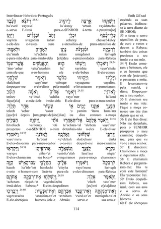 Interlinear Hebraico-Português Enih Gil’ead
114
‫ָֽה׃‬ ָ‫ַיהו‬ ָֽ‫ל‬ ‫ָה‬‫צ‬ ְ‫ר‬ִַׁ֖‫א‬ ‫ח־א‬ֵַ֥ ְ‫ש‬ִ‫ׁא‬ַ‫ו‬24:53
‫ֶד‬‫ב‬ֶ‫ע‬ָ‫ה‬ ‫א‬ ֵָ֨‫צ‬‫ַׁאֹו‬‫ו‬
ha‟eved vayotse‟ la‟donay „artsah vayishtachu
o-servo E-tirou para-o-SENHOR à-terra e-prostrou[se]
‫ן‬ ִֵׁ֖ ִ‫ׁא‬ַ‫ו‬ ‫ים‬ ִֹ֔‫ָד‬‫ג‬ְ‫ב‬‫־א‬ ֹ֙‫ב‬ָ‫ה‬ָ‫ז‬ ‫ִ֤י‬ֵ‫ְל‬‫כ‬‫־א‬ ‫ֶף‬‫ס‬ ֶָ֨‫כ‬‫ֵי־‬‫ל‬ְ‫׃א‬
vayiten uvegadim zahav ucheley chessef-keley
e-ele-deu e-vestes ouro e-utensílios-de prata-utensílios de
‫ָֽֽא׃‬ ָ‫ִׅא‬‫א‬ְ‫ל‬‫־א‬ ָ‫ה‬‫י‬ ִִׁ֖‫ְָאח‬‫ל‬ ‫ן‬ֵַ֥‫ָת‬‫נ‬ ‫ת‬ ֹֹ֔ ‫נ‬ָ‫ְּא‬‫ג‬ ִָ֨‫מ‬‫־א‬ ‫ה‬ ִָ֑‫ְק‬‫ב‬ ִ‫ְר‬‫ל‬
ule‟imah le‟achiha natan umigdanot lerivqah
e-para-mãe-dela para-irmão-dela [ele]deu e-preciosidades para-Rebeca
24:54
‫ֹו‬ ִׁ֖‫ִׅא‬‫ע‬‫ֶר־‬‫ש‬ֲ‫א‬ ‫ים‬ִֵ֥‫ָש‬‫נ‬ֲ‫א‬ָ‫ה‬ְ‫ו‬ ‫־אא‬ ִ֛‫ה‬ ‫־א‬ ָ֗ ְ‫ש‬ִ‫ׁא‬ַ‫ו‬ ‫־א‬ ָ֣‫ְל‬‫כ‬‫ֹא‬ ‫ַׁא‬‫ו‬
„imo-„asher veha‟anashim hu‟ vayishtu vayo‟chelu
com ele-que e-os-homens ele e-ele-bebeu E-ele-comeu
‫ִי‬‫נ‬ֵֺ֥‫ְח‬‫ׄא‬ַ‫ש‬ ‫ֶר‬‫מ‬‫א‬ִֹׁ֖ ‫ַׁא‬‫ו‬ ‫ֶר‬‫ק‬ ֹֹ֔ ‫ַֺא‬‫ב‬ ‫־אמ־א‬ ָ֣‫ָק‬‫ׁא‬ַ‫ו‬ ‫ִ֑ינ־א‬ִ‫ָל‬‫ׁא‬ַ‫ו‬
shalchuni vayo‟mer vaboqer vayaqumu vayalinu
despeçam-me e-ele-disse pela-manhã e-levantaram e-pernoitaram
‫ָֽי׃‬ ִ‫נ‬ֹ ‫ַאד‬ ָֽ‫ל‬24:55
‫ב‬ ֵָ֨‫ש‬ֵ ‫ֽא‬ ָֹ֔‫ׅא‬ִ‫א‬ְ‫ו‬ ָֹ֙‫ה‬‫י‬ִֹ֙‫ח‬‫ָא‬ ‫ֶר‬‫מ‬‫ִ֤א‬ֹ ‫ַׁא‬‫ו‬
teshev ve‟imah „achiha vayo‟mer la‟doni
fique[ela] e-mãe-dela irmão-dela E-ele-disse para-o-meu-senhor
‫ְָֽך׃‬ ֵ‫ל‬ֵ ‫ר‬ ִַׁ֖‫ַאח‬ ‫ֹור‬ ִ֑‫ָׂש‬‫ע‬ ‫ֹו‬ ָ֣‫א‬ ‫ים‬ִִׁ֖‫ָמ‬‫י‬ ‫נ־א‬ִָ֛ ִ‫א‬ ֵָ֥‫ֲר‬‫ע‬ַ‫׆א‬ַ‫ה‬
telech „achar „assor „o yamim „itanu hana‟ara
[que]vá depois [um grupo de]dez[dias] ou dias conosco a-moça
24:56
ַ‫ח‬‫ָ֣י‬ִ‫ְל‬‫צ‬ִ‫ה‬ ‫ִׁ֖ה‬ָ‫ַיהו‬ ָֽ‫ו‬ ‫י‬ ִֹ֔‫ֹת‬ ‫א‬ ‫־א‬ ָ֣‫ֲר‬‫ח‬‫ַא‬ְ ‫ַאל־‬ ֹ֙‫ֶם‬‫ה‬ֵ‫ל‬ֲ‫א‬ ‫ֶר‬‫מ‬‫ִ֤א‬ֹ ‫ַׁא‬‫ו‬
hitsəliach va‟donay „oti te‟acharu-„al „alehem vayo‟mer
prosperou e-o-SENHOR a-mim detenhais-não a-eles E-ele-disse
‫ָֽי׃‬ ִ‫נ‬ֹ ‫ַאד‬ ָֽ‫ל‬ ‫ה‬ִָׁ֖‫ְכ‬‫ל‬ֵ‫א‬ְ‫ו‬ ‫ִי‬‫נ‬‫־א‬‫ְח‬‫ׄא‬ַ‫ש‬ ‫י‬ִִ֑‫׃א‬ ְ‫ר‬ַ‫ּא‬24:57
‫־א‬ ִׁ֖‫ְר‬‫מ‬‫ֹא‬ ‫ַׁא‬‫ו‬
vayo‟meru la‟doni ve‟elchah shaləchuni darki
E-eles-disseram para-meu-senhor e-eu-irei despedí-me meu-caminho
‫ָ׃‬‫ה‬‫ָֽי‬ ִ‫ֶת־פ‬‫א‬ ‫ִׁ֖ה‬ָ‫ֲל‬‫א‬ְ‫ש‬ִ‫נ‬ְ‫ו‬ ִָ֑‫ֲר‬‫ע‬ַ‫׆א‬ָֽ ַ‫ל‬ ‫א‬ ָָ֣‫ְר‬‫ק‬ִ‫נ‬24:58
‫־א‬ ִ֤‫א‬ ְ‫ְר‬‫ק‬ִ‫ׁא‬ַ‫ו‬
vayiqru piha-„et venishə‟alah lana‟ara niqra‟
E-eles-chamaram sua boca-* e-inquiramos para-a-moça chamemos
‫ִ֑ה‬ֶ‫ֿא‬ַ‫ה‬ ‫יש‬ִָ֣‫ָא‬‫ה‬‫ִם־‬‫ע‬ ‫י‬ִִׁ֖‫ְכ‬‫ל‬ֵ‫ֲת‬‫ה‬ ָ‫ה‬‫י‬ ֶֹ֔‫ל‬ֵ‫א‬ ‫־א‬ ָ֣‫ְר‬‫מ‬‫ֹא‬ ‫ַׁא‬‫ו‬ ֹ֙‫ָה‬‫ק‬ְ‫ב‬ ִ‫ְר‬‫ל‬
hazeh ha‟ish-„im hateləchi „eleyha vayo‟meru lerivqah
o-este o homem-com ?irás-tu para-ela e-eles-disseram para-Rebeca
‫ְָֽך׃‬ ֵ‫ֵל‬‫א‬ ‫ֶר‬‫מ‬‫א‬ ִֹׁ֖ ַ‫ו‬24:59
‫ם‬ ִָׁ֖‫ֹת‬ ‫ֲח‬‫א‬ ‫ה‬ ֵָ֥‫ְק‬‫ב‬ ִ‫ֶת־ר‬‫א‬ ‫־א‬ ִ֛‫ְח‬‫ׄא‬ַ‫ש‬ְ‫י‬ָֽ ַ‫ו‬
„achotam rivqah-„et vayeshaləchu „elech vato‟mer
irmã-deles Rebeca-* E-eles-despediram [eu]irei e[ela]disse
‫ָֽיו׃‬ ָ‫ָש‬‫נ‬ֲ‫א‬‫ֶת־‬‫א‬ְ‫ו‬ ‫ם‬ִָׁ֖‫ה‬ ָ‫ְר‬‫ב‬‫ַא‬ ‫ֶד‬‫ב‬ֵֶ֥‫ֶת־ע‬‫א‬ְ‫ו‬ ‫ֽא‬ ִָ֑ ְ‫ק‬ִ‫נ‬ֵ‫מ‬‫ֶת־‬‫א‬ְ‫ו‬24:60
‫־א‬ ִ֤‫כ‬ ֲ‫ָר‬‫ב‬ְ‫י‬ַ‫ו‬
vayevarachu „anashim-ve‟et „avraham „eved-ve‟et meniqtah-ve‟et
E-ele-abençoou homens dele-e Abraão servo-e sua ama-e
ouvindo as suas
palavras, inclinou-
se à terra diante do
SE-NHOR;
53 e tirou o servo
utensílios de prata,
de ouro e vestes e
deu-os a Rebeca;
também deu coisas
preciosas a seu
irmão e a sua mãe.
54 ¶ Então come-
ram e beberam, ele
e os homens que
com ele [estavam],
e passaram a noite.
E levantaram-se
pela manhã, e
disse: Despeçam-
me a meu senhor.
55 E disseram seu
irmão e sua mãe:
Fique a moça co-
nosco uns dez dias
depois que se vá.
56 E ele lhes disse:
Não me detenhais,
pois o SENHOR
prosperou o meu
caminho; despedí-
me, para que eu
volte a meu senhor.
57 E disseram:
Chamemos a moça
e inquiramos dela.
58 E chamaram
Rebeca e pergunta-
ram-lhe: Irás tu
com este homem?
Ela respondeu: Irei.
59 Então despedi-
ram Rebeca, sua
irmã, com sua ama
e o servo de
Abraão e os seus
homens.
60 E ele abençoou
 