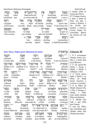 Interlinear Hebraico-Português Enih Gil’ead
116
‫ָֽה׃‬ ָ‫ָׂש‬‫ע‬ ‫ר‬ֵֶ֥‫ֲש‬‫א‬ ‫ים‬ ִִׁ֖‫ָר‬‫ב‬ְ‫ַּא‬‫ה‬‫ָל־‬‫׃א‬ ‫ֵ֥ת‬ֵ‫א‬ ‫ק‬ִָ֑‫ְח‬‫צ‬ִ‫י‬ְ‫ל‬ ‫ֶד‬‫ב‬ִֶׁ֖‫ָע‬‫ה‬
„assah „asher hadevarim-kol „et leyitschaq ha‟eved
[ele]fizera que as coisas-tudo de * para-Isaque o-servo
24:67
‫ח‬ַַּ֧ ִ‫ׁא‬ַ‫ו‬ ‫ֹו‬ ֹ֔‫ִׅא‬‫א‬ ‫ה‬ ָָ֣‫ָר‬‫ׂש‬ ֹ֙‫ָה‬‫ל‬ֱ‫ה‬ֹֹ֙ ‫ָא‬‫ה‬ ‫ק‬ ָָ֗‫ח‬ְ‫צ‬ִ‫י‬ ָ‫ה‬ֶָ֣‫ִא‬‫ב‬ְ‫י‬ַ‫ו‬
vayiqach „imo sarah ha‟ohelah yitschaq vayevi‟eha
e-ele-tomou sua-mãe Sarah para-a-tenda Isaque E-ele-trouxe-ela
ָ‫ה‬ִֶ֑‫ָב‬‫ה‬ֱ‫א‬ֶ‫ׁא‬ַ‫ו‬ ‫ה‬ ִָׁ֖‫ִש‬‫א‬ְ‫ל‬ ‫ֹו‬ ֵ֥‫ִי־ל‬‫ה‬ְ ַ‫ו‬ ‫ה‬ ִָ֛‫ְק‬‫ב‬ ִ‫ֶת־ר‬‫א‬
vaye‟ehaveha le‟ishah lo-vatehi rivqah-„et
e-ele-a-amou por-mulher para ele-e[ela]foi Rebeca-*
‫ָֹֽו׃‬‫ׅא‬ִ‫א‬ ‫י‬ ֵֵ֥‫ֲר‬‫ח‬‫ַא‬ ‫ק‬ִָׁ֖‫ְח‬‫צ‬ִ‫י‬ ‫ֵ֥ם‬ֵ‫ָח‬‫׆א‬ִ‫ׁא‬ַ‫ו‬‫פ‬
„imo acharey yitschaq vayinachem
sua-mãe depois Isaque e-ele[foi]consolado
a Isaque todas as
coisas que fizera.
67 E Isaque trouxe-
a para a tenda de
Sara, sua mãe, e
tomou a Rebeca, e
ela foi-lhe por
mulher, e amou-a.
Assim, Isaque foi
consolado depois
da [morte] de sua
mãe.
Sobe | Desce | Índice geral | Dicionário de nomes ‫ִית‬‫ש‬‫א‬ ֵ‫ְר‬‫ֺא‬ Gênesis 25
25:1
‫ֵֽ֥א‬ָ‫ְמ‬‫ש‬‫־א‬ ‫ה‬ ִָׁ֖‫ִש‬‫א‬ ‫ֵ֥ח‬ַ ִ‫ׁא‬ַ‫ו‬ ‫ִ֛ם‬ָ‫ה‬ ָ‫ְר‬‫ב‬‫ַא‬ ‫ֶף‬‫ס‬ַֹּ֧ ‫ַׁא‬‫ו‬
ushemah „ishah vayiqach „avraham vayossef
e-nome-dela mulher e-ele-tomou Abraão E-ele-novamente
‫ה׃‬ָֽ ָ‫ְט־אר‬‫ק‬25:2
‫ן‬ ִָׁ֖‫ְד‬‫מ‬‫ֶת־‬‫א‬ְ‫ו‬ ‫ן‬ ָֹ֔‫ש‬ְ‫ק‬ָ‫י‬‫ֶת־‬‫א‬ְ‫ו‬ ֹ֙‫ן‬ ָ‫ְר‬‫מ‬ִ‫ז‬‫ֶת־‬‫א‬ ‫ֹו‬ ָ֗‫ל‬ ‫ֶד‬‫ל‬ֵָ֣ ַ‫ו‬
medan-ve‟et yaqshan-ve‟et zimran-„et lo vateled qeturah
Medã-e Jocsã-e Zinrã-* a-ele E[ela]gerou Quetura
‫ַ׃‬‫ח‬‫ָֽ־א‬‫ש‬‫ֶת־‬‫א‬ְ‫ו‬ ‫ק‬ִָׁ֖‫ְֺא‬‫ש‬ִ‫י‬‫ֶת־‬‫א‬ְ‫ו‬ ‫ִ֑ן‬ָ‫י‬ְ‫ִד‬‫מ‬‫ֶת־‬‫א‬ְ‫ו‬25:3
‫ד‬ ַֹ֔‫ל‬ָ‫י‬ ‫ן‬ ָָ֣‫ְש‬‫ק‬ָ‫י‬ְ‫ו‬
yalad veyaqshan shuach-ve‟et yishbaq-ve‟et midyan-ve‟et
gerou E-Jocsã Suá-e Jisbaque-e Midiã-e
‫ם‬ ִֵ֥‫ַש־אר‬‫א‬ ‫ִ֛־א‬‫י‬ָ‫ה‬ ‫ן‬ ָֹ֔‫ד‬ְ‫ד‬ ‫ָ֣י‬ֵ‫ְנ‬‫ב‬‫־א‬ ‫ן‬ ִָ֑‫ד‬ְ‫ֶת־ּא‬‫א‬ְ‫ו‬ ‫א‬ִָׁ֖‫ְב‬‫ש‬‫ֶת־‬‫א‬
„ashurim hayiu dedan uvney dedan-ve‟et sheva‟-„et
Assurim [eles]foram Dedã e-filhos-de Dedã-e Seba-*
‫ָֽים׃‬ ִ‫ֺׅא‬‫א‬ְ‫ל‬‫־א‬ ‫ים‬ ִִׁ֖‫ְט־אש‬‫ל‬‫־א‬25:4
ֹ֙‫ר‬ֶ‫פ‬ֵֹ֙‫ע‬ָ‫ו‬ ‫ִ֤ה‬ָ‫ֵיפ‬‫ע‬ ‫ן‬ָָ֗‫י‬ְ‫ִד‬‫מ‬ ‫ָ֣י‬ֵ‫ְנ‬‫ב‬‫־א‬
va‟efer „eyfah midyan uvney ule‟umim uletushim
e-Efer Efá Midiã E-filhos-de e-Leumim e-Letusim
‫ה׃‬ָֽ ָ‫ְט־אר‬‫ק‬ ‫ֵ֥י‬ֵ‫ְנ‬‫ֺא‬ ‫ֶה‬‫ׄא‬ִֵׁ֖‫ָל־א‬‫׃א‬ ‫ה‬ִָ֑‫ע‬ָ‫ְּא‬‫ל‬ֶ‫א‬ְ‫ו‬ ‫ע‬ ִָׁ֖‫ִיד‬‫ב‬ֲ‫א‬ַ‫ו‬ ‫ְך‬ ֹֹ֔ ‫ֲנ‬‫ח‬ַ‫ו‬
qeturah bney „eleh-kol ve‟elda‟ah va‟avida‟ vachanoch
Quetura filhos-de estes-tudo de e-Elda e-Abida e-Enoque
25:5
‫ָֽק׃‬ ָ‫ְח‬‫צ‬ִ‫י‬ְ‫ל‬ ‫ֹו‬ ִׁ֖‫ֶר־ל‬‫ש‬ֲ‫א‬‫ָל־‬‫׃א‬‫ֶת־‬‫א‬ ‫ִ֛ם‬ָ‫ה‬ ָ‫ְר‬‫ב‬‫ַא‬ ‫ן‬ֵַּ֧ ִ‫ׁא‬ַ‫ו‬25:6
‫ִ֤י‬ֵ‫ְנ‬‫ב‬ִ‫ל‬ְ‫ו‬
velivney leyitschaq lo-„asher-kol-„et „avraham vayiten
E-para-filhos-de para-Isaque a ele-que-tudo de-* Abraão e-ele-deu
‫ת‬ִֹ֑ ‫נ‬ָ ַ‫מ‬ ‫ם‬ִָׁ֖‫ה‬ ָ‫ְר‬‫ב‬‫ַא‬ ‫ן‬ֵַ֥‫ָת‬‫נ‬ ‫ם‬ ָֹ֔‫ה‬ ָ‫ְר‬‫ב‬‫ְַא‬‫ל‬ ‫ר‬ ֶָ֣‫ֲש‬‫א‬ ֹ֙‫ִים‬‫ש‬ְ‫ג‬ַ‫ל‬‫ָֽי‬ ִ‫ַפ‬‫ה‬
matanot „avraham natan le‟avraham „asher hapilagshim
presentes Abraão [ele]deu para-Abraão que as-concumbinas
1 ¶ E novamente
Abraão tomou mu-
lher e o nome dela
[era] Quetura.
2 E ela gerou-lhe
Zinrã, e Jocsã, e
Medã, e Midiã, e
Jisbaque, e Suá.
3 E Jocsã gerou
Seba e Dedã; e os
filhos de Dedã
foram Assurim, e
Letusim e Leumim.
4 E os filhos de
Midiã [foram] Efá,
e Efer, e Enoque, e
Abida, e Elda;
estes todos [foram]
filhos de Quetura.
5 E Abraão deu
tudo o que tinha
para Isaque;
6 mas aos filhos
das concubinas que
Abraão tinha, deu
Abraão presentes,
 
