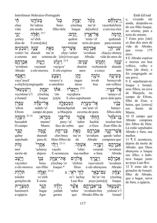 Interlinear Hebraico-Português Enih Gil’ead
117
‫י‬ ַֹ֔‫ח‬ ‫׆א־א‬ֶָ֣‫ְעֹוד‬‫ֺא‬ ֹ֙‫ֹו‬‫ְנ‬‫ֺא‬ ‫ק‬ִָ֤‫ְח‬‫צ‬ִ‫י‬ ‫ל‬ ַָ֨‫ע‬ֵ‫מ‬ ‫ם‬ ִֵ֞‫ח‬ְ‫ׄא‬ַ‫ש‬ְ‫י‬ָֽ ַ‫ו‬
chay be‟odenu beno yitschaq me‟al vayeshalchem
vida em-ainda filho-dele Isaque de[sobre] e-enviou-eles
‫ם׃‬ֶ‫ד‬ָֽ ֶ‫ק‬ ‫ץ‬ ֶ‫ֵ֥ר‬ֶ‫ֶל־א‬‫א‬ ‫ָה‬‫מ‬ְ‫ד‬ ִֵׁ֖‫ק‬25:7
‫ִ֛י‬ֵ‫ְמ‬‫י‬ ‫ֶה‬‫ׄא‬ ֵָ֗‫א‬ְ‫ו‬
yemey ve‟eleh qedem „erets-„el qedemah
dias-de E-estes[são] oriente terra do-para para-oriente
‫ֵ֥ים‬ִ‫ְע‬‫ב‬ִ‫ש‬ְ‫ו‬ ‫ִ֛ה‬ָ‫ָנ‬‫ש‬ ‫ֵ֥ת‬ַ‫ְא‬‫מ‬ ‫י‬ ִָ֑‫ֶר־ח‬‫ש‬ֲ‫א‬ ‫ם‬ִָׁ֖‫ה‬ ָ‫ְר‬‫ב‬‫ַא‬ ‫ֵ֥י‬ֵ‫ׁא‬ַ‫ח‬‫ָֽי־‬ ֵ‫ְנ‬‫ש‬
veshiv‟im shanah me‟at chay-„asher „avraham chayey-shəney
e-setenta ano centena-de [ele]viveu-que Abraão vida de-anos de
‫ָֽים׃‬ ִ‫נ‬ָ‫ש‬ ‫ֵ֥ש‬ֵ‫ָמ‬‫ח‬ְ‫ו‬ ‫ִׁ֖ה‬ָ‫ָנ‬‫ש‬25:8
‫ִ֛ם‬ָ‫ה‬ ָ‫ְר‬‫ב‬‫ַא‬ ‫ָת‬‫מ‬ַָּ֧‫ׁא‬ַ‫ו‬ ‫ע‬ַָ֨‫ו‬ְ‫ג‬ִ‫ׁא‬ַ‫ו‬
„avraham vayamat vayigva‟ shanim vechamesh shanah
Abraão e-ele-morreu E-ele-expirou anos e-cinco ano
‫ֶף‬‫ס‬ִָׁ֖‫ֵא‬‫ׁא‬ַ‫ו‬ ַ‫ע‬ִֵ֑‫ָב‬‫ׂש‬ְ‫ו‬ ‫ן‬ ֵָ֣‫ָק‬‫ז‬ ‫ה‬ִָׁ֖‫טֹוב‬ ‫ֵ֥ה‬ָ‫ֵיב‬‫ׂש‬ְ‫ֺא‬
vaye‟assef vessave‟a zaqen tovah besseyvah
e-ele[foi]congregado e-satisfeito idoso boa em-velhice
‫ָֽיו׃‬ ָ‫ַׅא‬‫ע‬‫ֶל־‬‫א‬25:9
ֹ֙‫ל‬‫ֵא‬‫ע‬ָ‫מ‬ְ‫ש‬ִ‫י‬ְ‫ו‬ ‫ק‬ִָ֤‫ְח‬‫צ‬ִ‫י‬ ‫ֹו‬‫ֹת‬ ‫א‬ ‫־א‬ ָ֨‫ְר‬‫ֺא‬ְ‫ק‬ִ‫ׁא‬ַ‫ו‬
veyishma‟e‟l yitschaq „oto vayiqberu „amayv-el
e-Ismael Isaque [a]ele E-eles-sepultaram povo dele-para
‫ן‬ ִֹ֤ ‫ְר‬‫פ‬ֶ‫ע‬ ‫ה‬ ִֵ֞‫ְד‬‫ׂש‬‫ֶל־‬‫א‬ ‫ִ֑ה‬ָ‫ֵל‬‫פ‬ְ‫כ‬ַ‫ׅא‬ַ‫ה‬ ‫ת‬ ִַׁ֖‫ָר‬‫ע‬ְ‫מ‬‫ֶל־‬‫א‬ ‫יו‬ ָֹ֔‫נ‬ָ‫ֺא‬
„efron sedeh-„el hamachpelah me‟arat-„el banayv
Efrom campo de-para a-Macpela caverna de-para filhos-dele
‫א׃‬ָֽ ֵ‫ְר‬‫מ‬ַ‫מ‬ ‫ֵ֥י‬ֵ‫ְנ‬‫פ‬‫ַל־‬‫ע‬ ‫ר‬ ִֶׁ֖‫ֲש‬‫א‬ ‫י‬ ִֹ֔ ִ‫ח‬ָֽ ַ‫ה‬ ֹ֙‫ר‬ַ‫ח‬ֹֹ֙ ‫ֶן־צ‬‫ֺא‬25:10
‫ה‬ִֶ֛‫ָד‬‫ש‬ַ‫ה‬
hassadeh mamre‟ pney-„al „asher hachiti tsochar-ben
O-campo Manre face de-sobre que o-Eteu Zoar-filho de
‫ֵ֥ר‬ַ‫ֺֺא‬‫ק‬ ‫ָה‬‫ׅא‬ִָ֛‫ש‬ ‫ת‬ ִֵ֑‫ֵי־ח‬‫נ‬ְ‫ֺא‬ ‫ת‬ֵָ֣‫ֵא‬‫מ‬ ‫ם‬ִָׁ֖‫ה‬ ָ‫ְר‬‫ב‬‫ַא‬ ‫ֵ֥ה‬ָ‫ָנ‬‫ק‬‫ֶר־‬‫ש‬ֲ‫א‬
qubar shamah chet-bney me‟et „avraham qanah-„asher
sepultado para-lá Hete-filhos de de Abraão comprara-que
‫ֹו׃‬ָֽ ְ‫ש‬ִ‫א‬ ‫ה‬ ֵָ֥‫ָר‬‫ׂש‬ְ‫ו‬ ‫ם‬ִָׁ֖‫ה‬ ָ‫ְר‬‫ב‬‫ַא‬25:11
‫ֹות‬ ָ֣‫מ‬ ֹ֙‫י‬ ֵ‫ֲר‬‫ח‬‫ַא‬ ‫י‬ ִָ֗‫ה‬ְ‫י‬ַ‫ו‬
mot „acharey vayehi „ishto vesarah „avraham
morte-de depois E-aconteceu sua-mulher e-Sara Abraão
‫ֶב‬‫ש‬ֵָ֣‫ׁא‬ַ‫ו‬ ‫ֹו‬ִ֑‫ְנ‬‫ֺא‬ ‫ק‬ָָ֣‫ְח‬‫צ‬ִ‫י‬‫ֶת־‬‫א‬ ‫ים‬ִִׁ֖‫ֱֹלה‬‫א‬ ‫ְך‬ ֶ‫ֵ֥ר‬ָ‫ְב‬‫י‬ַ‫ו‬ ‫ם‬ ָֹ֔‫ה‬ ָ‫ְר‬‫ב‬‫ַא‬
vayeshev beno yitschaq-„et „elohim vayevarech „avraham
e-ele-morava seu-filho Isaque-* Deus e-ele-abençoou Abraão
‫ָֽי׃‬ ִ‫ֹא‬ ‫ר‬ ‫י‬ ִַׁ֖‫ַח‬‫ל‬ ‫ֵ֥ר‬ֵ‫ְא‬‫ֺא‬‫ִם־‬‫ע‬ ‫ק‬ ָֹ֔‫ח‬ְ‫צ‬ִ‫י‬‫ס‬25:12
‫ת‬ ֵֹ֥ ‫ְד‬‫ל‬ֹ ‫ֶה‬‫ׄא‬ִֵ֛‫ְא‬‫ו‬
toledot ve‟eleh ro‟i lachay be‟er-„im yitschaq
gerações-de E-estas Laai-Roi poço-junto[a] Isaque
‫ית‬ ִִ֛‫ְר‬‫צ‬ִ‫ׅא‬ַ‫ה‬ ‫ַּ֧ר‬ָ‫ָג‬‫ה‬ ‫ה‬ָ‫ְד‬‫ל‬ָ‫י‬ ‫ר‬ ֶָ֨‫ש‬ֲ‫א‬ ‫ם‬ִָ֑‫ה‬ ָ‫ְר‬‫ב‬‫ֶן־ַא‬‫ֺא‬ ‫אל‬ִֵׁ֖‫ָע‬‫מ‬ְ‫ש‬ִ‫י‬
hamitserit hagar yaldah „asher „avraham-ben yishma‟e‟l
a-egípcia Agar gerara que Abraão-filho de Ismael
e, vivendo ele
ainda, despediu-os
do seu filho Isaque,
ao oriente, para a
terra do oriente.
7 Estes pois [são]
os dias dos anos da
vida de Abraão,
que viveu 175
anos.
8 E Abraão expirou
e morreu em boa
velhice, velho e
farto [de dias]; e
foi congregado ao
seu povo.
9 E sepultaram-no
Isaque e Ismael,
seus filhos, na cova
de Macpela, no
campo de Efrom,
filho de Zoar, o
heteu, que [estava]
em frente de
Manre,
10 O campo que
Abraão comprara
dos filhos de Hete.
Lá estão sepultados
Abraão e Sara, sua
mulher.
11 ¶ E aconteceu,
depois da morte de
Abraão, que Deus
abençoou a Isaque
seu filho; e habi-
tava Isaque junto
ao poço Laai-Roi.
12 E estas são as
gerações de Ismael,
filho de Abraão,
que a hagar, serva
de Sara, a egípcia,
 