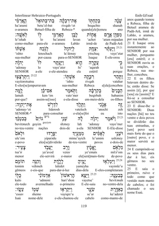 Interlinear Hebraico-Português Enih Gil’ead
119
‫י‬ ִֹ֔‫ׅא‬ ַ‫ֲר‬‫א‬ָ ָֽ‫ה‬ ֹ֙‫ל‬ֵ‫א‬‫ְת־א‬‫ֺא‬‫ַת־‬‫ֺא‬ ‫ה‬ ָָ֗‫ק‬ְ‫ב‬ ִ‫ֶת־ר‬‫א‬ ‫ֹו‬ ָ֣ ְ‫ח‬ַ‫ק‬ְ‫ֺא‬ ‫ה‬ ָֹ֔‫נ‬ָ‫ש‬
ha‟arami betu‟el-bat rivqah-„et beqachto shanah
o-arameu Betuel-filha de Rebeca-* quando[ele]tomou ano
‫ָֽה׃‬ ָ‫ִש‬‫א‬ְ‫ל‬ ‫ֹו‬ ֵ֥‫ל‬ ‫י‬ִִׁ֖‫ׅא‬ ַ‫ֲר‬‫א‬ָ‫ה‬ ‫ֵ֥ן‬ָ‫ָב‬‫ל‬ ‫ֹות‬ ִ֛‫ֲח‬‫א‬ ‫ם‬ ִָ֑‫ֲר‬‫א‬ ‫ן‬ִַׁ֖‫ַּא‬‫פ‬ִ‫מ‬
le‟ishah lo ha‟arami lavan „achot „aram mipadan
como-mulher para-ele o-arameu Labão irmã-de de Padã-Arã
25:21
‫ֹו‬ ֹ֔ ְ‫ש‬ִ‫א‬ ‫ַח‬‫כ‬ָֹ֣ ‫ְנ‬‫ל‬ ֹ֙‫ָה‬‫ו‬‫ַיה‬ ָֽ‫ל‬ ‫ק‬ִָ֤‫ְח‬‫צ‬ִ‫י‬ ‫ר‬ ַָ֨ ְ‫ע‬ֶ‫ׁא‬ַ‫ו‬
„ishto lenochach la‟donay yitschaq vaye‟etar
sua-mulher por-causa para-o-SENHOR Isaque E-ele-orou
‫ה‬ָֹ֔‫ו‬‫ְה‬‫י‬ ֹ֙‫ֹו‬‫ל‬ ‫ר‬ֶ‫ת‬ִָ֤‫ֵע‬‫ׁא‬ַ‫ו‬ ‫וא‬ִִ֑‫ה‬ ‫ה‬ ִָׁ֖‫ָר‬‫ק‬ֲ‫ע‬ ‫ֵ֥י‬ִ‫׃א‬
„adonay lo vaye‟ater hi‟ „aqarah ki
SENHOR a-ele e-ele-atendeu ela estéril porque
‫ֹו׃‬ָֽ ְ‫ש‬ִ‫א‬ ‫ה‬ ֵָ֥‫ְק‬‫ב‬ ִ‫ר‬ ‫ַר‬‫ה‬ ִַׁ֖ ַ‫ו‬25:22
‫־א‬ ִ֤‫ֲצ‬‫צ‬ ָֹֽ ‫ר‬ְ‫ִת‬‫ׁא‬ַ‫ו‬
vayitərotsatsu „ishto rivqah vatahar
E-eles[se]empurravam sua-mulher Rebeca e[ela]concebeu
‫ָה‬‫ׅא‬ֵָ֥‫ל‬ ‫ן‬ ֵֹ֔‫׃א‬‫ִם־‬‫א‬ ‫ֶר‬‫מ‬‫א‬ ָֹ֣ ַ‫ו‬ ‫ֽא‬ ָֹ֔‫ֺא‬ ְ‫ִר‬‫ק‬ְ‫ֺא‬ ֹ֙‫ִים‬‫נ‬ָ‫ֺא‬ַ‫ה‬
lamah ken-„im vato‟mer beqirbah habanim
por-que? assim-se[isso] e-ela-disse em-meio-dela os-filhos
‫ָֽה׃‬ ָ‫ְהו‬‫י‬‫ֶת־‬‫א‬ ‫ש‬ ֵֹ֥ ‫ר‬ְ‫ִד‬‫ל‬ ‫ְֶך‬‫ל‬ ִֵׁ֖ ַ‫ו‬ ‫ִי‬‫כ‬ִֹ֑ ‫ָאנ‬ ‫ִׁ֖ה‬ֶ‫ֿא‬
„adonay-„et liderosh vatelech „anochi zeh
SENHOR-* para-consultar e-ela[se]foi eu isto
25:23
‫ִ֤י‬ֵ‫ְנ‬‫ש‬ ‫ֽא‬ ָָ֗‫ל‬ ‫ה‬ָ‫ו‬‫ְה‬‫י‬ ‫ֶר‬‫מ‬‫א‬ָֹ֨ ‫ַׁא‬‫ו‬‫גיים‬
‫ְך‬ ֵֹ֔‫נ‬ְ‫ט‬ִ‫ב‬ְ‫ֺא‬ ֹ֙‫ִם‬‫י‬‫גֹו‬
bevitənech goyim
goyiym
shəney lah „adonay vayo‟mer
no-teu-ventre nações dois-de a-ela SENHOR E-Ele-disse
ֹ֙‫ֹם‬ ‫ְא‬‫ל‬‫־א‬ ‫ד־א‬ ִֵ֑‫ָר‬‫פ‬ִ‫י‬ ‫ְִך‬‫י‬ִַׁ֖‫ֵע‬‫ׅא‬ִ‫מ‬ ‫ים‬ ִֹ֔‫ׅא‬ֺ‫א‬ְ‫ל‬ ‫ָ֣י‬ֵ‫ְנ‬‫ש‬‫־א‬
ule‟om yiparədu mime‟ayich le‟umim ushəney
e-povo eles[se]dividirão de-teu-ventre povos e-dois-de
‫ָֽיר׃‬ ִ‫ָע‬‫צ‬ ‫ד‬ ֵֹ֥ ‫ֲב‬‫ע‬ַ‫י‬ ‫ב‬ ִַׁ֖‫ְר‬‫ו‬ ‫ץ‬ ָֹ֔‫מ‬ֱ‫א‬ָֽ ֶ‫י‬ ‫ם‬ ָֹ֣ ‫ְא‬‫ל‬ִ‫מ‬
tsa‟ir ya‟avod verav ye‟emats milə‟om
menor ele-servirá e-maior ele[será]mais-forte de-povo
25:24
‫ם‬ִִׁ֖‫תֹומ‬ ‫ֵ֥ה‬ֵ‫ִ׆א‬‫ה‬ְ‫ו‬ ‫ת‬ֶ‫ִ֑ד‬ֶ‫ָל‬‫ל‬ ָ‫ה‬‫י‬ִֶׁ֖‫ָמ‬‫י‬ ‫־א‬ ֵ֥‫ְא‬‫ל‬ְ‫מ‬ִ‫ׁא‬ַ‫ו‬
tomim vehineh laledet yameyha vayimle‟u
gêmeos e-eis-que para-dar-à-luz dias-dela E-eles-completaram
‫ָֽֽא׃‬ ָ‫ְנ‬‫ט‬ִ‫ב‬ְ‫ֺא‬25:25
‫ֹו‬ ִׁ֖‫ֺׄא‬‫׃א‬ ‫י‬ ִֹ֔‫נ‬‫מֹו‬ְ‫ַאד‬ ֹ֙‫ן‬‫אשֹו‬ ִ‫ָר‬‫ה‬ ‫ִ֤א‬ֵ‫ֵצ‬‫ׁא‬ַ‫ו‬
kulo „admoni hari‟shon vayetse‟ bevitənah
ele-todo avermelhado o-primeiro E-ele-saiu no-ventre-dela
‫ָֽו׃‬ ָ‫ֵׂש‬‫ע‬ ‫ֹו‬ ִׁ֖‫ְמ‬‫ש‬ ‫־א‬ ֵ֥‫א‬ ְ‫ְר‬‫ק‬ִ‫ׁא‬ַ‫ו‬ ‫ר‬ִָ֑‫ֵע‬‫ׂש‬ ‫ת‬ ֶ‫ר‬ֶָ֣‫ַּא‬‫א‬ְ‫׃א‬
„essav shemo vayiqre‟u se‟ar ke‟aderet
Isaú nome-dele e-ele-chamou-ele cabelo como-manto-de
anos quando tomou
a Rebeca, filha de
Betuel arameu de
Padã-Arã, irmã de
Labão, o arameu,
por sua mulher.
21 E Isaque orou
instantemente ao
SENHOR por sua
mulher, porquanto
[era] estéril; e o
SENHOR ouviu as
suas orações, e
Rebeca, sua mu-
lher, concebeu.
22 E os filhos
lutavam dentro de-
la; então disse: Se
assim [é], por que
[sou] eu [assim]? E
foi-se a consultar
ao SENHOR.
23 E disse-lhe o
SENHOR: Duas
nações [há] no teu
ventre e dois povos
se dividirão das
tuas entranhas, e
[um] povo será
mais forte do que o
[outro] povo, e o
maior servirá ao
menor.
24 E cumprindo-se
os seus dias para
dar à luz, eis
gêmeos no seu
ventre.
25 E saiu o
primeiro, ruivo e
todo como que
vestido num manto
de cabelos; e foi
chamado o seu
nome Esaú.
 