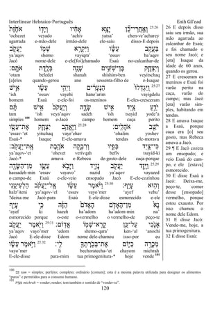 Interlinear Hebraico-Português Enih Gil’ead
120
25:26
ֹ֙‫ת‬ֶ‫ז‬ֶֹ֙‫ח‬ֹ ‫א‬ ‫ֹו‬ ִ֤‫ָד‬‫י‬ְ‫ו‬ ‫יו‬ ִָ֗‫ח‬‫ָא‬ ‫ָ֣א‬ָ‫ָצ‬‫י‬ ‫ן‬ ִֵ֞‫כ‬‫י־‬ ֵ‫ֲר‬‫ח‬ָֽ ַ‫ְא‬‫ו‬
„ochezet veyado „achiv yatsa‟ chen-ve‟acharey
agarrada e-mão-dele irmão-dele ele-saiu disso-E depois
‫ב‬ ִֹ֑ ‫ֲק‬‫ע‬ַ‫י‬ ‫ֹו‬ ִׁ֖‫ְמ‬‫ש‬ ‫א‬ ֵָ֥‫ְר‬‫ק‬ִ‫ׁא‬ַ‫ו‬ ‫ו‬ ָֹ֔‫ׂש‬ֵ‫ע‬ ‫ב‬ ֵָ֣‫ֲק‬‫ע‬ַ‫ֺא‬
ya‟aqov shemo vayiqra‟ „essav ba‟aqev
Jacó nome-dele e-ele[foi]chamado Esaú no-calcanhar-de
‫ָֽם׃‬ ָ‫ֹת‬ ‫א‬ ‫ת‬ֶ‫ֵ֥ד‬ֶ‫ְל‬‫ֺא‬ ‫ִׁ֖ה‬ָ‫ָנ‬‫ש‬ ‫ים‬ִֵ֥‫ִש‬‫ש‬‫ֶן־‬‫ֺא‬ ‫ִ֛ק‬ָ‫ְח‬‫צ‬ִ‫י‬ְ‫ו‬
„otam beledet shanah shishim-ben veyitschaq
[a]eles quando-gerou ano sessenta-filho de e-Isaque
25:27
‫ִ֛יש‬ִ‫א‬ ‫ו‬ ָָ֗‫ׂש‬ֵ‫ע‬ ‫י‬ִָ֣‫ְה‬‫י‬ַ‫ו‬ ‫ים‬ ִֹ֔‫ָר‬‫ע‬ְ‫׆א‬ַ‫ה‬ ֹ֙‫־א‬‫ל‬ְ‫ְּא‬‫ג‬ִ‫ׁא‬ַ ָֽ‫ו‬
„ish „essav vayehi hane‟arim vayigdelu
homem Esaú e-ele-foi os-meninos E-eles-cresceram
‫ם‬ ָֹ֔ ‫יש‬ִָ֣‫א‬ ֹ֙‫ב‬ֹ ‫ֲק‬‫ע‬ַ‫י‬ְ‫ו‬ ‫ה‬ ִֶ֑‫ָד‬‫ׂש‬ ‫יש‬ִָ֣‫א‬ ‫ִד‬‫י‬ִַׁ֖‫צ‬ ַ‫ע‬ֵֵ֥‫ֹד‬ ‫י‬
tam „ish veya‟aqov sadeh „ish tsayid yode‟a
simples 100
homem e-Jacó campo homem caça perito
‫ָֽים׃‬ ִ‫ָל‬‫ה‬ֹ ‫א‬ ‫ב‬ ִֵׁ֖‫ֹש‬ ‫י‬25:28
‫ו‬ ִָׁ֖‫ֵׂש‬‫ע‬‫ֶת־‬‫א‬ ‫ִ֛ק‬ָ‫ְח‬‫צ‬ִ‫י‬ ‫ֵ֥ב‬ַ‫ֱה‬‫א‬ֶ‫ׁא‬ַ‫ו‬
„essav-„et yitschaq vaye‟ehav „ohalim yoshev
Esaú-* Isaque E-ele-amava tendas ele-morava
‫ָֽב׃‬ֹ ‫ֲק‬‫ע‬ַ‫י‬‫ָֽת־‬ ֶ‫א‬ ‫ֶת‬‫ב‬ֵֶ֥‫ֹה‬ ‫א‬ ‫ה‬ ִָׁ֖‫ְק‬‫ב‬ ִ‫ְר‬‫ו‬ ‫יו‬ִִ֑‫ְפ‬‫ֺא‬ ‫ִד‬‫י‬ַָ֣‫ִי־צ‬‫׃א‬
ya‟aqov-„et „ohevet verivqah befiv tsayid-ki
Jacó-* amava e-Rebeca de-gosto-dele caça-porque
25:29
‫ה‬ ִֶׁ֖‫ָד‬‫ש‬ַ‫ה‬‫ִן־‬‫מ‬ ‫ו‬ִָ֛‫ֵׂש‬‫ע‬ ‫א‬ ֵֹ֥ ‫ָב‬‫ׁא‬ַ‫ו‬ ‫ִ֑יד‬ִ‫ז‬ָ‫נ‬ ‫ב‬ ִֹׁ֖ ‫ֲק‬‫ע‬ַ‫י‬ ‫ֶד‬‫ז‬ֵָ֥‫ׁא‬ַ‫ו‬
hassadeh-min „essav vayavo‟ nazid ya‟aqov vayazed
o campo-de Esaú e-ele-veio ensopado Jacó E-ele-cozinhou
‫ָֽף׃‬ ֵ‫י‬ָ‫ע‬ ‫־אא‬ ֵ֥‫ְה‬‫ו‬25:30
‫ִי‬‫נ‬ִֵ֤‫ִיט‬‫ע‬ְ‫ל‬ַ‫ה‬ ‫ב‬ ָֹ֗ ‫ֲק‬‫ע‬ַ‫י‬‫ָֽל־‬ ֶ‫א‬ ‫ו‬ָ‫ׂש‬ֵ‫ע‬ ‫ֶר‬‫מ‬‫א‬ָֹ֨ ‫ַׁא‬‫ו‬
halə‟iteni ya‟aqov-„el „essav vayo‟mer „ayef vehu‟
?deixa-me Jacó-para Esaú E-ele-disse esmorecido e-ele
‫ִׁ֖ף‬ֵ‫י‬ָ‫ע‬ ‫ֵ֥י‬ִ‫׃א‬ ‫ה‬ֶֹ֔‫ֿא‬ַ‫ה‬ ֹ֙‫ֹם‬ ‫ָָאד‬‫ה‬ ‫ם‬ ִֹ֤ ‫ָָאד‬‫ה‬‫ִן־‬‫מ‬ ֹ֙‫ָא‬‫נ‬
„ayef ki hazeh ha‟adom ha‟adom-min na‟
esmorecido porque o-este o-vermelho o vermelho-de peço-te
‫ֹום׃‬ָֽ‫ֱד‬‫א‬ ‫ֹו‬ ִׁ֖‫ְמ‬‫ש‬‫א־‬ָֽ ָ‫ָר‬‫ק‬ ‫ֵ֥ן‬ֵ‫ַל־׃א‬‫ע‬ ‫ִי‬‫כ‬ִֹ֑ ‫ָאנ‬25:31
‫ב‬ ִֹ֑ ‫ֲק‬‫ע‬ַ‫י‬ ‫ֶר‬‫מ‬‫א‬ִֹׁ֖ ‫ַׁא‬‫ו‬
ya‟aqov vayo‟mer „edom shemo-qara‟ ken-„al „anochi
Jacó E-ele-disse Edom nome dele-chamou isso-por eu
‫ָֽי׃‬ ִ‫ל‬ ִׁ֖‫ָך‬ְ‫ת‬ ָ‫ָֽר‬ֹ ‫ְכ‬‫ֺא‬‫ֶת־‬‫א‬ ‫ִֹ֛ום‬‫ׁא‬ַ‫כ‬ ‫ה‬ ֵָ֥‫ְר‬‫כ‬ִ‫מ‬25:32
‫ו‬ ָֹ֔‫ׂש‬ֵ‫ע‬ ‫ֶר‬‫מ‬‫ָ֣א‬ֹ ‫ַׁא‬‫ו‬
vayo‟mer li bechoratecha-„et chayom michrah
E-ele-disse para-mim tua primogenitura-* hoje vende 101
26 E depois disso
saiu seu irmão, sua
mão agarrada ao
calcanhar de Esaú;
e foi chamado o
seu nome Jacó; e
[era] Isaque da
idade de 60 anos,
quando os gerou.
27 E cresceram os
meninos e Esaú foi
varão perito na
caça, varão do
campo; mas Jacó
[era] varão sim-
ples, habitando em
tendas.
28 E amava Isaque
a Esaú, porque
caça era [o] seu
gosto, mas Rebeca
amava a Jacó.
29 ¶ E Jacó cozera
um ensopado; e
veio Esaú do cam-
po, e ele [estava]
esmorecido.
30 E disse Esaú a
Jacó: Deixa-me,
peço-te, comer
desse [ensopado]
vermelho, porque
estou exausto. Por
isso chamou o
nome dele Edom.
31 E disse Jacó:
Vende-me, hoje, a
tua primogenitura.
32 E disse Esaú:
100
‫ָם‬ tam = simples; perfeito; completo; ordinário [comum]; esta é a mesma palavra utilizada para designar os alimentos
“puros” e permitidos para o consumo humano.
101
‫ה‬ ָ‫ְר‬‫כ‬ִ‫מ‬ michrah = vender; render; tem também o sentido de “vender-se”.
 