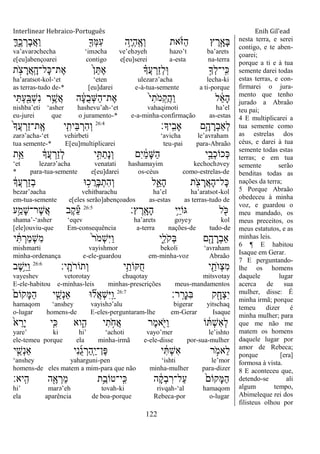 Interlinear Hebraico-Português Enih Gil’ead
122
ָ‫ׂא‬ִֶ֑‫כ‬ ְ‫ָר‬‫ב‬ֲ‫א‬ַ‫ו‬ ִׁ֖‫ְָך‬‫ׅא‬ִ‫ע‬ ‫ֵ֥ה‬ֶ‫י‬ְ‫ה‬ָֽ ֶ‫ְא‬‫ו‬ ‫את‬ֹֹ֔ ‫ַֿא‬‫ה‬ ‫ץ‬ ֶ‫ר‬ָָ֣‫ָא‬‫ֺא‬
va‟avarəchecha „iməcha ve‟ehəyeh hazo‟t ba‟arets
e[eu]abençoarei contigo e[eu]serei a-esta na-terra
‫ת‬ ָֹ֣ ‫צ‬ ָ‫ֲר‬‫א‬ָֽ ָ‫ָל־ה‬‫׃א‬‫ֶת־‬‫א‬ ֹ֙‫ן‬ֵ ֶ‫א‬ ָ֗‫ֲָך‬‫ע‬ ְ‫ַר‬‫ז‬ְ‫ל‬ָֽ‫־א‬ ָ֣‫ְָך‬‫ל‬‫ָֽי־‬ ִ‫׃א‬
ha‟aratsot-kol-„et „eten ulezarə‟acha lecha-ki
as terras-tudo de-* [eu]darei e-à-tua-semente a ti-porque
‫י‬ִ ְ‫ע‬ִַׁ֖‫ְֺא‬‫ש‬ִ‫נ‬ ‫ר‬ֵֶ֥‫ֲש‬‫א‬ ‫ה‬ ָֹ֔‫ע‬ֺ‫ב‬ְ‫ש‬ַ‫ה‬‫ֶת־‬‫א‬ ֹ֙‫י‬ִ‫ֹת‬ ‫מ‬ָֽ ִ‫ֲק‬‫ה‬ַ‫ו‬ ‫ל‬ ֵֹ֔‫א‬ָ‫ה‬
nishba‟eti „asher hashevu‟ah-„et vahaqimoti ha‟el
eu-jurei que o juramento-* e-a-minha-confirmação as-estas
‫ָֽיָך׃‬ ִ‫ָאב‬ ‫ֵ֥ם‬ָ‫ה‬ ָ‫ְר‬‫ב‬‫ְַא‬‫ל‬26:4
ֹ֙‫ָך‬ֲ‫ע‬ ְ‫ַר‬‫ז‬‫ָֽת־‬ ֶ‫א‬ ‫י‬ִִ֤‫ֵית‬‫ֺא‬ ְ‫ִר‬‫ה‬ְ‫ו‬
zarə‟acha-„et vehirbeti „avicha le‟avraham
tua semente-* E[eu]multiplicarei teu-pai para-Abraão
‫ֵ֥ת‬ֵ‫א‬ ֹ֔‫ֲָך‬‫ע‬ ְ‫ַר‬‫ז‬ְ‫ל‬ ‫י‬ִָ֣ ַ‫ָת‬‫נ‬ְ‫ו‬ ‫ִם‬‫י‬ ַֹ֔‫מ‬ָ‫ש‬ַ‫ה‬ ‫י‬ֵָ֣‫ְב‬‫כ‬‫ְכֹו‬‫׃א‬
„et lezarə‟acha venatati hashamayim kechochəvey
* para-tua-semente e[eu]darei os-céus como-estrelas-de
ֹ֔‫ֲָך‬‫ע‬ ְ‫ַר‬‫ז‬ְ‫ב‬ ‫־א‬ ָ֣‫כ‬ ֲ‫ָר‬‫ֺא‬ְ‫ִת‬‫ה‬ְ‫ו‬ ‫ל‬ִֵ֑‫ָא‬‫ה‬ ‫ת‬ ִֹׁ֖ ‫צ‬ ָ‫ֲר‬‫א‬ָ‫ה‬‫ָל־‬‫׃א‬
bezar‟əacha vehitbarachu ha‟el ha‟aratsot-kol
em-tua-semente e[eles serão]abençoados as-estas as terras-tudo de
‫ץ׃‬ ֶ‫ָֽר‬ ָ‫ָא‬‫ה‬ ‫ֵ֥י‬ֵ‫י‬‫ֻאֹו‬ ‫ל‬ ִֹׁ֖ ‫׃א‬26:5
‫ֵ֥ע‬ַ‫ָמ‬‫ש‬‫ֶר־‬‫ש‬ֲ‫א‬ ‫ֶב‬‫ק‬ֵ‫ע‬
shama‟-„asher „eqev ha‟arets goyey kol
[ele]ouviu-que Em-consequência a-terra nações-de tudo-de
‫י‬ ִֹ֔ ְ‫ַר‬‫מ‬ְ‫ש‬ִ‫מ‬ ֹ֙‫ר‬ֹ ‫ְמ‬‫ש‬ִ‫ׁא‬ַ‫ו‬ ‫ִ֑י‬ִ‫ֹל‬ ‫ְק‬‫ֺא‬ ‫ם‬ִָׁ֖‫ה‬ ָ‫ְר‬‫ב‬‫ַא‬
mishmarti vayishmor bekoli „avraham
minha-ordenança e-ele-guardou em-minha-voz Abraão
‫ָֽי׃‬ ָ‫ֹת‬ ‫ְתֹור‬‫ו‬ ‫י‬ֵַ֥‫ֹות‬ ֺ‫ח‬ ‫י‬ ִַׁ֖‫ת‬‫ְו‬‫צ‬ִ‫מ‬26:6
‫ֶב‬‫ש‬ֵֵ֥‫ׁא‬ַ‫ו‬
vayeshev vetorotay chuqotay mitsvotay
E-ele-habitou e-minhas-leis minhas-prescrições meus-mandamentos
‫ר׃‬ָֽ ָ‫ְר‬‫ג‬ִ‫ֺא‬ ‫ק‬ִָׁ֖‫ְח‬‫צ‬ִ‫י‬26:7
ֹ֙‫ָקֹום‬‫ׅא‬ַ‫ה‬ ‫י‬ ִֵ֤‫ְש‬‫נ‬‫ַא‬ ‫־א‬ ִ֞‫ֲל‬‫א‬ְ‫ש‬ִ‫ׁא‬ָֽ ַ‫ו‬
hamaqom „anshey vayishə‟alu bigerar yitschaq
o-lugar homens-de E-eles-perguntaram-lhe em-Gerar Isaque
ֹ֙‫א‬ ֵ‫ָר‬‫י‬ ‫ִ֤י‬ִ‫׃א‬ ‫וא‬ִִ֑‫ה‬ ‫י‬ִ‫ת‬ ָֹ֣ ‫ֲח‬‫א‬ ‫ֶר‬‫מ‬‫א‬ִֹׁ֖ ‫ַׁא‬‫ו‬ ‫ֹו‬ ֹ֔ ְ‫ש‬ִ‫א‬ְ‫ל‬
yare‟ ki hi‟ „achoti vayo‟mer le‟ishto
ele-temeu porque ela minha-irmã e-ele-disse por-sua-mulher
‫י‬ ִֵ֤‫ְש‬‫נ‬‫ַא‬ ‫ִי‬‫נ‬ֺ‫ג‬ ְ‫ַר‬‫ה‬ָֽ ַ‫י‬‫ֶן־‬‫פ‬ ‫י‬ ִֹ֔ ְ‫ש‬ִ‫א‬ ‫ר‬ ָֹ֣ ‫ֵאמ‬‫ל‬
„anshey yaharguni-pen „ishti le‟mor
homens-de eles matem a mim-para que não minha-mulher para-dizer
‫ָֽיא׃‬ ִ‫ה‬ ‫ה‬ִֶׁ֖‫א‬ ְ‫ַר‬‫מ‬ ‫ֵ֥ת‬ַ‫ָֽי־טֹוב‬ ִ‫׃א‬ ‫ה‬ ָֹ֔‫ק‬ְ‫ב‬ ִ‫ַל־ר‬‫ע‬ ֹ֙‫ָקֹום‬‫ׅא‬ַ‫ה‬
hi‟ marə‟eh tovah-ki rivqah-„al hamaqom
ela aparência de boa-porque Rebeca-por o-lugar
nesta terra, e serei
contigo, e te aben-
çoarei;
porque a ti e à tua
semente darei todas
estas terras, e con-
firmarei o jura-
mento que tenho
jurado a Abraão
teu pai;
4 E multiplicarei a
tua semente como
as estrelas dos
céus, e darei à tua
semente todas estas
terras; e em tua
semente serão
benditas todas as
nações da terra;
5 Porque Abraão
obedeceu à minha
voz, e guardou o
meu mandado, os
meus preceitos, os
meus estatutos, e as
minhas leis.
6 ¶ E habitou
Isaque em Gerar.
7 E perguntando-
lhe os homens
daquele lugar
acerca de sua
mulher, disse: É
minha irmã; porque
temeu dizer é
minha mulher; para
que me não me
matem os homens
daquele lugar por
amor de Rebeca;
porque [era]
formosa à vista.
8 E aconteceu que,
detendo-se ali
algum tempo,
Abimeleque rei dos
filisteus olhou por
 