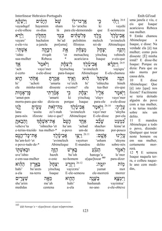 Interlinear Hebraico-Português Enih Gil’ead
123
26:8
‫ף‬ ֵָ֗‫ק‬ְ‫ש‬ַ‫ׁא‬ַ‫ו‬ ‫ים‬ ִֹ֔‫מ‬ָ‫ׁא‬ַ‫ה‬ ֹ֙‫ָם‬‫ש‬ ‫ֹו‬ ֵ֥‫כ־א־ל‬ ְ‫ָֽר‬ ָ‫א‬ ‫ָ֣י‬ִ‫׃א‬ ‫י‬ ִָ֗‫ה‬ְ‫י‬ַ‫ו‬
vayashqef hayamim sham lo-„arəchu ki vayehi
e-ele-olhou os-dias lá para ele-demorando que E-aconteceu
‫א‬ ְ‫ר‬ַָ֗‫ׁא‬ַ‫ו‬ ‫ֹון‬ ִ֑‫ַׄא‬‫ח‬ַ ָֽ‫ה‬ ‫ד‬ִַׁ֖‫ְע‬‫ֺא‬ ‫ים‬ ִֹ֔ ְ‫ש‬ִ‫ל‬ְ‫פ‬ ‫ְֶך‬‫ל‬ֶָ֣‫מ‬ ֹ֙‫ְך‬ֶ‫ל‬ֶֹ֙‫מ‬‫ִי‬‫ב‬ֲ‫א‬
vayare‟ hachalon be‟ad pelishtim melech „avimelech
e-ele-viu a-janela por[uma] filisteus rei-de Abimeleque
‫ֹו׃‬ָֽ ְ‫ש‬ִ‫א‬ ‫ה‬ ֵָ֥‫ְק‬‫ב‬ ִ‫ר‬ ‫ת‬ִֵׁ֖‫א‬ ‫ק‬ ֵֹ֔‫ח‬ַ‫צ‬ְ‫מ‬ ֹ֙‫ָק‬‫ח‬ְ‫צ‬ִ‫י‬ ‫ִ֤ה‬ֵ‫ִ׆א‬‫ה‬ְ‫ו‬
„ishto rivqah „et metsacheq yitschaq vehineh
sua-mulher Rebeca * acariciava Isaque e-eis-que
26:9
‫ְך‬ַָ֣‫א‬ ֹ֙‫ר‬ֶ‫מ‬‫ֹ֙א‬ֹ ‫ַׁא‬‫ו‬ ‫ק‬ ָָ֗‫ח‬ְ‫צ‬ִ‫י‬ְ‫ל‬ ‫ְֶך‬‫ל‬ֶ‫מ‬‫ִי‬‫ב‬ֲ‫א‬ ‫א‬ ָָ֨‫ְר‬‫ק‬ִ‫ׁא‬ַ‫ו‬
„ach vayo‟mer leyitschaq „avimelech vayiqra‟
é-certo e-ele-disse para-Isaque Abimeleque E-ele-chamou
‫וא‬ִִ֑‫ה‬ ‫י‬ִ‫ת‬ ָֹ֣ ‫ֲח‬‫א‬ ָ ְ‫ר‬ִַׁ֖‫ָאמ‬ ‫ֵ֥יְך‬ֵ‫ְא‬‫ו‬ ‫וא‬ ִֹ֔‫ה‬ ֹ֙‫ָך‬ְ ְ‫ש‬ִ‫א‬ ‫ִ֤ה‬ֵ‫ִ׆א‬‫ה‬
hi‟ „achoti „amarta ve‟eich hi‟ „ishtecha hineh
ela minha-irmã disseste e-como? ela tua-lher eis-que
‫־את‬ ִׁ֖‫ֶן־ָאמ‬‫פ‬ ‫י‬ִ ְ‫ר‬ ַֹ֔‫מ‬‫ָא‬ ‫ָ֣י‬ִ‫׃א‬ ‫ק‬ ָֹ֔‫ח‬ְ‫צ‬ִ‫י‬ ֹ֙‫ו‬‫ָי‬‫ל‬ֵ‫א‬ ‫ֶר‬‫מ‬‫ִ֤א‬ֹ ‫ַׁא‬‫ו‬
„amut-pen „amarti ki yitschaq „elayv vayo‟mer
morra-para que não dizia-eu porque Isaque para-ele e-ele-disse
‫ָ׃‬‫ה‬‫ָֽי‬ ֶ‫ָל‬‫ע‬26:10
‫ִ֑נ־א‬ָ‫ׄא‬ ָ‫ית‬ ִָ֣‫ָׂש‬‫ע‬ ‫את‬ִֹׁ֖ ‫ַה־ֿא‬‫מ‬ ‫ְֶך‬‫ל‬ ֶֹ֔‫מ‬‫ִי‬‫ב‬ֲ‫א‬ ‫ֶר‬‫מ‬‫ָ֣א‬ֹ ‫ַׁא‬‫ו‬
lanu „assita zo‟t-mah „avimelech vayo‟mer „aleyha
para-nós ifizeste isto-o que? Abimeleque E-ele-disse por-ela
ֵָ֥‫ֵאת‬‫ב‬ֵ‫ה‬ְ‫ו‬ ‫ָך‬ ֶֹ֔ ְ‫ש‬ִ‫א‬‫ֶת־‬‫א‬ ֹ֙‫ָם‬‫ע‬ָ‫ה‬ ‫ד‬ִַ֤‫ַאח‬ ‫ב‬ ִַ֞‫כ‬ָ‫ש‬ ‫ַט‬‫ע‬ְ‫מ‬ ִֶּ֠‫׃א‬
veheve‟ta „ishtecha-„et ha‟am „achad shachav kime‟at
e-terias-trazido tua mulher-* o-povo um-de deitou por-pouco
‫ָֽם׃‬ ָ‫ָש‬‫א‬ ‫ִׁ֖ינ־א‬ֵ‫ָל‬‫ע‬26:11
‫ם‬ִָׁ֖‫ָע‬‫ה‬‫ָל־‬‫׃א‬‫ֶת־‬‫א‬ ‫ְֶך‬‫ל‬ ֶֹ֔‫מ‬‫ִי‬‫ב‬ֲ‫א‬ ‫ָ֣ו‬ַ‫ְצ‬‫י‬ַ‫ו‬
ha‟am-kol-„et „avimelech vayetsav „asham „aleynu
o povo-tudo de-* Abimeleque E-mandou delito sobre-nós
‫ֹו‬ ִׁ֖ ְ‫ש‬ִ‫א‬ְ‫ב‬‫־א‬ ‫ִ֛ה‬ֶ‫ֿא‬ַ‫ה‬ ‫ֵ֥יש‬ִ‫ָא‬‫ֺא‬ ַ‫ע‬ֵ‫ג‬ֹ ‫ַ׆א‬‫ה‬ ‫ר‬ ִֹ֑ ‫ֵאמ‬‫ל‬
uve‟ishto hazeh ba‟ish hanoge‟a le‟mor
e-em-sua-mulher o-este no-homem o[que]tocar 103
para-dizer
‫ָֽת׃‬ ָ‫י־אמ‬ ‫ֹות‬ ֵ֥‫מ‬26:12
‫וא‬ ִֹ֔‫ה‬ַ‫ה‬ ‫ץ‬ ֶ‫ר‬ָָ֣‫ָא‬‫ֺא‬ ֹ֙‫ָק‬‫ח‬ְ‫צ‬ִ‫י‬ ‫ע‬ ִַ֤‫ְר‬‫ז‬ִ‫ׁא‬ַ‫ו‬
hahi‟ ba‟arets yitschaq vayizəra‟ yumat mot
a-ela na-terra Isaque E-ele-semeou ele-morrerá morrer
‫ים‬ ִִ֑‫ָר‬‫ע‬ְ‫ש‬ ‫ה‬ָָ֣‫ֵא‬‫מ‬ ‫וא‬ִִׁ֖‫ַה‬‫ה‬ ‫ֵ֥ה‬ָ‫ָנ‬‫ש‬ַ‫ֺא‬ ‫ִ֛א‬ָ‫ְצ‬‫מ‬ִ‫ׁא‬ַ‫ו‬
she‟arim me‟ah hahi‟ bashanah vayimtsa‟
medidas centena a-ela no-ano e-ele-obteve
uma janela e viu, e
eis que Isaque
acariciava Rebeca
sua mulher.
9 Então chamou
Abimeleque a
Isaque, e disse: Na
verdade ela [é] tua
mulher; como pois
disseste: [É] minha
irmã? E disse-lhe
Isaque: Porque eu
dizia: Para que eu
não morra por
causa dela.
10 E disse
Abimeleque: Que
[é] isto [que] nos
fizeste? Facilmente
se teria deitado
alguém do povo
com a tua mulher,
e tu terias trazido
sobre nós um
delito.
11 E mandou
Abimeleque a todo
o povo, dizendo:
Qualquer que tocar
neste homem ou
em sua mulher,
certamente mor-
rerá.
12 ¶ E semeou
Isaque naquela ter-
ra, e colheu naque-
le ano cem medi-
das,
103
ַ‫ע‬ֵ‫ג‬ֹ ‫ַ׆א‬‫ה‬ hanoge‟a = o[que]tocar; o[que se]aproximar.
 