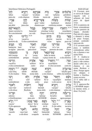 Interlinear Hebraico-Português Enih Gil’ead
125
ֹ֙‫ן‬ֶ‫ה‬ָ‫ל‬ ‫א‬ ִָ֤‫ְר‬‫ק‬ִ‫ׁא‬ַ‫ו‬ ‫ם‬ִָ֑‫ה‬ ָ‫ְר‬‫ב‬‫ַא‬ ‫ֹות‬ ָ֣‫מ‬ ‫י‬ ִֵׁ֖‫ֲר‬‫ח‬‫ַא‬ ‫ים‬ ִֹ֔ ְ‫ש‬ִ‫ל‬ְ‫פ‬
lahen vayiqra‟ „avraham mot „acharey pelishtim
para-ela e-ele-chamou Abraão morte-de depois filisteus
‫ָֽיו׃‬ ִ‫ָאב‬ ‫ן‬ִֶׁ֖‫ָה‬‫ל‬ ‫א‬ ֵָ֥‫ָר‬‫ק‬‫ֶר־‬‫ש‬ֲ‫א‬ ‫ת‬ֹ ‫ֵמ‬‫ש‬ַ‫׃א‬ ‫ֹות‬ ֹ֔‫ֵמ‬‫ש‬
„aviv lahen qara‟-„asher kashemot shemot
pai-dele para-elas chamou-que conforme-nomes nomes
26:19
‫ם‬ ָֹ֔‫ש‬‫ְא־א־‬‫צ‬ְ‫מ‬ִָ֨‫ׁא‬ַ‫ו‬ ‫ַל‬‫ח‬ִָ֑‫ַ׆א‬‫ֺא‬ ‫ק‬ִָׁ֖‫ְח‬‫צ‬ִ‫י‬‫ָֽי־‬ ֵ‫ְד‬‫ב‬ַ‫ע‬ ‫־א‬ ֵ֥‫ְר‬‫פ‬ְ‫ח‬ַ‫ׁא‬ַ‫ו‬
sham-vayimtse‟u banachal yitschaq-„avdey vayachperu
lá-e encontraram no-vale Isaque-servos de E-eles-cavaram
‫ָֽים׃‬ ִ‫ׁא‬ַ‫ח‬ ‫ִם‬‫י‬ֵַ֥‫מ‬ ‫ר‬ִֵׁ֖‫ְא‬‫ֺא‬26:20
‫י‬ֵָ֣‫ֹע‬ ‫ר‬ ‫יב־א‬ ִ‫ָר‬‫ׁא‬ַ‫ו‬
ro‟ey vayarivu chayim mayim be‟er
pastores-de E-eles-contenderam vivas águas poço-de
‫ִם‬‫י‬ִָ֑‫ַׅא‬‫ה‬ ‫ָ֣נ־א‬ָ‫ל‬ ‫ר‬ ִֹׁ֖ ‫ֵאמ‬‫ל‬ ‫ִ֛ק‬ָ‫ְח‬‫צ‬ִ‫י‬ ‫ֵ֥י‬ֵ‫ֹע‬ ‫ִם־ר‬‫ע‬ ‫ר‬ ָָ֗‫ְר‬‫ג‬
hamayim lanu le‟mor yitschaq ro‟e-„im gerar
as-águas para-nós para-dizer Isaque pastores de-com Gerar
‫־א‬ ִׁ֖‫ְק‬‫ש‬ַ‫ע‬ְ‫ָֽת‬ ִ‫ה‬ ‫ֵ֥י‬ִ‫׃א‬ ‫ֶק‬‫ׂש‬ ֵֹ֔‫ע‬ ֹ֙‫ר‬ֵ‫א‬ְ‫ֺא‬ַ‫ה‬‫ָֽם־‬ ֵ‫ש‬ ‫א‬ ִָ֤‫ְר‬‫ק‬ִ‫ׁא‬ַ‫ו‬
hitə‟assequ ki „esseq habe‟er-shem vayiqra‟
contenderam porque Eseque o poço-nome de e-ele-chamou
‫ָֹֽו׃‬‫ׅא‬ִ‫ע‬26:21
‫יב־א‬ ִִׁ֖‫ָר‬‫ׁא‬ַ‫ו‬ ‫ת‬ ֶ‫ר‬ ֶֹ֔‫ח‬‫ַא‬ ‫ר‬ֵָ֣‫ְא‬‫ֺא‬ ֹ֙‫־א‬‫ְר‬‫פ‬ְ‫ח‬ַ‫ׁא‬ָֽ ַ‫ו‬
vayarivu „acheret be‟er vayachperu „imo
e-eles-contenderam outro poço E-eles-cavaram com-ele
‫ָֽה׃‬ ָ‫ְנ‬‫ט‬ִ‫ׂש‬ ‫ֽא‬ִָׁ֖‫ְמ‬‫ש‬ ‫א‬ ֵָ֥‫ְר‬‫ק‬ִ‫ׁא‬ַ‫ו‬ ָ‫ה‬‫ִ֑י‬ֶ‫ָל‬‫ע‬‫ַם־‬‫ֻא‬26:22
‫ק‬ֵָ֣ ְ‫ע‬ַ‫ׁא‬ַ‫ו‬
vaya‟ateq sitnah shemah vayiqra‟ „aleyha-gam
E-ele-mudou Sitna nome-dela e-ele-chamou sobre ela-também
‫־א‬ ִׁ֖‫ב‬ ָ‫ר‬ ‫א‬ ֵ֥‫ְֹל‬‫ו‬ ‫ת‬ ֶ‫ר‬ ֶֹ֔‫ח‬‫ַא‬ ‫ר‬ֵָ֣‫ְא‬‫ֺא‬ ֹ֙‫ר‬ֹ ‫ְפ‬‫ח‬ַ‫ׁא‬ַ‫ו‬ ‫ם‬ ָָ֗‫ש‬ִ‫מ‬
ravu velo‟ „acheret be‟er vayachpor misham
contenderam e-não outro poço e-ele-cavou de-lá
‫ֶר‬‫מ‬‫א‬ָֹ֗ ‫ַׁא‬‫ו‬ ‫ֹות‬ ֹ֔‫ֹב‬ ‫ח‬ ְ‫ר‬ ֹ֙‫ָֽא‬‫מ‬ְ‫ש‬ ‫א‬ ִָ֤‫ְר‬‫ק‬ִ‫ׁא‬ַ‫ו‬ ָ‫ה‬‫ִ֑י‬ֶ‫ָל‬‫ע‬
vayo‟mer rechovot shemah vayiqra‟ „aleyha
e-ele-disse Reobote nome-dela e-ele-chamou sobre-ela
‫ינ־א‬ ִֵ֥‫ָר‬‫פ‬‫־א‬ ‫ִׁ֖נ־א‬ָ‫ל‬ ‫ִ֛ה‬ָ‫ְהו‬‫י‬ ‫יב‬ִַּ֧‫ח‬ ְ‫ִר‬‫ה‬ ‫ה‬ ִָ֞ ַ‫ע‬‫ָֽי־‬ ִ‫׃א‬
ufarinu lanu „adonay hirəchiv „atah-ki
e-frutificaremos para-nós SENHOR alargou agora-porque
‫ץ׃‬ ֶ‫ָֽר‬ ָ‫ָא‬‫ב‬26:23
‫ַע׃‬‫ב‬ָֽ ָ‫ש‬ ‫ֵ֥ר‬ֵ‫ְא‬‫ֺא‬ ‫ם‬ ִָׁ֖‫ִש‬‫מ‬ ‫ַל‬‫ע‬ֵַ֥‫ׁא‬ַ‫ו‬26:24
‫א‬ ָָ֨‫ֵר‬‫ׁא‬ַ‫ו‬
vayera‟ shava‟ be‟er misham vaya‟al va‟arets
E-ele-apareceu Berseba de-lá E-ele-subiu na-terra
‫י‬ִ‫כ‬ֹ ‫ָאנ‬ ‫ֶר‬‫מ‬‫א‬ֹ ‫ַׁא‬‫ו‬ ‫־אא‬ ֹ֔‫ַה‬‫ה‬ ‫ָה‬‫ל‬ְ‫י‬ַָ֣‫ַׄא‬‫ֺא‬ ֹ֙‫ָה‬‫ו‬‫ְה‬‫י‬ ‫ִ֤יו‬ָ‫ֵל‬‫א‬
„anochi vayo‟mer hahu‟ balayelah „adonay „elayv
eu e-ele-disse a-aquela na-noite SENHOR para-ele
19 Cavaram pois
os servos de Isaque
naquele vale e
acharam ali [um]
poço de águas
vivas.
20 E os pastores de
Gerar contenderam
com os pastores de
Isaque, dizendo:
Para nós [é] a água;
e chamou o nome
do poço Eseque,
porque contende-
ram com ele.
21 E cavaram outro
poço, e também
contenderam sobre
ele; e chamou o seu
nome Sitna.
22 E mudou-se
dali, e cavou outro
poço, e não conten-
deram sobre ele; e
chamou o seu
nome Reobote e
disse: Porque agora
nos alargou o
Senhor e frutifica-
remos na terra.
23 E subiu dali a
Berseba.
24 E apareceu-lhe
o SENHOR naque-
la mesma noite, e
disse: Eu [sou]
 
