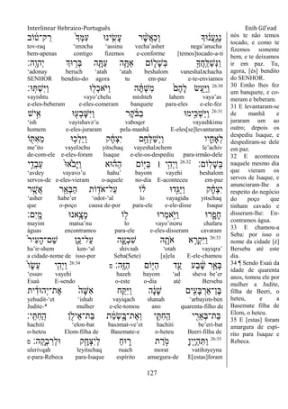 Interlinear Hebraico-Português Enih Gil’ead
127
‫ֹוב‬ ֹ֔‫ק־ט‬ ַ‫ר‬ ֹ֙‫ָך‬ְ‫ׅא‬ִ‫ע‬ ‫ינ־א‬ ִִ֤‫ָׂש‬‫ע‬ ‫ר‬ ֶָ֨‫ש‬ֲ‫א‬ַ‫כ‬ְ‫ו‬ ‫־אָך‬ ֹ֔‫ֲנ‬‫ע‬ָֽ ַ‫ְג‬‫נ‬
tov-raq „iməcha „assinu vecha‟asher nega‟anucha
bem-apenas contigo fizemos e-conforme [temos]tocado-a-ti
‫ָֽה׃‬ ָ‫ְהו‬‫י‬ ‫־אְך‬ ֵ֥‫ְר‬‫ֺא‬ ‫ה‬ ִָׁ֖ ַ‫ע‬ ‫ה‬ֵָ֥ ַ‫א‬ ‫ֹום‬ ִ֑‫ָל‬‫ש‬ְ‫ֺא‬ ִׁ֖‫ֲָך‬‫ח‬ָֽ ֵ‫ַׄא‬‫ש‬ְ‫׆א‬ַ‫ו‬
„adonay beruch „atah „atah beshalom vaneshaləchacha
SENHOR bendito-do agora tu em-paz e-te-enviamos
26:30
‫־א׃‬ָֽ ְ‫ש‬ִ‫ׁא‬ַ‫ו‬ ‫־א‬ ִׁ֖‫ְל‬‫כ‬‫ֹא‬ ‫ַׁא‬‫ו‬ ‫ה‬ ֶֹ֔ ְ‫ש‬ִ‫מ‬ ֹ֙‫ֶם‬‫ה‬ָ‫ל‬ ‫ַׂש‬‫ע‬ִַ֤‫ׁא‬ַ‫ו‬
vayishtu vayo‟chelu mishteh lahem vaya‟as
e-eles-beberam e-eles-comeram banquete para-eles e-ele-fez
26:31
‫יש‬ִָ֣‫א‬ ‫־א‬ ִׁ֖‫ְע‬‫ב‬ָ‫ש‬ִ‫ׁא‬ַ‫ו‬ ‫ֶר‬‫ק‬ ֹֹ֔ ‫ַֺא‬‫ב‬ ‫ָ֣ימ־א‬ִ‫ְ׃א‬‫ש‬ַ‫ׁא‬ַ‫ו‬
„ish vayishavə‟u vaboqer vayashkimu
homem e-eles-juraram pela-manhã E-eles[se]levantaram
‫ֹו‬ ִׁ֖ ִ‫א‬ֵ‫מ‬ ‫־א‬ ֵ֥‫ְכ‬‫ל‬ֵ‫ׁא‬ַ‫ו‬ ‫ק‬ ָֹ֔‫ח‬ְ‫צ‬ִ‫י‬ ‫ם‬ֵָ֣‫ְח‬‫ׄא‬ַ‫ש‬ְ‫י‬ַ‫ו‬ ‫יו‬ ִִ֑‫ְָאח‬‫ל‬
me‟ito vayeləchu yitschaq vayeshaləchem le‟achiv
de-com-ele e-eles-foram Isaque e-ele-os-despediu para-irmão-dele
‫ָֹֽום׃‬‫ל‬ָ‫ש‬ְ‫ֺא‬26:32
‫י‬ֵָ֣‫ְד‬‫ב‬ַ‫ע‬ ֹ֙‫־א‬‫ֹ֙א‬ֹ ‫ָב‬‫ׁא‬ַ‫ו‬ ‫־אא‬ ָ֗‫ַה‬‫ה‬ ‫ָֹ֣ום‬‫ׁא‬ַ‫ֺא‬ ‫׀‬ ‫י‬ִָ֣‫ְה‬‫י‬ַ‫ו‬
„avdey vayavo‟u hahu‟ bayom vayehi beshalom
servos-de e-eles-vieram o-aquele no-dia E-aconteceu em-paz
‫ר‬ ֶָ֣‫ֲש‬‫א‬ ‫ר‬ִֵׁ֖‫ְא‬‫ֺא‬ַ‫ה‬ ‫ֹות‬ ֵ֥‫ֹד‬ ‫ַל־א‬‫ע‬ ‫ֹו‬ ֹ֔‫ל‬ ‫ָ֣ד־א‬ִ‫ֻא‬ַ‫ׁא‬ַ‫ו‬ ‫ק‬ ָֹ֔‫ח‬ְ‫צ‬ִ‫י‬
„asher habe‟er „odot-„al lo vayagidu yitschaq
que o-poço causa de-por para-ele e-ele-disse Isaque
‫ִם׃‬‫י‬ָֽ ָ‫מ‬ ‫ֵ֥אנ־א‬ָ‫ָצ‬‫מ‬ ‫ֹו‬ ִׁ֖‫ל‬ ‫ְר־א‬‫מ‬‫ֵ֥א‬ֹ ‫ַׁא‬‫ו‬ ‫ר־א‬ִָ֑‫ָפ‬‫ח‬
mayim matsa‟nu lo vayo‟məru chafaru
águas encontramos para-ele e-eles-disseram cavaram
26:33
ֹ֙‫ר‬‫ִי‬‫ע‬ָ‫ה‬‫ֵם־‬‫ש‬ ‫ִ֤ן‬ֵ‫ַל־׃א‬‫ע‬ ‫ה‬ִָ֑‫ְע‬‫ב‬ִ‫ש‬ ‫ֽא‬ ִָׁ֖‫ֹת‬ ‫א‬ ‫א‬ ֵָ֥‫ְר‬‫ק‬ִ‫ׁא‬ַ‫ו‬
ha‟ir-shem ken-„al shivəah „otah vayiqra‟
a cidade-nome de isso-por Seba(Sete) [a]ela E-ele-chamou
‫ָֽה׃‬ ֶ‫ֿא‬ַ‫ה‬ ‫ֵֹ֥ום‬‫ׁא‬ַ‫ה‬ ‫ד‬ִַׁ֖‫ע‬ ‫ַע‬‫ב‬ ֶֹ֔‫ש‬ ‫ר‬ֵָ֣‫ְא‬‫ֺא‬‫ס‬26:34
ֹ֙‫ו‬ָ‫ׂש‬ֵ‫ע‬ ‫י‬ִִ֤‫ְה‬‫י‬ַ‫ו‬
„essav vayehi hazeh hayom „ad sheva be‟er
Esaú E-sendo o-este o-dia até Berseba
‫ית‬ ִֹ֔‫ְה־אד‬‫י‬‫ֶת־‬‫א‬ ֹ֙‫ָה‬‫ש‬ִ‫א‬ ‫ח‬ִַ֤ ִ‫ׁא‬ַ‫ו‬ ‫ה‬ ָֹ֔‫נ‬ָ‫ש‬ ‫ים‬ִָ֣‫ָע‬‫ֺא‬ ְ‫ֶן־ַאר‬‫ֺא‬
yehudit-„et „ishah vayiqach shanah „arbayim-ben
Judite-* mulher e-ele-tomou ano quarenta-filho de
‫ָֽי׃‬ ִ ִ‫ח‬ַ ָֽ‫ה‬ ‫ן‬ ִׁ֖‫ֵיֹל‬‫א‬‫ַת־‬‫ֺא‬ ‫ת‬ ַֹ֔‫מ‬ְ‫ׂש‬ָָ֣‫ֶת־ֺא‬‫א‬ְ‫ו‬ ‫י‬ ִִ֑ ִ‫ח‬ָֽ ַ‫ה‬ ‫י‬ ִִׁ֖‫ֵר‬‫א‬ְ‫ֺא‬‫ַת־‬‫ֺא‬
hachiti „elon-bat basəmat-ve‟et hachiti be‟eri-bat
o-heteu Elom-filha de Basemate-e o-heteu Beeri-filha de
26:35
‫ה׃‬ָֽ ָ‫ְק‬‫ב‬ ִ‫ְר‬‫ל‬‫־א‬ ‫ק‬ִָׁ֖‫ְח‬‫צ‬ִ‫י‬ְ‫ל‬ ַ‫ח‬‫־א‬ ִ֑‫ר‬ ‫ת‬ ַ‫ר‬ ָֹ֣ ‫מ‬ ָ‫ן‬‫ִׁ֖י‬ֶ‫י‬ְ‫ה‬ִ ַ‫ו‬‫ס‬
ulerivqah leyitschaq ruach morat vatihəyeyna
e-para-Rebeca para-Isaque espírito amargura-de E[estas]foram
nós te não temos
tocado, e como te
fizemos somente
bem, e te deixamos
ir em paz. Tu,
agora, [és] bendito
do SENHOR.
30 Então lhes fez
um banquete, e co-
meram e beberam.
31 E levantaram-se
de manhã e
juraram um ao
outro; depois os
despediu Isaque, e
despediram-se dele
em paz.
32 E aconteceu
naquele mesmo dia
que vieram os
servos de Isaque, e
anunciaram-lhe a
respeito do negócio
do poço que
tinham cavado e
disseram-lhe: En-
contramos água.
33 E chamou-a
Seba: por isso o
nome da cidade [é]
Berseba até este
dia.
34 ¶ Sendo Esaú da
idade de quarenta
anos, tomou ele por
mulher a Judite,
filha de Beeri, o
heteu, e a
Basemate filha de
Elom, o heteu.
35 E [estas] foram
amargura de espí-
rito para Isaque e
Rebeca.
 