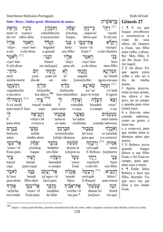 Interlinear Hebraico-Português Enih Gil’ead
128
Sobe | Desce | Índice geral | Dicionário de nomes ‫ִית‬‫ש‬‫א‬ ֵ‫ְר‬‫ֺא‬ Gênesis 27
27:1
‫ת‬ ִֹ֑ ‫א‬ ְ‫ֵר‬‫מ‬ ‫ִׁ֖יו‬ָ‫ֵינ‬‫ע‬ ָ‫ן‬‫ֵ֥י‬ֶ‫ְה‬‫כ‬ִ ַ‫ו‬ ‫ק‬ ָֹ֔‫ח‬ְ‫צ‬ִ‫י‬ ‫ן‬ ֵָ֣‫ָק‬‫ז‬‫ָֽי־‬ ִ‫׃א‬ ֹ֙‫י‬ִ‫ה‬ְ‫י‬ַ‫ו‬
mere‟ot „eynayv vatichəheyna yitschaq zaqen-ki vayehi
de-ver olhos-dele e-escureciam Isaque idoso-que E-ele-era
ֹ֙‫ו‬‫ָי‬‫ל‬ֵ‫א‬ ‫ֶר‬‫מ‬‫ִ֤א‬ֹ ‫ַׁא‬‫ו‬ ‫ל‬ ָֹ֗ ‫ָד‬‫ֻא‬ַ‫ה‬ ‫ֹו‬ָ֣‫ְנ‬‫ֺא‬ ‫׀‬ ‫ו‬ ָָ֣‫ֵׂש‬‫ע‬‫ֶת־‬‫א‬ ‫א‬ ִָ֞‫ְר‬‫ק‬ִ‫ׁא‬ַ‫ו‬
„elayv vayo‟mer hagadol beno „essav-„et vayiqra‟
a-ele e-ele-disse o-grande seu-filho Esaú-* e-ele-chamou
‫ִי׃‬‫נ‬ָֽ ֵ‫ִ׆א‬‫ה‬ ‫ִׁ֖יו‬ָ‫ֵל‬‫א‬ ‫ֶר‬‫מ‬‫ֵ֥א‬ֹ ‫ַׁא‬‫ו‬ ‫י‬ ִֹ֔‫נ‬ְ‫ֺא‬27:2
‫ֶר‬‫מ‬‫א‬ֹ ‫ַׁא‬‫ו‬
vayo‟mer hineni „elayv vayo‟mer beni
E-ele-disse eis-me[aqui] para-ele e-ele-disse meu-filho
‫ָֽי׃‬ ִ‫מֹות‬ ‫ֵֹ֥ום‬‫י‬ ‫י‬ִ ְ‫ע‬ ִַׁ֖‫ָד‬‫י‬ ‫א‬ ֵ֥‫ֹל‬ ‫י‬ִ ְ‫נ‬ ִַ֑‫ָק‬‫ז‬ ‫ִׁ֖א‬ָ‫ֵה־נ‬‫׆א‬ִ‫ה‬
moti yom yada‟eti lo‟ zaqanti na‟-hineh
minha-morte dia-de sei não [estou]velho agora-eis-que
27:3
‫ָך‬ ִֶ֑ ְ‫ש‬ַ‫ק‬ְ‫ו‬ ִׁ֖‫ְָך‬‫י‬ְ‫ל‬ֶ ‫יָך‬ ֶֹ֔‫ל‬ֵ‫כ‬ ‫ָ֣א‬ָ‫ָא־נ‬‫ׂש‬ ֹ֙‫ה‬ָ ַ‫ע‬ְ‫ו‬
veqashtecha teləyecha cheleycha na‟-sa‟ ve‟atah
e-teu-arco tua-aljava 108
teus-utensilhos peço te-toma E-agora
‫ִׁ֖י‬ִ‫ׄא‬ ‫ה‬ָ‫־אד‬ ֵ֥‫ְצ‬‫ו‬ ‫ה‬ ֶֹ֔‫ָד‬‫ש‬ַ‫ה‬ ֹ֙‫ֵא‬‫צ‬ְ‫ו‬‫צידה‬
‫ִד׃‬‫י‬ָֽ ָ‫צ‬27:4
‫י‬ ִָ֨‫ל‬‫ֵה־‬‫ׂש‬ֲ‫ע‬ַ‫ו‬
li-va‟asseh tsayid tsedah li vetsudah hasadeh vetse‟
para mim-E faze caça para-mim e-caça o-campo e-sai
‫ִׁ֖י‬ִ‫ׄא‬ ‫ֵ֥יָאה‬ִ‫ָב‬‫ה‬ְ‫ו‬ ‫י‬ִ ְ‫ב‬ִַ֛‫ָאה‬ ‫ר‬ֵֶ֥‫ֲש‬‫א‬ַ‫׃א‬ ‫ים‬ִ‫ׅא‬ַ‫ע‬ְ‫ט‬ַ‫מ‬
li vehavi‟ah „achavti ka‟asher matə‟amim
para-mim e-traze-a eu-amo conforme comida-saborosa
‫ם‬ ֶ‫ר‬ֵֶ֥‫ְט‬‫ֺא‬ ‫י‬ ִִׁ֖‫ְש‬‫פ‬ַ‫נ‬ ֵ֥‫ְָך‬‫כ‬ ֶ‫ָר‬‫ב‬ְ ‫־אר‬ ִ֛‫ֲב‬‫ע‬ַ‫ֺא‬ ‫ָה‬‫ל‬ִֵ֑‫ֹכ‬ ‫ְא‬‫ו‬
beterem nafshi tevarechəcha ba‟avur ve‟ochelah
antes minha-alma [ela]te-abençoe para-que e-a-comerei
‫ָֽ־את׃‬‫מ‬‫ָא‬27:5
‫ו‬ ִָׁ֖‫ֵׂש‬‫ע‬‫ֶל־‬‫א‬ ‫ק‬ ָֹ֔‫ח‬ְ‫צ‬ִ‫י‬ ‫ר‬ֵָ֣‫ֺא‬ַ‫ְד‬‫ֺא‬ ‫ַת‬‫ע‬ ַֹ֔‫מ‬ֹ ‫ש‬ ‫ה‬ ָָ֣‫ְק‬‫ב‬ ִ‫ְר‬‫ו‬
„essav-„el yitschaq bedaber shoma‟at verivqah „amut
Esaú-para Isaque em-falar [ela]ouviu E-Rebeca [eu]morra
‫ִד‬‫י‬ִַׁ֖‫צ‬ ‫־אד‬ ֵ֥‫ָצ‬‫ל‬ ‫ה‬ ֶֹ֔‫ָד‬‫ש‬ַ‫ה‬ ֹ֙‫ו‬ָ‫ׂש‬ֵ‫ע‬ ‫ְֶך‬‫ל‬ִֵ֤‫ׁא‬ַ‫ו‬ ‫ֹו‬ִ֑‫ְנ‬‫ֺא‬
tsayid latsud hassadeh „essav vayelech beno
caça para-caçar o-campo Esaú e-ele-foi seu-filho
‫ָֽיא׃‬ ִ‫ָב‬‫ה‬ְ‫ל‬27:6
‫ר‬ ִֹ֑ ‫ֵאמ‬‫ל‬ ‫ִֽׁ֖א‬ָ‫ְנ‬‫ֺא‬ ‫ב‬ ֵֹ֥ ‫ֲק‬‫ע‬ַ‫י‬‫ֶל־‬‫א‬ ‫ה‬ ָֹ֔‫ְר‬‫מ‬ָֽ ָ‫א‬ ֹ֙‫ָה‬‫ק‬ְ‫ב‬ ִ‫ְר‬‫ו‬
le‟mor benah ya‟aqov-„el „amrah verivqah lehavi‟
para-dizer filho-dela Jacó-para falou E-Raquel para-trazer
‫יָך‬ ִִׁ֖‫ָאח‬ ‫ו‬ֵָ֥‫ֵׂש‬‫ע‬‫ֶל־‬‫א‬ ‫ִ֛ר‬ֵ‫ֺא‬ַ‫ְד‬‫מ‬ ‫יָך‬ ִֹ֔‫ב‬‫ֶת־ָא‬‫א‬ ֹ֙‫י‬ִ ְ‫ע‬ַֹ֙‫מ‬ָ‫ש‬ ‫ִ֤ה‬ֵ‫ִ׆א‬‫ה‬
„achicha „essav-„el medaber „avicha-„et shama‟eti hineh
teu-irmão Esaú-para de-falar teu pai-* [eu]ouvi eis-que
1 ¶ E eis que
Isaque envelheceu
e escureceu-se a
visão de seus
olhos; ele chamou
a Esaú, seu filho
mais velho, e disse-
lhe: Meu filho. E
ele lhe disse: Eis-
me [aqui].
2 E ele disse: Eis
que agora estou
velho e não sei o
dia da minha
morte.
3 Agora, peço-te,
toma as tuas armas,
tua aljava e teu
arco, sai ao campo
e apanha para mim
[uma] caça;
4 e faze-me uma
comida saborosa,
como eu gosto, e
traze-ma
e a come-rei, para
que minha alma te
abençoe antes que
morra.
5 E Rebeca ouviu
quando Isaque
falava a seu filho
Esaú; e foi Esaú ao
campo, para apa-
nhar caça e trazer.
6 ¶ Então falou
Rebeca a Jacó seu
filho, dizendo: Eis
que ouvi teu pai
falar a teu irmão
Esaú,
108
Aljava = estojo porta-flechas; utensílio normalmente feito de couro, onde o arqueiro colocava suas flechas e trazia às costas.
 
