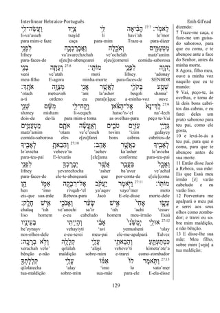 Interlinear Hebraico-Português Enih Gil’ead
129
‫ָֽר׃‬ֹ ‫ֵאמ‬‫ל‬27:7
‫ֵ֥י‬ִ‫ֵה־ל‬‫ׂש‬ֲ‫ע‬ַ‫ו‬ ‫ִד‬‫י‬ִַ֛‫צ‬ ‫ֵ֥י‬ִ‫ׄא‬ ‫יָאה‬ ִָ֨‫ב‬ָ‫ה‬
li-va‟asseh tsayid li havi‟ah le‟mor
para mim-e faze caça para-mim Traze-a para-dizer
‫ֵ֥י‬ֵ‫ְנ‬‫פ‬ִ‫ל‬ ‫ִ֛ה‬ָ‫ְכ‬‫כ‬ ֶ‫ָר‬‫ב‬ֲ‫א‬ַ‫ו‬ ‫ָה‬‫ל‬ִֵ֑‫ֹכ‬ ‫ְא‬‫ו‬ ‫ים‬ִִׁ֖‫ַׅא‬‫ע‬ְ‫ט‬ַ‫מ‬
lifney va‟avarechəchah ve‟ochelah matə‟amim
para-faces-de e[eu]te-abençoarei e[eu]comerei comida-saborosa
‫ָֽי׃‬ ִ‫מֹות‬ ‫ֵ֥י‬ֵ‫ְנ‬‫פ‬ִ‫ל‬ ‫ִׁ֖ה‬ָ‫ְהו‬‫י‬27:8
‫ִׁ֖י‬ִ‫נ‬ְ‫ב‬ ‫ה‬ֵָ֥ ַ‫ע‬ְ‫ו‬
veni ve‟atah moti lifney „adonay
meu-filho E-agora minha-morte para-faces-de SENHOR
‫ְָֽך׃‬ ָ‫ֹת‬ ‫א‬ ‫ֵ֥ה‬ָ‫ַ־א‬‫צ‬ְ‫מ‬ ‫ִׁ֖י‬ִ‫נ‬ֲ‫א‬ ‫ר‬ֵֶ֥‫ֲש‬‫א‬ַ‫ל‬ ‫ִ֑י‬ִ‫ֹל‬ ‫ְק‬‫ֺא‬ ‫ע‬ַָ֣‫ְמ‬‫ש‬
„otach metsaveh „ani la‟asher beqoli shəma‟
a-ti ordeno eu para[o]que a-minha-voz ouve
27:9
‫ִ֛י‬ֵ‫ְנ‬‫ש‬ ‫ם‬ ָָ֗‫ש‬ִ‫מ‬ ‫ָ֣י‬ִ‫ח־ל‬ָֽ ַ‫ְק‬‫ו‬ ‫אן‬ ֹֹ֔ ‫ַצ‬‫ה‬‫ֶל־‬‫א‬ ֹ֙‫ָא‬‫נ‬‫ְֶך־‬‫ל‬
shəney misham li-veqach hatso‟n-„el na‟-lech
dois-de de-lá para mim-e toma as ovelhas-para peço te-Vai
‫ִ֛ים‬ִ‫ַׅא‬‫ע‬ְ‫ט‬ַ‫מ‬ ‫ם‬ַָּ֧‫ֹת‬ ‫א‬ ‫ה‬ ֶָ֨‫ׂש‬ֱ‫ע‬ֶ ָֽ‫ְא‬‫ו‬ ‫ים‬ִִ֑‫ֹב‬ ‫ט‬ ‫ִׁ֖ים‬ִ‫ֿא‬ִ‫ע‬ ‫ֵ֥י‬ֵ‫י‬ָ‫ְד‬‫ֻא‬
matə‟amim „otam ve‟e‟esseh tovim „izim gedayey
comida-saborosa eles e[eu]farei bons cabras cabritos-de
‫ָֽב׃‬ ֵ‫ָאה‬ ‫ר‬ֵֶ֥‫ֲש‬‫א‬ַ‫׃א‬ ‫יָך‬ִִׁ֖‫ְָאב‬‫ל‬27:10
‫יָך‬ִִׁ֖‫ְָאב‬‫ל‬ ֵָ֥‫ֵאת‬‫ב‬ֵ‫ה‬ְ‫ו‬
le‟avicha veheve‟ta „achev ka‟asher le‟avicha
para-teu-pai E-levarás [ele]ama conforme para-teu-pai
‫ֵ֥י‬ֵ‫ְנ‬‫פ‬ִ‫ל‬ ִׁ֖‫ְָך‬‫כ‬ ֶ‫ָר‬‫ב‬ְ‫י‬ ‫ר‬ֵֶ֥‫ֲש‬‫א‬ ‫ִ֛ר‬ֺ‫ֲב‬‫ע‬ַ‫ֺא‬ ‫ל‬ִָ֑‫ְָאכ‬‫ו‬
lifney yevarechəcha „asher ba‟avur ve‟achal
para-faces-de ele-te-abençoará que por-conta-de e[ele]coma
‫ֹו׃‬ָֽ‫מֹות‬27:11
‫ן‬ֵָ֣‫ה‬ ‫ֹו‬ ִ֑‫ִׅא‬‫א‬ ‫ה‬ ִָׁ֖‫ְק‬‫ב‬ ִ‫ֶל־ר‬‫א‬ ‫ב‬ ֹֹ֔ ‫ֲק‬‫ע‬ַ‫י‬ ‫ֶר‬‫מ‬‫ָ֣א‬ֹ ‫ַׁא‬‫ו‬
hen „imo rivqah-„el ya‟aqov vayo‟mer moto
eis-que sua-mãe Rebeca-para Jacó E-ele-disse morte-dele
‫ָֽק׃‬ ָ‫ָל‬‫ח‬ ‫ֵ֥יש‬ִ‫א‬ ‫י‬ִִׁ֖‫ֹכ‬ ‫ְָאנ‬‫ו‬ ‫ר‬ ִֹ֔‫ע‬ָ‫ׂש‬ ‫יש‬ִָ֣‫א‬ ֹ֙‫י‬ִ‫ח‬‫ָא‬ ‫ו‬ ִָ֤‫ֵׂש‬‫ע‬
chalaq „ish ve‟anochi sa‟ir „ish „achi „essav
liso homem e-eu cabeludo homem meu-irmão Esaú
27:12
‫ִׁ֖יו‬ָ‫ֵינ‬‫ע‬ְ‫ב‬ ‫י‬ִ‫ֵ֥ית‬ִ‫י‬ָ‫ה‬ְ‫ו‬ ‫י‬ ִֹ֔‫ב‬‫ָא‬ ֹ֙‫י‬ִ‫נ‬ֵֹ֙‫ש‬ֺ‫מ‬ְ‫י‬ ‫ִ֤י‬ַ‫א־אל‬
be‟eynayv vehayiyti „avi yemusheni „ulay
nos-olhos-dele e-eu-serei meu-pai ele-me-apalpará Talvez
‫ָֽה׃‬ ָ‫כ‬ ָ‫ְר‬‫ב‬ ‫א‬ ֵ֥‫ְֹל‬‫ו‬ ‫ִׁ֖ה‬ָ‫ָל‬‫ל‬ְ‫ק‬ ‫ִ֛י‬ַ‫ָל‬‫ע‬ ‫י‬ִֵ֥‫ֵאת‬‫ב‬ֵ‫ה‬ְ‫ו‬ ַ‫ע‬ ִֵ֑ ְ‫ע‬ַ‫ְת‬‫מ‬ִ‫׃א‬
verachah velo‟ qelalah „alayi veheve‟ti kimeta‟əte‟a
bênção e-não maldição sobre-mim e-trarei como-zombador
27:13
ִׁ֖‫ָך‬ְ‫ָת‬‫ל‬ְ‫ל‬ִ‫ק‬ ‫ֵ֥י‬ַ‫ָל‬‫ע‬ ‫ֹו‬ ֹ֔‫ִׅא‬‫א‬ ֹ֙‫ֹו‬‫ל‬ ‫ֶר‬‫מ‬‫א‬ ִֹ֤ ַ‫ו‬
qiləlatecha „alay „imo lo vato‟mer
tua-maldição sobre-mim sua-mãe para-ele E-ela-disse
dizendo:
7 Traze-me caça, e
faze-me um guisa-
do saboroso, para
que eu coma, e te
abençoe ante a face
do Senhor, antes da
minha morte.
8 Agora, filho meu,
ouve a minha voz
naquilo que eu te
mando:
9 Vai, peço-te, às
ovelhas, e toma de
lá dois bons cabri-
tos das cabras, e eu
farei deles um
prato saboroso para
teu pai, como ele
gosta,
10 e levá-lo-ás a
teu pai, para que o
coma, para que te
abençoe antes de
sua morte.
11 Então disse Jacó
a Rebeca, sua mãe:
Eis que Esaú meu
irmão [é] varão
cabeludo e eu
varão liso.
12 Porventura me
apalpará o meu pai
e serei aos seus
olhos como zomba-
dor; e trarei eu so-
bre mim maldição,
e não bênção.
13 E disse-lhe sua
mãe: Meu filho,
sobre mim [seja] a
tua maldição;
 