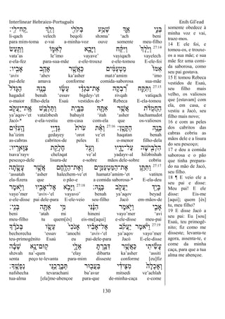 Interlinear Hebraico-Português Enih Gil’ead
130
‫ָֽי׃‬ ִ‫ח־ל‬ָֽ ַ‫ק‬ ‫ְֵ֥ך‬ֵ‫ְל‬‫ו‬ ‫ִׁ֖י‬ִ‫ֹל‬ ‫ְק‬‫ֺא‬ ‫ֵ֥ע‬ַ‫ְמ‬‫ש‬ ‫ְִ֛ך‬ַ‫א‬ ‫ִ֑י‬ִ‫נ‬ְ‫ֺא‬
li-qach velech beqoli shəma‟ „ach beni
para mim-toma e-vai a-minha-voz ouve somente meu-filho
27:14
‫ַׂש‬‫ע‬ִַ֤ ַ‫ו‬ ‫ֹו‬ ִ֑‫ִׅא‬‫א‬ְ‫ל‬ ‫א‬ִֵׁ֖‫ָב‬‫ׁא‬ַ‫ו‬ ‫ח‬ ַֹ֔ ִ‫ׁא‬ַ‫ו‬ ֹ֙‫ְך‬ֶ‫ל‬ֵֹ֙‫ׁא‬ַ‫ו‬
vata‟as le‟imo vayave‟ vayiqach vayelech
e-ela-fez para-sua-mãe e-ele-trouxe e-ele-tomou E-ele-foi
‫ָֽיו׃‬ ִ‫ָאב‬ ‫ֵ֥ב‬ֵ‫ָאה‬ ‫ר‬ ִֶׁ֖‫ֲש‬‫א‬ַ‫׃א‬ ‫ים‬ ִֹ֔‫ׅא‬ַ‫ע‬ְ‫ט‬ַ‫מ‬ ֹ֙‫ֹו‬‫ִׅא‬‫א‬
„aviv „ahev ka‟asher matə‟amim „imo
pai-dele amava conforme comida-saborosa sua-mãe
27:15
ֹ֙‫ל‬ֹ ‫ָד‬‫ֻא‬ַ‫ה‬ ‫ִֽ֤א‬ָ‫ְנ‬‫ֺא‬ ‫ו‬ָ‫ׂש‬ֵ‫ע‬ ‫י‬ ֵָ֨‫ְד‬‫ג‬ִ‫ֺא‬‫ֶת־‬‫א‬ ‫ָה‬‫ק‬ְ‫ב‬ ִֶּ֠‫ר‬ ‫ח‬ַָ֣ ִ ַ‫ו‬
hagadol benah „essav bigdey-„et rivqah vatiqach
o-maior filho-dela Esaú vestidos de-* Rebeca E-ela-tomou
‫ב‬ ִֹׁ֖ ‫ֲק‬‫ע‬ַ‫י‬‫ָֽת־‬ ֶ‫א‬ ‫ֵ֥ש‬ֵ‫ְֺא‬‫ל‬ַ ַ‫ו‬ ‫ִת‬‫י‬ִָ֑‫ַֺא‬‫ֺא‬ ‫ֽא‬ ִָׁ֖ ִ‫א‬ ‫ר‬ֵֶ֥‫ֲש‬‫א‬ ‫ת‬ ֹֹ֔ ‫ֺד‬‫מ‬ֲ‫ח‬ַ‫ה‬
ya‟aqov-„et vataləbesh babayit „itah „asher hachamudot
Jacó-* e-ela-vestiu em-casa com-ela que os-valiosos
‫ָֽן׃‬ ָ‫ָט‬ ַ‫ה‬ ‫ֵֽ֥א‬ָ‫ְנ‬‫ֺא‬27:16
‫ים‬ִֹ֔‫ֿא‬ִ‫ע‬ָֽ ָ‫ה‬ ‫ָ֣י‬ֵ‫י‬ָ‫ְד‬‫ֻא‬ ֹ֙‫ת‬ֹ ‫ֹר‬ ‫ע‬ ‫ת‬ ֵָ֗‫א‬ְ‫ו‬
ha‟izim gedayey „orot ve‟et haqatan benah
as-cabras cabritos-de peles E o-menor filho-dela
‫יו׃‬ָֽ ָ‫ָאר‬‫־א‬ַ‫צ‬ ‫ת‬ ֵַ֥‫ְק‬‫ל‬ֶ‫ח‬ ‫ל‬ִַׁ֖‫ְע‬‫ו‬ ‫יו‬ ִָ֑‫ָד‬‫י‬‫ַל־‬‫ע‬ ‫ָה‬‫ש‬‫י‬ִִׁ֖‫ְֺא‬‫ל‬ִ‫ה‬
tsava‟rayv cheləqat ve‟al yadayv-al hiləbishah
pescoço-dele lisura-de e-sobre mãos dele-sobre cobriu
27:17
‫ה‬ָ‫ת‬ ִָ֑‫ָׂש‬‫ע‬ ‫ר‬ ֶָ֣‫ֲש‬‫א‬ ‫ֶם‬‫ח‬ִֶׁ֖‫ַׄא‬‫ה‬‫ֶת־‬‫א‬ְ‫ו‬ ‫ִ֛ים‬ִ‫ַׅא‬‫ע‬ְ‫ט‬ַ‫ׅא‬ַ‫ה‬‫ֶת־‬‫א‬ ‫ן‬ֵַּ֧ ִ ַ‫ו‬
„assatah „asher halechem-ve‟et hamatə‟amim-„et vatiten
ela-fizera que o pão-e a comida saborosa-* E-ela-deu
‫ָֽֽא׃‬ ָ‫ְנ‬‫ֺא‬ ‫ב‬ ֵֹ֥ ‫ֲק‬‫ע‬ַ‫י‬ ‫ִׁ֖ד‬ַ‫י‬ְ‫ֺא‬27:18
‫ֶר‬‫מ‬‫ָ֣א‬ֹ ‫ַׁא‬‫ו‬ ‫יו‬ִִׁ֖‫ֶל־ָאב‬‫א‬ ‫א‬ ֵֹ֥ ‫ָב‬‫ׁא‬ַ‫ו‬
vayo‟mer „aviv-„el vayavo‟ benah ya‟aqov beyad
e-ele-disse pai dele-para E-ele-veio seu-filho Jacó em-mãos-de
‫ָֽי׃‬ ִ‫נ‬ְ‫ֺא‬ ‫ה‬ ִָׁ֖ ַ‫א‬ ‫ֵ֥י‬ִ‫מ‬ ‫ִי‬‫׆א‬ ֶֹ֔‫׆א‬ִ‫ה‬ ‫ֶר‬‫מ‬‫ָ֣א‬ֹ ‫ַׁא‬‫ו‬ ‫י‬ִִ֑‫ָאב‬
beni „atah mi hineni vayo‟mer „avi
meu-filho tu quem[és] eis-me[aqui] e-ele-disse meu-pai
27:19
‫ָך‬ ֶֹ֔‫ֹר‬ ‫ְכ‬‫ֺא‬ ‫ו‬ ָָ֣‫ֵׂש‬‫ע‬ ֹ֙‫י‬ִ‫כ‬ֹ ‫ָאנ‬ ‫יו‬ ִָ֗‫ב‬‫ֶל־ָא‬‫א‬ ‫ב‬ֹ ‫ֲק‬‫ע‬ַ‫י‬ ‫ֶר‬‫מ‬‫א‬ָֹ֨ ‫ַׁא‬‫ו‬
bechorecha „essav „anochi „aviv-„el ya‟aqov vayo‟mer
teu-primogênito Esaú eu pai-dele-para Jacó E-ele-disse
‫ה‬ ָָ֗‫ב‬ְ‫ש‬ ‫ָ֣א‬ָ‫ָֽ־אם־נ‬‫ק‬ ‫ִ֑י‬ָ‫ֵל‬‫א‬ ָ ְ‫ר‬ִַׁ֖‫ֺא‬ִ‫ּא‬ ‫ר‬ֵֶ֥‫ֲש‬‫א‬ַ‫׃א‬ ‫י‬ִ‫ית‬ִ‫ׂש‬ָ‫ע‬
shəvah na‟-qum „elay dibarta ka‟asher „assiti
senta peço te-levanta para-mim disseste conforme [eu]fiz
‫ָָֽך׃‬ ֶ‫ְש‬‫פ‬ַ‫נ‬ ‫ִי‬‫׆א‬ֵַ֥‫כ‬ ֲ‫ָר‬‫ב‬ְ ‫־אר‬ ִׁ֖‫ֲב‬‫ע‬ַ‫ֺא‬ ‫י‬ ִֹ֔‫ֵיד‬‫צ‬ִ‫מ‬ ֹ֙‫ָה‬‫ל‬ְ‫כ‬‫ְָא‬‫ו‬
nafshecha tevarachani ba‟avur mitsedi ve‟achlah
tua-alma [ela]me-abençoe para-que de-minha-caça e-come
somente obedece à
minha voz e vai,
traze-mos.
14 E ele foi, e
tomou-os, e trouxe-
os a sua mãe; e sua
mãe fez uma comi-
da saborosa, como
seu pai gostava.
15 E tomou Rebeca
vestidos de Esaú,
seu filho mais
velho, os valiosos
que [estavam] com
ela, em casa, e
vestiu a Jacó, seu
filho mais novo;
16 e com as peles
dos cabritos das
cabras cobriu as
mãos dele e a lisura
do seu pescoço;
17 e deu a comida
saborosa e o pão
que tinha prepara-
do na mão de Jacó,
seu filho.
18 ¶ E veio ele a
seu pai e disse:
Meu pai! E ele
disse: Eis-me
[aqui]; quem [és]
tu, meu filho?
19 E disse Jacó a
seu pai: Eu [sou]
Esaú, teu primogê-
nito; fiz como me
disseste; levanta-te
agora, assenta-te, e
come da minha
caça, para que a tua
alma me abençoe.
 