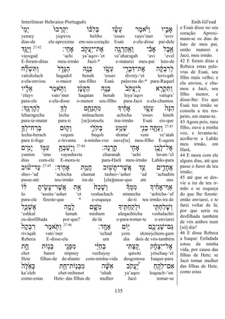 Interlinear Hebraico-Português Enih Gil’ead
135
ֹ֙‫י‬ֵ‫מ‬ְ‫י‬ ֹ֙‫־א‬‫ב‬ ְ‫ְר‬‫ק‬ִ‫י‬ ‫ֹו‬ ָ֗‫ִֺא‬‫ל‬ְ‫ֺא‬ ‫ו‬ָ‫ׂש‬ֵ‫ע‬ ‫ֶר‬‫מ‬‫א‬ָֹ֨ ‫ַׁא‬‫ו‬ ‫יו‬ִִ֑‫ָאב‬
yemey yiqrevu belibo „essav vayo‟mer „aviv
dias-de ele-aproxima em-seu-coração Esaú e-ele-disse pai-dele
‫ָֽי׃‬ ִ‫ָאח‬ ‫ב‬ ֵֹ֥ ‫ֲק‬‫ע‬ַ‫י‬‫ֶת־‬‫א‬ ‫ִׁ֖ה‬ָ‫ג‬ ְ‫ַר‬‫ה‬ָֽ ַ‫ְא‬‫ו‬ ‫י‬ ִֹ֔‫ב‬‫ָא‬ ‫ֶל‬‫ב‬ֵָ֣‫א‬27:42
‫ָ֣ד‬ַ‫ֺֻא‬‫ׁא‬ַ‫ו‬
vayugad „achi ya‟aqov-‟et ve‟aharǝgah „avi „evel
E-foram-ditas meu-irmão Jacó-* e-matarei meu-pai luto-de
‫ח‬ ִַ֞‫ל‬ְ‫ש‬ִ ַ‫ו‬ ‫ל‬ ִֹ֑ ‫ָד‬‫ֻא‬ַ‫ה‬ ‫ָֽ֣א‬ָ‫ְנ‬‫ֺא‬ ‫ו‬ ִָׁ֖‫ֵׂש‬‫ע‬ ‫י‬ ֵֵ֥‫ְר‬‫ב‬ִ‫ֶת־ּא‬‫א‬ ‫ה‬ ָֹ֔‫ק‬ְ‫ב‬ ִ‫ְר‬‫ל‬
vatishǝlach hagadol benah „essav divrey-„et lerivqah
e-ela-enviou o-maior seu-filho Esaú palavras de-* para-Raquel
‫יו‬ ָֹ֔‫ל‬ֵ‫א‬ ‫ֶר‬‫מ‬‫א‬ ָֹ֣ ַ‫ו‬ ‫ן‬ ָֹ֔‫ט‬ָ ַ‫ה‬ ‫ָֽ֣א‬ָ‫ְנ‬‫ֺא‬ ֹ֙‫ב‬ֹ ‫ֲק‬‫ע‬ַ‫י‬ְ‫ל‬ ‫א‬ ִָ֤‫ְר‬‫ק‬ִ ַ‫ו‬
„elayv vato‟mer haqatan benah leya‟aqov vatiqra‟
para-ele e-ela-disse o-menor seu-filho para-Jacó e-ela-chamou
‫ָָֽך׃‬ ֶ‫ג‬ ְ‫ָר‬‫ה‬ְ‫ל‬ ִׁ֖‫ְָך‬‫ל‬ ‫ֵ֥ם‬ֵ‫ַח‬‫נ‬ְ‫ִת‬‫מ‬ ‫יָך‬ ִֹ֔‫ח‬‫ָא‬ ‫ו‬ ָָ֣‫ֵׂש‬‫ע‬ ֹ֙‫ֵה‬‫׆א‬ִ‫ה‬
leharǝgecha lecha mitnachem achicha „essav hineh
para-te-matar para-ti [se]consola teu-irmão Esaú eis-que
27:43
ִ֛‫ְָך‬‫ל‬‫ח־‬ ַ‫ְר‬‫ֺא‬ ‫־אם‬ ַּ֧‫ְק‬‫ו‬ ‫ִ֑י‬ִ‫ֹל‬ ‫ְק‬‫ֺא‬ ‫ע‬ַָ֣‫ְמ‬‫ש‬ ‫ִׁ֖י‬ִ‫נ‬ְ‫ב‬ ‫ה‬ֵָ֥ ַ‫ע‬ְ‫ו‬
lecha-berach vequm beqoli shǝma‟ veni ve‟atah
para ti-foge e-levanta à-minha-voz ouve[tu] meu-filho E-agora
‫ָה׃‬‫נ‬ָֽ ָ‫ָר‬‫ח‬ ‫י‬ ִִׁ֖‫ָאח‬ ‫ֵ֥ן‬ָ‫ָב‬‫ל‬‫ֶל־‬‫א‬27:44
‫ים‬ִָ֣‫ָמ‬‫י‬ ‫ֹו‬ ִׁ֖‫ִׅא‬‫ע‬ ֵָ֥ ְ‫ב‬ַ‫ש‬ָ‫י‬ְ‫ו‬
yamim „imo vayashavta charanah „achi lavan-„el
dias com-ele E-mora-te para-Harã meu-irmão Labão-para
‫ָֽיָך׃‬ ִ‫ָאח‬ ‫ֵ֥ת‬ַ‫ֲמ‬‫ח‬ ‫־אב‬ ִׁ֖‫ש‬ָ ‫ֶר־‬‫ש‬ֲ‫א‬ ‫ֵ֥ד‬ַ‫ע‬ ‫ים‬ ִִ֑‫ָד‬‫ח‬ֲ‫א‬27:45
‫־אב‬ ָ֨‫ַד־ש‬‫ע‬
shuv-„ad „achicha chamat tashuv-„asher „ad „achadim
passe-até teu-irmão ira-de [ela]passe-que até uns
‫ֹו‬ ֹ֔‫ׄא‬ ָ‫ית‬ ִָ֣‫ָׂש‬‫ע‬‫ֶר־‬‫ש‬ֲ‫א‬ ‫ת‬ֵָ֣‫א‬ ֹ֙‫ַח‬‫כ‬ָ‫ש‬ְ‫ו‬ ָ֗‫ְָך‬‫ׅא‬ִ‫מ‬ ‫יָך‬ִ‫ח‬‫ַאף־ָא‬
lo „assita-„asher „et veshachach mimecha „achicha-„af
para-ele fizeste-que * e-esqueça de-ti teu irmão-ira de
‫ִ֛ל‬ַ‫ְ׃א‬‫ש‬ֶ‫א‬ ‫ֵ֥ה‬ָ‫ָמ‬‫ל‬ ‫ם‬ ִָ֑‫ִש‬‫מ‬ ‫יָך‬ִָ֣ ְ‫ח‬ַ‫ק‬ְ‫ל‬‫־א‬ ‫י‬ ִִׁ֖ ְ‫ח‬ַ‫ל‬ָ‫ש‬ְ‫ו‬
„eshkal lamah misham uleqachticha veshalachti
eu-desfilhada por-que? de-lá e-para-tomar-te e-enviarei
‫ָֽד׃‬ ָ‫ֶח‬‫א‬ ‫ֵֹ֥ום‬‫י‬ ‫ִׁ֖ם‬ֶ‫ֵיכ‬‫נ‬ְ‫ש‬‫ַם־‬‫ֻא‬27:46
ֹ֙‫ָה‬‫ק‬ְ‫ב‬ ִ‫ר‬ ‫ֶר‬‫מ‬‫א‬ ִֹ֤ ַ‫ו‬
rivǝqah vato‟mer „echad yom shǝneychem-gam
Rebeca E-disse-ela um dia dois de vós-também
‫ת‬ ִֵ֑‫ח‬ ‫ֹות‬ָ֣‫ְנ‬‫ֺא‬ ‫ִׁ֖י‬ֵ‫ְנ‬‫פ‬ִ‫מ‬ ‫י‬ַֹ֔‫ׁא‬ַ‫ח‬ְ‫ב‬ ‫י‬ִ ְ‫צ‬ ַָ֣‫ק‬ ‫ק‬ ָֹ֔‫ח‬ְ‫צ‬ִ‫י‬‫ֶל־‬‫א‬
chet banot mipney vechayay qatsǝti yitschaq-„el
Hete filhas-de de-diante com-minha-vida desgostosa Isaque-para
ֹ֙‫ֶה‬‫ׄא‬ֵֹ֙‫א‬ָ‫׃א‬ ‫ת‬ִֵ֤‫ָֹֽות־ח‬‫נ‬ְ‫ֺא‬ִ‫מ‬ ‫ה‬ ָָ֨‫ש‬ִ‫א‬ ‫ֹב‬ ‫ֲק‬‫ע‬ ֶַּ֠‫י‬ ַ‫ח‬ ֵָ֣‫ִם־ֹלק‬‫א‬
ka‟eleh chet-mibenot „ishah ya‟aqov loqeach-„im
como-estas Hete- das filhas de mulher Jacó tomar-se
e Esaú disse no seu
coração: Aproxi-
mam-se os dias de
luto de meu pai,
então matarei a
Jacó, meu irmão.
42 E foram ditas a
Rebeca estas pala-
vras de Esaú, seu
filho mais velho; e
ela enviou, e cha-
mou a Jacó, seu
filho menor, e
disse-lhe: Eis que
Esaú teu irmão se
consola a teu res-
peito, em matar-te.
43 Agora pois, meu
filho, ouve a minha
voz, e levanta-te;
acolhe-te a Labão
meu irmão, em
Harã,
44 E mora com ele
alguns dias, até que
passe o furor de teu
irmão;
45 até que se des-
vie a ira de teu ir-
mão e se esqueça
do que lhe fizeste:
então enviarei, e te
farei voltar de lá;
por que seria eu
desfilhada também
de vós ambos num
[só] dia?
46 E disse Rebeca
a Isaque: Enfadada
estou da minha
vida, por causa das
filhas de Hete; se
Jacó tomar mulher
das filhas de Hete,
como estas
 