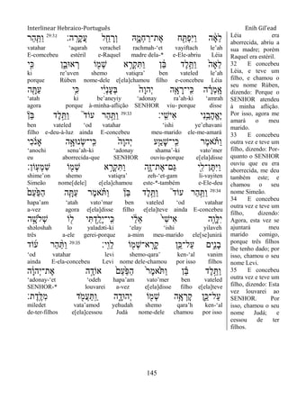 Interlinear Hebraico-Português Enih Gil’ead
145
‫ה׃‬ָֽ ָ‫ָר‬‫ק‬ֲ‫ע‬ ‫ל‬ ִֵׁ֖‫ח‬ ָ‫ְר‬‫ו‬ ‫ֽא‬ִָ֑‫ְמ‬‫ח‬ ַ‫ֶת־ר‬‫א‬ ‫ח‬ ִַׁ֖ ְ‫פ‬ִ‫ׁא‬ַ‫ו‬ ‫ה‬ ָֹ֔‫א‬ֵ‫ל‬29:32
‫ַר‬‫ה‬ִַ֤ ַ‫ו‬
vatahar „aqarah verachel rachmah-„et vayiftach le‟ah
E-comcebeu estéril e-Raquel madre dela-* e-Ele-abriu Léia
‫ָ֣י‬ִ‫׃א‬ ‫ן‬ִֵ֑‫א־אב‬ ְ‫ר‬ ‫ֹו‬ ִׁ֖‫ְמ‬‫ש‬ ‫א‬ ֵָ֥‫ְר‬‫ק‬ִ ַ‫ו‬ ‫ן‬ ֵֹ֔‫ֺא‬ ‫ֶד‬‫ל‬ֵָ֣ ַ‫ו‬ ֹ֙‫ֵָאה‬‫ל‬
ki re‟uven shemo vatiqra‟ ben vateled le‟ah
porque Rúben nome-dele e[ela]chamou filho e-concebeu Léia
‫ה‬ ִָׁ֖ ַ‫ע‬ ‫ֵ֥י‬ִ‫׃א‬ ‫י‬ִֹ֔‫י‬ְ‫נ‬ָ‫ע‬ְ‫ֺא‬ ֹ֙‫ָה‬‫ו‬‫ְה‬‫י‬ ‫ה‬ִָ֤‫א‬ ָ‫ָֽי־ר‬ ִ‫׃א‬ ‫ה‬ ָָ֗‫ְר‬‫מ‬ָֽ ָ‫א‬
„atah ki be‟aneyiy „adonay ra‟ah-ki „amrah
agora porque à-minha-aflição SENHOR viu- porque disse
‫ָֽי׃‬ ִ‫ִיש‬‫א‬ ‫ִי‬‫נ‬ֵַ֥‫ָב‬‫ה‬ֱ‫א‬ֶ‫י‬29:33
‫ֵן‬‫ֺא‬ ‫ֶד‬‫ל‬ֵָ֣ ַ‫ו‬ ֮‫ד‬‫עֹו‬ ‫ַר‬‫ה‬ַָ֣ ַ‫ו‬
ben vateled „od vatahar „ishi ye‟ehavani
filho e-deu-à-luz ainda E-concebeu meu-marido ele-me-amará
‫ִי‬‫כ‬ ֹֹ֔ ‫ָאנ‬ ‫ה‬ָָ֣‫ְנ־אא‬‫ׂש‬‫ָֽי־‬ ִ‫׃א‬ ֹ֙‫ָה‬‫ו‬‫ְה‬‫י‬ ‫ע‬ִַ֤‫ָמ‬‫ש‬‫ָֽי־‬ ִ‫׃א‬ ‫ֶר‬‫מ‬‫א‬ ָֹ֗ ַ‫ו‬
„anochi senu‟ah-ki „adonay shama‟-ki vato‟mer
eu aborrecida-que SENHOR ouviu-porque e[ela]disse
‫ָֹֽון׃‬‫ע‬ְ‫מ‬ִ‫ש‬ ‫ֹו‬ ִׁ֖‫ְמ‬‫ש‬ ‫א‬ ֵָ֥‫ְר‬‫ק‬ִ ַ‫ו‬ ‫ִ֑ה‬ֶ‫ז‬‫ֶת־‬‫א‬‫ַם־‬‫ֻא‬ ‫ִׁ֖י‬ִ‫ן־ל‬ֶ ִ‫ׁא‬ַ‫ו‬
shime‟on shemo vatiqra‟ zeh-„et-gam li-vayiten
Simeão nome[dele] e[ela]chamou este-*-também e-Ele-deu
29:34
ֹ֙‫ַם‬‫ע‬ַֹ֙‫פ‬ַ‫ה‬ ‫ה‬ִָ֤ ַ‫ע‬ ‫ֶר‬‫מ‬‫א‬ ָֹ֗ ַ‫ו‬ ‫ֵן‬‫ֺא‬ ‫ֶד‬‫ל‬ֵָ֣ ַ‫ו‬ ֮‫ד‬‫עֹו‬ ‫ַר‬‫ה‬ַָ֣ ַ‫ו‬
hapa‟am „atah vato‟mar ben vateled „od vatahar
a-vez agora e[ela]disse filho e[ela]teve ainda E-concebeu
‫ה‬ ָָ֣‫ְֹלש‬‫ש‬ ‫ֹו‬ ִׁ֖‫ל‬ ‫י‬ִ ְ‫ֵ֥ד‬ַ‫ָל‬‫י‬‫ָֽי־‬ ִ‫׃א‬ ‫י‬ ַֹ֔‫ל‬ֵ‫א‬ ֹ֙‫י‬ִ‫ש‬‫ִי‬‫א‬ ‫ִ֤ה‬ֶ‫ָו‬‫ׄא‬ִ‫י‬
shəloshah lo yaladəti-ki „elay „ishi yilaveh
três a-ele gerei-porque a-mim meu-marido ele[se]unirá
‫ָֽי׃‬ ִ‫ֵו‬‫ל‬ ‫ֹו‬ ִׁ֖‫ְמ‬‫ש‬‫א־‬ָֽ ָ‫ָר‬‫ק‬ ‫ֵ֥ן‬ֵ‫ַל־׃א‬‫ע‬ ‫ִ֑ים‬ִ‫נ‬ָ‫ב‬29:35
‫ֹוד‬‫ע‬ ‫ַר‬‫ה‬ ַָ֨ ַ‫ו‬
„od vatahar levi shemo-qara‟ ken-„al vanim
ainda E-ela-concebeu Levi nome dele-chamou por isso filhos
‫ה‬ָֹ֔‫ו‬‫ְה‬‫י‬‫ֶת־‬‫א‬ ‫ה‬ֶָ֣‫אֹוד‬ ֹ֙‫ַם‬‫ע‬ַֹ֙‫פ‬ַ‫ה‬ ֹ֙‫ר‬ֶ‫מ‬‫ֹ֙א‬ֹ ַ‫ו‬ ‫ן‬ ֵָ֗‫ֺא‬ ‫ֶד‬‫ל‬ֵָ֣ ַ‫ו‬
„adonay-„et „odeh hapa‟am vato‟mer ben vateled
SENHOR-* louvarei a-vez e[ela]disse filho e[ela]teve
‫ת׃‬ֶ‫ָֽד‬ ֶ‫ִׄא‬‫מ‬ ‫ד‬ ִֹׁ֖ ‫ֲמ‬‫ע‬ַ ָֽ ַ‫ו‬ ‫ה‬ ִָ֑‫ְה־אד‬‫י‬ ‫ֹו‬ ִׁ֖‫ְמ‬‫ש‬ ‫ֵ֥ה‬ָ‫א‬ ְ‫ָר‬‫ק‬ ‫ִ֛ן‬ֵ‫ַל־׃א‬‫ע‬
miledet vata‟amod yehudah shemo qara‟h ken-„al
de-ter-filhos e[ela]cessou Judá nome-dele chamou por isso
Léia era
aborrecida, abriu a
sua madre; porém
Raquel era estéril.
32 E concebeu
Léia, e teve um
filho, e chamou o
seu nome Rúben,
dizendo: Porque o
SENHOR atendeu
à minha aflição.
Por isso, agora me
amará o meu
marido.
33 E concebeu
outra vez e teve um
filho, dizendo: Por-
quanto o SENHOR
ouviu que eu era
aborrecida, me deu
também este; e
chamou o seu
nome Simeão.
34 E concebeu
outra vez e teve um
filho, dizendo:
Agora, esta vez se
ajuntará meu
marido comigo,
porque três filhos
lhe tenho dado; por
isso, chamou o seu
nome Levi.
35 E concebeu
outra vez e teve um
filho, dizendo: Esta
vez louvarei ao
SENHOR. Por
isso, chamou o seu
nome Judá; e
cessou de ter
filhos.
 