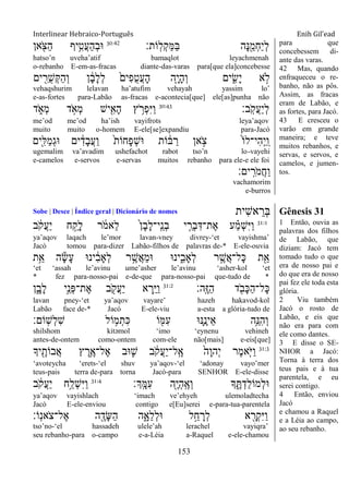 Interlinear Hebraico-Português Enih Gil’ead
153
‫ָֹֽות׃‬‫ל‬ְ‫ק‬ַ‫ׅא‬ַ‫ֺא‬ ‫ָה‬‫׆א‬ִֵׁ֖‫ְמ‬‫ח‬ַ‫י‬ְ‫ל‬30:42
‫אן‬ ִֹׁ֖ ‫ַצ‬‫ה‬ ‫יף‬ִֵ֥‫ֲט‬‫ע‬ַ‫ה‬ְ‫ב‬‫־א‬
hatso‟n uveha‟atif bamaqlot leyachmenah
o-rebanho E-em-as-fracas diante-das-varas para[que ela]concebesse
‫ים‬ ִִׁ֖‫ֺר‬‫ש‬ְ ַ‫ה‬ְ‫ו‬ ‫ן‬ ָֹ֔‫ב‬ָ‫ל‬ְ‫ל‬ ֹ֙‫ִים‬‫פ‬ֺ‫ט‬ֲ‫ע‬ָ‫ה‬ ‫ִ֤ה‬ָ‫י‬ָ‫ה‬ְ‫ו‬ ‫ים‬ ִִ֑‫ָׂש‬‫י‬ ‫א‬ ָ֣‫ֹל‬
vehaqshurim lelavan ha‟atufim vehayah yassim lo‟
e-as-fortes para-Labão as-fracas e-acontecia[que] ele[as]punha não
‫ָֽב׃‬ֹ ‫ֲק‬‫ע‬ַ‫י‬ְ‫ל‬30:43
‫ד‬ ִֹ֑ ‫ְא‬‫מ‬ ‫ד‬ ָֹ֣ ‫ְא‬‫מ‬ ‫יש‬ִִׁ֖‫ָא‬‫ה‬ ‫ץ‬ ֵֹ֥ ‫ְר‬‫פ‬ִ‫ׁא‬ַ‫ו‬
me‟od me‟od ha‟ish vayifrots leya‟aqov
muito muito o-homem E-ele[se]expandiu para-Jacó
‫ִׁ֖ים‬ִ‫ַׄא‬‫מ‬ְ‫ג‬‫־א‬ ‫ים‬ ִֹ֔‫ָד‬‫ב‬ֲ‫ע‬ַ‫ו‬ ֹ֙‫ת‬‫ָחֹו‬‫פ‬ְ‫ש‬‫־א‬ ‫ֹות‬ ֹ֔‫ֺא‬ ַ‫ר‬ ‫אן‬ ָֹ֣ ‫צ‬ ֹ֙‫ֹו‬‫ִי־ל‬‫ה‬ְ‫י‬ַ ָֽ‫ו‬
ugemalim va‟avadim ushefachot rabot tso‟n lo-vayehi
e-camelos e-servos e-servas muitos rebanho para ele-e ele foi
‫ים׃‬ָֽ ִ‫ֹר‬ ‫ֲמ‬‫ח‬ַ‫ו‬
vachamorim
e-burros
para que
concebessem di-
ante das varas.
42 Mas, quando
enfraqueceu o re-
banho, não as pôs.
Assim, as fracas
eram de Labão, e
as fortes, para Jacó.
43 E cresceu o
varão em grande
maneira; e teve
muitos rebanhos, e
servas, e servos, e
camelos, e jumen-
tos.
Sobe | Desce | Índice geral | Dicionário de nomes ‫ִית‬‫ש‬‫א‬ ֵ‫ְר‬‫ֺא‬ Gênesis 31
31:1
‫ב‬ ֹֹ֔ ‫ֲק‬‫ע‬ַ‫י‬ ‫ח‬ ַָ֣‫ָק‬‫ל‬ ‫ר‬ ֹֹ֔ ‫ֵאמ‬‫ל‬ ֹ֙‫ן‬ָ‫ב‬ָ‫ל‬‫ָֽי־‬ ֵ‫ְנ‬‫ב‬ ‫י‬ ִֵ֤‫ְר‬‫ב‬ִ‫ֶת־ּא‬‫א‬ ‫ע‬ ַָ֗‫מ‬ְ‫ש‬ִ‫ׁא‬ַ‫ו‬
ya‟aqov laqach le‟mor lavan-vney divrey-„et vayishma‟
Jacó tomou para-dizer Labão-filhos de palavras de-* E-ele-ouvia
‫ֵ֥ת‬ֵ‫א‬ ‫ה‬ָ‫ׂש‬ָ‫ע‬ ‫ינ־א‬ ִֹ֔‫ב‬‫ְָא‬‫ל‬ ‫ר‬ ֶָ֣‫ֲש‬‫א‬ֵ‫מ‬‫־א‬ ‫ינ־א‬ִִ֑‫ְָאב‬‫ל‬ ‫ר‬ ֶָ֣‫ֲש‬‫א‬‫ָל־‬‫׃א‬ ‫ת‬ִֵׁ֖‫א‬
„et „assah le‟avinu ume‟asher le‟avinu „asher-kol „et
* fez para-nosso-pai e-de-que para-nosso-pai que-tudo de *
‫ָֽה׃‬ ֶ‫ֿא‬ַ‫ה‬ ‫ד‬ ִֹׁ֖ ‫ָב‬‫׃א‬ַ‫ה‬‫ָל־‬‫׃א‬31:2
‫ן‬ִָ֑‫ָב‬‫ל‬ ‫ָ֣י‬ֵ‫ְנ‬‫פ‬‫ֶת־‬‫א‬ ‫ב‬ ִֹׁ֖ ‫ֲק‬‫ע‬ַ‫י‬ ‫א‬ ְ‫ֵ֥ר‬ַ‫ׁא‬ַ‫ו‬
lavan pney-„et ya‟aqov vayare‟ hazeh hakavod-kol
Labão face de-* Jacó E-ele-viu a-esta a glória-tudo de
‫ָֹֽום׃‬‫ש‬ְ‫ל‬ִ‫ש‬ ‫ֹול‬ ֵ֥‫מ‬ְ‫ִת‬‫׃א‬ ‫ֹו‬ ִׁ֖‫ִׅא‬‫ע‬ ‫ִ֛׆א־א‬ֶ‫ֵינ‬‫א‬ ‫ֵ֥ה‬ֵ‫ִ׆א‬‫ה‬ְ‫ו‬
shilshom kitəmol „imo „eynenu vehineh
antes-de-ontem como-ontem com-ele não[mais] e-eis[que]
31:3
‫יָך‬ ִֶׁ֖‫ֲבֹות‬‫א‬ ‫ץ‬ ֶ‫ֵ֥ר‬ֶ‫ֶל־א‬‫א‬ ‫־אב‬ ִ֛‫ש‬ ‫ב‬ ֹֹ֔ ‫ֲק‬‫ע‬ַ‫י‬‫ָֽל־‬ ֶ‫א‬ ֹ֙‫ָה‬‫ו‬‫ְה‬‫י‬ ‫ֶר‬‫מ‬‫ִ֤א‬ֹ ‫ַׁא‬‫ו‬
„avoteycha „erets-„el shuv ya‟aqov-„el „adonay vayo‟mer
teus-pais terra de-para torna Jacó-para SENHOR E-ele-disse
‫ְָֽך׃‬ ָ‫ִׅא‬‫ע‬ ‫ִׁ֖ה‬ֶ‫י‬ְ‫ה‬ָֽ ֶ‫ְא‬‫ו‬ ‫ָך‬ ִֶ֑ ְ‫ַד‬‫ל‬‫ְמֹו‬‫ל‬‫־א‬31:4
‫ב‬ ֹֹ֔ ‫ֲק‬‫ע‬ַ‫י‬ ‫ָ֣ח‬ַ‫ְל‬‫ש‬ִ‫ׁא‬ַ‫ו‬
ya‟aqov vayishlach „imach ve‟ehyeh ulemoladtecha
Jacó E-ele-enviou contigo e[Eu]serei e-para-tua-parentela
‫ָֹֽו׃‬‫נ‬‫ֹא‬ ‫ֶל־צ‬‫א‬ ‫ה‬ ִֶׁ֖‫ָד‬‫ש‬ַ‫ה‬ ‫ה‬ִָ֑‫ֵא‬‫ל‬ְ‫ל‬‫־א‬ ‫ל‬ֵָ֣‫ח‬ ָ‫ְר‬‫ל‬ ‫א‬ ִָׁ֖‫ְר‬‫ק‬ִ‫ׁא‬ַ‫ו‬
tso‟no-„el hassadeh ulele‟ah lerachel vayiqra‟
seu rebanho-para o-campo e-a-Léia a-Raquel e-ele-chamou
1 Então, ouvia as
palavras dos filhos
de Labão, que
diziam: Jacó tem
tomado tudo o que
era de nosso pai e
do que era de nosso
pai fez ele toda esta
glória.
2 Viu também
Jacó o rosto de
Labão, e eis que
não era para com
ele como dantes.
3 E disse o SE-
NHOR a Jacó:
Torna à terra dos
teus pais e à tua
parentela, e eu
serei contigo.
4 Então, enviou
Jacó
e chamou a Raquel
e a Léia ao campo,
ao seu rebanho.
 