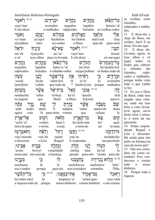Interlinear Hebraico-Português Enih Gil’ead
155
‫ָֽים׃‬ ִ‫ּא‬ ֺ‫ְר‬‫ב‬‫־א‬ ‫ים‬ִִׁ֖‫ֺּא‬‫ק‬ְ‫נ‬ ‫ֵ֥ים‬ִ‫ֺּא‬‫ק‬ֲ‫ע‬ ‫אן‬ ֹֹ֔ ‫ַצ‬‫ה‬‫ַל־‬‫ע‬31:11
‫ֶר‬‫מ‬‫א‬ָֹ֨ ‫ַׁא‬‫ו‬
vayo‟mer uverudim nequdim „aqudim hatson-„al
E-ele-disse e-malhados salpicados listrados as ovelhas-sobre
‫ר‬ִַׁ֖‫ֹמ‬ ‫ָא‬‫ו‬ ‫ב‬ ִֹ֑ ‫ֲק‬‫ע‬ַ ָֽ‫י‬ ‫ֹום‬ ִׁ֖‫ֲל‬‫ח‬ַ‫ֺא‬ ‫ִ֛ים‬ִ‫ֱֹלה‬‫א‬ָ‫ה‬ ‫ְך‬ַַּ֧‫ְא‬‫ל‬ַ‫מ‬ ‫י‬ַ‫ל‬ֵ‫א‬
va‟omar ya‟aqov bachalom ha‟elohim malə‟ach „elay
e[eu]disse Jacó no-sonho o-Deus anjo-de para-mim
‫ִי׃‬‫נ‬ָֽ ֵ‫ִ׆א‬‫ה‬31:12
ֹ֙‫ֵה‬‫א‬ ְ‫־אר‬ ‫ִ֤יָך‬ֶ‫ֵינ‬‫ע‬ ‫א‬ ָָ֨‫נ‬‫ָא־‬‫ׂש‬ ‫ֶר‬‫מ‬‫א‬ָֹ֗ ‫ַׁא‬‫ו‬
ure‟eh „eyneycha na‟-sa‟ vayo‟mer hineni
e-vê teus-olhos peço te-levanta E-ele-disse eis-me-aqui
‫ים‬ִִׁ֖‫ֺּא‬‫ק‬ְ‫נ‬ ‫ֵ֥ים‬ִ‫ֺּא‬‫ק‬ֲ‫ע‬ ‫אן‬ ֹֹ֔ ‫ַצ‬‫ה‬‫ַל־‬‫ע‬ ‫ָ֣ים‬ִ‫ֹל‬ ‫ָע‬‫ה‬ ֹ֙‫ים‬ִ‫ד‬ֺ ַ‫ע‬ָֽ ָ‫ָל־ה‬‫׃א‬
nequdim „aqudim hatso‟n-„al ha‟olim ha‟atudim-kol
salpicados listrados o rebanho-sobre os[que]sobem os bodes-tudo de
‫ֶה‬‫ׂש‬ ֵֹ֥ ‫ע‬ ‫ן‬ִָׁ֖‫ָב‬‫ל‬ ‫ר‬ֵֶ֥‫ֲש‬‫א‬‫ָל־‬‫׃א‬ ‫ִ֛ת‬ֵ‫א‬ ‫י‬ִ‫ית‬ ִֹ֔‫א‬ ָ‫ר‬ ‫ָ֣י‬ִ‫׃א‬ ‫ים‬ִִ֑‫ּא‬ ֺ‫ְר‬‫ב‬‫־א‬
„osseh lavan „asher-kol „et ra‟iti ki uverudim
[tem]feito Labão que-tudo de * [tenho]visto porque malhados
‫ְָֽך׃‬ ָ‫ׄא‬31:13
ָ ְ‫ח‬ ִַ֤‫ָש‬‫מ‬ ‫ר‬ ֶָ֨‫ש‬ֲ‫א‬ ‫ל‬ ֵֹ֔‫א‬‫ָֽית־‬ ֵ‫ֺא‬ ֹ֙‫ל‬ֵ‫א‬ָ‫ה‬ ‫ִ֤י‬ִ‫ֹכ‬ ‫ָאנ‬
mashachta „asher „el-beyt ha‟el „anochi lach
tu-ungiste que Betel o-Deus Eu[sou] para-ti
‫ה‬ ָָ֗ ַ‫ע‬ ‫ר‬ֶ‫ִ֑ד‬ֶ‫נ‬ ‫ם‬ ִָׁ֖‫ש‬ ‫ִ֛י‬ִ‫ׄא‬ ָ ְ‫ר‬ֵַ֥‫ָד‬‫נ‬ ‫ר‬ ֶָ֨‫ש‬ֲ‫א‬ ‫ה‬ ָֹ֔‫ב‬ֵ‫צ‬ַ‫מ‬ ֹ֙‫ָם‬‫ש‬
„atah neder sham li nadarta „asher matsevah sham
agora voto lá para-mim votaste que coluna lá
‫ץ‬ ֶ‫ֵ֥ר‬ֶ‫ֶל־א‬‫א‬ ‫־אב‬ ִׁ֖‫ְש‬‫ו‬ ‫את‬ֹֹ֔ ‫ַֿא‬‫ה‬ ‫ץ‬ ֶ‫ר‬ָָ֣‫ָא‬‫ה‬‫ִן־‬‫מ‬ ֹ֙‫ֵא‬‫צ‬ ‫־אם‬ ֵ֥‫ק‬
„erets-„el veshuv hazo‟t ha‟arets-min tse‟ qum
terra de-para e-torna a-esta a terra-de sai levanta
‫ָָֽך׃‬ ֶ ְ‫ַד‬‫ל‬‫מֹו‬31:14
‫ָה‬‫נ‬ ְ‫ר‬ִַׁ֖‫ֹאמ‬ ַ‫ו‬ ‫ה‬ ָֹ֔‫א‬ֵ‫ל‬ְ‫ו‬ ֹ֙‫ל‬ֵ‫ח‬ ָ‫ר‬ ‫ַן‬‫ע‬ִַ֤ ַ‫ו‬
vato‟marnah vele‟ah rachel vata‟an moladtecha
e-disseram e-Léia Raquel E-respondeu tua-parentela
‫ָֽינ־א׃‬ ִ‫ָאב‬ ‫ֵ֥ית‬ֵ‫ְב‬‫ֺא‬ ‫ִׁ֖ה‬ָ‫ֲל‬‫ח‬ַ‫נ‬ְ‫ו‬ ‫ֶק‬‫ל‬ֵֵ֥‫ח‬ ‫ִ֛נ־א‬ָ‫ל‬ ‫ֹוד‬ ֵ֥‫ַע‬‫ה‬ ‫ֹו‬ ִ֑‫ל‬
„avinu beveyt venachalah cheleq lanu ha‟od lo
nosso-pai em-casa-de e-herança porção para-nós ?ainda para-ele
31:15
‫נ־א‬ ִָ֑‫ָר‬‫כ‬ְ‫מ‬ ‫ָ֣י‬ִ‫׃א‬ ‫ֹו‬ ִׁ֖‫ל‬ ‫ְנ־א‬‫ב‬ֵַ֥‫ְש‬‫ח‬ֶ‫נ‬ ‫ִֹ֛ות‬‫ׁא‬ ִ‫ְר‬‫כ‬ָ‫נ‬ ‫ֹוא‬ ַּ֧‫ֲל‬‫ה‬
mecharnu ki lo nechshavnu nachəriyot halo‟
nos-vendeu porque para-ele nos-considera estranhas ?Não
‫ָֽנ־א׃‬ ֵ‫ְפ‬‫ס‬ַ‫׃א‬‫ֶת־‬‫א‬ ‫ֹול‬ ִׁ֖‫ַם־ָאכ‬‫ֻא‬ ‫ַל‬‫כ‬‫ֵ֥א‬ֹ ‫ַׁא‬‫ו‬31:16
‫ֶר‬‫ש‬ ָֹ֗ ‫ָע‬‫ה‬‫ָל־‬‫כ‬ ‫ָ֣י‬ִ‫׃א‬
ha‟osher-chol ki kaspenu-„et „achol-gam vayo‟chal
a riqueza-tudo de porque nosso-dinheiro comeu-também e-ele-comeu
as ovelhas eram
listrados,
salpicados e malha-
dos.
11 E disse-me o
Anjo de Deus, em
sonhos: Jacó! E eu
disse: Eis-me aqui.
12 E disse ele:
Levanta, agora, os
teus olhos e vê
[que] todos os
bodes que cobrem
o rebanho são
listrados, salpi-
cados e malhados;
porque tenho visto
tudo o que Labão
te fez.
13 Eu sou o Deus
de Betel, onde tens
ungido uma colu-
na, onde me tens
feito o voto; levan-
ta-te agora, sai-te
desta terra e torna-
te à terra da tua
parentela.
14 Então, respon-
deram Raquel e
Léia e disseram:
Há ainda para nós
parte ou herança na
casa de nosso pai?
15 Não nos consi-
dera ele como es-
tranhas? Pois ven-
deu-nos e comeu
todo o nosso
dinheiro.
16 Porque toda a
riqueza
 