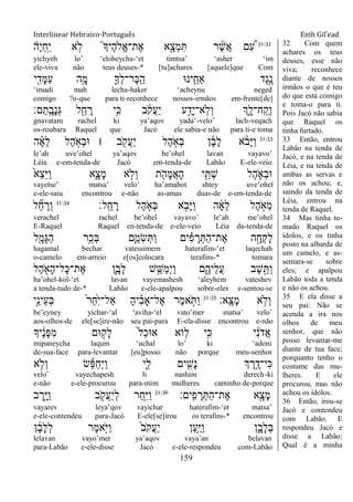 Interlinear Hebraico-Português Enih Gil’ead
159
31:32
‫ֶה‬‫י‬ְ‫ח‬ָֽ ִ‫י‬ ‫א‬ ָ֣‫ֹל‬ ֮‫ָך‬‫ֶי‬‫ה‬‫ֱֹל‬‫א‬‫ֶת־‬‫א‬ ‫ָ֣א‬ָ‫ְצ‬‫מ‬ִ ‫ר‬ ֶָ֨‫ש‬ֲ‫א‬ ‫ם‬ ִֶּ֠‫ע‬
yichyeh lo‟ „eloheycha-„et timtsa‟ „asher „im
ele-viva não teus deuses-* [tu]achares [aquele]que Com
‫י‬ ִִׁ֖‫ָד‬‫ׅא‬ִ‫ע‬ ‫ֵ֥ה‬ָ‫מ‬ ִ֛‫ְָך‬‫ל‬‫ֶר־‬‫׃א‬ָֽ ַ‫ה‬ ‫ינ־א‬ֵַּ֧‫ַאח‬ ‫ֶד‬‫ג‬ֶָ֣‫נ‬
„imadi mah lecha-haker „acheynu neged
comigo ?o-que para ti-reconhece nossos-irmãos em-frente[de]
‫ם׃‬ַ‫ָֽת‬ ָ‫ָב‬‫נ‬ְ‫ֻא‬ ‫ל‬ ִֵׁ֖‫ח‬ ָ‫ר‬ ‫ֵ֥י‬ִ‫׃א‬ ‫ב‬ ֹֹ֔ ‫ֲק‬‫ע‬ַ‫י‬ ‫ע‬ַָ֣‫ָד‬‫י‬‫ָֽא־‬‫ֹל‬ְ‫ו‬ ‫ְִ֑ך‬ָ‫ח־ל‬ָֽ ַ‫ְק‬‫ו‬
gnavatam rachel ki ya‟aqov yada‟-velo‟ lach-veqach
os-roubara Raquel que Jacó ele sabia-e não para ti-e toma
31:33
‫ה‬ ָָ֗‫א‬ֵ‫ל‬ ‫ֶל‬‫ה‬ ָֹ֣ ‫ְא‬‫ב‬‫־א‬ ‫׀‬ ‫ב‬ ָֹ֣ ‫ֲק‬‫ע‬ַ‫י‬ ‫ֶל‬‫ה‬ ֵֹ֥ ‫ְא‬‫ֺא‬ ‫ן‬ָ‫ב‬ָ‫ל‬ ‫א‬ ָֹ֨ ‫ָב‬‫ׁא‬ַ‫ו‬
le‟ah uve‟ohel ya‟aqov be‟ohel lavan vayavo‟
Léia e-em-tenda-de Jacó em-tenda-de Labão E-ele-veio
ֹ֙‫ֵא‬‫צ‬ֵ‫ׁא‬ַ‫ו‬ ‫א‬ִָ֑‫ָצ‬‫מ‬ ‫א‬ ָ֣‫ְֹל‬‫ו‬ ‫ת‬ ִֹׁ֖ ‫ָה‬‫מ‬ֲ‫א‬ָ‫ה‬ ‫י‬ֵֵ֥ ְ‫ש‬ ‫ֶל‬‫ה‬ ִֹ֛ ‫ְא‬‫ב‬‫־א‬
vayetse‟ matsa‟ velo‟ ha‟amahot shtey uve‟ohel
e-ele-saiu encontrou e-não as-amas duas-de e-em-tenda-de
‫ָֽל׃‬ ֵ‫ח‬ ָ‫ר‬ ‫ֶל‬‫ה‬ ֵֹ֥ ‫ְא‬‫ֺא‬ ‫א‬ ִֹׁ֖ ‫ָב‬‫ׁא‬ַ‫ו‬ ‫ה‬ ָֹ֔‫א‬ֵ‫ל‬ ‫ֶל‬‫ה‬ ָֹ֣ ‫ֵא‬‫מ‬31:34
‫ל‬ ִֵ֞‫ח‬ ָ‫ְר‬‫ו‬
verachel rachel be‟ohel vayavo‟ le‟ah me‟ohel
E-Raquel Raquel en-tenda-de e-ele-veio Léia da-tenda-de
‫ל‬ִָׁ֖‫ָמ‬‫ֻא‬ַ‫ה‬ ‫ֵ֥ר‬ַ‫ְכ‬‫ֺא‬ ‫ִ֛ם‬ֵ‫ִמ‬‫ׂש‬ְ ַ‫ו‬ ‫ים‬ ִָ֗‫פ‬ ָ‫ר‬ְ ַ‫ה‬‫ֶת־‬‫א‬ ‫ה‬ָָ֣‫ְח‬‫ק‬ָ‫ל‬
hagamal bechar vatessimem haterafim-„et laqechah
o-camelo em-arreio e[os]colocara terafins-* tomara
‫ֶל‬‫ה‬ ִֹׁ֖ ‫ָא‬‫ה‬‫ָל־‬‫׃א‬‫ֶת־‬‫א‬ ‫ִ֛ן‬ָ‫ָב‬‫ל‬ ‫ש‬ֵֵ֥‫ַש‬‫מ‬ְ‫י‬ַ‫ו‬ ‫ם‬ִֶ֑‫ֵיה‬‫ל‬ֲ‫ע‬ ‫ֶב‬‫ש‬ֵָ֣ ַ‫ו‬
ha‟ohel-kol-„et lavan vayemashesh „aleyhem vateshev
a tenda-tudo de-* Labão e-ele-apalpou sobre-eles e-sentou-se
‫ָֽא׃‬ ָ‫ָצ‬‫מ‬ ‫א‬ ֵ֥‫ְֹל‬‫ו‬31:35
‫ָ֣י‬ֵ‫ֵינ‬‫ע‬ְ‫ֺא‬ ֹ֙‫ר‬ַ‫ח‬ִֹ֙‫י‬‫ַאל־‬ ָ‫ה‬‫י‬ ִָ֗‫ב‬‫ֶל־ָא‬‫א‬ ‫ֶר‬‫מ‬‫א‬ ָֹ֣ ַ‫ו‬
be‟eyney yichar-„al „aviha-„el vato‟mer matsa‟ velo‟
aos-olhos-de ele[se]ire-não seu pai-para E-ela-disse encontrou e-não
‫יָך‬ ֶֹ֔‫נ‬ָ‫פ‬ִ‫מ‬ ‫־אם‬ ָ֣‫ָק‬‫ל‬ ֹ֙‫ל‬ַ‫כ‬‫א־א‬ ‫ֹוא‬ ִ֤‫ל‬ ‫ָ֣י‬ִ‫׃א‬ ‫י‬ ִֹ֔‫נ‬ֹ ‫ֲד‬‫א‬
mipaneycha laqum „uchal lo‟ ki „adoni
de-sua-face para-levantar [eu]posso não porque meu-senhor
‫א‬ ֵ֥‫ְֹל‬‫ו‬ ‫ׂש‬ֵ‫פ‬ַ‫ח‬ְ‫י‬ַ‫ו‬ ‫ִ֑י‬ִ‫ל‬ ‫ים‬ ִִׁ֖‫ָש‬‫נ‬ ‫ְך‬ ֶ‫ר‬ֵֶ֥‫ִי־ד‬‫׃א‬
velo‟ vayechapesh li nashim derech-ki
e-não e-ele-procurou para-mim mulheres caminho de-porque
‫ָֽים׃‬ ִ‫פ‬ ָ‫ר‬ְ ַ‫ה‬‫ֶת־‬‫א‬ ‫א‬ִָׁ֖‫ָצ‬‫מ‬31:36
‫ב‬ ֶ‫ָ֣ר‬ָ‫ׁא‬ַ‫ו‬ ‫ב‬ ִֹׁ֖ ‫ֲק‬‫ע‬ַ‫י‬ְ‫ל‬ ‫ַר‬‫ח‬ִֵ֥‫ׁא‬ַ‫ו‬
vayarev leya‟qov vayichar haterafim-„et matsa‟
e-ele-contendeu para-Jacó E-ele[se]irou os terafins-* encontrou
‫ן‬ ָֹ֔‫ב‬ָ‫ל‬ְ‫ל‬ ‫ֶר‬‫מ‬‫ָ֣א‬ֹ ‫ַׁא‬‫ו‬ ֹ֙‫ב‬ֹ ‫ֲק‬‫ע‬ַ‫י‬ ‫ַן‬‫ע‬ִַ֤‫ׁא‬ַ‫ו‬ ‫ן‬ִָ֑‫ָב‬‫ל‬ְ‫ֺא‬
lelavan vayo‟mer ya‟aqov vaya‟an belavan
para-Labão e-ele-disse Jacó e-ele-respondeu com-Labão
32 Com quem
achares os teus
deuses, esse não
viva; reconhece
diante de nossos
irmãos o que é teu
do que está comigo
e toma-o para ti.
Pois Jacó não sabia
que Raquel os
tinha furtado.
33 Então, entrou
Labão na tenda de
Jacó, e na tenda de
Léia, e na tenda de
ambas as servas e
não os achou; e,
saindo da tenda de
Léia, entrou na
tenda de Raquel.
34 Mas tinha to-
mado Raquel os
ídolos, e os tinha
posto na albarda de
um camelo, e as-
sentara-se sobre
eles; e apalpou
Labão toda a tenda
e não os achou.
35 E ela disse a
seu pai: Não se
acenda a ira nos
olhos de meu
senhor, que não
posso levantar-me
diante de tua face;
porquanto tenho o
costume das mu-
lheres. E ele
procurou, mas não
achou os ídolos.
36 Então, irou-se
Jacó e contendeu
com Labão. E
respondeu Jacó e
disse a Labão:
Qual é a minha
 