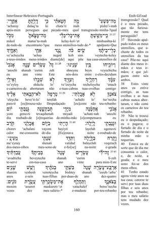 Interlinear Hebraico-Português Enih Gil’ead
160
‫י׃‬ָֽ ָ‫ֲר‬‫ח‬‫ַא‬ ָ ְ‫ק‬ִַׁ֖‫ל‬ָ‫ד‬ ‫ֵ֥י‬ִ‫׃א‬ ‫י‬ ִֹ֔‫ָאת‬‫׀א‬ַ‫ח‬ ‫ה‬ַָ֣‫מ‬ ֹ֙‫י‬ִ‫ע‬ְ‫ש‬ִ‫פ‬‫ַה־‬‫מ‬
„acharay dalaq‟ta ki chata‟ti mah pishə‟i-mah
após-mim persegues que pecado-meu qual transgressão minha-?qual
31:37
‫ל‬ ָֹ֣ ‫ִ׃א‬‫מ‬ ָֹ֙‫ֹ֙את‬ָ‫צ‬ָ‫ׅא‬‫ַה־‬‫מ‬ ‫י‬ ַָ֗‫ל‬ֵ‫׃א‬‫ָל־‬‫׃א‬‫ֶת־‬‫א‬ ָ ְ‫ש‬ ַָ֣‫ִש‬‫מ‬‫ָֽי־‬ ִ‫׃א‬
mikol matsa‟ta-mah kelay-kol-„et mishsashta-ki
de-tudo-de encontraste-?que meus utensílios-tudo de-* apalpaste-Que
‫יָך‬ ִֶ֑‫ְַאח‬‫ו‬ ‫י‬ ִַׁ֖‫ַאח‬ ‫ֶד‬‫ג‬ֵֶ֥‫נ‬ ‫ה‬ ֹֹ֔ ‫׃א‬ ‫ים‬ ִָ֣‫ׂש‬ ‫ָך‬ ֶֹ֔‫ֵית‬‫ב‬‫ֵי־‬‫ל‬ְ‫׃א‬
ve‟acheycha „achay neged koh sim veytecha-keley
e-teus-irmãos meus-irmãos diante[de] aqui põe tua casa-utensílios de
‫ָֽינ־א׃‬ ֵ‫ְנ‬‫ש‬ ‫ֵ֥ין‬ֵ‫ֺא‬ ‫יח־א‬ִִׁ֖‫ְיֹוכ‬‫ו‬31:38
ֹ֙‫י‬ִ‫כ‬ֹ ‫ָאנ‬ ‫ִ֤ה‬ָ‫ָנ‬‫ש‬ ‫ים‬ ִָ֨‫ְר‬‫ׂש‬ֶ‫ע‬ ֩‫ֶה‬‫ז‬
„anochi shanah „esrim zeh shneynu beyn veyochichu
eu ano vinte Este nós-dois entre e-eles-decidam
‫ֵ֥י‬ֵ‫ֵיל‬‫א‬ְ‫ו‬ ‫ל־א‬ִֵ֑‫ִ׃א‬‫ש‬ ‫א‬ ָ֣‫ֹל‬ ‫ִׁ֖יָך‬ֶ‫ֿא‬ִ‫ע‬ְ‫ו‬ ‫ֵ֥יָך‬ֶ‫ֵל‬‫ח‬ ְ‫ר‬ ‫ְך‬ ָֹ֔‫ׅא‬ִ‫ע‬
ve‟eyley shikelu lo‟ ve‟izeycha recheleycha „imach
e-carneiros-de abortaram não e-tuas-cabras tuas-ovelhas contigo
‫י׃‬ִ ְ‫ל‬ָֽ ָ‫ָאכ‬ ‫א‬ ֵ֥‫ֹל‬ ִׁ֖‫ְָך‬‫נ‬‫ֹא‬ ‫צ‬31:39
‫יָך‬ ֶֹ֔‫ל‬ֵ‫א‬ ‫י‬ִ‫את‬ֵָ֣‫ֵב‬‫ה‬‫ֹלא־‬ ֹ֙‫ָה‬‫פ‬ ֵ‫ְר‬‫ט‬
„eleycha heve‟ti-lo‟ terefah „achalti lo‟ tso‟necha
para-ti [eu]trouxe-não Despedaçado [eu]comi não teu-rebanho
‫ֹום‬ֹ֔‫י‬ ‫י‬ִָ֣‫ְת‬‫ב‬ָֽ ֺ‫ְנ‬‫ֻא‬ ‫ָה‬‫׆א‬ ִֶ֑‫ְש‬‫ק‬ַ‫ב‬ְ ‫י‬ ִִׁ֖‫ָד‬‫ׁא‬ִ‫מ‬ ‫ָה‬‫׆א‬ ֶֹ֔‫׀א‬ַ‫ח‬ֲ‫א‬ ‫ָ֣י‬ִ‫ֹכ‬ ‫ָאנ‬
yom genuvti tevaqshenah miyadi ‟achate nah „anochi
dia roubado-de [o]requerias de-minha-mão [o]compensava eu
‫ָה׃‬‫ל‬ְ‫י‬ָֽ ָ‫ל‬ ‫י‬ ִִׁ֖‫ְת‬‫ב‬ָֽ ֺ‫ְנ‬‫ג‬‫־א‬31:40
‫ב‬ ֶ‫ר‬ ִֹׁ֖ ‫ח‬ ‫ִי‬‫נ‬ֵַ֥‫ָל‬‫כ‬ֲ‫א‬ ‫ִֹ֛ום‬‫ׁא‬ַ‫ב‬ ‫י‬ִ‫ַּ֧ית‬ִ‫י‬ָ‫ה‬
chorev „achalani vayom hayiyti layelah ugenuvti
calor me-consumia de-dia [Eu]estava noite e-roubado-de
‫ָֽי׃‬ ָ‫ֵינ‬‫ע‬ָֽ ֵ‫מ‬ ‫י‬ ִִׁ֖‫ָת‬‫נ‬ְ‫ש‬ ‫ֵ֥ד‬ַ‫ּא‬ִ ַ‫ו‬ ‫ָה‬‫ל‬ְ‫י‬ִָ֑‫ַׄא‬‫ֺא‬ ‫ח‬ ַ‫ר‬ ֶָ֣‫ְק‬‫ו‬
me‟eynay shenati vatidad balayelah veqerach
dos-meus-olhos meu-sono-de e-foi[se] na-noite e-geada
31:41
‫יָך‬ִ ְ‫ַד‬‫ב‬ֲ‫ע‬ ‫ָך‬ֶ‫ֵית‬‫ב‬ְ‫ֺא‬ ֮‫ָה‬‫נ‬ָ‫ש‬ ‫ים‬ ִָ֣‫ְר‬‫ׂש‬ֶ‫ע‬ ‫י‬ ִִ֞‫ׄא‬‫ֶה־‬‫ז‬
„avadticha beveytecha shanah „esrim li-zeh
te-servi em-tua-casa ano vinte para mim-Este
‫ִׁ֖ים‬ִ‫נ‬ָ‫ש‬ ‫ש‬ֵֵ֥‫ְש‬‫ו‬ ‫יָך‬ ֶֹ֔‫ֹת‬ ‫ְנ‬‫ב‬ ‫י‬ֵָ֣ ְ‫ש‬ִ‫ֺא‬ ֹ֙‫ָה‬‫נ‬ָ‫ש‬ ‫ה‬ ִֵ֤‫ְר‬‫ׂש‬ֶ‫ע‬‫ָֽע־‬ ַ‫ֺא‬ ְ‫ַאר‬
shanim veshesh venoteycha bishtey shanah „esreh-„arba‟
anos e-seis tuas-filhas por-duas-de ano dez-quatro
‫ָֽים׃‬ ִ‫נ‬ֹ ‫מ‬ ‫ת‬ ֶ‫ר‬ֵֶ֥‫ֲׂש‬‫ע‬ ‫י‬ ִִׁ֖ ְ‫ֺר‬‫׃א‬ְ‫ׂש‬ַ‫מ‬‫ֶת־‬‫א‬ ‫ֵ֥ף‬ֵ‫ֲל‬‫ח‬ַ ַ‫ו‬ ‫ִָ֑ך‬ֶ‫ֹאנ‬ ‫ְצ‬‫ֺא‬
monim „asseret maskureti-„et vatachalef betso‟necha
vezes dez meu salário-* e-mudaste por-teu-rebanho
transgressão? Qual
é o meu pecado,
que tão furiosa-
mente me tens
perseguido?
37 Havendo apal-
pado todos os meus
utensílios, que a-
chaste de todos os
utensílios da tua
casa? Põe-no aqui
diante dos meus ir-
mãos e teus ir-
mãos; e que jul-
guem entre nós
ambos.
38 Estes vinte
anos eu estive
contigo, as tuas
ovelhas e as tuas
cabras nunca abor-
taram, e não comi
os carneiros do teu
rebanho.
39 Não te trouxe
eu o despedaçado;
eu o pagava; o
furtado de dia e o
furtado de noite da
minha mão o
requerias.
40 Estava eu de
sorte que de dia me
consumia o calor,
e, de noite, a
geada; e o meu
sono foi-se dos
meus olhos.
41 Tenho estado
agora vinte anos na
tua casa; catorze te
servi por tuas duas
filhas e seis anos
por teu rebanho;
mas o meu salário
tens mudado dez
vezes.
 