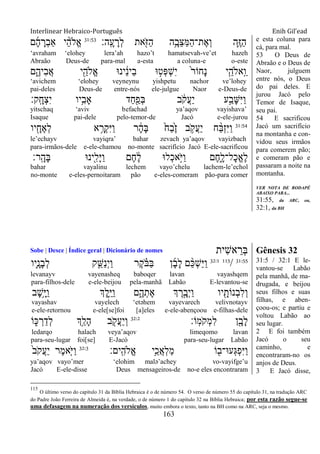 Interlinear Hebraico-Português Enih Gil’ead
163
‫ָֽה׃‬ ָ‫ע‬ ָ‫ְר‬‫ל‬ ‫את‬ִֹׁ֖ ‫ַֿא‬‫ה‬ ‫ֵ֥ה‬ָ‫ֵב‬‫צ‬ַ‫ׅא‬ַ‫ה‬‫ֶת־‬‫א‬ְ‫ו‬ ‫ִ֛ה‬ֶ‫ֿא‬ַ‫ה‬31:53
‫ם‬ָ‫ה‬ ָ‫ְר‬‫ב‬‫ַא‬ ‫י‬ ֵָ֨‫ה‬‫ֱֹל‬‫א‬
„avraham „elohey lera‟ah hazo‟t hamatsevah-ve‟et hazeh
Abraão Deus-de para-mal a-esta a coluna-e o-este
‫ם‬ִֶ֑‫ִיה‬‫ב‬ֲ‫א‬ ‫י‬ִֵׁ֖‫ֱֹלה‬‫א‬ ‫ינ־א‬ ֵֹ֔‫נ‬‫ֵי‬‫ב‬ ‫־א‬ ָ֣‫ְט‬‫פ‬ְ‫ש‬ִ‫י‬ ֹ֙‫ר‬‫ָחֹו‬‫נ‬ ‫י‬ִֵ֤‫ָֽאֹלה‬ ֵ‫ו‬
„avichem „elohey veyneynu yishpetu nachor ve‟lohey
pai-deles Deus-de entre-nós ele-julgue Naor e-Deus-de
‫ָֽק׃‬ ָ‫ְח‬‫צ‬ִ‫י‬ ‫ֵ֥יו‬ִ‫ָאב‬ ‫ַד‬‫ח‬ִַׁ֖‫ְפ‬‫ֺא‬ ‫ב‬ ֹֹ֔ ‫ֲק‬‫ע‬ַ‫י‬ ‫ע‬ַָ֣‫ָב‬‫ש‬ִ‫ׁא‬ַ‫ו‬
yitschaq „aviv befachad ya‟aqov vayishava‟
Isaque pai-dele pelo-temor-de Jacó e-ele-jurou
31:54
‫יו‬ ִָׁ֖‫ֶח‬‫א‬ְ‫ל‬ ‫א‬ ֵָ֥‫ְר‬‫ק‬ִ‫ׁא‬ַ‫ו‬ ‫ר‬ ָֹ֔‫ה‬ָ‫ֺא‬ ֹ֙‫ַח‬‫ב‬ֶֹ֙‫ז‬ ‫ב‬ ֵֹ֥ ‫ֲק‬‫ע‬ַ‫י‬ ‫ח‬ ַָ֨‫ֺא‬ְ‫ז‬ִ‫ׁא‬ַ‫ו‬
le‟echayv vayiqra‟ bahar zevach ya‟aqov vayizbach
para-irmãos-dele e-ele-chamou no-monte sacrifício Jacó E-ele-sacrificou
‫ָֽר׃‬ ָ‫ָה‬‫ֺא‬ ‫ִׁ֖ינ־א‬ִ‫ָל‬‫ׁא‬ַ‫ו‬ ‫ֶם‬‫ח‬ ֶֹ֔‫ל‬ ‫ְל־א‬‫כ‬‫ָ֣א‬ֹ ‫ַׁא‬‫ו‬ ‫ֶם‬‫ח‬ִָ֑‫ָל־ל‬‫כ‬ֱ‫א‬ֶ‫ל‬
bahar vayalinu lechem vayo‟chelu lachem-le‟echol
no-monte e-eles-pernoitaram pão e-eles-comeram pão-para comer
e esta coluna para
cá, para mal.
53 O Deus de
Abraão e o Deus de
Naor, julguem
entre nós, o Deus
do pai deles. E
jurou Jacó pelo
Temor de Isaque,
seu pai.
54 E sacrificou
Jacó um sacrifício
na montanha e con-
vidou seus irmãos
para comerem pão;
e comeram pão e
passaram a noite na
montanha.
VER NOTA DE RODAPÉ
ABAIXO PARA...
31:55, da ARC, ou,
32:1, da BH
Sobe | Desce | Índice geral | Dicionário de nomes ‫ִית‬‫ש‬‫א‬ ֵ‫ְר‬‫ֺא‬ Gênesis 32
31:55
/11532:1
‫ִ֛יו‬ָ‫ָנ‬‫ב‬ְ‫ל‬ ‫ק‬ ֵַּ֧‫ַש‬‫נ‬ְ‫י‬ַ‫ו‬ ‫ֶר‬‫ק‬ ָֹ֗ ‫ַֺא‬‫ֺא‬ ‫ן‬ָ‫ב‬ָ‫ל‬ ‫ם‬ ֵָ֨‫׃א‬ְ‫ש‬ַ‫ׁא‬ַ‫ו‬
levanayv vayenasheq baboqer lavan vayashqem
para-filhos-dele e-ele-beijou pela-manhã Labão E-levantou-se
‫ָב‬‫ש‬ֵָ֥‫ׁא‬ַ‫ו‬ ‫ְֶך‬‫ל‬ִֵ֛‫ׁא‬ַ‫ו‬ ‫ם‬ִֶ֑‫ה‬ְ‫ֶת‬‫א‬ ‫ְך‬ ֶ‫ר‬ָָ֣‫ְב‬‫י‬ַ‫ו‬ ‫יו‬ ִָׁ֖‫ְנֹות‬‫ב‬ִ‫ל‬ְ‫ו‬
vayashav vayelech „etəhem vayevarech velivnotayv
e-ele-retornou e-ele[se]foi [a]eles e-ele-abençoou e-filhas-dele
‫ָֹֽו׃‬‫מ‬ֹ ‫ְק‬‫מ‬ִ‫ל‬ ‫ן‬ִָׁ֖‫ָב‬‫ל‬32:2
‫ֹו‬ ִ֑‫׃א‬ ְ‫ר‬ַ‫ְד‬‫ל‬ ‫ְָ֣ך‬ַ‫ָל‬‫ה‬ ‫ב‬ ִֹׁ֖ ‫ֲק‬‫ע‬ַ‫י‬ְ‫ו‬
ledarqo halach veya‟aqov limeqomo lavan
para-seu-lugar foi[se] E-Jacó para-seu-lugar Labão
‫ָֽים׃‬ ִ‫ֱֹלה‬‫א‬ ‫ֵ֥י‬ֵ‫ֲכ‬‫א‬ְ‫ל‬ַ‫מ‬ ‫ֹו‬ ִׁ֖‫ְע־א־ב‬‫ֻא‬ְ‫פ‬ִ‫ׁא‬ַ‫ו‬32:3
ֹ֙‫ב‬ֹ ‫ֲק‬‫ע‬ַ‫י‬ ‫ֶר‬‫מ‬‫ִ֤א‬ֹ ‫ַׁא‬‫ו‬
ya‟aqov vayo‟mer „elohim malə‟achey vo-vayifge‟u
Jacó E-ele-disse Deus mensageiros-de no-e eles encontraram
31:5 / 32:1 E le-
vantou-se Labão
pela manhã, de ma-
drugada, e beijou
seus filhos e suas
filhas, e aben-
çoou-os; e partiu e
voltou Labão ao
seu lugar.
2 E foi também
Jacó o seu
caminho, e
encontraram-no os
anjos de Deus.
3 E Jacó disse,
115
O último verso do capítulo 31 da Bíblia Hebraica é o de número 54. O verso de número 55 do capítulo 31, na tradução ARC
do Padre João Ferreira de Almeida é, na verdade, o de número 1 do capítulo 32 na Bíblia Hebraica; por esta razão segue-se
uma defasagem na numeração dos versículos, muito embora o texto, tanto na BH como na ARC, seja o mesmo.
 