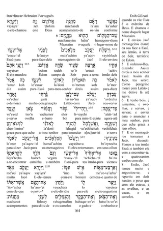 Interlinear Hebraico-Português Enih Gil’ead
164
‫א‬ ִָ֛‫ְר‬‫ק‬ִ‫ׁא‬ַ‫ו‬ ‫ִ֑ה‬ֶ‫ז‬ ‫ים‬ִִׁ֖‫ֱֹלה‬‫א‬ ‫ֵ֥ה‬ֵ‫ֲנ‬‫ח‬ַ‫מ‬ ‫ם‬ ָֹ֔‫א‬ ָ‫ר‬ ‫ר‬ ֶָ֣‫ֲש‬‫א‬ַ‫׃א‬
vayiqra‟ zeh „elohim machaneh ra‟am ka‟asher
e-ele-chamou este Deus acampamento-de os-viu conforme
‫ִם׃‬‫י‬ָֽ ָ‫ֲנ‬‫ח‬ַ ָֽ‫מ‬ ‫־אא‬ ִׁ֖‫ַה‬‫ה‬ ‫ֹום‬ ֵ֥‫ָק‬‫ׅא‬ַ‫ה‬‫ָֽם־‬ ֵ‫ש‬‫פ‬
machanayim hahu‟ hamaqom-shem
Maanaim o-aquele o lugar-nome de
32:4
‫ו‬ ִָׁ֖‫ֵׂש‬‫ע‬‫ֶל־‬‫א‬ ‫יו‬ ָֹ֔‫נ‬ָ‫פ‬ְ‫ל‬ ֹ֙‫ִים‬‫כ‬‫ְָא‬‫ל‬ַ‫מ‬ ‫ב‬ ִֹ֤ ‫ֲק‬‫ע‬ַ‫י‬ ‫ח‬ ַָ֨‫ל‬ְ‫ש‬ִ‫ׁא‬ַ‫ו‬
„essav-„el lefanayv malə‟achim ya‟aqov vayishlach
Esaú-para para-face-dele mensageiros-de Jacó E-ele-enviou
‫ֹום׃‬ָֽ‫ֱד‬‫א‬ ‫ה‬ֵֵ֥‫ְד‬‫ׂש‬ ‫יר‬ִִׁ֖‫ֵע‬‫ׂש‬ ‫ָה‬‫צ‬ ְ‫ֵ֥ר‬ַ‫א‬ ‫יו‬ ִִ֑‫ָאח‬32:5
ֹ֙‫ם‬ָ‫ֹת‬ ‫א‬ ‫ִ֤ו‬ַ‫ְצ‬‫י‬ַ‫ו‬
vayetsav „edom sedeh se‟ir „artsah „achiv
E-ele-mandou Edom campo-de Seir para-a-terra irmão-dele
ֹ֙‫ר‬ַ‫מ‬‫ָא‬ ‫ה‬ ִֹ֤ ‫׃א‬ ‫ו‬ ִָ֑‫ֵׂש‬‫ע‬ְ‫ל‬ ‫ִׁ֖י‬ִ‫נ‬ֹ ‫ָֽאד‬ ַ‫ל‬ ‫־אן‬ ֹ֔‫ְר‬‫מ‬‫ֹא‬ ‫ת‬ ‫ה‬ ָֹ֣ ‫׃א‬ ‫ר‬ ֹֹ֔ ‫ֵאמ‬‫ל‬
„amar koh le‟essav la‟doni to‟merun koh le‟mor
diz assim para-Esaú para-meu-senhor direis assim para-dizer
‫ר‬ ִַׁ֖‫ֵח‬‫א‬ָ‫ו‬ ‫י‬ִ ְ‫ר‬ַֹ֔‫ֻא‬ ‫ן‬ָָ֣‫ָב‬‫ל‬‫ִם־‬‫ע‬ ‫ב‬ ֹֹ֔ ‫ֲק‬‫ע‬ַ‫י‬ ָ֣‫ָך‬ְ‫ְּא‬‫ב‬ַ‫ע‬
va‟echar garti lavan-„im ya‟aqov „avdecha
e-demorei minha-peregrinação Labão-com Jacó seu-servo
‫ה׃‬ָ ָֽ ָ‫ַד־ע‬‫ע‬32:6
‫ֶד‬‫ב‬ֶָ֣‫ְע‬‫ו‬ ‫אן‬ ִֹׁ֖ ‫צ‬ ‫ֹור‬ ֹ֔‫ֲמ‬‫ח‬ַ‫ו‬ ‫ֹור‬ ָ֣‫ש‬ ֹ֙‫י‬ִ‫ל‬‫ִי־‬‫ה‬ְ‫י‬ָֽ ַ‫ו‬
ve‟eved tso‟n vachamor shor li-vayehi „atah-„ad
e-servo ovelha e-burro boi para mim-E existe agora-até
‫ן‬ ִֵׁ֖‫ֹא־ח‬ ‫ְצ‬‫מ‬ִ‫ל‬ ‫י‬ ִֹ֔‫נ‬ֹ ‫ַאד‬ ָֽ‫ל‬ ‫ָ֣יד‬ִ‫ֻא‬ַ‫ה‬ְ‫ל‬ ֹ֙‫ָה‬‫ח‬ְ‫ל‬ְ‫ש‬ֶ‫א‬ָֽ ָ‫ו‬ ‫ה‬ ִָ֑‫ְח‬‫פ‬ִ‫ש‬ְ‫ו‬
chen-limtso‟ la‟doni lehagid va‟eshlechah veshifchah
graça-para que ache a-meu-senhor para-anunciar e[eu]enviei e-serva
‫ָֽיָך׃‬ ֶ‫ֵינ‬‫ע‬ְ‫ֺא‬32:7
‫ר‬ ִֹ֑ ‫ֵאמ‬‫ל‬ ‫ב‬ ִֹׁ֖ ‫ֲק‬‫ע‬ַ‫י‬‫ָֽל־‬ ֶ‫א‬ ‫ים‬ ִֹ֔‫כ‬‫ְָא‬‫ל‬ַ‫ׅא‬ַ‫ה‬ ֹ֙‫־א‬‫ֹ֙ב‬ֺ‫ש‬ָ‫ׁא‬ַ‫ו‬
le‟mor ya‟aqov-„el hamal‟achim vayashuvu be‟eynecha
para-dizer Jacó-para os-mensageiros E-eles-retornaram em-seus-olhos
ֹ֔‫ָך‬ְ‫את‬ָֽ ָ‫ְר‬‫ק‬ִ‫ל‬ ‫ְָ֣ך‬ֵ‫ֹל‬ ‫ה‬ ֹ֙‫ַם‬‫ג‬ְ‫ו‬ ‫ו‬ ָֹ֔‫ׂש‬ֵ‫ע‬‫ֶל־‬‫א‬ ֹ֙‫ָך‬‫י‬ִֹ֙‫ח‬‫ֶל־ָא‬‫א‬ ‫אנ־א‬ִָ֤‫ֺא‬
liqra‟techa holech vegam „essav-„el „achicha-„el ba‟nu
a-te-encontrar caminha e-também Esaú-para teu irmão-para viemos
‫ָֹֽו׃‬‫ׅא‬ִ‫ע‬ ‫יש‬ִִׁ֖‫א‬ ‫ֹות‬ ֵ֥‫ֵא‬‫מ‬‫ַע־‬‫ֺא‬ ְ‫ְַאר‬‫ו‬32:8
‫ד‬ ִֹׁ֖ ‫ְא‬‫מ‬ ‫ב‬ ִֹ֛ ‫ֲק‬‫ע‬ַ‫י‬ ‫א‬ ַָּ֧‫ִיר‬‫ׁא‬ַ‫ו‬
me‟od ya‟aqov vayiyra‟ „imo „ish me‟ot-ve‟arba‟
muito Jacó E-ele-temeu com-ele homem centena-e quatro de
‫ֹו‬ ָ֗ ִ‫א‬‫ֶר־‬‫ש‬ֲ‫א‬ ‫ם‬ָָ֣‫ָע‬‫ה‬‫ֶת־‬‫א‬ ‫ַץ‬‫ח‬ַ‫ׁא‬ַ‫ו‬ ‫ֹו‬ ִ֑‫ל‬ ‫ֶר‬‫צ‬ֵָ֣‫ׁא‬ַ‫ו‬
„ito-„asher ha‟am-„et vayachats lo vayetser
com ele-que o povo-* e-ele-dividiu para-ele e-ele-angustiou
‫ָֹֽות׃‬‫נ‬ֲ‫ח‬ַ‫מ‬ ‫ֵ֥י‬ֵ‫ְנ‬‫ש‬ִ‫ל‬ ‫ִׁ֖ים‬ִ‫ַׄא‬‫מ‬ְ‫ֻא‬ַ‫ה‬ְ‫ו‬ ‫ר‬ ִָ֛‫ָק‬‫ֺא‬ַ‫ה‬‫ֶת־‬‫א‬ְ‫ו‬ ‫אן‬ ַֹּ֧ ‫ַצ‬‫ה‬‫ֶת־‬‫א‬ְ‫ו‬
machanot lishney vehagemalim habaqar-ve‟et hatso‟n-ve‟et
acampamentos para-dois-de e-os-camelos o gado-e o rebanho-e
quando os viu: Este
é o exército de
Deus. E chamou o
nome daquele lugar
Maanaim.
4 E enviou Jacó
mensageiros diante
da sua face a Esaú,
seu irmão, à terra
de Seir, território
de Edom.
5 E ordenou-lhes,
dizendo: Assim
direis a meu senhor
Esaú: Assim diz
Jacó, teu servo:
Como peregrino
morei com Labão e
me detive lá até
agora.
6 E tenho bois, e
jumentos, e ove-
lhas, e servos, e
servas; e enviei
para o anunciar a
meu senhor, para
que ache graça a
teus olhos.
7 E os mensagei-
ros tornaram a
Jacó, dizendo:
Fomos a teu irmão
Esaú; e também ele
vem a encontrar-te,
e quatrocentos
varões com ele.
8 Então, Jacó
temeu muito e
angustiou-se; e
repartiu em dois
bandos o povo que
com ele estava, e
as ovelhas, e as
vacas, e os
camelos.
 
