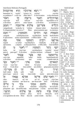 Interlinear Hebraico-Português Enih Gil’ead
170
‫ָֽ־א׃‬‫׃א‬ְ‫ב‬ִ‫ׁא‬ַ‫ו‬33:5
ֹ֙‫ִים‬‫ש‬ָ‫׆א‬ַ‫ה‬‫ֶת־‬‫א‬ ‫א‬ ְ‫ִ֤ר‬ַ‫ׁא‬ַ‫ו‬ ‫יו‬ ָָ֗‫נ‬‫ֵי‬‫ע‬‫ֶת־‬‫א‬ ‫א‬ ָָ֣‫ִש‬‫ׁא‬ַ‫ו‬
hanashim-„et vayare‟ „eynayv-„et vayissa‟ vayivku
as mulheres-* e-ele-viu olhos dele-* E-ele-levantou e-eles-choraram
‫ר‬ַ‫מ‬‫ֹא‬ ‫ַׁא‬‫ו‬ ‫ְִ֑ך‬ָ‫ׄא‬ ‫ֶה‬‫ׄא‬ֵָ֣‫ִי־א‬‫מ‬ ‫ֶר‬‫מ‬‫א‬ִֹׁ֖ ‫ַׁא‬‫ו‬ ‫ים‬ ִֹ֔‫ָד‬‫ל‬ְ‫י‬ַ‫ה‬‫ֶת־‬‫א‬ְ‫ו‬
vayo‟mer lach „eleh-mi vayo‟mer hayeladim-ve‟et
e-ele-disse para-ti estes-?quem e-ele-disse os meninos-e
‫ָָֽך׃‬ ֶ‫ְּא‬‫ב‬ַ‫ע‬‫ֶת־‬‫א‬ ‫ים‬ִִׁ֖‫ֱֹלה‬‫א‬ ‫ֵ֥ן‬ַ‫ָנ‬‫ח‬‫ֶר־‬‫ש‬ֲ‫א‬ ‫ים‬ִ‫ָד‬‫ל‬ְ‫י‬ַ‫ה‬33:6
ָ‫ן‬ְ‫ש‬ַַּ֧‫ֻא‬ִ ַ‫ו‬
vatigashənah „avdecha-„et „elohim chanan-„asher hayeladim
E-chegaram[elas] teu servo-* Deus graciosamente-que os-meninos
‫ָ׃‬‫ן‬‫ָֽי‬ ֶ‫ֲו‬‫ח‬ַ ְ‫ש‬ָֽ ִ ַ‫ו‬ ‫ן‬ִֶׁ֖‫יה‬ֵ‫ְד‬‫ל‬ַ‫י‬ְ‫ו‬ ‫ָה‬‫׆א‬ֵֵ֥‫ה‬ ‫ֹות‬ ִ֛‫ָח‬‫פ‬ְ‫ש‬ַ‫ה‬33:7
‫ַּ֧ש‬ַ‫ֻא‬ִ ַ‫ו‬
vatigash vatishtachaveyna veyaldeyhen hanah hashefachot
E-aproximou e[elas se]inclinaram e-filhos-delas elas as-servas
‫ֵ֥ש‬ַ‫ִֻא‬‫נ‬ ‫ר‬ ַָ֗‫ח‬‫ְַא‬‫ו‬ ‫־א‬ ִ֑‫ֲו‬‫ח‬ַ ְ‫ש‬ָֽ ִ‫ׁא‬ַ‫ו‬ ָ‫ה‬‫י‬ ִֶׁ֖‫ָד‬‫ל‬‫ִי‬‫ו‬ ‫ִ֛ה‬ָ‫ֵא‬‫ל‬‫ַם־‬‫ֻא‬
nigash ve‟achar vayishtachavu viladeyha le‟ah-gam
aproximou e-depois e-ela[se]inclinou e-filho-dela Léia-também
‫ָֽ־א׃‬‫ו‬ֲ‫ח‬ַ ְ‫ש‬ָֽ ִ‫ׁא‬ַ‫ו‬ ‫ל‬ ִֵׁ֖‫ח‬ ָ‫ְר‬‫ו‬ ‫ִ֛ף‬ֵ‫יֹוס‬33:8
ִ֛‫ְָך‬‫ל‬ ‫ֵ֥י‬ִ‫מ‬ ‫ֶר‬‫מ‬‫א‬ֹ ‫ַׁא‬‫ו‬
lecha mi vayo‟mer vayishtachavu verachel yossef
para-ti para-que? E-ele-disse e[ela]se-inclinou e-Raquel José
‫ֶר‬‫מ‬‫א‬ֹ ‫ַׁא‬‫ו‬ ‫י‬ִ ְ‫ש‬ִָ֑‫ָג‬‫פ‬ ‫ר‬ ֶָ֣‫ֲש‬‫א‬ ‫ִׁ֖ה‬ֶ‫ֿא‬ַ‫ה‬ ‫ֵ֥ה‬ֶ‫ֲנ‬‫ח‬ַ‫ׅא‬ַ‫ה‬‫ָל־‬‫׃א‬
vayo‟mer pagashəti „asher hazeh hamachaneh-kol
e-ele-disse eu-encontrei que o-este o bando-tudo de
‫ָֽי׃‬ ִ‫נ‬ֹ ‫ֲד‬‫א‬ ‫ֵ֥י‬ֵ‫ֵינ‬‫ע‬ְ‫ֺא‬ ‫ן‬ ִֵׁ֖‫ֹא־ח‬ ‫ְצ‬‫מ‬ִ‫ל‬33:9
‫ו‬ ִָׁ֖‫ֵׂש‬‫ע‬ ‫ֶר‬‫מ‬‫ֵ֥א‬ֹ ‫ַׁא‬‫ו‬
„essav vayo‟mer „adoni be‟eyney chen-limətso‟
Esaú E-ele-disse meu-senhor aos-olohos graça-para encontrar
‫ְָֽך׃‬ ָ‫ֶר־ל‬‫ש‬ֲ‫א‬ ִׁ֖‫ְָך‬‫ל‬ ‫ֵ֥י‬ִ‫ְה‬‫י‬ ‫י‬ִ‫ח‬‫ָא‬ ‫ב‬ ִָ֑‫ר‬ ‫ָ֣י‬ִ‫ֶש־ל‬‫י‬
lach-„asher lecha yehi „achi rav li-yesh
para ti-que para-ti seja meu-irmão muito para mim-existe
33:10
ֹ֙‫ן‬ֵ‫ח‬ ‫י‬ִ‫ִ֤את‬ָ‫ָצ‬‫מ‬ ‫א‬ ָָ֨‫נ‬‫ִם־‬‫א‬ ֹ֙‫ָא‬‫נ‬‫ַאל־‬ ‫ב‬ ָֹ֗ ‫ֲק‬‫ע‬ַ‫י‬ ‫ֶר‬‫מ‬‫ָ֣א‬ֹ ‫ַׁא‬‫ו‬
chen matsa‟ti na‟-„im na‟-„al ya‟aqov vayo‟mer
graça encontrei por favor-se por favor-não Jacó E-ele-disse
‫ן‬ ִֵ֞‫׃א‬‫ַל־‬‫ע‬ ‫ָ֣י‬ִ‫׃א‬ ‫י‬ ִִ֑‫ָד‬‫ׁא‬ִ‫מ‬ ‫י‬ ִִׁ֖‫ָת‬‫ח‬ְ‫נ‬ִ‫מ‬ ֵָ֥ ְ‫ח‬ַ‫ק‬ָ‫ל‬ְ‫ו‬ ‫יָך‬ ֶֹ֔‫נ‬‫ֵי‬‫ע‬ְ‫ֺא‬
ken-„al ki miyadi minchati velaqachta be‟eynecha
porquanto que de-minha-mão meu-presente e-toma aos-teus-olhos
‫ִי׃‬‫נ‬ָֽ ֵ‫צ‬ ְ‫ר‬ִ ַ‫ו‬ ‫ים‬ִִׁ֖‫ֱֹלה‬‫א‬ ‫ֵ֥י‬ֵ‫ְנ‬‫פ‬ ‫ת‬ ִֹ֛ ‫א‬ ְ‫ִר‬‫׃א‬ ‫יָך‬ ֶָ֗‫נ‬ָ‫פ‬ ‫י‬ִ‫ית‬ִָ֣‫א‬ ָ‫ר‬
vatirtseni „elohim pney kir‟ot faneycha ra‟iti
e-te-agradaste-de-mim Deus face-de como-vendo tua-face vi
choraram.
5 Depois, levan-
tou os seus olhos, e
viu as mulheres e
os meninos, e
disse: Quem são
estes contigo? E
ele disse: Os filhos
que Deus gracio-
samente tem dado
a teu servo.
6 Então, chega-
ram as servas, elas
e os seus filhos, e
inclinaram-se.
7 E chegou tam-
bém Léia com seus
filhos, e inclina-
ram-se; e, depois,
chegaram José e
Raquel e inclina-
ram-se.
8 E disse Esaú:
De que te serve
todo este bando
que tenho encon-
trado? E ele disse:
Para achar graça
aos olhos de meu
senhor.
9 Mas Esaú disse:
Eu tenho bastante,
meu irmão; seja
para ti o que tens.
10 Então, disse
Jacó: Não! Se,
agora, tenho acha-
do graça a teus
olhos, peço-te que
tomes o meu
presente da minha
mão, porquanto vi
o teu rosto como
vendo a face de
Deus e tomaste
contentamento em
mim.
 
