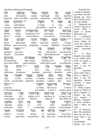 Interlinear Hebraico-Português Enih Gil’ead
174
‫־א‬ ָ֨‫נ‬ְ ‫ם‬ ֶֹ֔‫כ‬ְ ִ‫ב‬ְ‫ֺא‬ ֹ֙‫ֹו‬‫ְש‬‫פ‬ַ‫נ‬ ‫ה‬ ִָ֤‫ְק‬‫ש‬ָֽ ָ‫ח‬ ‫י‬ ִָ֗‫נ‬ְ‫ֺא‬ ‫ָ֣ם‬ֶ‫ְכ‬‫ש‬
tenu bevitechem nafsho chashəqah beni shechem
deem-lhe pela-vossa-filha sua-alma enamorada meu-filho Siquém
‫ָֽה׃‬ ָ‫ִש‬‫א‬ְ‫ל‬ ‫ֹו‬ ִׁ֖‫ל‬ ‫ֽא‬ִָ֛‫ֹת‬ ‫א‬ ‫ֵ֥א‬ָ‫נ‬34:9
‫נ־א‬ ִָ֑‫ֹת‬ ‫א‬ ‫־א‬ִׁ֖‫נ‬ְ ַ‫ח‬ְ‫ָֽת‬ ִ‫ְה‬‫ו‬
„otanu vehitchatenu le‟ishah lo „otah na‟
conosco Aparentai-vos por-mulher para-ele ela peço-te
‫ָֽם׃‬ ֶ‫ָכ‬‫ל‬ ‫־א‬ ֵ֥‫ְח‬‫ק‬ִ ‫ינ־א‬ ִֵׁ֖‫ֹת‬ ‫ְנ‬‫ֺא‬‫ֶת־‬‫א‬ְ‫ו‬ ‫נ־א‬ ָֹ֔‫ל‬‫נ־א־‬ְ ִ ֹ֙‫ֶם‬‫כ‬‫י‬ֵ‫ָֹֽת‬ ‫ְנ‬‫ֺא‬
lachem tiqəhu benoteynu-ve‟et lanu-titənu benoteychem
para-si tomem nossas filhas-e a nós-daí nos vossas-filhas
34:10
ֹ֙‫־א‬‫ְב‬‫ש‬ ‫ם‬ ֶֹ֔‫כ‬‫ֵי‬‫נ‬ְ‫פ‬ִ‫ל‬ ‫ָ֣ה‬ֶ‫י‬ְ‫ה‬ִ ֹ֙‫ץ‬ ֶ‫ר‬ָֹ֙‫א‬ָ‫ה‬ְ‫ו‬ ‫ב־א‬ ִֵ֑‫ש‬ֵ ‫נ־א‬ ִָׁ֖ ִ‫א‬ְ‫ו‬
shevu lifneychem tihyeh veha‟arets teshevu ve‟itanu
habitem para-vossa-face [ela]estará e-a-terra habitareis E-conosco
‫ָֽֽא׃‬ ָ‫ֺא‬ ‫־א‬ִׁ֖‫ֲז‬‫ח‬‫ָָֽא‬ ֵ‫ְה‬‫ו‬ ָ‫ה‬‫־א‬ ֹ֔‫ָר‬‫ח‬ְ‫ס‬‫־א‬34:11
ֹ֙‫ֶם‬‫כ‬ְ‫ש‬ ‫ֶר‬‫מ‬‫ִ֤א‬ֹ ‫ַׁא‬‫ו‬
shechem vayo‟mer bah veha‟achazu ussecharuach
Siquém E-ele-disse nela e[tomai]possessão negociai
‫ִ֑ם‬ֶ‫ֵיכ‬‫נ‬‫ֵי‬‫ע‬ְ‫ֺא‬ ‫ן‬ ִֵׁ֖‫ָא־ח‬‫צ‬ְ‫מ‬ֶ‫א‬ ָ‫ה‬‫י‬ ֶֹ֔‫ח‬‫ֶל־ַא‬‫א‬ְ‫ו‬ ‫יה‬ִָ֣‫ֶל־ָאב‬‫א‬
be‟eyneychem chen-„emtsa‟ „acheiha-ve‟el ‟avih-‟el
aos-vossos-olhos graça-ache[eu] irmãos dela-e para pai dela-para
‫ָֽן׃‬ ֵ ֶ‫א‬ ‫ִׁ֖י‬ַ‫ֵל‬‫א‬ ‫־א‬ ִ֛‫ְר‬‫מ‬‫ֹא‬ ‫ר‬ֵֶ֥‫ֲש‬‫א‬ַ‫ו‬34:12
‫ִ֤י‬ַ‫ָל‬‫ע‬ ‫־א‬ ָ֨‫ֺא‬ ְ‫ַר‬‫ה‬
„alay harbu „eten „elay to‟mru va‟asher
sobre-mim Aumentem [eu]darei para-mim disserdes e-que
‫ִ֑י‬ָ‫ֵל‬‫א‬ ‫־א‬ ִׁ֖‫ְר‬‫מ‬‫ֹא‬ ‫ר‬ֵֶ֥‫ֲש‬‫א‬ַ‫׃א‬ ‫ה‬ ָֹ֔‫נ‬ְ ֶָ֨‫א‬ְ‫ו‬ ‫ן‬ ָֹ֔ ַ‫מ‬‫־א‬ ‫ַר‬‫ה‬ ָֹ֣ ‫מ‬ ֹ֙‫ד‬ֹ ‫ְא‬‫מ‬
„elay to‟mru ka‟asher ve‟etenah umatan mohar me‟od
a-mim vós-disserdes conforme e[eu]darei e-dádiva dote muito
‫ָֽה׃‬ ָ‫ִש‬‫א‬ְ‫ל‬ ִָׁ֖‫ֲר‬‫ע‬ַ‫׆א‬ָֽ ַ‫ֶת־ה‬‫א‬ ‫ֵ֥י‬ִ‫נ־א־ל‬ְ‫־את‬34:13
‫־א‬ ָ֨‫ֲנ‬‫ע‬ַ‫ׁא‬ַ‫ו‬
vaya‟anu le‟ishah hana‟ar-„et li-utenu
E-eles-responderam por-mulher a moça-* a mim-e deem
‫ה‬ִָׁ֖‫מ‬ ְ‫ִר‬‫מ‬ְ‫ֺא‬ ‫ִ֛יו‬ִ‫ָאב‬ ‫ֹור‬ ֵ֥‫ֲמ‬‫ח‬‫ֶת־‬‫א‬ְ‫ו‬ ‫ם‬ ֶָ֨‫כ‬ְ‫ש‬‫ֶת־‬‫א‬ ‫ב‬ֹ ‫ֲק‬‫ע‬ַ‫י‬‫ָֽי־‬ ֵ‫ְנ‬‫ב‬
bemirmah „aviv chamor-ve‟et shechem-„et ya‟aqov-vney
com-engano pai-dele Hamor-e Siquém-* Jacó-filhos de
‫ָֽם׃‬ ָ‫ֹת‬ ‫ֲח‬‫א‬ ‫ֵ֥ה‬ָ‫ינ‬ִ‫ּא‬ ‫ת‬ִֵׁ֖‫א‬ ‫א‬ ֵֹ֔‫ׅא‬ִ‫ט‬ ‫ר‬ ֶָ֣‫ֲש‬‫א‬ ‫ר־א‬ִֵ֑‫ֺא‬ַ‫ְד‬‫י‬ַ‫ו‬
„achotam dinah „et time‟ „asher vayedaberu
irmã-deles Diná * contaminado porque e-eles-falaram
34:14
‫ר‬ָָ֣‫ב‬ָ‫ַּא‬‫ה‬ ֹ֙‫ת‬‫ֲׂשֹו‬‫ע‬ַ‫ל‬ ֹ֙‫ל‬ַ‫כ‬‫נ־א‬ ‫א‬ ִ֤‫ֹל‬ ‫ם‬ ֶָ֗‫ה‬‫ֵי‬‫ל‬ֲ‫א‬ ‫־א‬ ָ֣‫ְר‬‫מ‬‫ֹא‬ ‫ַׁא‬‫ו‬
hadavar la‟assot nuchal lo‟ „aleychem vayo‟məru
a-coisa para-fazer nós-podemos não para-eles E-eles-disseram
A alma de Siquém,
meu filho, está ena-
morada da vossa
filha; dai-lha, peço-
vos, por mulher.
9 Aparentai-vos
conosco, dai-nos as
vossas filhas e
tomai as nossas
filhas para vós;
10 e habitareis
conosco; e a terra
estará diante da
vossa face; habitai,
e negociai nela, e
tomai possessão
nela.
11 E disse
Siquém ao pai dela
e aos irmãos dela:
Ache eu graça a
vossos olhos e
darei o que me
disserdes.
12 Aumentai
muito sobre mim o
dote e a dádiva, e
darei o que me
disserdes; dai-me
somente a moça
por mulher.
13 Então, respon-
deram os filhos de
Jacó a Siquém e a
Hamor, seu pai,
com engano, e
falaram, porquan-
to havia contami-
nado a Diná, sua
irmã.
14 E disseram-
lhes: Não podemos
fazer isso, de dar a
nossa irmã a um
varão não
circuncidado;
porque isso seria
 