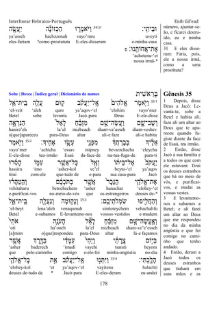 Interlinear Hebraico-Português Enih Gil’ead
178
‫ָֽי׃‬ ִ‫ֵית‬‫ב‬‫־א‬34:31
‫ה‬ ִֶׁ֖‫ֲׂש‬‫ע‬ַ‫י‬ ‫ה‬ָ‫נ‬‫ְזֹו‬‫כ‬ַ‫ה‬ ‫־א‬ ִ֑‫ְר‬‫מ‬‫ֹא‬ ‫ַׁא‬‫ו‬
ya‟asseh hachəzonah vayo‟mru uveyti
eles-fariam ?como-prostututa E-eles-disseram e-minha-casa
‫ָֽנ־א׃‬ ֵ‫ֲחֹות‬‫א‬‫ֶת־‬‫א‬‫פ‬
„achotenu-„et
nossa irmã-*
número, ajuntar-se-
ão, e ficarei destru-
ído, eu e minha
casa.
31 E eles disse-
ram: Faria, pois,
ele a nossa irmã,
como a uma
prostituta?
Sobe | Desce | Índice geral | Dicionário de nomes ‫ִית‬‫ש‬‫א‬ ֵ‫ְר‬‫ֺא‬ Gênesis 35
35:1
‫ל‬ִֵׁ֖‫ָֽית־א‬ ֵ‫ב‬ ‫ֵ֥ה‬ֵ‫ֲל‬‫ע‬ ‫־אם‬ ִ֛‫ק‬ ‫ב‬ ֹֹ֔ ‫ֲק‬‫ע‬ַ‫י‬‫ָֽל־‬ ֶ‫א‬ ֹ֙‫ִים‬‫ה‬‫ֱֹל‬‫א‬ ‫ֶר‬‫מ‬‫ִ֤א‬ֹ ‫ַׁא‬‫ו‬
„el-veit „aleh qum ya‟aqov-„el „elohim vayo‟mer
Betel sobe levanta Jacó-para Deus E-ele-disse
‫ה‬ֶָ֣‫א‬ ְ‫ִר‬‫׆א‬ַ‫ה‬ ֹ֙‫ל‬ֵ‫א‬ָ‫ל‬ ַ‫ח‬ ֵֹ֔‫ֺא‬ְ‫ז‬ִ‫מ‬ ‫ם‬ ָָ֣‫ֵה־ש‬‫ׂש‬ֲ‫ע‬ַ‫ו‬ ‫ם‬ ִָ֑‫ֶב־ש‬‫ש‬ְ‫ו‬
hanirə‟eh la‟el mizbeach sham-va‟asseh sham-veshev
o[que]apareceu para-Deus altar ali-e faze ali-e habita
‫ָֽיָך׃‬ ִ‫ָאח‬ ‫ו‬ֵָ֥‫ֵׂש‬‫ע‬ ‫ִׁ֖י‬ֵ‫ְנ‬‫פ‬ִ‫מ‬ ֹ֔‫ֲָך‬‫ח‬ ְ‫ָר‬‫ב‬ְ‫ֺא‬ ‫יָך‬ ֶֹ֔‫ל‬ֵ‫א‬35:2
‫ֶר‬‫מ‬‫ִ֤א‬ֹ ‫ַׁא‬‫ו‬
vayo‟mer „achicha „essav mipney bevarəchacha „eleycha
E-ele-disse teu-irmão Esaú da-face-de na-tua-fuga-de para-ti
‫ר־א‬ִ‫ס‬ָ‫ה‬ ‫ֹו‬ ִ֑‫ִׅא‬‫ע‬ ‫ר‬ ֶָ֣‫ֲש‬‫א‬‫ָל־‬‫׃א‬ ‫ל‬ִֶׁ֖‫ְא‬‫ו‬ ‫ֹו‬ ֹ֔‫ֵית‬‫ֺא‬‫ֶל־‬‫א‬ ֹ֙‫ב‬ֹ ‫ֲק‬‫ע‬ַ‫י‬
hassiru „imo „asher-kol ve‟el beyto-„el ya‟aqov
tirai com-ele que-tudo de e-para sua casa-para Jacó
‫־א‬ ֹ֔‫ֲר‬‫ה‬ַ‫׀א‬ָֽ ִ‫ְה‬‫ו‬ ‫ם‬ ֶֹ֔‫כ‬ְ‫כ‬ֹ ‫ְת‬‫ֺא‬ ‫ר‬ ֶָ֣‫ֲש‬‫א‬ ֹ֙‫ר‬ָ‫כ‬ֵ‫׆א‬ַ‫ה‬ ‫י‬ִֵ֤‫ֱֹלה‬‫א‬‫ֶת־‬‫א‬
vehitaharu betochechem „asher hanachar „elohey-„et
e-purificai-vos no-meio-de-vós que os-estrangeiros deuses de-*
‫ָֽם׃‬ ֶ‫יכ‬ֵ‫ְֹלת‬‫מ‬ִ‫ׂש‬ ‫ִׁ֖יפ־א‬ִ‫ֲל‬‫ח‬ַ‫ה‬ְ‫ו‬35:3
‫ל‬ִֵ֑‫ָֽית־א‬ ֵ‫ֺא‬ ‫ִׁ֖ה‬ֶ‫ֲל‬‫ע‬ַ‫נ‬ְ‫ו‬ ‫ָה‬‫מ‬‫־א‬ ֵ֥‫ָק‬‫נ‬ְ‫ו‬
„el-beyt lena‟aleh venaqumah simloteychem vehachalifu
Betel e-subamos E-levantemo-nos vossos-vestidos e-mudem
ֹ֙‫י‬ִ‫ֹת‬ ‫א‬ ‫ִ֤ה‬ֶ‫ֹנ‬ ‫ָע‬‫ה‬ ‫ל‬ ִֵ֞‫א‬ָ‫ל‬ ַ‫ח‬ ֵָ֗‫ֺא‬ְ‫ז‬ִ‫מ‬ ‫ם‬ ָָ֣‫ֶה־ש‬‫ׂש‬ֱ‫ע‬ָֽ ֶ‫ְא‬‫ו‬
„oti ha‟oneh la‟el mizbeach sham-ve‟e‟esseh
[a]mim o[que]respondeu para-Deus altar lá-e façamos
‫ר‬ֵֶ֥‫ֲש‬‫א‬ ‫ְך‬ ֶ‫ר‬ִֶׁ֖‫ַּא‬‫ֺא‬ ‫י‬ ִֹ֔‫ָד‬‫ׅא‬ִ‫ע‬ ֹ֙‫י‬ִ‫ה‬ְ‫י‬ַ‫ו‬ ‫י‬ ִֹ֔‫ת‬ ָ‫ָֽר‬ ָ‫צ‬ ‫ָֹ֣ום‬‫י‬ְ‫ֺא‬
„asher baderech „imadi vayehi tsarati beyom
que pelo-caminho comigo e-ele-foi minha-angústia no-dia
‫י׃‬ִ ְ‫כ‬ָֽ ָ‫ָל‬‫ה‬35:4
‫י‬ִֵ֤‫ֱֹלה‬‫א‬‫ָל־‬‫׃א‬ ‫ת‬ֵָ֣‫א‬ ‫ב‬ ָֹ֗ ‫ֲק‬‫ע‬ַ‫י‬‫ָֽל־‬ ֶ‫א‬ ‫־א‬ָ֣‫נ‬ְ ִ‫ׁא‬ַ‫ו‬
„elohey-kol „et ya‟aqov-„el vayitenu halachti
deuses de-tudo de * Jacó-para E-eles-deram eu-andei
1 Depois, disse
Deus a Jacó: Le-
vanta-te, sobe a
Betel e habita ali;
faze ali um altar ao
Deus que te apa-
receu quando fu-
giste diante da face
de Esaú, teu irmão.
2 Então, disse
Jacó à sua família e
a todos os que com
ele estavam: Tirai
os deuses estranhos
que há no meio de
vós, e purificai-
vos, e mudai as
vossas vestes.
3 E levantemo-
nos e subamos a
Betel; e ali farei
um altar ao Deus
que me respondeu
no dia da minha
angústia e que foi
comigo no cami-
nho que tenho
andado.
4 Então, deram a
Jacó todos os
deuses estranhos
que tinham em
suas mãos e as
 