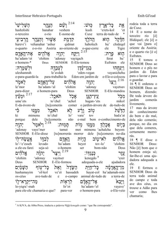 Interlinear Hebraico-Português Enih Gil’ead
9
‫ָֽ־אש׃‬‫׃א‬ ‫ץ‬ ֶ‫ֵ֥ר‬ֶ‫ָל־א‬‫׃א‬ ‫ת‬ִֵׁ֖‫א‬2:14
ֹ֙‫י‬ִ‫ש‬‫ִי‬‫ל‬ְ‫ש‬ַ‫ה‬ ‫ר‬ִָ֤‫ָה‬‫׆א‬ַ‫ה‬ ‫ם‬ ֵָ֨‫ש‬ְ‫ו‬
hashəlishi hanahar veshem kush „erets-kol „et
o-terceiro o-rio E-nome-de Cuxe terra de-tudo de *
‫י‬ִִׁ֖‫ִיע‬‫ב‬ ְ‫ָֽר‬ ָ‫ה‬ ‫ֵ֥ר‬ָ‫ָה‬‫׆א‬ַ‫ה‬ְ‫ו‬ ‫־אר‬ ִ֑‫ַש‬‫א‬ ‫ת‬ַָ֣‫מ‬ְ‫ִד‬‫ק‬ ‫ְִׁ֖ך‬ֵ‫ֹל‬ ‫ָֽה‬ ַ‫ה‬ ‫־אא‬ ֵ֥‫ה‬ ‫ֶל‬‫ק‬ ֶֹ֔‫ִּא‬‫ח‬
harevi‟i vehanahar „ashur qidmat haholech hu‟ chideqel
o-quarto e-o-rio Assíria ao-oriente-de o-que-corre ele Tigre
‫ת׃‬ָֽ ָ‫ְר‬‫פ‬ ‫־אא‬ ֵ֥‫ה‬2:15
‫ם‬ ִָ֑‫ָָֽאד‬ ָ‫ֶת־ה‬‫א‬ ‫ים‬ִִׁ֖‫ֱֹלה‬‫א‬ ‫ֵ֥ה‬ָ‫ְהו‬‫י‬ ‫ִ֛ח‬ַ ִ‫ׁא‬ַ‫ו‬
ha‟adam-„et „elohim „adonay vayiqach ferat hu‟
o homem-* Deus SENHOR E-Ele-tomou Eufrates ele
‫ֽא׃‬ָֽ ָ‫ְר‬‫מ‬ָ‫ש‬ְ‫ל‬‫־א‬ ‫ֽא‬ ִָׁ֖‫ְד‬‫ב‬ָ‫ע‬ְ‫ל‬ ‫ן‬ֶ‫ד‬ ֵֹ֔‫ע‬‫ַן־‬‫ג‬ְ‫ב‬ ‫ה־א‬ֵָ֣‫ִח‬‫׆א‬ַ‫ׁא‬ַ‫ו‬
uleshamrah le‟avdah „eden-vegan vayanichehu
e-para-guardá-la para-trabalhá-la Éden-em jardim de e-Ele-o-colocou
2:16
‫ר‬ ִֹ֑ ‫ֵאמ‬‫ל‬ ‫ם‬ ִָׁ֖‫ָָֽאד‬ ָ‫ַל־ה‬‫ע‬ ‫ים‬ ִֹ֔‫ה‬‫ֱֹל‬‫א‬ ‫ָ֣ה‬ָ‫ְהו‬‫י‬ ֹ֙‫ו‬ַ‫צ‬ְ‫י‬ַ‫ו‬
le‟mor ha‟adam-„al „elohim „adonay vayetsav
para-dizer o homem-para Deus SENHOR E-Ele-mandou
‫ָֽל׃‬ ֵ‫ֹאכ‬ ‫ל‬ ֵֹ֥ ‫ָאכ‬ ‫ִׁ֖ן‬ָ‫ַֻא‬‫ה‬‫ָֽץ־‬ ֵ‫ע‬ ‫ל‬ ֵֹ֥ ‫ִ׃א‬‫מ‬2:17
‫ץ‬ ֵָ֗‫ע‬ֵ‫מ‬‫־א‬
ume‟ets to‟chel „achol hagan-„ets mikol
E-da-ávore-de [tu]comerás comer o jardim-árvore de de-tudo-de
‫י‬ ִָ֗‫׃א‬ ‫׆א־א‬ִֶ֑‫ִׅא‬‫מ‬ ‫ל‬ִַׁ֖‫ֹאכ‬ ‫ת‬ ‫א‬ ֵ֥‫ֹל‬ ‫ע‬ ָֹ֔‫ָר‬‫ו‬ ‫ֹוב‬ ָ֣‫ט‬ ֹ֙‫ת‬ַ‫ע‬ַֹ֙‫ַּא‬‫ה‬
ki mimenu to‟chal lo‟ vara‟ tov hada‟at
porque dele [tu]comerás não e-mal bem o-conhecimento-de
‫ָֽ־את׃‬‫מ‬ָ ‫ֹות‬ ֵ֥‫מ‬ ‫׆א־א‬ִֶׁ֖‫ִׅא‬‫מ‬ ֵ֥‫ְָך‬‫ל‬ָ‫כ‬ֲ‫א‬ ‫ִֹ֛ום‬‫י‬ְ‫ֺא‬2:18
‫ָ֣ה‬ָ‫ְהו‬‫י‬ ֹ֙‫ר‬ֶ‫מ‬‫ֹ֙א‬ֹ ‫ַׁא‬‫ו‬
„adonay vayo‟mer tamut mot mimenu „achalcha beyom
SENHOR E-Ele-disse [tu]morrerás morrer dele [tu]comeres no-dia
‫ֹו‬ ֵ֥‫ֶֽא־ׄא‬‫ׂש‬ֱ‫ע‬ָֽ ֶ‫א‬ ‫ֹו‬ ִ֑‫ַּא‬‫ב‬ְ‫ל‬ ‫ם‬ ִָׁ֖‫ָָֽאד‬ ָ‫ה‬ ‫ֵֹ֥ות‬‫י‬ֱ‫ה‬ ‫ֹוב‬ ִ֛‫ֹלא־ט‬ ‫ים‬ ִֹ֔‫ה‬‫ֱֹל‬‫א‬
lo‟-„e‟esseh levado ha‟adam heyot tov-lo‟ „elohim
a ele-eu farei seja-só o-homem ser bom-não Deus
‫ֹו׃‬ָֽ‫ְּא‬‫ג‬ֶ‫נ‬ְ‫׃א‬ ‫ֶר‬‫ז‬ִֵׁ֖‫ע‬2:19
‫ים‬ִ‫ה‬‫ֱֹל‬‫א‬ ‫ה‬ָָ֨‫ו‬‫ְה‬‫י‬ ֩‫ר‬ֶ‫צ‬ִ‫ׁא‬ַ‫ו‬
„elohim „adonay vayitser kenegdo 5
„ezer
Deus SENHOR E-Ele-formou adequada-a-ele ajudadora
‫ִם‬‫י‬ ַֹ֔‫מ‬ָ‫ש‬ַ‫ה‬ ‫ֹוף‬ ָ֣‫ָל־ע‬‫׃א‬ ֹ֙‫ת‬ֵ‫א‬ְ‫ו‬ ֹ֙‫ה‬ֶ‫ָד‬‫ש‬ַ‫ה‬ ‫ִ֤ת‬ַ‫ׁא‬ַ‫ח‬‫ָל־‬‫׃א‬ ‫ה‬ ָָ֗‫מ‬ָ‫ֲד‬‫א‬ָֽ ָ‫ִן־ה‬‫מ‬
hashamayim „of-kol ve‟et hassadeh hayat-col ha‟adamah-min
os-céus ave-tudo de e o-campo animal de-tudo de a terra-de
‫ֹו‬ ִ֑‫א־ל‬ ָ‫ְר‬‫ק‬ִ‫ׁא‬‫ַה־‬‫מ‬ ‫ֹות‬ ִׁ֖‫א‬ ְ‫ִר‬‫ל‬ ‫ם‬ ָֹ֔‫ָאד‬ָָ֣‫ֶל־ה‬‫א‬ ֹ֙‫ֵא‬‫ב‬ָ‫ׁא‬ַ‫ו‬
lo-yiqra‟-mah lir‟ot ha‟adam-„el vayave‟
para ele-ele chamaria-o que? para-ver o homem-para e-Ele-veio
rodeia toda a terra
de Cuxe.
14 E o nome do
terceiro rio [é]
Hidéquel; ele [é] o
que vai [para o]
oriente da Assíria;
e o quarto rio [é o]
Eufrates.
15 E tomou o
SENHOR Deus ao
homem e o pôs no
jardim do Éden
para o lavrar e para
o guardar.
16 ¶ E ordenou o
SENHOR Deus ao
homem, dizendo:
De toda árvore do
jardim comerás
livremente,
17 mas da árvore
do conhecimento
do bem e do mal,
dela não comerás;
porque, no dia em
que dela comeres,
certamente morre-
rás.
18 ¶ E disse o
SENHOR Deus:
Não [é] bom que o
homem esteja só;
far-lhe-ei uma aju-
dadora adequada a
ele.
19 E formou o
SENHOR Deus da
terra todo animal
do campo e toda
ave dos céus, os
trouxe a Adão para
ver como lhes
chamaria;
5
A KJVA, da Abba Press, traduziu a palavra ‫ּדֹו‬ְ‫ג‬ ֶ‫נ‬ ְ‫כ‬ kenegdo como: “que lhe corresponda”.
 
