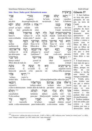 Interlinear Hebraico-Português Enih Gil’ead
189
Sobe | Desce | Índice geral | Dicionário de nomes ‫ִית‬‫ש‬‫א‬ ֵ‫ְר‬‫ֺא‬ Gênesis 37
37:1
‫יו‬ִִ֑‫ָאב‬ ‫י‬ ֵָ֣‫ְג־אר‬‫מ‬ ‫ץ‬ ֶ‫ר‬ִֶׁ֖‫ְא‬‫ֺא‬ ‫ב‬ ֹֹ֔ ‫ֲק‬‫ע‬ַ‫י‬ ‫ֶב‬‫ש‬ֵָ֣‫ׁא‬ַ‫ו‬
„aviv megurey be‟erets ya‟aqov vayeshev
pai-dele de-peregrinações-de na-terra-de Jacó E-habitou
‫ַן׃‬‫ע‬ָֽ ָ‫ְנ‬‫׃א‬ ‫ץ‬ ֶ‫ר‬ִֶׁ֖‫ְא‬‫ֺא‬37:2
‫ף‬ ִֵ֞‫ס‬‫יֹו‬ ‫ב‬ ָֹ֗ ‫ֲק‬‫ע‬ַ‫י‬ ‫ֹות‬ ָ֣‫ְד‬‫ל‬ֹ ‫׀‬ ‫ֶה‬‫ׄא‬ֵָ֣‫א‬
yossef ya‟aqov toledot „eleh kəna‟an be‟erets
José Jacó gerações-de estes Canaã na-terra-de
‫אן‬ ֹֹ֔ ‫ַצ‬‫ֺא‬ ֹ֙‫ו‬‫ָי‬‫ח‬ֶ‫א‬‫ֶת־‬‫א‬ ‫ה‬ִֶ֤‫ֹע‬ ‫ר‬ ‫ה‬ָָ֨‫י‬ָ‫ה‬ ֹ֙‫ָה‬‫נ‬ָ‫ש‬ ‫ה‬ ִֵ֤‫ְר‬‫ׂש‬ֶ‫ע‬‫ָֽע־‬ ַ‫ְב‬‫ש‬‫ֶן־‬‫ֺא‬
batso‟n „echayv-„et ro‟eh hayah shanah „esreh-sheva‟-ben
com-o-rebanho irmãos dele-* pastor era ano dez-sete-filho de
‫י‬ ֵָ֣‫ְש‬‫נ‬ ‫ה‬ִָׁ֖‫ְפ‬‫ל‬ִ‫ז‬ ‫ֵ֥י‬ֵ‫ְנ‬‫ֺא‬‫ֶת־‬‫א‬ְ‫ו‬ ‫ִ֛ה‬ָ‫ְה‬‫ל‬ִ‫ב‬ ‫ֵ֥י‬ֵ‫ְנ‬‫ֺא‬‫ֶת־‬‫א‬ ‫ַר‬‫ע‬ ַָ֗‫נ‬ ‫־אא‬ ָ֣‫ְה‬‫ו‬
neshey zilpah bney-ve‟et vilhah bney-„et na‟ar vehu‟
mulheres-de Zilpa filhos de-e Bila filho de-* rapaz e-ele
‫ָֽם׃‬ ֶ‫ִיה‬‫ב‬ֲ‫א‬‫ֶל־‬‫א‬ ‫ה‬ִָׁ֖‫ע‬ ָ‫ר‬ ‫ֵ֥ם‬ָ‫ָת‬‫ֺא‬ִ‫ֶת־ּא‬‫א‬ ‫ִ֛ף‬ֵ‫יֹוס‬ ‫ֵ֥א‬ֵ‫ָב‬‫ׁא‬ַ‫ו‬ ‫יו‬ִִ֑‫ָאב‬
„avihem-„el ra‟ah dibatam-„et yossef vayave‟ „aviv
pai deles-para má [má]fama-* José e-ele-veio pai-dele
37:3
‫יו‬ ָֹ֔‫נ‬ָ‫ֺא‬‫ָל־‬‫׃א‬ִ‫מ‬ ֹ֙‫ף‬ֵ‫ס‬‫ֶת־יֹו‬‫א‬ ‫ב‬ִַ֤‫ָאה‬ ‫ל‬ ֵָ֗‫א‬ ָ‫ְר‬‫ׂש‬ִ‫י‬ְ‫ו‬
banayv-mikol yossef-„et „ahav veyisra‟el
filhos dele-de tudo de José-* amava e-Israel
‫ֶת‬‫נ‬ ֵֹ֥ ‫ְת‬‫׃א‬ ‫ֹו‬ ִׁ֖‫ל‬ ‫ָה‬‫ׂש‬ֵָ֥‫ְע‬‫ו‬ ‫ֹו‬ ִ֑‫ל‬ ‫־אא‬ ִׁ֖‫ה‬ ‫ֵ֥ים‬ִ‫נ‬ֺ‫ק‬ְ‫ז‬‫ֶן־‬‫ב‬‫ָֽי־‬ ִ‫׃א‬
kətonet lo ve‟assah lo hu‟ zequnim-ven-ki
túnica-de para-ele e-fez para-ele ele velhice-filho de-porque
‫ָֽים׃‬ ִ‫ַׇא‬‫פ‬37:4
‫יו‬ ָָ֗‫ח‬ֶ‫א‬ ‫־א‬ ָ֣‫א‬ ְ‫ִר‬‫ׁא‬ַ‫ו‬
„echayv vayirə‟u passim
irmãos dele E-eles-viram [alcançar]palmas[das mãos/dos pés]122
‫־א‬ ִׁ֖‫ְא‬‫נ‬ְ‫ׂש‬ִ‫ׁא‬ָֽ ַ‫ו‬ ‫יו‬ ָֹ֔‫ח‬ֶ‫א‬‫ָל־‬‫׃א‬ִ‫מ‬ ֹ֙‫ֶם‬‫ה‬‫ִי‬‫ב‬ֲ‫א‬ ‫ב‬ִַ֤‫ָאה‬ ‫ֹו‬ ִ֞‫ֹת‬ ‫ָֽי־א‬ ִ‫׃א‬
vayisnə‟u „echayv-mikol „avihem „ahav „oto-ki
e-eles-o-aborreceram irmãos dele-de tudo de pai-deles amava [a]ele-que
‫ָֽם׃‬‫ֹל‬ָ‫ש‬ְ‫ל‬ ‫ֹו‬ ֵ֥‫ְר‬‫ֺא‬ַ‫ּא‬ ‫־א‬ ִׁ֖‫ְל‬‫כ‬ָ‫י‬ ‫א‬ ֵ֥‫ְֹל‬‫ו‬ ‫ֹו‬ ִ֑‫ֹת‬ ‫א‬37:5
‫ם‬ ִ֤‫ֲֹל‬‫ח‬ַ‫ׁא‬ַ‫ו‬
vayachalom leshalom dabero yachlu velo‟ „oto
E-ele-sonhou para-paz falar[com]ele podiam e-não [a]ele
‫ֹוד‬ ִׁ֖‫ע‬ ‫ֵ֥פ־א‬ִ‫ַׁאֹוס‬‫ו‬ ‫יו‬ ִָ֑‫ֶח‬‫א‬ְ‫ל‬ ‫ִׁ֖ד‬ֵ‫ַֻא‬‫ׁא‬ַ‫ו‬ ‫ֹום‬ ֹ֔‫ֲל‬‫ח‬ ֹ֙‫ף‬ֵ‫ס‬‫יֹו‬
„od vayossifu le‟echayv vayagid chalom yossef
ainda e-eles-aumentaram para-irmãos-dele e-ele-contou sonho José
1 E Jacó habitou
na terra das pere-
grinações de seu
pai, na terra de
Canaã.
2 Estas são as
gerações de Jacó:
Sendo José de
dezessete anos,
apascentava as
ovelhas com seus
irmãos; e estava o
jovem com os
filhos de Bila e
com os filhos de
Zilpa, mulheres de
seu pai; e José
trazia uma má
fama deles a seu
pai.
3 E Israel amava a
José mais do que a
todos os seus
filhos, porque era
filho da sua
velhice; e fez-lhe
uma túnica de
mangas compridas.
4 Vendo, pois,
seus irmãos que
seu pai o amava
mais do que a
todos os seus
irmãos, aborrece-
ram-no e não
podiam falar com
ele pacificamente.
5 Sonhou também
José um sonho, que
contou a seus
irmãos; por isso, o
aborreciam ainda
122
‫ִים‬‫ׇא‬ַ‫פ‬ passim = palmas das mãos e/ou dos pés. A KJV, a NKJ e a ARC traduzem como “muitas [ou várias] cores” e, a ARA,
como “mangas compridas”; já a NIV traduz como “capa ornamental”.
 