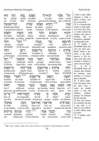 Interlinear Hebraico-Português Enih Gil’ead
10
‫־אא‬ ֵ֥‫ה‬ ‫ִׁ֖ה‬ָ‫ׁא‬ַ‫ח‬ ‫ֶש‬‫פ‬ֵֶ֥‫נ‬ ‫ִ֛ם‬ָ‫ָָאד‬ ָֽ‫ה‬ ‫ֹו‬ ַּ֧‫א־ל‬ ָ‫ְר‬‫ק‬ִ‫י‬ ‫ר‬ ֶָ֨‫ש‬ֲ‫א‬ ֩‫ל‬ֹ ‫ְכ‬‫ו‬
hu‟ chayah nefesh ha‟adam lo-yiqra‟ „asher vechol
ele vivente alma o-homem para ele-ele chamou que e-tudo-de
‫ָֹֽו׃‬‫מ‬ְ‫ש‬2:20
ֹ֙‫ָה‬‫מ‬ֵ‫ה‬ְ‫ֺא‬ַ‫ה‬‫ָל־‬‫כ‬ְ‫ל‬ ‫ֹות‬ ָ֗‫ֵמ‬‫ש‬ ‫ם‬ָ‫ָָֽאד‬ ָ‫ה‬ ‫א‬ ָָ֨‫ְר‬‫ק‬ִ‫ׁא‬ַ‫ו‬
habehemah-lechol shemot ha‟adam vayiqra‟ shemo
o animal-para tudo de nomes o-homem E-ele-chamou nome-dele
‫ם‬ָ‫ְָאד‬‫ל‬‫־א‬ ‫ה‬ ִֶ֑‫ָד‬‫ש‬ַ‫ה‬ ‫ָ֣ת‬ַ‫ׁא‬ַ‫ח‬ ‫ל‬ ִֹׁ֖ ‫ְכ‬‫ל‬‫־א‬ ‫ִם‬‫י‬ ַֹ֔‫מ‬ָ‫ש‬ַ‫ה‬ ‫ֹוף‬ ָ֣‫ְע‬‫ל‬‫־א‬
ule‟adam hassadeh chayat ulechol hashamayim ule‟of
e-para-Adão o-campo animal-de e-para-tudo-de os-céus e-para-ave-de
‫ֹו׃‬ָֽ‫ְּא‬‫ג‬ֶ‫נ‬ְ‫׃א‬ ‫ֶר‬‫ז‬ִֵׁ֖‫ע‬ ‫ֵ֥א‬ָ‫ָצ‬‫מ‬‫ָֽא־‬‫ֹל‬2:21
‫ה‬ָָ֨‫ו‬‫ְה‬‫י‬ ֩‫ל‬ֵ‫פ‬ַ‫ׁא‬ַ‫ו‬
„adonay vayapel kenegdo 5
„ezer matsa‟-lo‟
SENHOR E-Ele-fez-cair adequada-a-ele ajudadora encontrou-não
‫ח‬ ַָ֗ ִ‫ׁא‬ַ‫ו‬ ‫ן‬ ִָ֑‫ִיש‬‫ׁא‬ַ‫ו‬ ‫ם‬ ִָׁ֖‫ָָאד‬‫ה‬‫ַל־‬‫ע‬ ‫ִ֛ה‬ָ‫מ‬ֵ‫ּא‬ ְ‫ר‬ַ ‫׀‬ ‫ים‬ִַּ֧‫ֱֹלה‬‫א‬
vayiqach vayishan ha‟adam-„al tardemah ‟elohim
e-Ele-tomou e-ele-dormiu o homem-sobre sono-profundo Deus
‫ָה׃‬‫׆א‬ָֽ ֶ ְ‫ח‬ַ ‫ר‬ ִָׁ֖‫ָׂש‬‫ֺא‬ ‫ר‬ֵֹ֥ ‫ְֻא‬‫ס‬ִ‫ׁא‬ַ‫ו‬ ‫יו‬ ָֹ֔‫ֹת‬ ‫ְע‬‫ל‬ַ‫צ‬ִ‫מ‬ ֹ֙‫ת‬ַ‫ח‬‫ַא‬2:22
֩‫ן‬ֶ‫ב‬ִ‫ׁא‬ַ‫ו‬
vayiven tachtenah bassar vayisgor mitsalə‟otayv „achat
E-Ele-fez lugar-dela carne e-Ele-fechou de-costelas-dele uma
‫ם‬ ִָׁ֖‫ָָֽאד‬ ָ‫ִן־ה‬‫מ‬ ‫ח‬ ֵַ֥‫ָק‬‫ל‬‫ֶר־‬‫ש‬ֲ‫א‬ ‫ִ֛ע‬ָ‫ֵל‬‫צ‬ַ‫ה‬‫ָֽת־‬ ֶ‫א‬ ‫׀‬ ‫ים‬ִַּ֧‫ֱֹלה‬‫א‬ ‫ה‬ָָ֨‫ו‬‫ְה‬‫י‬
ha'adam-min laqach-„asher hatsela‟-„et „elohim „adonay
o homem-de [Ele]tomara-que a costela-* Deus SENHOR
‫ָֽם׃‬ ָ‫ָָאד‬ ָֽ‫ֶל־ה‬‫א‬ ָ‫ה‬ִֶׁ֖‫ִא‬‫ב‬ְ‫י‬ַ‫ו‬ ‫ה‬ ִָ֑‫ִש‬‫א‬ְ‫ל‬2:23
‫ם‬ָ‫ָָאד‬ ָֽ‫ה‬ ֮‫ר‬ֶ‫מ‬‫ֹא‬ ‫ַׁא‬‫ו‬
ha'adam vay‟omer ha'adam-„el vayevi‟eha le‟ishah
o-homem E-ele-disse o homem-para e-Ele-a-trouxe para-mulher
ֹ֙‫ת‬‫ֹא‬ ‫ְז‬‫ל‬ ‫י‬ ִִ֑‫ָר‬‫ׂש‬ְ‫ֺא‬ִ‫מ‬ ‫ר‬ ִָׁ֖‫ָׂש‬‫ב‬‫־א‬ ‫י‬ ַֹ֔‫מ‬ָ‫צ‬ֲ‫ע‬ָֽ ֵ‫מ‬ ‫ֶם‬‫צ‬ ֵֶ֚‫ע‬ ‫ַם‬‫ע‬ ַָ֗‫פ‬ַ‫ה‬ ‫את‬ָֹ֣ ‫ז‬
lezo‟t mibessari uvassar me‟atsamay „etsem hapa‟am zo‟t
para-esta de-minha-carne e-carne de-meu-osso osso agora esta
‫ָֹֽאת׃‬ ‫ָה־ֿא‬‫ח‬ֳ‫ק‬ָֽ ֺ‫ל‬ ‫יש‬ִִׁ֖‫ֵא‬‫מ‬ ‫ֵ֥י‬ִ‫׃א‬ ‫ה‬ ָֹ֔‫ש‬ִ‫א‬ ‫א‬ ֵָ֣‫ָר‬ ִ‫י‬2:24
ֹ֙‫ן‬ֵ‫׃א‬‫ַל־‬‫ע‬
ken-„al zo‟t-luqochah me‟ish ki „ishah 6
yiqare‟
isso-Por isto-ela foi tomada do-homem porque mulher ele-chamou
‫ֹו‬ ֹ֔ ְ‫ש‬ִ‫א‬ְ‫ֺא‬ ‫ָ֣ק‬ַ‫ב‬ָ‫ְד‬‫ו‬ ‫ֹו‬ ִ֑‫ִׅא‬‫א‬‫ֶת־‬‫א‬ְ‫ו‬ ‫יו‬ִִׁ֖‫ֶת־ָאב‬‫א‬ ‫יש‬ ִֹ֔‫א‬‫ָב־‬‫ז‬ֲ‫ע‬ַ ָֽ‫י‬
be‟ishto vedavaq „imo-ve‟et „aviv-„et „ish-ya‟azav
à-sua-mulher e-ele-se-unirá mãe dele-e pai dele-* homem-ele deixará
‫ָֽד׃‬ ָ‫ֶח‬‫א‬ ‫ר‬ֵָ֥‫ָׂש‬‫ב‬ְ‫ל‬ ‫־א‬ִׁ֖‫ָי‬‫ה‬ְ‫ו‬2:25
‫ים‬ ִֹ֔‫ׅא‬‫ֲר־א‬‫ע‬ ֹ֙‫ֶם‬‫ה‬‫ֵי‬‫נ‬ְ‫ש‬ ‫ִ֤־א‬‫י‬ְ‫ה‬ָֽ ִ‫ׁא‬ַ‫ו‬
„arumim shənehem vayihyu „echad levassar vahayu
nus ambos-eles E-eles-estavam um como-carne e-eles-serão
e tudo o que Adão
chamou a toda a
alma vivente, isso
foi o seu nome.
20 E o homem pôs
nomes a todo gado,
e às aves dos céus,
e a todo animal do
campo; mas para o
homem não se
encontrou ajudado-
ra adequada a ele.
21 ¶ Então, o
SENHOR Deus fez
cair um sono pro-
fundo sobre o ho-
mem, e ele ador-
meceu; e Ele to-
mou uma das suas
costelas e fechou a
carne em seu lugar.
22 E fez o
SENHOR Deus, da
costela que tomara
do homem, uma
mulher; e a trouxe
para o homem.
23 E disse Adão:
Esta [é] agora osso
do meu osso e
carne da minha
carne; a esta ele
chamou mulher,
porque do homem
ela foi tomada.
24 Por isso, deixa-
rá o homem seu pai
e sua mãe e se
unirá à sua mulher,
e serão ambos uma
só carne.
25 E ambos esta-
vam nus,
6
‫ה‬ ָָּׁ֔‫ש‬ ִ‫א‬ „ishah = mulher; a rigor, seria: “para o homem”; no sentido de: “direcionada para o homem”.
 