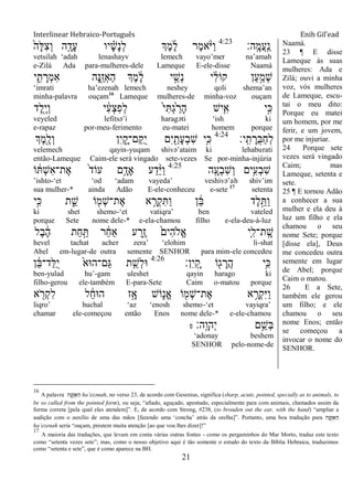 Interlinear Hebraico-Português Enih Gil’ead
21
‫ָֽה׃‬ ָ‫ֲמ‬‫ע‬ָֽ ַ‫נ‬4:23
ֹ֙‫ָה‬‫ׄא‬ִ‫צ‬ְ‫ו‬ ‫ה‬ִָ֤‫ָד‬‫ע‬ ‫יו‬ ָָ֗‫ש‬ָ‫נ‬ְ‫ל‬ ‫ְֶך‬‫מ‬ֶ‫ל‬ ‫ֶר‬‫מ‬‫א‬ָֹ֨ ‫ַׁא‬‫ו‬
vetsilah „adah lenashayv lemech vayo‟mer na‟amah
e-Zilá Ada para-mulheres-dele Lameque E-ele-disse Naamá
‫י‬ ִִ֑‫ת‬ ָ‫ְר‬‫מ‬ִ‫א‬ ‫ָה‬‫׆א‬ִֵׁ֖‫ז‬ְ‫א‬ַ‫ה‬ ‫ְֶך‬‫מ‬ ֶֹ֔‫ל‬ ‫י‬ ֵָ֣‫ְש‬‫נ‬ ‫י‬ ִֹ֔‫ל‬‫קֹו‬ ‫ַן‬‫ע‬ַָ֣‫ְמ‬‫ש‬
„imrati ha‟ezenah lemech neshey qoli shema‟an
minha-palavra ouçam16
Lameque mulheres-de minha-voz ouçam
‫ֶד‬‫ל‬ִֶׁ֖‫י‬ְ‫ו‬ ‫י‬ ִֹ֔‫ע‬ְ‫צ‬ִ‫פ‬ְ‫ל‬ ֹ֙‫י‬ִ ְ‫ג‬ֹ֙ ַ‫ָר‬‫ה‬ ‫יש‬ִִ֤‫א‬ ‫ָ֣י‬ִ‫׃א‬
veyeled lefitsə‟i haragəti „ish ki
e-rapaz por-meu-ferimento eu-matei homem porque
‫ָֽי׃‬ ִ‫ת‬ ָ‫ֺר‬‫ֺא‬ַ‫ח‬ְ‫ל‬4:24
‫ְֶך‬‫מ‬ִֶׁ֖‫ְל‬‫ו‬ ‫ִן‬‫י‬ ִָ֑‫ַם־ק‬ ֺ‫י‬ ‫ִם‬‫י‬ ִַׁ֖‫ָת‬‫ע‬ְ‫ב‬ִ‫ש‬ ‫ֵ֥י‬ִ‫׃א‬
velemech qayin-yuqam shivə‟ataim ki lehaburati
então-Lameque Caim-ele será vingado sete-vezes Se por-minha-injúria
‫ָֽה‬ ָ‫ְע‬‫ב‬ִ‫ש‬ְ‫ו‬ ‫ֵ֥ים‬ִ‫ְע‬‫ב‬ִ‫ש‬4:25
‫ֹו‬ ֹ֔ ְ‫ש‬ִ‫א‬‫ֶת־‬‫א‬ ֹ֙‫ד‬‫עֹו‬ ‫ֵ֥ם‬ָ‫ָאד‬ ‫ע‬ַ‫ד‬ֵָ֨‫ׁא‬ַ‫ו‬
‟ishto-„et „od „adam vayeda‟ veshivə‟ah shiv‟im
sua mulher-* ainda Adão E-ele-conheceu e-sete 17
setenta
‫ָ֣י‬ִ‫׃א‬ ‫ת‬ ִֵ֑‫ש‬ ‫ֹו‬ ִׁ֖‫ְמ‬‫ש‬‫ֶת־‬‫א‬ ‫א‬ ֵָ֥‫ְר‬‫ק‬ִ ַ‫ו‬ ‫ן‬ ֵֹ֔‫ֺא‬ ‫ֶד‬‫ל‬ֵָ֣ ַ‫ו‬
ki shet shemo-„et vatiqra‟ ben vateled
porque Sete nome dele-* e-ela-chamou filho e-ela-deu-à-luz
‫ֶל‬‫ב‬ ֶֹ֔‫ה‬ ‫ַת‬‫ח‬ַָ֣ ‫ר‬ ֵֹ֔‫ח‬‫ַא‬ ‫ע‬ ַ‫ָ֣ר‬ֶ‫ז‬ ֹ֙‫ִים‬‫ה‬‫ֱֹל‬‫א‬ ‫ִ֤י‬ִ‫ָֽת־ל‬ ָ‫ש‬
hevel tachat acher zera‟ „elohim li-shat
Abel em-lugar-de outra semente SENHOR para mim-ele concedeu
‫ִן׃‬‫י‬ָֽ ָ‫ק‬ ‫ֹו‬ִׁ֖‫ג‬ ָ‫ֲר‬‫ה‬ ‫ֵ֥י‬ִ‫׃א‬4:26
‫ן‬ ֵֹ֔‫ֺא‬‫ַד־‬‫ׄא‬ֺ‫י‬ ֹ֙‫ַם־ה־אא‬‫ֻא‬ ‫ת‬ ִֵ֤‫ְש‬‫ל‬‫־א‬
ben-yulad hu‟-gam uleshet qayin harago ki
filho-gerou ele-também E-para-Sete Caim o-matou porque
‫א‬ ִֹׁ֖ ‫ְר‬‫ק‬ִ‫ל‬ ‫ל‬ ַֹ֔‫ח‬‫ה־א‬ ‫ָ֣ז‬ָ‫א‬ ‫ֹוש‬ִ֑‫ֱנ‬‫א‬ ‫ֹו‬ ִׁ֖‫ְמ‬‫ש‬‫ֶת־‬‫א‬ ‫א‬ ֵָ֥‫ְר‬‫ק‬ִ‫ׁא‬ַ‫ו‬
liqro‟ huchal „az „enosh shemo-„et vayiqra‟
chamar ele-começou então Enos nome dele-* e-ele-chamou
‫ָֽה׃‬ ָ‫ְהו‬‫י‬ ‫ם‬ֵֵ֥‫ְש‬‫ֺא‬‫פ‬
„adonay beshem
SENHOR pelo-nome-de
Naamá.
23 ¶ E disse
Lameque às suas
mulheres: Ada e
Zilá; ouvi a minha
voz, vós mulheres
de Lameque, escu-
tai o meu dito:
Porque eu matei
um homem, por me
ferir, e um jovem,
por me injuriar.
24 Porque sete
vezes será vingado
Caim; mas
Lameque, setenta e
sete.
25 ¶ E tornou Adão
a conhecer a sua
mulher e ela deu à
luz um filho e ela
chamou o seu
nome Sete; porque
[disse ela], Deus
me concedeu outra
semente em lugar
de Abel; porque
Caim o matou.
26 E a Sete,
também ele gerou
um filho; e ele
chamou o seu
nome Enos; então
se começou a
invocar o nome do
SENHOR.
16
A palavra ‫ה‬ ָ‫ֶ֖נ‬ ֵ‫ז‬ ְ‫א‬ ַ‫ה‬ ha‟ezәnah, no verso 23, de acordo com Gesenius, significa (sharp, acute, pointed, specially as to animals, to
be so called from the pointed form), ou seja, “afiado, aguçado, apontado, especialmente para com animais, chamados assim da
forma correta [pela qual eles atendem]”. E, de acordo com Strong, #238, (to broaden out the ear, with the hand) “ampliar a
audição com o auxílio de uma das mãos [fazendo uma „concha‟ atrás da orelha]”. Portanto, uma boa tradução para ‫ה‬ ָ‫ֶ֖נ‬ ֵ‫ז‬ ְ‫א‬ ַ‫ה‬
ha‟ezenah seria “ouçam, prestem muita atenção [ao que vou lhes dizer]!”
17
A maioria das traduções, que levam em conta várias outras fontes - como os pergaminhos do Mar Morto, traduz este texto
como “setenta vezes sete”; mas, como o nosso objetivo aqui é tão somente o estudo do texto da Bíblia Hebraica, traduzimos
como “setenta e sete”, que é como aparece na BH.
 