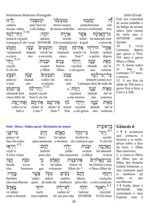 Interlinear Hebraico-Português Enih Gil’ead
26
ֶּ֠‫ה‬ ִֶ֞‫ז‬‫ינ־א‬ ֵֹ֔‫ָד‬‫י‬ ‫ֹון‬ ָ֣‫ְב‬‫צ‬ִ‫ע‬ֵ‫מ‬‫־א‬ ֹ֙‫־א‬‫ֹ֙נ‬ֵ‫ׂש‬ֲ‫ע‬ַ‫ׅא‬ָֽ ִ‫מ‬ ‫נ־א‬ִֵ֤‫ֲמ‬‫ח‬ַ‫נ‬ְ‫י‬
yadenu ume‟itsevon mima‟assenu yenachamenu zeh
nossas -mãos e-da-fadiga do-nosso-trabalho ele-nos-confortará este
‫ָֽה׃‬ ָ‫ְהו‬‫י‬ ‫ֽא‬ ִָׁ֖‫ר‬ ְ‫ֵר‬ ָֽ‫א‬ ‫ר‬ֵֶ֥‫ֲש‬‫א‬ ‫ה‬ ָֹ֔‫מ‬ָ‫ֲד‬‫א‬ָָ֣‫ִן־ה‬‫מ‬5:30
‫ְֶך‬‫מ‬ ֶָ֗‫ל‬‫ִי־‬‫ח‬ְ‫י‬ַ ָֽ‫ו‬
lemech-vayechi „adonay „arərah „asher ha‟adamah-min
Lameque-E ele viveu SENHOR Ele-a-amaldiçoou à-qual a terra-de
‫ֵ֥ש‬ֵ‫ֲמ‬‫ח‬ַ‫ו‬ ‫ה‬ ָֹ֔‫נ‬ָ‫ש‬ ֹ֙‫ִים‬‫ע‬ְ‫ש‬ִ‫ְת‬‫ו‬ ‫ִ֤ש‬ֵ‫ָמ‬‫ח‬ ַ‫ח‬ ֹֹ֔ ‫ֶת־נ‬‫א‬ ‫ֹו‬ ָ֣‫ִיד‬‫ל‬‫הֹו‬ ֹ֙‫י‬ ֵ‫ֲר‬‫ח‬ַ ָֽ‫א‬
vachamesh shanah vetish‟im chamesh noach-„et holido „achare
e-cinco ano e-noventa cinco Noé-* o-gerou depois
‫ָֹֽות׃‬‫נ‬ָ‫ב‬‫־א‬ ‫ִׁ֖ים‬ִ‫נ‬ָ‫ֺא‬ ‫ֶד‬‫ל‬‫ֵֹ֥ו‬‫ׁא‬ַ‫ו‬ ‫ִ֑ה‬ָ‫ָנ‬‫ש‬ ‫ת‬ ִֹׁ֖ ‫ֵא‬‫מ‬5:31
ֹ֙‫י‬ִ‫ה‬ְ‫י‬ַ ָֽ‫ו‬
vayehi uvanot banim vayoled shanah me‟ot
E-ele-foi e-filhas filhos e-ele-gerou ano centena
‫ֵ֥ע‬ַ‫ְב‬‫ש‬‫־א‬ ‫ה‬ ָֹ֔‫נ‬ָ‫ש‬ ֹ֙‫ִים‬‫ע‬ְ‫ב‬ִ‫ש‬ְ‫ו‬ ‫ַע‬‫ב‬ ִֶ֤‫ש‬ ‫ְֶך‬‫מ‬ ֶֹ֔‫ל‬‫ֵי־‬‫מ‬ְ‫י‬‫ָל־‬‫׃א‬
usheva‟ shanah veshiv‟im sheva lemech-yemey-kol
e-sete ano e-setenta sete Lameque-dias de-tudo de
‫ָֽת׃‬ֹ ‫ָמ‬‫ׁא‬ַ‫ו‬ ‫ִ֑ה‬ָ‫ָנ‬‫ש‬ ‫ֹות‬ ִׁ֖‫ֵא‬‫מ‬‫ס‬
5:32
‫ֵ֥ש‬ֵ‫ֲמ‬‫ח‬‫ֶן־‬‫ֺא‬ ַ‫ח‬ֹ ‫ִי־נ‬‫ה‬ְ‫י‬ַ ָֽ‫ו‬
chamesh-ben noach-vayehi vayamot shanah me‟ot
cinco-filho de Noé-E ele foi e-ele-morreu ano centenas
‫ֶת׃‬‫פ‬ָֽ ָ‫י‬‫ֶת־‬‫א‬ְ‫ו‬ ‫ֵ֥ם‬ָ‫ֶת־ח‬‫א‬ ‫ם‬ ִֵׁ֖‫ֶת־ש‬‫א‬ ַ‫ח‬ ֹֹ֔ ‫נ‬ ‫ֶד‬‫ל‬‫ָֹ֣ו‬‫ׁא‬ַ‫ו‬ ‫ִ֑ה‬ָ‫ָנ‬‫ש‬ ‫ֹות‬ ִׁ֖‫ֵא‬‫מ‬
yafet-ve‟et cham-„et shem-„et noach vayoled shanah me‟ot
Jafé-e Cam-* Sem-* Noé e-ele-gerou ano centenas
Este nos consolará
de nosso trabalho e
da fadiga de nossas
mãos, [por causa]
da terra que o
SENHOR amal-
diçoara.
30 E viveu
Lameque, depois
que gerou a Noé,
595 anos e gerou
filhos e filhas.
31 E foram todos
os dias de
Lameque 777 anos;
e morreu.
32 E era Noé da
idade de 500 anos e
gerou Noé a Sem, a
Cam e a Jafé.
Sobe | Desce | Índice geral | Dicionário de nomes ‫ית‬ ִִׁ֖‫אש‬ ֵ‫ְר‬‫ֺא‬ Gênesis 6
6:1
‫ָ֣י‬ֵ‫ְנ‬‫פ‬‫ַל־‬‫ע‬ ‫ב‬ ִֹׁ֖ ‫ָר‬‫ל‬ ‫ם‬ ָֹ֔‫ָָאד‬ ָֽ‫ה‬ ‫ל‬ֵָ֣‫ֵח‬‫ה‬‫ָֽי־‬ ִ‫׃א‬ ֹ֙‫י‬ִ‫ה‬ְ‫י‬ָֽ ַ‫ו‬
peney-„al larov ha‟adam hechel-ki vayehi
face de-sobre para-aumentar o-homem ele começou-que E-ele-foi
‫ָֽם׃‬ ֶ‫ָה‬‫ל‬ ‫־א‬ ֵ֥‫ְד‬‫ׄא‬ֺ‫י‬ ‫ֹות‬ִׁ֖‫ָנ‬‫ב‬‫־א‬ ‫ה‬ִָ֑‫מ‬ָ‫ֲד‬‫א‬ָ ָֽ‫ה‬6:2
‫־א‬ ִ֤‫א‬ ְ‫ִר‬‫ׁא‬ַ‫ו‬
vayir‟u lachem yuldu uvanot ha‟adamah
E-eles-viram para-eles elas-nasceram e-filhas a-terra
‫ָה‬‫׆א‬ִֵ֑‫ה‬ ‫ת‬ ִֹׁ֖ ‫ֹב‬ ‫ט‬ ‫ֵ֥י‬ִ‫׃א‬ ‫ם‬ ָֹ֔‫ָָֽאד‬ ָ‫ה‬ ‫ֹות‬ָ֣‫ְנ‬‫ֺא‬‫ֶת־‬‫א‬ ֹ֙‫ִים‬‫ה‬‫ֱֹל‬‫א‬ָֽ ָ‫ֵי־ה‬‫נ‬ְ‫ב‬
henah tovot ki ha‟adam benot-„et ha‟elohim-vəney
elas formosas que o-homem filhas de-* o Deus-filhos de
‫ָֽר־א׃‬ ָ‫ָח‬‫ֺא‬ ‫ר‬ֵֶ֥‫ֲש‬‫א‬ ‫ל‬ ִֹׁ֖ ‫ִ׃א‬‫מ‬ ‫ים‬ ִֹ֔‫ש‬ָ‫נ‬ ֹ֙‫ֶם‬‫ה‬ָ‫ל‬ ‫־א‬ ִ֤‫ְח‬‫ק‬ִ‫ׁא‬ַ‫ו‬
bacharu „asher mikol nashim lahem vayiqchu
eles-escolheram quais de-tudo-de mulheres para-eles e-eles-tomaram
6:3
ֹ֙‫ם‬ָ‫ָָֽאד‬ ָ‫ב‬ ‫י‬ִִ֤‫ר־אח‬ ‫ֹון‬ ָ֨‫ָד‬‫י‬‫ָֽא־‬‫ֹל‬ ‫ה‬ָָ֗‫ו‬‫ְה‬‫י‬ ‫ֶר‬‫מ‬‫ָ֣א‬ֹ ‫ַׁא‬‫ו‬
va‟adam ruchi yadon-lo‟ „adonay vayomer
com-o-homem meu-espírito ele um juiz-não SENHOR E-Ele-disse
1 ¶ E aconteceu
que começou o
homem a se multi-
plicar sobre a face
da terra, e filhas
lhes nasceram,
2 e viram os filhos
de Deus que as
filhas dos homens
[eram] formosas; e
eles tomaram para
si mulheres de
todas as que
escolheram.
3 ¶ Então, disse o
SENHOR: Não
contenderá o meu
Espírito com o
 