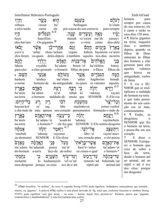 Interlinear Hebraico-Português Enih Gil’ead
27
‫ָ֣־א‬‫י‬ָ‫ה‬ְ‫ו‬ ‫ר‬ ִָ֑‫ָׂש‬‫ב‬ ‫־אא‬ ָ֣‫ה‬ ‫ִׁ֖ם‬ַ‫ַֻא‬‫ש‬ְ‫ֺא‬ ‫ם‬ ָֹ֔‫ל‬ֹ ‫ְע‬‫ל‬
vehayu vassar hu‟ beshagam le‟olam
e-eles-serão carne ele por-causa-do-seu-extravio para-sempre
‫ָֽה׃‬ ָ‫ָנ‬‫ש‬ ‫ים‬ ִִׁ֖‫ְר‬‫ׂש‬ֶ‫ע‬ְ‫ו‬ ‫ֵ֥ה‬ָ‫ֵא‬‫מ‬ ‫יו‬ ָֹ֔‫מ‬ָ‫י‬6:4
‫ָ֣־א‬‫י‬ָ‫ה‬ ‫ים‬ ִִ֞‫ל‬ִ‫פ‬ְ‫׆א‬ַ‫ה‬
hayu hanefilim shanah ve‟esrim me‟ah yamayv
eles-haviam Os-gigantes 20
ano e-vinte cento dias-dele
‫א־א‬ֹ ‫ָב‬‫י‬ ‫ר‬ ֶָ֨‫ש‬ֲ‫א‬ ‫ן‬ ֵָ֗‫כ‬‫י־‬ ֵ‫ֲר‬‫ח‬ָֽ ַ‫א‬ ‫ָ֣ם‬ַ‫ְג‬‫ו‬ ‫ֵם‬‫ה‬ָ‫ה‬ ‫ים‬ִָ֣‫ָמ‬‫ׁא‬ַ‫ֺא‬ ֮‫ץ‬ ֶ‫ָָאר‬‫ב‬
yavo‟u „asher chen-„achare vegam hahem bayamim va‟arets
eles-foram os-quais deles-depois e-também aqueles nos-dias na-terra
‫ם‬ִֶ֑‫ָה‬‫ל‬ ‫־א‬ ִׁ֖‫ְד‬‫ל‬ָ‫י‬ְ‫ו‬ ‫ם‬ ָֹ֔‫ָָאד‬ ָֽ‫ה‬ ‫ֹות‬ָ֣‫ְנ‬‫ֺא‬‫ֶל־‬‫א‬ ֹ֙‫ִים‬‫ה‬‫ֱֹל‬‫א‬ָֽ ָ‫ה‬ ‫ִ֤י‬ֵ‫ְנ‬‫ֺא‬
lahem veyaldu ha‟adam benot-„el ha‟elohim bəney
para-eles e-elas-geraram o-homem filhas de-para o-Deus filhos-de
‫ָֽם׃‬ ֵ‫ַש‬‫ה‬ ‫י‬ֵֵ֥‫ְש‬‫נ‬‫ַא‬ ‫ִׁ֖ם‬ָ‫ֵעֹול‬‫מ‬ ‫ר‬ֵֶ֥‫ֲש‬‫א‬ ‫ים‬ ִִ֛‫ֹר‬ ‫ִֺא‬‫ֻא‬ַ‫ה‬ ‫ָה‬‫ׅא‬ֵַּ֧‫ה‬‫פ‬
hashem „anshey me‟olam „asher hagiborim hemah
o-nome homens-de da-antiguidade os-quais os valentes aqueles
6:5
‫ץ‬ ֶ‫ר‬ִָ֑‫ָא‬‫ֺא‬ ‫ם‬ ִָׁ֖‫ָָאד‬‫ה‬ ‫ֵ֥ת‬ַ‫ע‬ ָ‫ר‬ ‫ִ֛ה‬ָ‫ֺא‬ ַ‫ר‬ ‫ֵ֥י‬ִ‫׃א‬ ‫ה‬ָֹ֔‫ו‬‫ְה‬‫י‬ ‫א‬ ְ‫ָ֣ר‬ַ‫ׁא‬ַ‫ו‬
ba‟arets ha‟adam ra‟at rabah ki „adonay vayarə
na-terra o-homem maldade-de muito que SENHOR E-Ele-viu
‫ֹום׃‬ָֽ‫ׁא‬ַ‫ה‬‫ָל־‬‫׃א‬ ‫ע‬ ִַׁ֖‫ר‬ ‫ק‬ ֵַ֥‫ר‬ ‫ֹו‬ ֹ֔‫ִֺא‬‫ל‬ ‫ת‬ ָֹ֣ ‫ְב‬‫ש‬ְ‫ח‬ַ‫מ‬ ֹ֙‫ר‬ֶ‫צ‬ֵֹ֙‫י‬‫ָל־‬‫כ‬ְ‫ו‬
hayom-kol ra‟ raq libo machshevot yetser-vechol
o dia-tudo de mau apenas seu-coração pensamentos formação-e tudo de
6:6
‫ץ‬ ֶ‫ר‬ִָ֑‫ָא‬‫ֺא‬ ‫ם‬ ִָׁ֖‫ָָאד‬ ָֽ‫ֶת־ה‬‫א‬ ‫ה‬ֵָ֥‫ָׂש‬‫ע‬‫ָֽי־‬ ִ‫׃א‬ ‫ה‬ָֹ֔‫ו‬‫ְה‬‫י‬ ‫ֶם‬‫ח‬ָָ֣‫ִ׆א‬‫ׁא‬ַ‫ו‬
ba‟arets ha‟adam-„et „assah-ki „adonay vayinachem
na-terra o homem-* ele fez-que SENHOR E-Ele-sentiu-desgosto
‫ָֹֽו׃‬‫ֺא‬ִ‫ל‬‫ֶל־‬‫א‬ ‫ב‬ִֵׁ֖‫ַצ‬‫ע‬ְ‫ִת‬‫ׁא‬ַ‫ו‬6:7
‫ה‬ ֶָ֨‫ח‬ְ‫מ‬ֶ‫א‬ ‫ה‬ָָ֗‫ו‬‫ְה‬‫י‬ ‫ֶר‬‫מ‬‫ָ֣א‬ֹ ‫ַׁא‬‫ו‬
„emcheh „adonay vayomer libo-„el vayitə‟atsev
eu-destruirei SENHOR E-Ele-disse seu coração-para e-ele-pesou
ֹ֙‫ם‬ָ‫ֵָאד‬ ָֽ‫מ‬ ‫ה‬ ָֹ֔‫מ‬ָ‫ֲד‬‫א‬ָ ָֽ‫ה‬ ‫ָ֣י‬ֵ‫ְנ‬‫פ‬ ֹ֙‫ל‬ַ‫ע‬ֵ‫מ‬ ֹ֙‫י‬ִ‫ֹ֙את‬ ָ‫ָר‬‫ֺא‬‫ֶר־‬‫ש‬ֲ‫א‬ ‫ם‬ִָ֤‫ָָאד‬‫ה‬‫ֶת־‬‫א‬
me‟adam ha‟adamah peney me‟al bara‟ti-„asher ha‟adam-„et
do-homem a-terra face-de de-sobre eu criara-o qual o homem-*
‫י‬ִ ְ‫מ‬ ִַׁ֖‫ִח‬‫נ‬ ‫ֵ֥י‬ִ‫׃א‬ ‫ִם‬‫י‬ִָ֑‫ָמ‬‫ש‬ַ‫ה‬ ‫ֹוף‬ ָ֣‫ַד־ע‬‫ע‬ְ‫ו‬ ‫ֶׂש‬‫מ‬ ִֶׁ֖‫ַד־ר‬‫ע‬ ‫ה‬ ָֹ֔‫מ‬ֵ‫ה‬ְ‫ֺא‬‫ַד־‬‫ע‬
nichamti ki hashamayim „of-ve‟ad remesh-„ad behemah-„ad
meu-desgosto porque os-céus ave de-e até réptil-até animal-até
homem para
sempre por causa
do seu extravio, ele
é carne e serão os
seus dias 120 anos.
4 ¶ Havia gigantes
na terra, naqueles
dias; e também
depois, quando os
filhos de Deus
entraram às filhas
dos homens e elas
geraram para eles
aqueles valentes
que houve na
antiguidade, varões
de fama.
5 E viu o SE-
NHOR que se mul-
tiplicara a maldade
do homem na terra
e que todo pensa-
mento do seu cora-
ção era só mau,
continuamente.
6 ¶ Então, se
desgostou o
SENHOR que fez
o homem na terra,
e pesou-lhe em seu
coração.
7 E disse o
SENHOR: Extirpa-
rei o homem que
criei de sobre a
face da terra,
desde o homem até
ao animal, até ao
réptil e até à ave
dos céus; porque
me desgostei
20
‫ים‬ ִִ֞‫ל‬ ִ‫פ‬ ְ‫נ‬ ַ‫ה‬ hanefilim, “os nefilins”, do verso 4, segundo Strong #5303, pode significar “lenhadores, ameaçadores, que intimida ,
tiranos, ou, gigantes”. A palavra ‫ים‬ ִִ֞‫ל‬ ִ‫פ‬ ְ‫נ‬ nefilim é uma plural derivada de ‫ָל‬‫פ‬ָ‫נ‬, nafal que, conforme Gesenius (e também Strong
#5307), pode significar “cair [por terra], ~ no sono, ~ doente, lançar fora, prostrar-se”. Portanto, parece que “gigantes
[espetaculares e amedrontadores]” é uma boa tradução para nefilim.
 