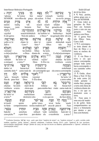 Interlinear Hebraico-Português Enih Gil’ead
28
‫ָֽם׃‬ ִ‫ִית‬‫ׂש‬ֲ‫ע‬ ‫ֵ֥י‬ִ‫׃א‬6:8
‫ָֽה׃‬ ָ‫ְהו‬‫י‬ ‫ֵ֥י‬ֵ‫ֵינ‬‫ע‬ְ‫ֺא‬ ‫ן‬ ִֵׁ֖‫ח‬ ‫ָא‬‫צ‬ֵָ֥‫מ‬ ַ‫ח‬ֹ ‫ְנ‬‫ו‬‫פ‬
„adonay be‟eyney hen matsa‟ venoach „assitim ki
SENHOR aos-olhos-de graça ele-achou E-Noé eu-os-fiz porque
6:9
‫ֵ֥ים‬ִ‫מ‬ָ ‫ִ֛יק‬ִ‫ַּא‬‫צ‬ ‫ֵ֥יש‬ִ‫א‬ ַ‫ח‬ ָֹ֗ ‫נ‬ ַ‫ח‬ ֹֹ֔ ‫נ‬ ‫ת‬ ָֹ֣ ‫ְד‬‫ל‬‫ֹו‬ ‫ֶה‬‫ׄא‬ ֵֵ֚‫א‬
tamim tsadiq „ish noach noach toledot „eleh
íntegro justo homem Noé Noé gerações-de estas
‫ַ׃‬‫ח‬ָֹֽ ‫ְֶך־נ‬‫ׄא‬ַ‫ה‬ְ‫ָֽת‬ ִ‫ה‬ ‫ים‬ִִׁ֖‫ֱֹלה‬‫א‬ָ ָֽ‫ֶת־ה‬‫א‬ ‫יו‬ ִָ֑‫ֹת‬ ‫ר‬ָֹֽ ‫ְד‬‫ֺא‬ ‫ִׁ֖ה‬ָ‫י‬ָ‫ה‬6:10
‫ֶד‬‫ל‬‫ֵֹ֥ו‬‫ׁא‬ַ‫ו‬
vayoled noach-hitəhalech ha‟elohim-„et bedorotayv hayah
E-ele-gerou Noé-ele andava o Deus-* na-geração-dele ele-era
‫ֶת׃‬‫פ‬ָֽ ָ‫י‬‫ֶת־‬‫א‬ְ‫ו‬ ‫ֵ֥ם‬ָ‫ֶת־ח‬‫א‬ ‫ם‬ ִֵׁ֖‫ֶת־ש‬‫א‬ ‫ִ֑ים‬ִ‫נ‬ָ‫ב‬ ‫ה‬ ָָ֣‫ְֹלש‬‫ש‬ ַ‫ח‬ִֹׁ֖ ‫נ‬
yafet-ve‟et cham-„et shet-„et vanim shəloshah noach
Jafé-e Cam-* Sete-* filhos três Noé
6:11
‫ֵ֥א‬ֵ‫ָל‬‫ׅא‬ִ ַ‫ו‬ ‫ים‬ִִ֑‫ֱֹלה‬‫א‬ָ ָֽ‫ה‬ ‫ָ֣י‬ֵ‫ְנ‬‫פ‬ִ‫ל‬ ‫ץ‬ ֶ‫ר‬ִָׁ֖‫ָא‬‫ה‬ ‫ת‬ֵֵ֥‫ָח‬‫ש‬ִ ַ‫ו‬
vatimale‟ ha‟elohim lifney ha‟arets vatishachet
e-ela[se]encheu o-Deus diante-de a-terra E-ela[se]corrompeu
‫ָֽס׃‬ ָ‫ָמ‬‫ח‬ ‫ץ‬ ֶ‫ר‬ִָׁ֖‫ָא‬‫ה‬6:12
‫ָ֣ה‬ֵ‫ִ׆א‬‫ה‬ְ‫ו‬ ‫ץ‬ ֶ‫ר‬ִָׁ֖‫ָא‬‫ה‬‫ֶת־‬‫א‬ ‫ִ֛ים‬ִ‫ֱֹלה‬‫א‬ ‫א‬ ְ‫ַּ֧ר‬ַ‫ׁא‬ַ‫ו‬
vehineh ha‟arets-„et „elohim vayarə‟ chamas ha‟arets
e-eis[que] a terra-* Deus E-Ele-viu violência a-terra
‫ֹו‬ ִׁ֖‫׃א‬ ְ‫ר‬ַ‫ֶת־ּא‬‫א‬ ‫ר‬ִָ֛‫ָׂש‬‫ֺא‬‫ָל־‬‫׃א‬ ‫ית‬ִַּ֧‫ְח‬‫ש‬ִ‫ה‬‫ָֽי־‬ ִ‫׃א‬ ‫ה‬ָ‫ת‬ ִָ֑‫ְח‬‫ש‬ִ‫נ‬
darko-„et bassar-kol hishəchit-ki nishchatah
caminho dele-* carne-tudo de ele corrompido-que ela-estava-corrompida
‫ץ׃‬ ֶ‫ָֽר‬ ָ‫ָא‬‫ה‬‫ַל־‬‫ע‬‫ס‬
6:13
‫ץ‬ ִֵ֤‫ק‬ ַ‫ח‬ ָֹ֗ ‫ְנ‬‫ל‬ ‫ים‬ִ‫ה‬‫ֱֹל‬‫א‬ ‫ֶר‬‫מ‬‫א‬ָֹ֨ ‫ַׁא‬‫ו‬
‟qets lenoach „elohim vayomer ha‟arets-„al
fim-de para-Noé Deus E-Ele-disse a terra-sobre
‫ס‬ִָׁ֖‫ָמ‬‫ח‬ ‫ץ‬ ֶ‫ִ֛ר‬ָ‫ָא‬‫ה‬ ‫ֵ֥ה‬ָ‫ְא‬‫ל‬ָ‫מ‬‫ָֽי־‬ ִ‫׃א‬ ‫י‬ ַֹ֔‫נ‬ָ‫פ‬ְ‫ל‬ ‫א‬ָָ֣‫ֺא‬ ֹ֙‫ר‬ָ‫ׂש‬ָ‫ֺא‬‫ָל־‬‫׃א‬
chamas ha‟arets malə‟ah-ki lefanay ba‟ bassar-kol
violência a-terra cheia-que para-minha-face vindo carne-tude de
‫ץ׃‬ ֶ‫ָֽר‬ ָ‫ָא‬‫ה‬‫ֶת־‬‫א‬ ‫ם‬ ִָׁ֖‫ִית‬‫ח‬ְ‫ש‬ַ‫מ‬ ‫ֵ֥י‬ִ‫נ‬ְ‫נ‬ִ‫ה‬ְ‫ו‬ ‫ם‬ִֶ֑‫ֵיה‬‫נ‬ְ‫פ‬ִ‫מ‬
ha‟arets-„et mashchitam vehineni mipənehem
a terra-* destruirei-eles e-eis-que-eu da-face-deles
6:14
‫ה‬ ֶָ֣‫ֲׂש‬‫ע‬ַ ָֽ ‫ִׁ֖ים‬ִ‫׆א‬ִ‫ק‬ ‫ֶר‬‫פ‬ ֹֹ֔ ‫ֵי־ג‬‫צ‬ֲ‫ע‬ ‫ת‬ַָ֣‫ב‬ֵ ֹ֙‫ָך‬ְ‫ל‬ ‫ה‬ ִֵ֤‫ֲׂש‬‫ע‬
ta‟asseh qinim gofer-„atsey tevat lecha „asseh
tu-farás compartimentos resina-madeira de21
arca-de para-ti Faze
‫ֶר׃‬‫פ‬ָֹֽ ‫ַ׃א‬‫ֺא‬ ‫־אץ‬ ִׁ֖‫ִח‬‫מ‬‫־א‬ ‫ִת‬‫י‬ֵַ֥‫ִֺא‬‫מ‬ ‫ֽא‬ִָ֛‫ֹת‬ ‫א‬ ֵָ֥ ְ‫ַר‬‫פ‬ָֽ ָ‫ְכ‬‫ו‬ ‫ה‬ִָ֑‫ב‬ֵ ַ‫ה‬‫ֶת־‬‫א‬
bakofer umichuts mibayit „otah vechafarta hatevah-„et
com-piche 22
e-por-fora por-dentro ela e-recobrirás a arca-*
de tê-los feito.
8 ¶ Noé, porém,
achou graça aos o-
lhos do SENHOR.
9 Estas [são] as
gerações de Noé:
Noé era homem
justo e reto em sua
geração; Noé
andava com Deus.
10 E gerou Noé
três filhos: Sem,
Cam e Jafé.
11 ¶ E corrompeu-
se terra diante da
face de Deus e a
terra se encheu de
violência.
12 E viu Deus a
terra e eis que
estava corrompida;
porque toda carne
havia corrompido o
seu caminho sobre
a terra.
13 ¶ Então, disse
Deus a Noé: O fim
de toda carne [é]
vindo perante a
minha face; porque
a terra está cheia de
violência diante de-
les; e eis que os
destruirei com a
terra.
14 Faze para ti
uma arca de madei-
ra de gofer; farás
compartimentos na
arca e a betumarás
por dentro e por
fora com betume.
21
Conforme Gesenius, ‫ר‬ ֶ‫פ‬ ָֹּׁ֔‫ג‬‫י־‬ ֵ‫צ‬ ֲ‫ף‬ „atsey gofer quer dizer “madeira de resina”, ou, “madeira resinosa”; e, gofer, sozinho, pode
também significar “piche, betume”, material calafetante. Conforme Strong #1613, gofer “[palavra] de raiz incomum,
provavelmente significando „abrigar‟ [dentro de casa]; um tipo de árvore ou madeira, aparentemente o „cipreste‟, utilizada na
construção[de casas]”.
 