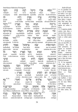 Interlinear Hebraico-Português Enih Gil’ead
36
8:11
‫ֵ֥ה‬ֵ‫ִ׆א‬‫ה‬ְ‫ו‬ ‫ב‬ ֶ‫ר‬ ֶֹ֔‫ע‬ ‫ת‬ֵָ֣‫ְע‬‫ל‬ ֹ֙‫ָה‬‫נ‬‫ַׁאֹו‬‫ה‬ ‫ִ֤יו‬ָ‫ֵל‬‫א‬ ‫א‬ ָֹ֨ ‫ב‬ָ ַ‫ו‬
vehineh „erev le‟et hayonah „elayv vatavo‟
e-eis[que] tarde para-tempo-de a-pomba para-ele E-ela-retornou
ַ‫ח‬ ֹֹ֔ ‫נ‬ ‫ע‬ַ‫ָ֣ד‬ֵ‫ׁא‬ַ‫ו‬ ָ‫ה‬‫י‬ִִ֑‫ְפ‬‫ֺא‬ ‫ף‬ ָָ֣‫ָר‬‫ט‬ ‫ִת‬‫י‬ִַׁ֖‫ז‬‫ֵה־‬‫ל‬ֲ‫ע‬
noach vayeda‟ befiha taraf zayit-„aleh
Noé e-ele-soube no-bico-dela arrancada oliveira-folha de
‫ץ׃‬ ֶ‫ָֽר‬ ָ‫ָא‬‫ה‬ ‫ֵ֥ל‬ַ‫ֵע‬‫מ‬ ‫ִם‬‫י‬ִַׁ֖‫ַׅא‬‫ה‬ ‫ׄא־א‬ ֵַ֥‫ִי־ק‬‫׃א‬8:12
‫ֶל‬‫ח‬ָָ֣‫ׁא‬ִ‫ׁא‬ַ‫ו‬
vayiachel ha‟arets me‟al hamayim qalu-ki
E-ele-esperou a-terra de-sobre as-águas eles diminuíram-que
‫ה‬ ָֹ֔‫נ‬‫ַׁאֹו‬‫ה‬‫ֶת־‬‫א‬ ֹ֙‫ַח‬‫ׄא‬ַ‫ש‬ְ‫י‬ַ‫ו‬ ‫ים‬ ִִ֑‫ֵר‬‫ח‬ֲ‫א‬ ‫ים‬ִִׁ֖‫ָמ‬‫י‬ ‫ֵ֥ת‬ַ‫ְע‬‫ב‬ִ‫ש‬ ‫ֹוד‬ ֹ֔‫ע‬
hayonah-„et vayeshalach „acherim yamim shivə‟at „od
a pomba-* e-ele-enviou outros dias sete-de ainda
‫ָֹֽוד׃‬‫ע‬ ‫ִׁ֖יו‬ָ‫ֵל‬‫א‬‫ש־אב־‬ ‫ֵ֥ה‬ָ‫ְפ‬‫ס‬ָ‫י‬‫ָֽא־‬‫ֹל‬ְ‫ו‬8:13
‫ת‬ ַָ֨‫ח‬‫ְַא‬‫ֺא‬ ‫ִי‬‫ה‬ְ‫י‬ ֶַּ֠ ָֽ‫ו‬
be‟achat vayehi „od „elayv-shuv yasəfah-velo‟
em-uma-de E-ele-foi ainda para-ele retornar ela tornou-e não
‫ש‬ֶ‫ד‬ ֹֹ֔ ‫ַח‬‫ל‬ ‫ד‬ָָ֣‫ֶח‬‫א‬ְ‫ֺא‬ ֹ֙‫ן‬‫אשֹו‬ ִ‫ָר‬ ָֽ‫ֺא‬ ‫ה‬ ָָ֗‫נ‬ָ‫ש‬ ‫ֹות‬‫ֵא‬‫מ‬‫ֵש־‬‫ש‬ְ‫ו‬
lachodesh be‟echad bari‟shon shanah me‟ot-veshesh
para-o-mês em-um no-primeiro ano centenas de-e seis
ַֹ֙‫ח‬ֹֹ֙ ‫נ‬ ‫ַר‬‫ס‬ִָ֤‫ׁא‬ַ‫ו‬ ‫ץ‬ ֶ‫ר‬ִָ֑‫ָא‬‫ה‬ ‫ל‬ַָ֣‫ֵע‬‫מ‬ ‫ִם‬‫י‬ִַׁ֖‫ַׅא‬‫ה‬ ‫־א‬ ֵ֥‫ב‬ ְ‫ָֽר‬ ָ‫ח‬
noach vayassar ha‟arets me‟al hamayim charəvu
Noé e-ele-removeu a-terra de-sobre as-águas elas-secaram
‫־א‬ ִׁ֖‫ב‬ ְ‫ָר‬ ָֽ‫ח‬ ‫ֵ֥ה‬ֵ‫ִ׆א‬‫ה‬ְ‫ו‬ ‫א‬ ְ‫ר‬ַ‫ׁא‬ַ‫ו‬ ‫ה‬ ָֹ֔‫ב‬ֵ ַ‫ה‬ ‫ה‬ֵָ֣‫ְס‬‫כ‬ִ‫מ‬‫ֶת־‬‫א‬
charəvu vehineh vayarə‟ hatevah michəsseh-„et
elas-secaram e-eis[que] e-ele-olhou a-arca cobertura de-*
‫ָֽה׃‬ ָ‫מ‬ָ‫ֲד‬‫א‬ָ ָֽ‫ה‬ ‫ֵ֥י‬ֵ‫ְנ‬‫פ‬8:14
‫ה‬ַָּ֧‫ְע‬‫ב‬ִ‫ש‬ְ‫ֺא‬ ‫י‬ ִֹ֔‫נ‬ֵ‫ש‬ַ‫ה‬ ֹ֙‫ש‬ֶ‫ד‬ֹֹ֙ ‫ַח‬‫ב‬‫־א‬
beshivə‟ah hasheni uvachodesh ha‟adamah pəney
em-sete o-segundo E-no-mês o-solo face-de
‫ץ׃‬ ֶ‫ָֽר‬ ָ‫ָא‬‫ה‬ ‫ה‬ ִָׁ֖‫ְש‬‫ב‬ָ‫י‬ ‫ש‬ֶ‫ד‬ ִֹ֑ ‫ַח‬‫ל‬ ‫ֹום‬ִׁ֖‫י‬ ‫ים‬ ִִ֛‫ְר‬‫ׂש‬ֶ‫ע‬ְ‫ו‬‫ס‬
ha‟arets yavəshah lachodesh yom ve‟esrim
a-terra ela-estava-seca para-o-mês dia 4 e-vinte
8:15
‫ָֽר׃‬ֹ ‫ֵאמ‬‫ל‬ ַ‫ח‬ֵֹ֥ ‫ֶל־נ‬‫א‬ ‫ים‬ִִׁ֖‫ֱֹלה‬‫א‬ ‫ֵ֥ר‬ֵ‫ֺא‬ַ‫ְד‬‫י‬ַ‫ו‬8:16
‫א‬ִֵׁ֖‫צ‬
tse‟ le‟mor noach-„el „elohim vayedaber
Sai para-dizer Noé-para Deus E-Ele-falou
‫ִׁ֖יָך‬ֶ‫ָנ‬‫ב‬‫ָֽי־‬ ֵ‫ְש‬‫נ‬‫־א‬ ‫ֵ֥יָך‬ֶ‫ָנ‬‫ב‬‫־א‬ ִ֛‫ָך‬ְ ְ‫ש‬ִ‫א‬ְ‫ו‬ ‫ה‬ָ ַ‫א‬ ‫ה‬ִָ֑‫ב‬ֵ ַ‫ה‬‫ִן־‬‫מ‬
vaneycha-uneshey uvaneycha ve‟ishətecha „atah hatevah-min
teus filhos-e mulheres de e-teus-filhos e-tua-mulher tu a arca-de
‫ְָֽך׃‬ ָ ִ‫א‬8:17
‫ֹוף‬ ַּ֧‫ָע‬‫ֺא‬ ‫ר‬ ָָ֗‫ׂש‬ָ‫ֺא‬‫ָל־‬‫׃א‬ִ‫מ‬ ‫ָך‬ְ ִ‫א‬‫ָֽר־‬ ֶ‫ֲש‬‫א‬ ‫ה‬ָָ֨‫ׁא‬ַ‫ח‬ַ‫ה‬‫ָל־‬‫׃א‬
ba‟of bassar-mikol „itcha-„asher hachayah-kol „itach
da-ave carne-de tudo de contigo-que o animal-tudo de contigo
11 E a pomba vol-
tou a ele ao tempo
da tarde e eis que,
arrancada, uma fo-
lha de oliveira no
bico dela; e enten-
deu Noé que [ha-
via] minguado as
águas de sobre a
terra.
12 E esperou ainda
outros sete dias e
enviou fora a pom-
ba; mas não tornou
mais a voltar para
ele.
13 ¶ E aconteceu
que, no ano 601, no
primeiro dia do
mês primeiro, as
águas se secaram
de sobre a terra.
Então, removeu
Noé a cobertura da
arca e olhou, e eis
que a face da terra
[estava] enxuta.
14 E, no segundo
mês, aos vinte e
sete dias do mês, a
terra [estava] seca.
15 ¶ Então, disse
Deus a Noé,
dizendo:
16 Sai da arca, tu e
tua mulher, e teus
filhos, e as mulhe-
res de teus filhos
contigo.
17 Todo animal
que [está] contigo,
de toda carne, de
ave
 