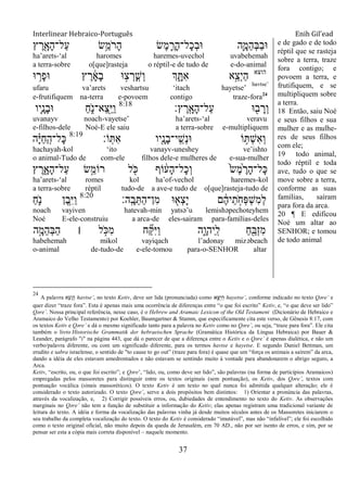 Interlinear Hebraico-Português Enih Gil’ead
37
‫ץ‬ ֶ‫ר‬ִָׁ֖‫ָא‬‫ה‬‫ַל־‬‫ע‬ ‫ֵׂ֥ש‬ֵ‫ֹמ‬ ‫ָר‬‫ה‬ ‫ֶׂש‬‫מ‬ ִֶ֛‫ָר‬‫ה‬‫ָל־‬‫כ‬ְ‫ב‬‫־א‬ ‫ִ֛ה‬ָ‫ֵמ‬‫ה‬ְ‫ֺא‬ַ‫ב‬‫־א‬
ha‟arets-„al haromes haremes-uvechol uvabehemah
a terra-sobre o[que]rasteja o réptil-e de tudo de e-do-animal
‫הוצא‬
‫ְך‬ ִָ֑ ִ‫א‬ ‫ָ֣א‬ֵ‫ְצ‬‫י‬ַ‫ה‬‫־א‬ ֵ֥‫ָר‬‫פ‬‫־א‬ ‫ץ‬ ֶ‫ר‬ ָֹ֔‫א‬ָ‫ב‬ ‫־א‬ ָ֣‫צ‬ ְ‫ָר‬ ָֽ‫ְש‬‫ו‬
ufaru va‟arets veshartsu „itach hayetse‟
havtse‟
e-frutifiquem na-terra e-povoem contigo traze-fora24
‫ץ׃‬ ֶ‫ָֽר‬ ָ‫ָא‬‫ה‬‫ַל־‬‫ע‬ ‫־א‬ ִׁ֖‫ב‬ ָ‫ְר‬‫ו‬8:18
‫ִ֛יו‬ָ‫ָנ‬‫ב‬‫־א‬ ַ‫ח‬ִֹ֑ ‫ֵא־נ‬‫צ‬ִֵׁ֖‫ׁא‬ַ‫ו‬
uvanayv noach-vayetse‟ ha‟arets-„al veravu
e-filhos-dele Noé-E ele saiu a terra-sobre e-multipliquem
‫ֹו׃‬ָֽ ִ‫א‬ ‫ִׁ֖יו‬ָ‫ָנ‬‫ב‬‫ָֽי־‬ ֵ‫ְש‬‫נ‬‫־א‬ ‫ֹו‬ ֵ֥ ְ‫ש‬ִ‫א‬ְ‫ו‬8:19
‫ה‬ָָ֗‫ׁא‬ַ‫ח‬ַ ָֽ‫ָל־ה‬‫׃א‬
hachayah-kol „ito vanayv-uneshey ve‟ishto
o animal-Tudo de com-ele filhos dele-e mulheres de e-sua-mulher
‫ץ‬ ֶ‫ר‬ִָ֑‫ָא‬‫ה‬‫ַל־‬‫ע‬ ‫ָׂ֣ש‬ֵ‫רֹומ‬ ‫ל‬ ִֹׁ֖ ‫׃א‬ ‫ֹוף‬ ֹ֔‫ָע‬‫ה‬‫ָל־‬‫כ‬ְ‫ו‬ ֹ֙‫ׂש‬ֶ‫מ‬ֹ֙ ֶ‫ָר‬‫ה‬‫ָל־‬‫׃א‬
ha‟arets-„al romes kol ha‟of-vechol haremes-kol
a terra-sobre réptil tudo-de a ave-e tudo de o[que]rasteja-tudo de
‫ָֽה׃‬ ָ‫ב‬ֵ ַ‫ה‬‫ִן־‬‫מ‬ ‫־א‬ ִׁ֖‫ְא‬‫צ‬ָ‫י‬ ‫ם‬ ֶֹ֔‫ה‬‫י‬ֵ‫ת‬ ָֹ֣ ‫ְח‬‫פ‬ְ‫ש‬ִ‫מ‬ְ‫ל‬8:20
ַ‫ח‬ִֹ֛ ‫נ‬ ‫ֶן‬‫ב‬ִֵ֥‫ׁא‬ַ‫ו‬
noach vayiven hatevah-min yatsə‟u lemishəpechoteyhem
Noé E-ele-construiu a arca-de eles-sairam para-famílias-deles
‫ה‬ָָ֣‫ֵמ‬‫ה‬ְ‫ֺא‬ַ‫ה‬ ‫׀‬ ‫ל‬ ָֹ֣ ‫ִ׃א‬‫מ‬ ‫ח‬ ִַ֞ ִ‫ׁא‬ַ‫ו‬ ‫ִ֑ה‬ָ‫ַיהו‬ ָֽ‫ל‬ ַ‫ח‬ִֵׁ֖‫ְֺא‬‫ז‬ִ‫מ‬
habehemah mikol vayiqach l‟adonay mizəbeach
o-animal de-tudo-de e-ele-tomou para-o-SENHOR altar
e de gado e de todo
réptil que se rasteja
sobre a terra, traze
fora contigo; e
povoem a terra, e
frutifiquem, e se
multipliquem sobre
a terra.
18 Então, saiu Noé
e seus filhos e sua
mulher e as mulhe-
res de seus filhos
com ele;
19 todo animal,
todo réptil e toda
ave, tudo o que se
move sobre a terra,
conforme as suas
famílias, saíram
para fora da arca.
20 ¶ E edificou
Noé um altar ao
SENHOR; e tomou
de todo animal
24
A palavra ‫ֵא‬‫צ‬ְ‫ו‬ַ‫ה‬ havtse‟, no texto Ketiv, deve ser lida (pronunciada) como ‫ֵ֣א‬ ֵ‫צ‬ְ‫י‬ ַ‫ה‬ hayetse‟, conforme indicado no texto Qәre‟ e
quer dizer “traze fora”. Esta é apenas mais uma ocorrência de diferenças entre “o que foi escrito” Ketiv, e, “o que deve ser lido”
Qәre‟. Nossa principal referência, nesse caso, é o Hebrew and Aramaic Lexicon of the Old Testament (Dicionário de Hebraico e
Aramaico do Velho Testamento) por Koehler, Baumgartner & Stamm, que especificamente cita este verso, de Gênesis 8:17, com
os textos Ketiv e Qәre‟ e dá o mesmo significado tanto para a palavra no Ketiv como no Qәre‟, ou seja, “traze para fora”. Ele cita
também o livro Historische Grammatik der hebraeischen Sprache (Gramática Histórica da Língua Hebraica) por Bauer &
Leander, parágrafo "i" na página 443, que dá o parecer de que a diferença entre o Ketiv e o Qәre‟ é apenas dialética, e não um
verbo/palavra diferente, ou com um significado diferente, para os termos havtse e hayetse. E segundo Daniel Bettman, um
erudito e sabra israelense, o sentido de "to cause to go out” (traze para fora) é quase que um “força os animais a saírem” da arca,
dando a idéia de eles estavam amedrontados e não estavam se sentindo muito à vontade para abandonarem o abrigo seguro, a
Arca.
Ketiv, “escrito, ou, o que foi escrito”; e Qәre‟, “lido, ou, como deve ser lido”, são palavras (na forma de particípios Aramaicos)
empregadas pelos massoretes para distinguir entre os textos originais (sem pontuação), os Ketiv, dos Qәre‟, textos com
pontuação vocálica (sinais massoréticos). O texto Ketiv é um texto no qual nunca foi admitida qualquer alteração; ele é
considerado o texto autorizado. O texto Qәre‟, serve a dois propósitos bem distintos: 1) Orientar a pronúncia das palavras,
através da vocalização, e, 2) Corrigir possíveis erros, ou, dubiedades de entendimento no texto do Ketiv. As observações
marginais no Qәre‟ não tem a função de substituir a informação do Ketiv; elas apenas registram uma tradicional variante de
leitura do texto. A idéia e forma da vocalização das palavras vinha já desde muitos séculos antes de os Massoretes iniciarem o
seu trabalho da completa vocalização do texto. O texto do Ketiv é considerado “imutável”, mas não “infalível”; ele foi escolhido
como o texto original oficial, não muito depois da queda de Jerusalém, em 70 AD., não por ser isento de erros, e sim, por se
pensar ser esta a cópia mais correta disponível – naquele momento.
 