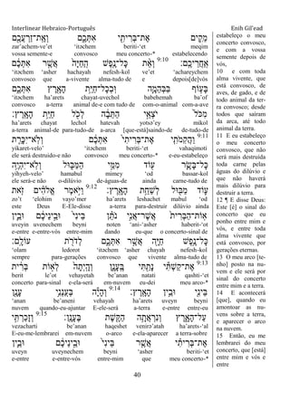 Interlinear Hebraico-Português Enih Gil’ead
40
‫ִׁ֖ם‬ֶ‫ֲכ‬‫ע‬ ְ‫ַר‬‫ז‬‫ָֽת־‬ ֶ‫ְא‬‫ו‬ ‫ִ֑ם‬ֶ‫כ‬ְ ִ‫א‬ ‫י‬ ִִׁ֖‫ית‬ ִ‫ְר‬‫ֺא‬‫ֶת־‬‫א‬ ‫ים‬ ִִ֛‫ֵק‬‫מ‬
zar‟achem-ve‟et „itəchem beriti-„et meqim
vossa semente-e convosco meu concerto-* estabelecendo
‫ָֽם׃‬ ֶ‫יכ‬ ֵ‫ֲר‬‫ח‬ַ ָֽ‫א‬9:10
‫ם‬ ֶֹ֔‫כ‬ְ ִ‫א‬ ‫ר‬ ֶָ֣‫ֲש‬‫א‬ ֹ֙‫ָה‬‫ׁא‬ַ‫ח‬ַ ָֽ‫ה‬ ‫ֶש‬‫פ‬ִֶ֤‫ָל־נ‬‫׃א‬ ‫ת‬ ֵָ֨‫א‬ְ‫ו‬
„itəchem „asher hachayah nefesh-kol ve‟et „achareychem
convosco que a-vivente alma-tudo de e depois[de]vós
‫ִ֑ם‬ֶ‫כ‬ְ ִ‫א‬ ‫ץ‬ ֶ‫ר‬ִָׁ֖‫ָא‬‫ה‬ ‫ֵ֥ת‬ַ‫ׁא‬ַ‫ח‬‫ָל־‬‫כ‬ְ‫ב‬ָֽ‫־א‬ ‫ִ֛ה‬ָ‫ֵמ‬‫ה‬ְ‫ֺא‬ַ‫ֺא‬ ‫ֹוף‬ ַּ֧‫ָע‬‫ֺא‬
„itəchem ha‟arets chayat-uvechol babehemah ba‟of
convosco a-terra animal de-e com tudo de com-o-animal com-a-ave
‫ץ׃‬ ֶ‫ָֽר‬ ָ‫ָא‬‫ה‬ ‫ֵ֥ת‬ַ‫ׁא‬ַ‫ח‬ ‫ל‬ ִֹׁ֖ ‫ְכ‬‫ל‬ ‫ה‬ ָֹ֔‫ב‬ֵ ַ‫ה‬ ‫י‬ֵָ֣‫ְא‬‫צ‬ֹ ‫י‬ ֹ֙‫ל‬ֹ ‫ִ׃א‬‫מ‬
ha‟arets chayat lechol hatevah yotsə‟ey mikol
a-terra animal-de para-tudo-de a-arca [que-está]saindo-de de-tudo-de
9:11
‫ת‬ ֵַּ֧‫ָר‬‫׃א‬ִ‫י‬‫ָֽא־‬‫ֹל‬ְ‫ו‬ ‫ם‬ ֶֹ֔‫כ‬ְ ִ‫א‬ ֹ֙‫י‬ִ‫ית‬ ִ‫ְר‬‫ֺא‬‫ֶת־‬‫א‬ ‫י‬ִִ֤‫ֹת‬ ‫ִמ‬‫ק‬ֲ‫ה‬ַ‫ו‬
yikaret-velo‟ „itəchem beriti-„et vahaqimoti
ele será destruido-e não convosco meu concerto-* e-eu-estabeleço
‫ֵ֥ה‬ֶ‫י‬ְ‫ה‬ִ‫י‬‫ָֽא־‬‫ֹל‬ְ‫ו‬ ‫־אל‬ ִ֑‫ַֺא‬‫ׅא‬ַ‫ה‬ ‫י‬ֵָ֣‫ִׅא‬‫מ‬ ‫ֹוד‬ ִׁ֖‫ע‬ ‫ר‬ִָ֛‫ָׂש‬‫ֺא‬‫ָל־‬‫׃א‬
yihyeh-velo‟ hamabul mimey „od bassar-kol
ele será-e não o-dilúvio de-águas-de ainda carne-tudo de
‫ץ׃‬ ֶ‫ָֽר‬ ָ‫ָא‬‫ה‬ ‫ת‬ֵֵ֥‫ַח‬‫ש‬ְ‫ל‬ ‫־אל‬ ִׁ֖‫ַֺא‬‫מ‬ ‫ֹוד‬ ִ֛‫ע‬9:12
‫את‬ִֹ֤ ‫ז‬ ‫ים‬ ִָ֗‫ה‬‫ֱֹל‬‫א‬ ‫ֶר‬‫מ‬‫ָ֣א‬ֹ ‫ַׁא‬‫ו‬
zo‟t „elohim vayo‟mer ha‟arets leshachet mabul „od
este Deus E-Ele-disse a-terra para-destruir dilúvio ainda
‫ִ֛ין‬ֵ‫־אב‬ ‫ם‬ ֶֹ֔‫כ‬‫ֵי‬‫נ‬‫י‬ֵָ֣‫־אב‬ ֹ֙‫י‬ִ‫נ‬‫ֵי‬‫ֺא‬ ‫ן‬ ֵָ֗‫ֹת‬ ‫נ‬ ‫ָ֣י‬ִ‫נ‬ֲ‫א‬‫ֶר־‬‫ש‬ֲ‫א‬ ֹ֙‫ת‬‫י‬ ִ‫ְר‬‫ֺא‬ַ‫ה‬‫ָֹֽות־‬‫א‬
uveyin uvenechem beyni noten „ani-„asher haberit-„ot
e-entre e-entre-vós entre-mim dando eu-que o concerto-sinal de
‫ָֽם׃‬ ָ‫עֹול‬ ‫ת‬ ִֹׁ֖ ‫ֹר‬ ‫ְד‬‫ל‬ ‫ִ֑ם‬ֶ‫כ‬ְ ִ‫א‬ ‫ר‬ ֶָ֣‫ֲש‬‫א‬ ‫ִׁ֖ה‬ָ‫ׁא‬ַ‫ח‬ ‫ֶש‬‫פ‬ֵֶ֥‫ָל־נ‬‫׃א‬
„olam ledorot „itəchem „asher chayah nefesh-kol
sempre para-gerações convosco que vivente alma-tudo de
9:13
‫ית‬ ִֹ֔‫ְר‬‫ֺא‬ ‫ֹות‬ ָ֣‫ְא‬‫ל‬ ֹ֙‫ה‬ָ‫ְת‬‫י‬ָֽ ָ‫ְה‬‫ו‬ ‫ִ֑ן‬ָ‫ָנ‬‫ע‬ָֽ ֶ‫ֺא‬ ‫י‬ִ ִַׁ֖‫ָת‬‫נ‬ ‫י‬ִ ְ‫ש‬ַ‫ק‬‫ֶת־‬‫א‬
berit le‟ot vehayetah be‟anan natati qashti-„et
concerto para-sinal e-ela-será em-nuvem eu-dei meu arco-*
‫ץ׃‬ ֶ‫ָֽר‬ ָ‫ָא‬‫ה‬ ‫ֵ֥ין‬ֵ‫־אב‬ ‫ִׁ֖י‬ִ‫נ‬‫ֵי‬‫ֺא‬9:14
‫ִׁ֖ן‬ָ‫ָנ‬‫ע‬ ‫ֵ֥י‬ִ‫נ‬ְ‫נ‬ַ ָֽ‫ְע‬‫ֺא‬ ‫ה‬ָ‫י‬ָ‫ה‬ְ‫ו‬
„anan be‟aneni vehayah ha‟arets uveyn beyni
nuvem quando-eu-ajuntar E-ele-será a-terra e-entre entre-eu
‫ָֽן׃‬ ָ‫ָנ‬‫ע‬ֶ‫ֺא‬ ‫ֶת‬‫ש‬ִֶׁ֖ ַ‫ה‬ ‫ה‬ֵָ֥‫ֲת‬‫א‬ ְ‫ִר‬‫נ‬ְ‫ו‬ ‫ץ‬ ֶ‫ר‬ִָ֑‫ָא‬‫ה‬‫ַל־‬‫ע‬9:15
‫י‬ִָ֣ ְ‫ַר‬‫כ‬ָ‫ז‬ְ‫ו‬
vezacharti be‟anan haqeshet venirə‟atah ha‟arets-„al
E-eu-me-lembrarei em-nuvem o-arco e-ela-aparecer a terra-sobre
‫ִ֛ין‬ֵ‫־אב‬ ‫ם‬ ֶֹ֔‫כ‬‫ֵי‬‫נ‬‫י‬ֵָ֣‫־אב‬ ֹ֙‫י‬ִ‫נ‬‫ֵי‬‫ֺא‬ ‫ר‬ ִֶ֤‫ֲש‬‫א‬ ‫י‬ ִָ֗‫ית‬ ִ‫ְר‬‫ֺא‬‫ֶת־‬‫א‬
uveyn uveynechem beyni „asher beriti-„et
e-entre e-entre-vós entre-mim que meu concerto-*
estabeleço o meu
concerto convosco,
e com a vossa
semente depois de
vós,
10 e com toda
alma vivente, que
está convosco, de
aves, de gado, e de
todo animal da ter-
ra convosco; desde
todos que saíram
da arca, até todo
animal da terra.
11 E eu estabeleço
o meu concerto
convosco, que não
será mais destruída
toda carne pelas
águas do dilúvio e
que não haverá
mais dilúvio para
destruir a terra.
12 ¶ E disse Deus:
Este [é] o sinal do
concerto que eu
ponho entre mim e
vós, e entre toda
alma vivente que
está convosco, por
gerações eternas.
13 O meu arco [te-
nho] posto na nu-
vem e ele será por
sinal do concerto
entre mim e a terra.
14 E acontecerá
[que], quando eu
amontoar as nu-
vens sobre a terra,
e aparecer o arco
na nuvem.
15 Então, eu me
lembrarei do meu
concerto, que [está]
entre mim e vós e
entre
 