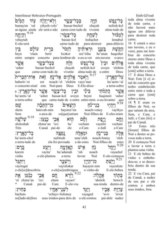 Interlinear Hebraico-Português Enih Gil’ead
41
ֹ֙‫ִם‬‫י‬ַֹ֙‫ׅא‬ַ‫ה‬ ‫ֹוד‬ ִ֤‫ע‬ ‫ה‬ֶָ֨‫י‬ְ‫ה‬ָֽ ִ‫י‬‫ָֽא־‬‫ֹל‬ְ‫ו‬ ‫ר‬ ִָ֑‫ָׂש‬‫ֺא‬‫ָל־‬‫כ‬ְ‫ֺא‬ ‫ִׁ֖ה‬ָ‫ׁא‬ַ‫ח‬ ‫ֶש‬‫פ‬ֵֶ֥‫ָל־נ‬‫׃א‬
hamayim „od yihyeh-velo‟ bassar-bechol chayah nefesh-kol
as-águas ainda ele será-e não carne-com tudo de vivente alma-tudo de
‫ָֽר׃‬ ָ‫ָׂש‬‫ֺא‬‫ָל־‬‫׃א‬ ‫ת‬ ִֵׁ֖‫ַח‬‫ש‬ְ‫ל‬ ‫־אל‬ ֹ֔‫ַֺא‬‫מ‬ְ‫ל‬9:16
‫ה‬ֵָ֥‫ְת‬‫י‬ָ‫ה‬ְ‫ו‬
vehaytah bassar-kol leshachet lemabul
E-ela-será carne-tudo de para-destruir para-dilúvio
‫ין‬ֵָ֣‫ֺא‬ ‫ם‬ ָֹ֔‫ל‬‫עֹו‬ ‫ית‬ ִָ֣‫ְר‬‫ֺא‬ ֹ֙‫ר‬ֹ ‫ְ׃א‬‫ז‬ִ‫ל‬ ָ‫ה‬‫י‬ ִָ֗‫ִית‬‫א‬ ְ‫־אר‬ ‫ִ֑ן‬ָ‫ָנ‬‫ע‬ָֽ ֶ‫ֺא‬ ‫ֶת‬‫ש‬ִֶׁ֖ ַ‫ה‬
beyn „olam berit lizəkor ure‟itiha be‟anan haqeshet
entre sempre concerto para-lembrar-de e-eu-a-ver em-nuvem o-arco
‫ר‬ֵֶ֥‫ֲש‬‫א‬ ‫ר‬ ִָׁ֖‫ָׂש‬‫ֺא‬‫ָל־‬‫כ‬ְ‫ֺא‬ ‫ה‬ָֹ֔‫ׁא‬ַ‫ח‬ ‫ֶש‬‫פ‬ֶָ֣‫ָל־נ‬‫׃א‬ ֹ֙‫ן‬‫ֵי‬‫ב‬‫־א‬ ‫ים‬ ִֹ֔‫ה‬‫ֱֹל‬‫א‬
„asher bassar-bechol chayah nefesh-kol uveyn „elohim
que carne-com tudo de vivente alma-tudo de e-entre Deus
‫ץ׃‬ ֶ‫ָֽר‬ ָ‫ָא‬‫ה‬‫ַל־‬‫ע‬9:17
ֹ֙‫ת‬‫י‬ ִ‫ְר‬‫ֺא‬ַ‫ה‬‫ָֹֽות־‬‫א‬ ‫את‬ִֹ֤ ‫ז‬ ַ‫ח‬ִֹ֑ ‫ֶל־נ‬‫א‬ ‫ים‬ִִׁ֖‫ֱֹלה‬‫א‬ ‫ֶר‬‫מ‬‫ֵ֥א‬ֹ ‫ַׁא‬‫ו‬
haberit-„ot zot noach-„el „elohim vayo‟mer ha‟arets-„al
o concerto-sinal este Noé-para Deus E-Ele-disse a terra-sobre
‫ץ׃‬ ֶ‫ָֽר‬ ָ‫ָא‬‫ה‬‫ַל־‬‫ע‬ ‫ר‬ֵֶ֥‫ֲש‬‫א‬ ‫ר‬ ִָׁ֖‫ָׂש‬‫ֺא‬‫ָל־‬‫׃א‬ ‫ֵ֥ין‬ֵ‫־אב‬ ‫י‬ִ‫נ‬‫ֵי‬‫ֺא‬ ‫י‬ִ‫ת‬ ֹֹ֔ ‫ִמ‬‫ק‬ֲ‫ה‬ ‫ר‬ ֶָ֣‫ֲש‬‫א‬‫פ‬
ha‟arets-„al „asher bassar-kol uveyn beyni haqimoti „asher
a terra-sobre que carne-tudo de e-entre entre-mim o-eu-levantei que
9:18
‫ם‬ ִֵׁ֖‫ש‬ ‫ה‬ ָֹ֔‫ב‬ֵ ַ‫ה‬‫ִן־‬‫מ‬ ֹ֙‫ִים‬‫א‬ְ‫צ‬ָֹֽ ‫ַׁא‬‫ה‬ ַ‫ח‬ ָֹ֗ ‫ֵי־נ‬‫נ‬ְ‫ב‬ ‫ָ֣־א‬‫י‬ְ‫ה‬ָֽ ִ‫ׁא‬ַ‫ו‬
shem hatevah-min hayotsə‟im noach-vəney vayihyu
Sem a arca-de os[que[saíram Noé-filhos de E-eles-eram
‫ַן׃‬‫ע‬ָֽ ָ‫ְנ‬‫כ‬ ‫ֵ֥י‬ִ‫ֲב‬‫א‬ ‫־אא‬ ִׁ֖‫ה‬ ‫ם‬ָ‫ח‬ְ‫ו‬ ‫ֶת‬‫פ‬ִָ֑‫י‬ָ‫ו‬ ‫ם‬ָָ֣‫ְח‬‫ו‬9:19
‫ה‬ֵָ֥‫ְֹלש‬‫ש‬
shəloshah chəna‟an „avi hu‟ vecham vayafet vecham
Três Canaã pai-de ele e-Cam e-Jafé e-Cam
‫ץ׃‬ ֶ‫ָֽר‬ ָ‫ָא‬‫ה‬‫ָל־‬‫כ‬ ‫ֵ֥ה‬ָ‫ְצ‬‫פ‬ָֽ ָ‫נ‬ ‫ֶה‬‫ׄא‬ִֵׁ֖‫ֵא‬‫מ‬‫־א‬ ַ‫ח‬ִֹ֑ ‫ֵי־נ‬‫נ‬ְ‫ֺא‬ ‫ֶה‬‫ׄא‬ִֵׁ֖‫א‬
ha‟arets-chol nafətsah ume‟eleh noach-bəney „eleh
a terra-tudo de ela-foi-povoada e-de-estes Noé-filhos de estes
9:20
‫ם׃‬ ֶ‫ָֽר‬ ָ‫׃א‬ ‫ע‬ ִַׁ֖‫ִ׀א‬‫ׁא‬ַ‫ו‬ ‫ה‬ִָ֑‫מ‬ָ‫ֲד‬‫א‬ָ ָֽ‫ה‬ ‫יש‬ִָ֣‫א‬ ַ‫ח‬ִֹׁ֖ ‫נ‬ ‫ֶל‬‫ח‬ֵָ֥‫ׁא‬ַ‫ו‬
karem vayita‟ ha‟adamah „ish noach vayachel
vinha e-ele-plantou a-terra lavrar Noé E-ele-começou
9:21
‫ִׁ֖ל‬ַ‫ֻא‬ְ‫ִת‬‫ׁא‬ַ‫ו‬ ‫ר‬ִָ֑‫ְ׃א‬‫ש‬ִ‫ׁא‬ַ‫ו‬ ‫ִן‬‫י‬ִַׁ֖‫ׁא‬ַ‫ה‬‫ִן־‬‫מ‬ ְ ְ‫ש‬ֵֵ֥‫ׁא‬ַ‫ו‬
vayitəgal vayishəkar hayayin min vayeshəte
e-ele[se]descobriu e-ele[se]embriagou o vinho-de E-ele-bebeu
‫ָֽה׃‬‫ֹל‬ֳ‫ה‬‫ָא‬ ‫ֹוְך‬ ֵ֥‫ְת‬‫ֺא‬9:22
‫ת‬ִֵׁ֖‫א‬ ‫ַן‬‫ע‬ ַֹ֔‫נ‬ְ‫כ‬ ‫י‬ִָ֣‫ֲב‬‫א‬ ‫ם‬ ֵָ֚‫ח‬ ‫א‬ ְ‫ר‬ַָ֗‫ׁא‬ַ‫ו‬
„et chəna‟an „avi cham vayarə‟ „aholoh betoch
* Canaã pai-de Cam E-ele-viu sua-tenda dentro-de
‫ָֽ־אץ׃‬‫ח‬ַ‫ֺא‬ ‫יו‬ ִָׁ֖‫ֶח‬‫א‬‫ָֽי־‬ ֵ‫ְנ‬‫ש‬ִ‫ל‬ ‫ֵ֥ד‬ֵ‫ַֻא‬‫ׁא‬ַ‫ו‬ ‫יו‬ִִ֑‫ָאב‬ ‫ָ֣ת‬ַ‫ו‬ ְ‫ֶר‬‫ע‬
bachuts „echayv-lishəney vayaged „aviv „ervat
no[lado-de]fora seus irmãos-para dois de e-ele-contou pai-dele nudez
toda alma vivente
de toda carne, e
não haverá mais
águas em dilúvio
para destruir toda
carne.
16 E estará o arco
nas nuvens, e eu o
verei, para me lem-
brar do concerto
eterno entre Deus e
toda alma vivente
de toda carne, que
[está] sobre a terra.
17 E disse Deus a
Noé: Este [é o] si-
nal do concerto que
tenho estabelecido
entre mim e toda a
carne que [está]
sobre a terra.
18 ¶ E eram os
filhos de Noé, os
que saíram da arca,
Sem, e Cam, e
Jafé; e Cam [foi] o
pai de Canaã.
19 Estes três
[foram] filhos de
Noé e destes se po-
voou toda a terra.
20 E começou Noé
a lavrar a terra e
plantou uma vinha.
21 E ele bebeu do
vinho e embebe-
dou-se; e se desco-
briu dentro de sua
tenda.
22 E viu Cam, pai
de Canaã, a nudez
de seu pai e ele
contou a ambos
seus irmãos, fora.
 