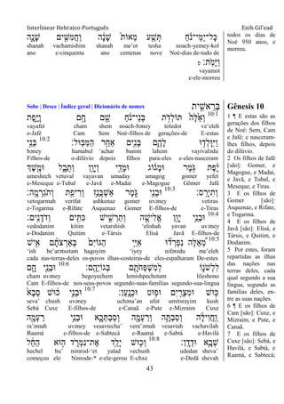 Interlinear Hebraico-Português Enih Gil’ead
43
‫ִ֑ה‬ָ‫ָנ‬‫ש‬ ‫ים‬ ִִׁ֖‫ִש‬‫מ‬ֲ‫ח‬ַ‫ו‬ ‫ה‬ ָֹ֔‫נ‬ָ‫ש‬ ֹ֙‫ת‬‫ֵאֹו‬‫מ‬ ‫ע‬ ִַ֤‫ש‬ְ ַ‫ח‬ ֹֹ֔ ‫ֵי־נ‬‫מ‬ְ‫י‬‫ָל־‬‫׃א‬
shanah vachamishim shanah me‟ot tesha noach-yemey-kol
ano e-cinquenta ano centenas nove Noé-dias de-tudo de
‫ָֽת׃‬ֹ ‫ָמ‬‫ׁא‬ַ‫ו‬‫פ‬
vayamot
e-ele-morreu
todos os dias de
Noé 950 anos, e
morreu.
Sobe | Desce | Índice geral | Dicionário de nomes ‫ית‬ ִִׁ֖‫אש‬ ֵ‫ְר‬‫ֺא‬ Gênesis 10
10:1
‫ֶת‬‫פ‬ִָ֑‫י‬ָ‫ו‬ ‫ם‬ָָ֣‫ח‬ ‫ם‬ ִֵׁ֖‫ש‬ ַ‫ח‬ ֹֹ֔ ‫ֵי־נ‬‫נ‬ְ‫ֺא‬ ‫ת‬ ָֹ֣ ‫ְד‬‫ל‬‫ֹו‬ ֹ֙‫ֶה‬‫ׄא‬ֵֹ֙‫א‬ְ‫ו‬
vayafet cham shem noach-bəney toledot ve‟eleh
e-Jafé Cam Sem Noé-filhos de gerações-de E-estas
‫ָֽ־אל׃‬‫ֺא‬ַ‫ׅא‬ַ‫ה‬ ‫ר‬ֵַ֥‫ַאח‬ ‫ִׁ֖ים‬ִ‫נ‬ָ‫ֺא‬ ‫ִ֛ם‬ֶ‫ָה‬‫ל‬ ‫־א‬ ֵ֥‫ְד‬‫ל‬ָ‫־א‬ִ‫ׁא‬ַ‫ו‬10:2
‫ָ֣י‬ֵ‫ְנ‬‫ֺא‬
bəney hamabul „achar banim lahem vayivalədu
Filhos-de o-dilúvio depois filhos para-eles e-eles-nasceram
‫ְֶך‬‫ש‬ִֶׁ֖‫־אמ‬ ‫ל‬ִָ֑‫ב‬ֺ‫ְת‬‫ו‬ ‫ָ֣ן‬ָ‫ָו‬‫י‬ְ‫ו‬ ‫י‬ ִַׁ֖‫ָד‬‫מ‬‫־א‬ ‫ֹוג‬ ֹ֔‫ָג‬‫מ‬‫־א‬ ‫ֶר‬‫מ‬ָֹ֣ ‫ֻא‬ ‫ֶת‬‫פ‬ֶֹ֔‫י‬
umeshech vetuval vayavan umaday umagog gomer yefet
e-Meseque e-Tubal e-Javã e-Madai e-Magogue Gômer Jafé
‫ס׃‬ָֽ ָ‫יר‬ִ‫ְת‬‫ו‬10:3
‫ָֽה׃‬ ָ‫מ‬ ְ‫ַר‬‫ג‬ֹ ‫ְת‬‫ו‬ ‫ת‬ִַׁ֖‫יפ‬ ִ‫ְר‬‫ו‬ ‫ֵ֥ז‬ַ‫ֲנ‬‫׃א‬ְ‫ש‬ַ‫א‬ ‫ֶר‬‫מ‬ ִֹ֑ ‫ֻא‬ ‫ִׁ֖י‬ֵ‫ְנ‬‫ב‬‫־א‬
vetogarmah verifat ashkenaz gomer uvəney vetiras
e-Togarma e-Rifate Asquenaz Gomer E-filhos-de e-Tiras
10:4
‫ָֽים׃‬ ִ‫נ‬ָ‫ֹד‬ ‫ְד‬‫ו‬ ‫ים‬ ִִׁ֖ ִ‫׃א‬ ‫יש‬ ִִ֑‫ש‬ ְ‫ר‬ַ‫ְת‬‫ו‬ ‫ה‬ ָָ֣‫ִיש‬‫ל‬ֱ‫א‬ ‫ִׁ֖ן‬ָ‫ָו‬‫י‬ ‫ֵ֥י‬ֵ‫ְנ‬‫ב‬‫־א‬
vedodanim kitim vetarshish „elishah yavan uvəney
e-Dodanim Quitim e-Társis Elisá Javã E-filhos-de
10:5
‫יש‬ִִׁ֖‫א‬ ‫ם‬ ָֹ֔‫ֹת‬ ‫צ‬ ְ‫ְַאר‬‫ֺא‬ ֹ֙‫ִם‬‫י‬‫ַֻאֹו‬‫ה‬ ‫ִ֤י‬ֵ‫ׁא‬ִ‫א‬ ‫־א‬ ִ֞‫ד‬ ְ‫ְר‬‫פ‬ִ‫נ‬ ‫ֶה‬‫ׄא‬ֵ‫א‬ ֵֶּ֠‫מ‬
„ish be‟arətsotam hagoyim „iyey nifəredu me‟eleh
cada nas-terras-deles os-povos ilhas-costeiras-de eles-espalharam De-estes
‫ָֽם׃‬ ֶ‫ֵה‬‫י‬‫ְגֹו‬‫ֺא‬ ‫ם‬ ִָׁ֖‫ֹת‬ ‫ְח‬‫פ‬ְ‫ש‬ִ‫מ‬ְ‫ל‬ ‫ֹו‬ִ֑‫ֹנ‬ ‫ְש‬‫ל‬ִ‫ל‬10:6
‫ם‬ ִָ֑‫ח‬ ‫ִׁ֖י‬ֵ‫ְנ‬‫ב‬‫־א‬
cham uvəney begoyechem lemishpechotam lileshono
Cam E-filhos-de nos-seus-povos segundo-suas-famílias segundo-sua-lingua
‫ַן׃‬‫ע‬ָֽ ָ‫ְנ‬‫כ‬‫־א‬ ‫־אט‬ ֵ֥‫־אפ‬ ‫ִם‬‫י‬ ִַׁ֖‫ְר‬‫צ‬ִ‫מ‬‫־א‬ ‫־אש‬ ֵ֥‫׃א‬10:7
ֹ֙‫ָא‬‫ב‬ְ‫ס‬ ‫־אש‬ ֹ֔‫כ‬ ‫ָ֣י‬ֵ‫ְנ‬‫ב‬‫־א‬
seva‟ chush uvəney uchəna‟an ufut umitsrayim kush
Sebá Cuxe E-filhos-de e-Canaã e-Pute e-Mizraim Cuxe
‫ה‬ִָׁ֖‫ְמ‬‫ע‬ ַ‫ר‬ ‫ֵ֥י‬ֵ‫ְנ‬‫ב‬‫־א‬ ‫א‬ִָ֑‫כ‬ְ ְ‫ב‬ַ‫ס‬ְ‫ו‬ ‫ה‬ִָׁ֖‫ְמ‬‫ע‬ ַ‫ְר‬‫ו‬ ‫ה‬ֵָ֥ ְ‫ב‬ַ‫ס‬ְ‫ו‬ ‫ה‬ ָֹ֔‫ל‬‫ִי‬‫ו‬ֲ‫ח‬ַ ָֽ‫ו‬
ra‟əmah uvəney vesavtecha‟ vera‟əmah vesavtah vachavilah
Raamá e-filhos-de e-Sabtecá e-Raamá e-Sabtá e-Havilá
‫ָֽן׃‬ ָ‫ד‬ְ‫־אד‬ ‫ֵ֥א‬ָ‫ְב‬‫ש‬10:8
‫ל‬ ֵֹ֔‫ח‬ֵ‫ה‬ ‫־אא‬ ָ֣‫ה‬ ‫ד‬ ִֹ֑ ‫ְר‬‫מ‬ִ‫נ‬‫ֶת־‬‫א‬ ‫ָ֣ד‬ַ‫ָל‬‫י‬ ‫־אש‬ ִׁ֖‫ְכ‬‫ו‬
hechel hu‟ nimrod-„et yalad vechush udedan sheva‟
começou ele Ninrode-* e-ele-gerou E-chxe e-Dedã shevah
1 ¶ E estas são as
gerações dos filhos
de Noé: Sem, Cam
e Jafé; e nasceram-
lhes filhos, depois
do dilúvio.
2 Os filhos de Jafé
[são]: Gomer, e
Magogue, e Madai,
e Javã, e Tubal, e
Meseque, e Tiras.
3 E os filhos de
Gomer [são]:
Asquenaz, e Rifate,
e Togarma.
4 E os filhos de
Javã [são]: Elisá, e
Társis, e Quitim, e
Dodanim.
5 Por estes, foram
repartidas as ilhas
das nações nas
terras deles, cada
qual segundo a sua
língua, segundo as
famílias deles, en-
tre as suas nações.
6 ¶ E os filhos de
Cam [são]: Cuxe, e
Mizraim, e Pute, e
Canaã.
7 E os filhos de
Cuxe [são]: Sebá, e
Havilá, e Sabtá, e
Raamá, e Sabtecá;
 