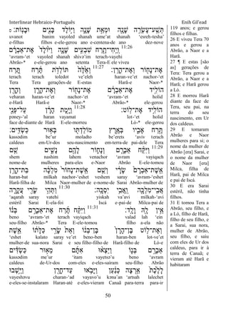Interlinear Hebraico-Português Enih Gil’ead
50
‫ָֹֽות׃‬‫נ‬ָ‫ב‬‫־א‬ ‫ִׁ֖ים‬ִ‫נ‬ָ‫ֺא‬ ‫ֶד‬‫ל‬‫ֵֹ֥ו‬‫ׁא‬ַ‫ו‬ ‫ִ֑ה‬ָ‫ָנ‬‫ש‬ ‫ת‬ַָ֣‫ְא‬‫מ‬‫־א‬ ‫ִׁ֖ה‬ָ‫ָנ‬‫ש‬ ‫ה‬ ֵֵ֥‫ְר‬‫ׂש‬ֶ‫ע‬‫ָֽע־‬ ַ‫ש‬ְ‫ס‬
uvanot banim vayoled shanah ume‟at shanah „esreh-tesha‟
e-filhas filhos e-ele-gerou ano e-centena-de ano dez-nove
11:26
‫ם‬ ָֹ֔‫ְר‬‫ב‬‫ֶת־ַא‬‫א‬ ֹ֙‫ד‬ֶ‫ל‬‫ֹֹ֙ו‬‫ׁא‬ַ‫ו‬ ‫ִ֑ה‬ָ‫ָנ‬‫ש‬ ‫ים‬ִָ֣‫ְע‬‫ב‬ִ‫ש‬ ‫ח‬ ַ‫ר‬ ִֶׁ֖‫ִי־ת‬‫ח‬ְ‫י‬ַ ָֽ‫ו‬
„avram-„et vayoled shanah shivə‟im terach-vayehi .
Abrão-* e-ele-gerou ano setenta Tera-E ele viveu .
‫ן׃‬ָֽ ָ‫ָר‬‫ה‬‫ֶת־‬‫א‬ְ‫ו‬ ‫ֹור‬ ִׁ֖‫ָח‬‫נ‬‫ֶת־‬‫א‬11:27
‫ח‬ ַ‫ר‬ ֵֶ֚ ‫ח‬ ַ‫ר‬ ֶֹ֔ ‫ת‬ ָֹ֣ ‫ְד‬‫ל‬‫ֹו‬ ֹ֙‫ֶה‬‫ׄא‬ֵֹ֙‫א‬ְ‫ו‬
terach terach toledot ve‟eleh haran-ve‟et nachor-„et
Tera Tera gerações-de E-estas Harã-e Naor-*
‫ן‬ ִָׁ֖‫ָר‬‫ה‬ְ‫ו‬ ‫ן‬ ִָ֑‫ָר‬‫ה‬‫ֶת־‬‫א‬ְ‫ו‬ ‫ֹור‬ ִׁ֖‫ָח‬‫נ‬‫ֶת־‬‫א‬ ‫ם‬ ָֹ֔‫ְר‬‫ב‬‫ֶת־ַא‬‫א‬ ‫ָ֣יד‬ִ‫הֹול‬
veharan haran-ve‟et nachor-„et „avram-„et holid
e-Harã Harã-e Naor-* Abrão-* ele-gerou
‫ָֹֽוט׃‬‫ל‬‫ֶת־‬‫א‬ ‫ֵ֥יד‬ִ‫הֹול‬11:28
‫ִׁ֖י‬ֵ‫ְנ‬‫פ‬‫ַל־‬‫ע‬ ‫ן‬ ָֹ֔‫ָר‬‫ה‬ ‫ָת‬‫מ‬ָָ֣‫ׁא‬ַ‫ו‬
pəney-„al haran vayamat lot-„et holid
face de-diante de Harã E-ele-morreu Ló-* ele-gerou
‫ָֽים׃‬ ִ‫ְּא‬‫ׂש‬ַ‫׃א‬ ‫־אר‬ ֵ֥‫ְא‬‫ֺא‬ ‫ו‬ ִׁ֖ ְ‫ַד‬‫ל‬‫מֹו‬ ‫ץ‬ ֶ‫ֵ֥ר‬ֶ‫ְא‬‫ֺא‬ ‫יו‬ִִ֑‫ָאב‬ ‫ח‬ ַ‫ר‬ֶָ֣
kassədim be‟ur moladto be‟erets „aviv terach
caldeus em-Ur-dos seu-nascimento em-terra-de pai-dele Tera
11:29
‫ם‬ ִֵ֤‫ש‬ ‫ים‬ ִִ֑‫ָש‬‫נ‬ ‫ם‬ִֶׁ֖‫ָה‬‫ל‬ ‫ֹור‬ ִ֛‫ָח‬‫נ‬ְ‫ו‬ ‫ם‬ ַָּ֧‫ְר‬‫ב‬‫ַא‬ ‫ח‬ ַָ֨ ִ‫ׁא‬ַ‫ו‬
shem nashim lahem venachor „avram vayiqach
nome-de mulheres para-eles e-Naor Abrão E-ele-tomou
‫ן‬ ֵָ֥‫ָר‬‫ה‬‫ַת־‬‫ֺא‬ ‫ה‬ ָֹ֔‫׃א‬ְ‫ל‬ִ‫מ‬ ֹ֙‫ר‬‫ָחֹו‬‫נ‬‫ֶת־‬‫ש‬ָֽ ֵ‫א‬ ‫ם‬ ִֵ֤‫ְש‬‫ו‬ ‫י‬ ָֹ֔‫ָר‬‫ׂש‬ ֹ֙‫ם‬ ָ‫ְר‬‫ב‬‫ֶת־ַא‬‫ש‬ָֽ ֵ‫א‬
haran-bat milkah nachor-„eshet veshem saray „avram-„eshet
Harã-filha de Milca Naor-mulher de e-nome-de Sarai Abrão-mulher de
‫ָֽה׃‬ ָ‫ְ׃א‬‫ס‬ִ‫י‬ ‫ֵ֥י‬ִ‫ֲב‬‫א‬ַ ָֽ‫ו‬ ‫ה‬ִָׁ֖‫ְ׃א‬‫ל‬ִ‫מ‬‫ָֽי־‬ ִ‫ֲב‬‫א‬11:30
‫ה‬ ִָ֑‫ָר‬‫ק‬ֲ‫ע‬ ‫י‬ ִַׁ֖‫ָר‬‫ׂש‬ ‫ֵ֥י‬ִ‫ה‬ְ ַ‫ו‬
„aqarah saray vatehi yiskah va‟avi milkah-„avi
estéril Sarai E-ela-foi Iscá e-pai-de Milca-pai de
‫ָֽד׃‬ ָ‫ָל‬‫ו‬ ‫ִֽׁ֖א‬ָ‫ל‬ ‫ֵ֥ין‬ֵ‫א‬11:31
‫ֹו‬ ָ֗‫ְנ‬‫ֺא‬ ‫ם‬ ָָ֣‫ְר‬‫ב‬‫ֶת־ַא‬‫א‬ ‫ח‬ ַ‫ר‬ֶ ‫ח‬ ַָ֨ ִ‫ׁא‬ַ‫ו‬
beno „avram-„et terach vayiqach valad lah „ein
seu-filho Abrão-* Tera E-ele-tomou filho a-ela não
‫ֶת‬‫ש‬ִֵׁ֖‫א‬ ‫ֹו‬ ֹ֔‫ָת‬‫ׄא‬ַ‫׃א‬ ‫י‬ ַָ֣‫ָר‬‫ׂש‬ ֹ֙‫ת‬ֵ‫א‬ְ‫ו‬ ‫ֹו‬ ֹ֔‫ְנ‬‫ֺא‬‫ֶן־‬‫ֺא‬ ֹ֙‫ן‬ ָ‫ָר‬‫ה‬‫ֶן־‬‫ֺא‬ ‫ֹוט‬ ִ֤‫ֶת־ל‬‫א‬ְ‫ו‬
„eshet kalato saray ve‟et beno-ben haran-ben lot-ve‟et
mulher-de sua-nora Sarai e seu filho-filho de Harã-filho de Ló-e
‫ים‬ ִָ֗‫ְּא‬‫ׂש‬ַ‫׃א‬ ‫־אר‬ ָ֣‫ֵא‬‫מ‬ ‫ם‬ָ ִ‫א‬ ‫־א‬ ָ֨‫ְא‬‫צ‬ֵ‫ׁא‬ַ‫ו‬ ‫ֹו‬ִ֑‫ְנ‬‫ֺא‬ ‫ם‬ ָָ֣‫ְר‬‫ב‬‫ַא‬
kassədim me‟ur „itam vayetsə‟u beno „avram
caldeus de-Ur-dos com-eles e-eles-saíram seu-filho Abrão
‫ְב־א‬‫ש‬ֵֵ֥‫ׁא‬ַ‫ו‬ ‫ן‬ ִָׁ֖‫ָר‬‫ח‬‫ַד־‬‫ע‬ ‫א־א‬ ֵֹ֥ ‫ָב‬‫ׁא‬ַ‫ו‬ ‫ַן‬‫ע‬ ַֹ֔‫נ‬ְ‫׃א‬ ‫ָה‬‫צ‬ ְ‫ר‬ַָ֣‫א‬ ֹ֙‫ת‬ֶ‫כ‬ֶֹ֙‫ל‬ָ‫ל‬
vayeshəvu charan-„ad vayavo‟u kəna‟an „artsah lalechet
e-eles-se-instalaram Haran-até e-eles-vieram Canaã para-terra para-ir
119 anos; e gerou
filhos e filhas.
26 E viveu Tera 70
anos e gerou a
Abrão, a Naor e a
Harã.
27 ¶ E estas [são
as] gerações de
Tera: Tera gerou a
Abrão, a Naor e a
Harã; e Harã gerou
a Ló.
28 E morreu Harã
diante da face de
Tera, seu pai, na
terra do seu
nascimento, em Ur
dos caldeus.
29 E tomaram
Abrão e Naor
mulheres para si; o
nome da mulher de
Abrão [era] Sarai, e
o nome da mulher
de Naor [era]
Milca, filha de
Harã, pai de Milca
e pai de Iscá.
30 E era Sarai
estéril, não tinha
filhos.
31 E tomou Tera a
Abrão, seu filho, e
a Ló, filho de Harã,
filho de seu filho, e
a Sarai, sua nora,
mulher de Abrão,
seu filho, e saiu
com eles de Ur dos
caldeus, para ir à
terra de Canaã; e
vieram até Harã e
habitaram
 