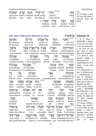 Interlinear Hebraico-Português Enih Gil’ead
51
‫ָֽם׃‬ ָ‫ש‬11:32
‫ִם‬‫י‬ַָ֣‫ָאת‬‫מ‬‫־א‬ ‫ִׁ֖ים‬ִ‫נ‬ָ‫ש‬ ‫ֵ֥ש‬ֵ‫ָמ‬‫ח‬ ‫ח‬ ַ‫ר‬ ֶֹ֔‫ֵי־ת‬‫מ‬ְ‫י‬ ‫ָ֣־א‬‫י‬ְ‫ה‬ִ‫ׁא‬ַ‫ו‬
uma‟tayim shanim chamesh terach-yemey vayihə‟u sham
duzentos anos cinco Tera-dias de E-eles-foram lá
‫ן׃‬ָֽ ָ‫ָר‬‫ח‬ְ‫ֺא‬ ‫ח‬ ַ‫ר‬ ִֶׁ֖ ‫ָת‬‫מ‬ֵָ֥‫ׁא‬ַ‫ו‬ ‫ִ֑ה‬ָ‫ָנ‬‫ש‬‫ס‬
becharan terach vayamat shanah
em-Harã Tera e-ele-morreu ano
ali.
32 E foram os dias
de Tera 205 anos; e
morreu Tera em
Harã.
Sobe | Desce | Índice geral | Dicionário de nomes ‫ית‬ ִִׁ֖‫אש‬ ֵ‫ְר‬‫ֺא‬ Gênesis 12
12:1
ֵ֥‫ְָך‬‫צ‬ ְ‫ֵַאר‬‫מ‬ ִ֛‫ְָך‬‫ל‬‫ְֶך־‬‫ל‬ ‫ם‬ ָֹ֔‫ְר‬‫ב‬‫ֶל־ַא‬‫א‬ ֹ֙‫ָה‬‫ו‬‫ְה‬‫י‬ ‫ֶר‬‫מ‬‫ִ֤א‬ֹ ‫ַׁא‬‫ו‬
me‟artsecha lecha-lech „avram-„el „adonay vayo‟mer
da-tua-terra para ti-sai Abrão-para SENHOR E-Ele-disse
‫ָ׃‬‫ׂא‬ָֽ ֶ‫א‬ ְ‫ַאר‬ ‫ר‬ֵֶ֥‫ֲש‬‫א‬ ‫ץ‬ ֶ‫ר‬ִָׁ֖‫ָא‬‫ה‬‫ֶל־‬‫א‬ ‫יָך‬ִִ֑‫ָאב‬ ‫ית‬ֵָ֣‫ִֺא‬‫מ‬‫־א‬ ִׁ֖‫ָך‬ְ ְ‫ַד‬‫ל‬‫ָֹֽו‬‫ׅא‬ִ‫מ‬‫־א‬
„ar‟echa „asher ha‟arets-„el „avicha umibeyt umimoladtecha
eu-te-mostrarei que a terra-para teu-pai e-da-casa-de e-da-tua-parentela
12:2
‫ִׁ֖ה‬ָ‫ל‬ְ‫ַּא‬‫ג‬ֲ‫א‬ַ‫ו‬ ֹ֔‫ְָך‬‫כ‬ ֶ‫ר‬ָָ֣‫ֲב‬‫א‬ַ‫ו‬ ‫ֹול‬ ֹ֔‫ָד‬‫ֻא‬ ‫ֹוי‬ָ֣‫ְג‬‫ל‬ ֹ֙‫ָך‬ְ‫ׂש‬ֶ‫ע‬ָֽ ֶ‫ְא‬‫ו‬
va‟agadəlah va‟avarəchecha gadol legoy ve‟e‟essecha
e-eu-farei-grande e-eu-te-abençoarei grande em-nação E-eu-o-farei
‫ָֽה׃‬ ָ‫כ‬ ָ‫ְר‬‫ֺא‬ ‫ִׁ֖ה‬ֵ‫י‬ְ‫ה‬ֶ‫ו‬ ‫ָך‬ִֶ֑‫ְמ‬‫ש‬12:3
‫יָך‬ ֶֹ֔‫כ‬ ְ‫ר‬ָָ֣‫ְב‬‫מ‬ ֹ֙‫ָה‬‫כ‬ ֲ‫ָֽר‬ ָ‫ֲב‬‫א‬ַ‫ו‬
mevarchecha va‟avarachah berachah vehəyeh shemecha
de-abençoar-te E-eu-abençoarei bênção e-seja teu-nome
‫ל‬ ִֹׁ֖ ‫׃א‬ ֹ֔‫ְָך‬‫ב‬ ‫־א‬ ָ֣‫כ‬ ְ‫ְר‬‫ב‬ִ‫נ‬ְ‫ו‬ ‫ר‬ ִֹ֑ ‫ָאא‬ ִׁ֖‫ְָך‬‫ל‬ֶ‫ׄא‬ַ‫ק‬ְ‫מ‬‫־א‬
kol vecha venivrechu „a‟or umeqaleləcha
tudo-de em-ti e-serão-abençoados eu-amaldiçoarei e-de-amaldiçoar-te
‫ָֽה׃‬ ָ‫מ‬ָ‫ֲד‬‫א‬ָ‫ה‬ ‫ת‬ ֵֹ֥ ‫ְח‬‫פ‬ְ‫ש‬ִ‫מ‬12:4
‫ר‬ִֶ֤‫ֺא‬ִ‫ּא‬ ‫ר‬ ֶָ֨‫ש‬ֲ‫א‬ַ‫׃א‬ ‫ם‬ ָָ֗‫ְר‬‫ב‬‫ַא‬ ‫ְֶך‬‫ל‬ֵָ֣‫ׁא‬ַ‫ו‬
diber ka‟asher „avram vayelech ha‟adamah mishpachot
falou conforme Abrão E-ele-foi a-terra famílias-de
‫ִ֤ש‬ֵ‫ָמ‬‫ח‬‫ֶן־‬‫ֺא‬ ‫ם‬ ָָ֗‫ְר‬‫ב‬‫ְַא‬‫ו‬ ‫ֹוט‬ ִ֑‫ל‬ ‫ֹו‬ ִׁ֖ ִ‫א‬ ‫ְֶך‬‫ל‬ֵֵ֥‫ׁא‬ַ‫ו‬ ‫ה‬ָֹ֔‫ו‬‫ְה‬‫י‬ ֹ֙‫ו‬‫ָי‬‫ל‬ֵ‫א‬
chamesh-ben ve‟avram lot „ito‟ vayelech „adonay „elayv
cinco-filho de e-Abrão Ló com-ele e-ele-foi SENHOR para-ele
‫ן׃‬ָֽ ָ‫ָר‬‫ח‬ֵ‫מ‬ ‫ֹו‬ ִׁ֖‫ֵאת‬‫צ‬ְ‫ֺא‬ ‫ה‬ ָֹ֔‫נ‬ָ‫ש‬ ‫ים‬ִָ֣‫ְע‬‫ב‬ִ‫ש‬ְ‫ו‬ ֹ֙‫ִים‬‫נ‬ָ‫ש‬
mecharan betse‟to shanah veshiv‟im shanim
de-Harã quando-de-sua-saída ano e-setenta anos
12:5
‫יו‬ ִָ֗‫ח‬‫ֶן־ָא‬‫ֺא‬ ‫ֹוט‬ ָ֣‫ֶת־ל‬‫א‬ְ‫ו‬ ‫ֹו‬ ְ‫ש‬ִ‫א‬ ‫י‬ ַָ֨‫ָר‬‫ׂש‬‫ֶת־‬‫א‬ ֩‫ם‬ ָ‫ְר‬‫ב‬‫ַא‬ ‫ח‬ַָ֣ ִ‫ׁא‬ַ‫ו‬
„achiv-ben lot-ve‟et „ishto saray-„et „avram vayiqach
irmão dele-filho de Ló-e sua-mulher Sarai-* Abrão E-ele-tomou
‫־א‬ ָ֣‫ָׂש‬‫ע‬‫ֶר־‬‫ש‬ֲ‫א‬ ‫ֶש‬‫פ‬ִֶׁ֖‫ַ׆א‬‫ה‬‫ֶת־‬‫א‬ְ‫ו‬ ‫ש־א‬ ָֹ֔‫כ‬ ָ‫ר‬ ‫ר‬ ֶָ֣‫ֲש‬‫א‬ ֹ֙‫ָם‬‫ש‬‫כ־א‬ ְ‫ָל־ר‬‫׃א‬‫ֶת־‬‫א‬ְ‫ו‬
„assu-„asher hanefesh-ve‟et rachashu „asher rechusham-kol-ve‟et
eles produziram-que o povo-e eles-acumularam que seus bens-tudo de-e
1 ¶ E disse o
SENHOR a Abrão:
Sai-te da tua terra,
e da tua parentela,
e da casa de teu
pai, para a terra
que eu te mostrarei.
2 E far-te-ei uma
grande nação, e
abençoar-te-ei, e
engrandecerei o teu
nome, e seja uma
bênção.
3 E abençoarei os
que te abençoarem
e amaldiçoarei os
que te amaldiço-
arem; e serão ben-
ditas em ti todas as
famílias da terra.
4 ¶ E partiu Abrão,
como o SENHOR
lhe tinha dito, e foi
Ló com ele; e era
Abrão da idade de
75 anos, quando
saiu de Harã.
5 E tomou Abrão a
Sarai, sua mulher,
e a Ló, filho de seu
irmão, e toda a
fazenda deles, que
[haviam] aculula-
do, e as pessoas
que se lhes
 